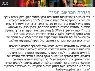 ITE PC v4.0
Chapter 6 27© 2007 Cisco Systems, Inc. All rights reserved. Cisco Public
‫הנייד‬ ‫המחשב‬ ‫הגדרת‬
‫ותהליכים‬ ‫לאפליקציות‬ ‫לאפשר‬ ‫כדי‬
‫צורך‬ ‫ויהיה‬ ‫יתכן‬ ,‫חלק‬ ‫באופן‬ ‫לרוץ‬
‫ולהקצות‬ ‫המערכת‬ ‫את‬ ‫להגדיר‬
‫ורכיבים‬ ‫תוספים‬ ‫להתקין‬ ,‫משאבים‬
‫סיבבת‬ ‫הגדרות‬ ‫את‬ ‫לשנות‬ ‫או‬ ‫נוספים‬
‫לדרישות‬ ‫שיתאימו‬ ‫כך‬ ‫העבודה‬
plug &) " ‫רכיבים‬ ‫הוספת‬ .‫התוכנה‬
‫על‬ ,‫כלל‬ ‫בדרך‬ ,‫מסתמכת‬ ‫חיצונים‬
‫הפ‬ – ‫"הכנס‬ ‫בתקן‬ ‫השימוש‬
‫צורך‬ ‫ויהיה‬ ‫יתכן‬ ,‫חלק‬ ‫באופן‬ ‫לרוץ‬ ‫ותהליכים‬ ‫לאפליקציות‬ ‫לאפשר‬ ‫כדי‬
‫ורכיבים‬ ‫תוספים‬ ‫להתקין‬ ,‫משאבים‬ ‫ולהקצות‬ ‫המערכת‬ ‫את‬ ‫להגדיר‬
‫לדרישות‬ ‫שיתאימו‬ ‫כך‬ ‫העבודה‬ ‫סביבת‬ ‫הגדרות‬ ‫את‬ ‫לשנות‬ ‫או‬ ‫נוספים‬
‫השימוש‬ ‫על‬ ,‫כלל‬ ‫בדרך‬ ,‫מסתמכת‬ ‫חיצונים‬ ‫רכיבים‬ ‫הוספת‬ .‫התוכנה‬
) ‫הפעל‬ – ‫"הכנס‬ ‫בתקן‬plug & (Play‫להתקין‬ ‫צורך‬ ‫יש‬ ‫פעם‬ ‫מידי‬ ‫אבל‬
‫של‬ ‫נכונה‬ ‫הגדרה‬ .‫שונות‬ ‫הגדרות‬ ‫ולקבוע‬ (‫)דרייבר‬ ‫התקן‬ ‫מנהל‬
‫מהמחשב‬ ‫הביצועים‬ ‫מיטב‬ ‫את‬ ‫לקבל‬ ‫יעזרו‬ ‫החשמל‬ ‫צריכת‬ ‫אפשרויות‬
.‫סוללה‬ ‫באמצעות‬ ‫לפעול‬ ‫יכול‬ ‫המחשב‬ ‫בו‬ ‫הזמן‬ ‫הארכת‬ ‫כגון‬ ,‫הנייד‬
‫הנדרשים‬ ‫רכיבים‬ ‫להחליף‬ ‫צורך‬ ‫יהיה‬ ,‫ניידים‬ ‫מחשבים‬ ‫עם‬ ‫בעבודה‬
‫ניתן‬ .‫משתנים‬ ‫ומצבים‬ ‫לצרכים‬ ‫ובתגובה‬ ‫שונות‬ ‫משימות‬ ‫להשלמת‬
.‫חיצוני‬ ‫התקן‬ ‫הוספת‬ ‫באמצעות‬ ‫ספציפי‬ ‫לצורך‬ ‫נייד‬ ‫מחשב‬ ‫להתאים‬
‫את‬ ‫להגדיל‬ ‫כדי‬ ‫הנייד‬ ‫למחשב‬ ‫נוסף‬ ‫קשיח‬ ‫כונן‬ ‫להוסיף‬ ‫ניתן‬ ,‫לדוגמא‬
‫המחשב‬ ‫למפרצי‬ ‫בעדינות‬ ‫לחבר‬ ‫יש‬ ‫ההתקנים‬ ‫את‬ .‫האחסון‬ ‫נפח‬
‫הסרה‬ ‫לנהלים‬ ‫להיצמד‬ ‫חשוב‬ .‫לציוד‬ ‫נזק‬ ‫למנוע‬ ‫כדי‬ ‫השונים‬ ‫ולמחברים‬
‫בהתקני‬ ‫כשמדובר‬ ‫גם‬ ,‫התקנים‬ ‫וחיבור‬ ‫ניתוק‬ ‫בעת‬ ,‫רכיבים‬ ‫של‬ ‫בטוחה‬
‫"חיבור־חם‬hot-swappble
 