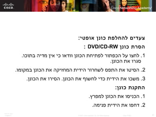 ITE PC v4.0
Chapter 6 37© 2007 Cisco Systems, Inc. All rights reserved. Cisco Public
:‫אופטי‬ ‫כונן‬ ‫להחלפת‬ ‫צעדים‬
‫כונן‬ ‫הסרת‬DVD/CD-RW:
1.‫בתוכו‬ ‫מדיה‬ ‫אין‬ ‫כי‬ ‫וודאו‬ ‫הכונן‬ ‫לפתיחת‬ ‫הכפתור‬ ‫על‬ ‫לחצו‬ .
.‫הכונן‬ ‫את‬ ‫סגרו‬
2.‫במקומו‬ ‫הכונן‬ ‫את‬ ‫המחזיקה‬ ‫הידית‬ ‫לשחרור‬ ‫התפס‬ ‫את‬ ‫הסיטו‬ .
3.‫הכונן‬ ‫את‬ ‫הסירו‬ .‫הכונן‬ ‫את‬ ‫לחשוף‬ ‫כדי‬ ‫הידית‬ ‫את‬ ‫משכו‬ .
:‫כונן‬ ‫התקנת‬
1.‫למפרץ‬ ‫הכונן‬ ‫את‬ ‫הכניסו‬ .
2.‫פנימה‬ ‫הידית‬ ‫את‬ ‫דחפו‬ .
 