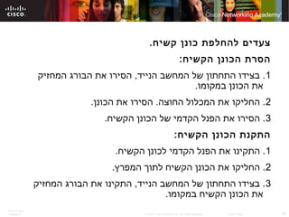 ITE PC v4.0
Chapter 6 38© 2007 Cisco Systems, Inc. All rights reserved. Cisco Public
.‫קשיח‬ ‫כונן‬ ‫להחלפת‬ ‫צעדים‬
:‫הקשיח‬ ‫הכונן‬ ‫הסרת‬
1‫המחזיק‬ ‫הבורג‬ ‫את‬ ‫הסירו‬ ,‫הנייד‬ ‫המחשב‬ ‫של‬ ‫התחתון‬ ‫בצידו‬ .
.‫במקומו‬ ‫הכונן‬ ‫את‬
2.‫הכונן‬ ‫את‬ ‫הסירו‬ .‫החוצה‬ ‫המכלול‬ ‫את‬ ‫החליקו‬ .
3.‫הקשיח‬ ‫הכונן‬ ‫של‬ ‫הקדמי‬ ‫הפנל‬ ‫את‬ ‫הסירו‬ .
:‫הקשיח‬ ‫הכונן‬ ‫התקנת‬
1.‫הקשיח‬ ‫לכונן‬ ‫הקדמי‬ ‫הפנל‬ ‫את‬ ‫התקינו‬ .
2.‫המפרץ‬ ‫לתוך‬ ‫הקשיח‬ ‫הכונן‬ ‫את‬ ‫החליקו‬ .
3‫המחזיק‬ ‫הבורג‬ ‫את‬ ‫התקינו‬ ,‫הנייד‬ ‫המחשב‬ ‫של‬ ‫התחתון‬ ‫בצידו‬ .
.‫במקומו‬ ‫הקשיח‬ ‫הכונן‬ ‫את‬
 