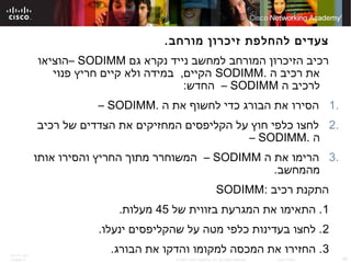 ITE PC v4.0
Chapter 6 39© 2007 Cisco Systems, Inc. All rights reserved. Cisco Public
.‫מורחב‬ ‫זיכרון‬ ‫להחלפת‬ ‫צעדים‬
‫גם‬ ‫נקרא‬ ‫נייד‬ ‫למחשב‬ ‫המורחב‬ ‫הזיכרון‬ ‫רכיב‬SODIMM–‫הוציאו‬
. ‫ה‬ ‫רכיב‬ ‫את‬SODIMM‫פנוי‬ ‫חריץ‬ ‫קיים‬ ‫ולא‬ ‫במידה‬ ,‫הקיים‬
‫ה‬ ‫לרכיב‬SODIMM–:‫החדש‬
1.‫ה‬ ‫את‬ ‫לחשוף‬ ‫כדי‬ ‫הבורג‬ ‫את‬ ‫הסירו‬.SODIMM–
2.‫רכיב‬ ‫של‬ ‫הצדדים‬ ‫את‬ ‫המחזיקים‬ ‫הקליפסים‬ ‫על‬ ‫חוץ‬ ‫כלפי‬ ‫לחצו‬
‫ה‬.SODIMM–
3.‫ה‬ ‫את‬ ‫הרימו‬SODIMM–‫אותו‬ ‫והסירו‬ ‫החריץ‬ ‫מתוך‬ ‫המשוחרר‬
.‫מהמחשב‬
‫רכיב‬ ‫התקנת‬:SODIMM
1‫של‬ ‫בזווית‬ ‫המגרעת‬ ‫את‬ ‫התאימו‬ .45.‫מעלות‬
2.‫ינעלו‬ ‫שהקליפסים‬ ‫על‬ ‫מטה‬ ‫כלפי‬ ‫בעדינות‬ ‫לחצו‬ .
3.‫הבורג‬ ‫את‬ ‫והדקו‬ ‫למקומו‬ ‫המכסה‬ ‫את‬ ‫החזירו‬ .
 