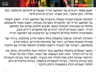 ITE PC v4.0
Chapter 6 49© 2007 Cisco Systems, Inc. All rights reserved. Cisco Public
‫כמו‬ .‫להחלפה‬ ‫להזדקק‬ ‫שעשויים‬ ‫הנייד‬ ‫המחשב‬ ‫של‬ ‫רכיבים‬ ‫מספר‬ ‫ישנם‬
.‫פיסי‬ ‫וכרטיס‬ ‫זיכרון‬ ,‫קשיח‬ ‫כונן‬ ,‫אופטי‬ ‫כונן‬ ,‫סוללה‬
‫לשמור‬ ‫חשוב‬ .‫הנייד‬ ‫המחשב‬ ‫של‬ ‫מיטבית‬ ‫פעולה‬ ‫תבטיח‬ ‫מונעת‬ ‫תחזוקה‬
‫להשתמש‬ ‫מאוד‬ ‫חשוב‬ .‫בטוחה‬ ‫בסביבה‬ ‫ולהפעילו‬ ‫נקי‬ ‫הנייד‬ ‫המחשב‬ ‫על‬
‫המחשב‬ ‫של‬ ‫שונים‬ ‫חלקים‬ ‫מנקים‬ ‫כאשר‬ ‫הנכונות‬ ‫ובשיטות‬ ‫בחומרים‬
,‫ניידים.אבק‬ ‫מחשבים‬ ‫של‬ ‫רכיבים‬ ‫לניקוי‬ ‫הצעדים‬ ‫הוצגו‬ .‫הנייד‬
.‫הנייד‬ ‫המחשב‬ ‫של‬ ‫הביצועים‬ ‫על‬ ‫להשפיע‬ ‫עלולים‬ ‫ולחות‬ ‫טמפרטורה‬
‫של‬ ‫בירור‬ ,‫מהלקוח‬ ‫מידע‬ ‫איסוף‬ ‫כולל‬ ‫בתקלות‬ ‫וטיפול‬ ‫לאיתור‬ ‫התהליך‬
‫מידע‬ ‫איסוף‬ ,‫מהירים‬ ‫פתרונות‬ ‫של‬ ‫ניסוי‬ ,‫מאליהן‬ ‫מובנות‬ ‫סוגיות‬
.‫הלקוח‬ ‫עם‬ ‫סגירה‬ ‫ולבסוף‬ ‫הפתרון‬ ‫ויישום‬ ‫הבעיה‬ ‫של‬ ‫הערכה‬ ,‫מהמחשב‬
‫את‬ ‫בדקו‬ ,‫אלחוטיות‬ ‫רשת‬ ‫יכולות‬ ‫בעל‬ ‫במחשב‬ ‫בתקלה‬ ‫מטפלים‬ ‫כאשר‬
‫הציוד‬ ‫כל‬ ‫את‬ ‫הסירו‬ .‫האות‬ ‫של‬ ‫העוצמה‬ ‫רמת‬ ‫·ואת‬ ‫החיווי‬ ‫נוריות‬ ‫כל‬
‫חיצוניות‬ ‫בעיות‬ ‫אחר‬ ‫חפשו‬ .‫הבעיה‬ ‫את‬ ‫לבודד‬ ‫מנת‬ ‫נחוץ‬ ‫שאיננו‬ ‫ההיקפי‬
‫ניתן‬ ‫בחיבורים‬ ‫בעיות‬ ,‫בחשמל‬ ‫הקשורות‬ ‫בעיות‬ ,‫בחיבור‬ ‫בעיות‬ ‫כגון‬
. ‫וחיבור‬ ‫ניתוק‬ ‫באמצעות‬ ‫רבות‬ ‫פעמים‬ ‫לפתור‬
 