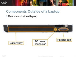 ITE PC v4.0
Chapter 6 5© 2007 Cisco Systems, Inc. All rights reserved. Cisco Public
Components Outside of a Laptop
 Rear view of virtual laptop
AC power
connector
Parallel port
Battery bay
 
