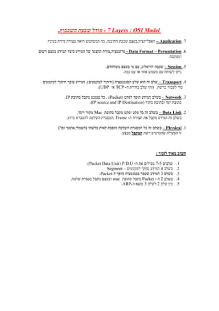 7 Layers : OSI Model-.‫השכבות‬ ‫שבעת‬ ‫מודל‬
7.pplicationA–.‫בעיניו‬ ‫פיזית‬ ‫בצורה‬ ‫רואה‬ ‫המשתמש‬ ‫מה‬ ,‫התוכנה‬ ‫שכבת‬ ‫האפליקציה,בעצם‬
6.Persentation–ata FormatD-‫רשום‬ ‫בעצם‬ ‫המידע‬ ‫כיצד‬ ‫המידע‬ ‫של‬ ‫ההצגה‬ ‫פרזנטציה,צורת‬
.‫ומפוענח‬
5.Session–.‫משוחחים‬ ‫בעצם‬ ‫מי‬ ‫עם‬ ,‫הדיאלוג‬ ‫שכבת‬
.‫כמה‬ ‫עם‬ ‫או‬ ‫אחד‬ ‫משמש‬ ‫עם‬ ‫לשוחח‬ ‫ניתן‬
4.Transport–‫למקטעים‬ ‫חיתוך‬ ‫עובר‬ ‫המידע‬ .)‫למקטעים‬ ‫(חיתוך‬ ‫הסגמנטציה‬ ‫שלב‬ ‫הוא‬ ‫זה‬ ‫שלב‬
‫ה‬ ‫בחירת‬ ‫שלב‬ ‫(זהו‬ .‫ברשת‬ ‫לעבור‬ ‫כדי‬-TCP‫או‬UDP.)
3.Network–‫ה‬ ‫בשלב‬( ‫לפקט‬ ‫הופך‬ ‫מידע‬Packet‫כתובת‬ ‫מקבל‬ ‫סגמנט‬ ‫כל‬ . )IP.
( ‫מקור‬ ‫וכתובת‬ ‫יעד‬ ‫כתובת‬IP source and IP Destination.)
2.Data Link–‫כתובת‬ ‫מקבל‬ ‫ופקט‬ ‫פקט‬ ‫כל‬ ‫זה‬ ‫בשלב‬Mac.‫ויעד‬ ‫מקור‬
‫ה‬ ‫תצורת‬ ‫את‬ ‫מקבל‬ ‫המידע‬ ‫זה‬ ‫בשלב‬-Frame.‫מידע‬ ‫להעברת‬ ‫השלמה‬ ‫,המסגרת‬
1.Physical–‫ב‬)'‫וכו‬ ‫(חשמלי,אופטי‬ ‫כלשהו‬ ‫לאות‬ ‫הופכת‬ ‫השלמה‬ ‫המסגרת‬ ‫כל‬ ‫זה‬ ‫שלב‬
‫רשת‬ ‫שהכרטיס‬ ‫הפעולה‬ ‫זו‬‫המקבל‬.‫מבצע‬
: ‫לזכור‬ ‫מאוד‬ ‫חשוב‬
1.‫שלבים‬7-5‫ה‬ ‫את‬ ‫מכילים‬-P.D.U(Packet Data Unit.)
2.‫בשלב‬4‫למקטעים‬ ‫נחתך‬ ‫המידע‬–Segment
3.‫בשלב‬3‫ל‬ ‫הופך‬ ‫סגמנטציה‬ ‫שעבר‬ ‫המידע‬-Packet.
4.‫בשלב‬2‫ה‬-Packet‫כתובת‬ ‫מקבל‬mac.‫שלמה‬ ‫מסגרת‬ ‫מקבל‬ ‫ובעצם‬
5.‫שלב‬ ‫בין‬2‫לשלב‬3‫ה‬ ‫נמצא‬-ARP.
 