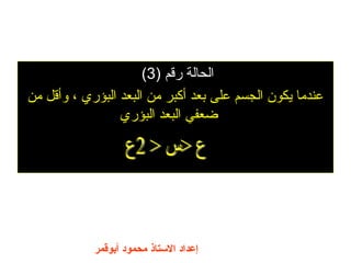 ‫أبوقمر‬ ‫محمود‬ ‫التستاذ‬ ‫إعداد‬
) ‫رقم‬ ‫الحالة‬3(
‫من‬ ‫وأقل‬ ، ‫البؤري‬ ‫البعد‬ ‫من‬ ‫أكبر‬ ‫بعد‬ ‫على‬ ‫الجسم‬ ‫يكون‬ ‫عندما‬
‫البؤري‬ ‫البعد‬ ‫ضعفي‬
 