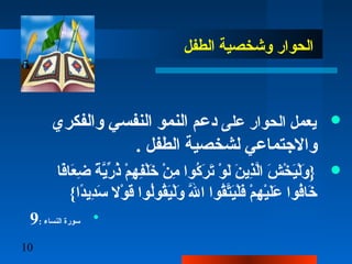 10
‫الطفل‬ ‫وشخصية‬ ‫الحوار‬
‫على‬ ‫الحوار‬ ‫يعمل‬‫والفكري‬ ‫النفسي‬ ‫النمو‬ ‫ندعم‬
. ‫الطفل‬ ‫لشخصية‬ ‫والجتماعي‬
‫فا‬ً‫ا‬‫عا‬َ‫فا‬ ‫ض‬ِ‫ع‬ ‫ة‬ً‫ا‬ ‫ي‬َّ‫ًة‬‫ر‬ِّ‫ي‬ ‫ذ‬ُ‫ر‬ ‫م‬ْ ‫ذ‬ ‫ه‬ِ‫ع‬ ‫ف‬ِ‫ع‬‫ل‬ْ ‫ذ‬‫رخ‬َ‫فا‬ ‫ن‬ْ ‫ذ‬ ‫م‬ِ‫ع‬ ‫كوا‬ُ‫ر‬ ‫ر‬َ‫فا‬ ‫ت‬َ‫فا‬ ‫و‬ْ ‫ذ‬ ‫ل‬َ‫فا‬ ‫ن‬َ‫فا‬ ‫ذي‬ِ‫ع‬‫ل‬َّ‫ًة‬‫ا‬ ‫ش‬َ‫فا‬ ‫خ‬ْ ‫ذ‬ ‫ي‬َ‫فا‬‫ل‬ْ ‫ذ‬‫و‬َ‫فا‬ }
{‫دا‬ً‫ا‬‫دي‬ِ‫ع‬‫س‬َ‫فا‬ ‫ول‬ْ ‫ذ‬ ‫تق‬َ‫فا‬ ‫لوا‬ُ‫ر‬‫قو‬ُ‫ر‬‫ي‬َ‫فا‬‫ل‬ْ ‫ذ‬‫و‬َ‫فا‬ ‫لل‬َّ‫ًة‬َ‫فا‬ ‫ا‬ ‫قوا‬ُ‫ر‬‫ت‬َّ‫ًة‬‫ي‬َ‫فا‬‫ل‬ْ ‫ذ‬‫ف‬َ‫فا‬ ‫م‬ْ ‫ذ‬ ‫ه‬ِ‫ع‬ ‫ي‬ْ ‫ذ‬‫ل‬َ‫فا‬‫ع‬َ‫فا‬ ‫فوا‬ُ‫ر‬‫رخا‬َ‫فا‬

: ‫النساء‬ ‫سورة‬9
 