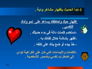 14
1. ‫ودية‬ ‫مشاعر‬ ‫بإظهار‬ ‫الحديث‬ ‫-ابدأ‬
‫ولدك‬ ‫نمو‬ ‫على‬ ‫يساعد‬ ‫وتعاطفك‬ ‫حبك‬ ‫إظهار‬
. ‫النفسي‬
. ‫حديثك‬ ‫بدء‬ ‫قي‬ ‫دالة‬ ‫كلمات‬ ‫-استخدم‬
. ‫به‬ ‫لقائك‬ ‫خل ل‬ ‫بشاشة‬ ‫-أظهر‬
. ‫كتفه‬ ‫على‬ ‫يدك‬ ‫ضع‬ ‫أو‬ ‫بيده‬ ‫خذ‬ -
-‫تؤدي‬ ‫الكراهية‬ ‫على‬ ‫تد ل‬ ‫التي‬ ‫واليماءات‬ ‫الكلمات‬
. ‫الشخصية‬ ‫وضمور‬ ‫نفسي‬ ‫اضطراب‬ ‫إلى‬
 