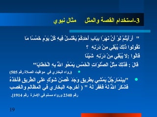 19
3‫نبوي‬ ‫مثا ل‬ ‫والمثل‬ ‫القصة‬ ‫-استخدام‬
‫ما‬َ‫ا‬ ‫سا‬ً‫ ا‬ ‫م‬ْ‫ًس‬ ‫خ‬َ‫ا‬ ‫م‬ٍ ‫خ‬ ‫و‬ْ‫ًس‬ ‫ي‬َ‫ا‬ ‫ل‬َّ  ‫ك‬ُ‫ل‬ ‫ه‬ِ  ‫في‬ِ  ‫ل‬ُ‫ل‬ ‫س‬ِ  ‫ت‬َ‫ا‬‫غ‬ْ‫ًس‬ ‫ي‬َ‫ا‬ ‫م‬ْ‫ًس‬ ‫ك‬ُ‫ل‬ ‫د‬ِ ‫ح‬َ‫ا‬ ‫أ‬َ‫ا‬ ‫ب‬ِ  ‫با‬َ‫ا‬‫ب‬ِ  ‫را‬ً‫ ا‬ ‫ه‬َ‫ا‬ ‫ن‬َ‫ا‬ ‫ن‬َّ  ‫أ‬َ‫ا‬ ‫و‬ْ‫ًس‬ ‫ل‬َ‫ا‬ ‫م‬ْ‫ًس‬ ‫ت‬ُ‫ل‬‫ي‬ْ‫ًس‬‫أ‬َ‫ا‬‫ر‬َ‫ا‬ ‫أ‬َ‫ا‬ "
‫؟‬ ‫ه‬ِ  ‫ن‬ِ ‫ر‬َ‫ا‬ ‫د‬َ‫ا‬ ‫ن‬ْ‫ًس‬ ‫م‬ِ  ‫قي‬ِ ‫ب‬ْ‫ًس‬‫ي‬ُ‫ل‬ ‫ك‬َ‫ا‬ ‫ل‬ِ ‫ذ‬َ‫ا‬ ‫قولوا‬ُ‫ل‬‫ت‬َ‫ا‬
‫ئا‬ً‫ ا‬‫ي‬ْ‫ًس‬‫ش‬َ‫ا‬ ‫ه‬ِ  ‫ن‬ِ ‫ر‬َ‫ا‬ ‫د‬َ‫ا‬ ‫ن‬ْ‫ًس‬ ‫م‬ِ  ‫قي‬ِ ‫ب‬ْ‫ًس‬‫ي‬ُ‫ل‬ ‫:ل‬ ‫لوا‬ُ‫ل‬‫قا‬َ‫ا‬
"‫يا‬َ‫ا‬‫طا‬َ‫ا‬ ‫خ‬َ‫ا‬ ‫ل‬ْ‫ًس‬‫ا‬ ‫ه‬ِ  ‫ب‬ِ  ‫ل‬َّ ُ‫ل‬ ‫ا‬ ‫حو‬ُ‫ل‬ ‫م‬ْ‫ًس‬ ‫ي‬َ‫ا‬ ‫س‬ِ  ‫م‬ْ‫ًس‬ ‫خ‬َ‫ا‬ ‫ل‬ْ‫ًس‬‫ا‬ ‫ت‬ِ  ‫وا‬َ‫ا‬ ‫ل‬َ‫ا‬‫ص‬َّ  ‫ال‬ ‫ل‬ُ‫ل‬ ‫ث‬ْ‫ًس‬‫م‬ِ  ‫ك‬َ‫ا‬ ‫ل‬ِ ‫ذ‬َ‫ا‬‫ف‬َ‫ا‬ : ‫ ل‬َ‫ا‬ ‫قا‬َ‫ا‬
‫رقم‬ ‫الصلة‬ ‫مواقيت‬ ‫في‬ ‫البخاري‬ ‫)رواه‬505(
‫ه‬ُ‫ل‬‫ذ‬َ‫ا‬‫خ‬َ‫ا‬ ‫أ‬َ‫ا‬‫ف‬َ‫ا‬ ‫ق‬ِ  ‫ري‬ِ  ‫ط‬َّ  ‫ال‬ ‫لى‬َ‫ا‬‫ع‬َ‫ا‬ ‫ك‬ٍ ‫خ‬ ‫و‬ْ‫ًس‬ ‫ش‬َ‫ا‬ ‫ن‬َ‫ا‬ ‫ص‬ْ‫ًس‬ ‫غ‬ُ‫ل‬ ‫د‬َ‫ا‬‫ج‬َ‫ا‬ ‫و‬َ‫ا‬ ‫ق‬ٍ ‫خ‬ ‫ري‬ِ  ‫ط‬َ‫ا‬ ‫ب‬ِ  ‫شي‬ِ  ‫م‬ْ‫ًس‬ ‫ي‬َ‫ا‬ ‫ل‬ٌ ‫ي‬ ‫ج‬ُ‫ل‬ ‫ر‬َ‫ا‬ ‫ما‬َ‫ا‬ ‫ن‬َ‫ا‬‫"بي‬
‫والغصب‬ ‫المظالم‬ ‫في‬ ‫البخاري‬ ‫أخرجه‬ ) " ‫ه‬ُ‫ل‬ ‫ل‬َ‫ا‬ ‫ر‬َ‫ا‬ ‫ف‬َ‫ا‬‫غ‬َ‫ا‬ ‫ف‬َ‫ا‬ ‫ه‬ُ‫ل‬ ‫ل‬َ‫ا‬ ‫ل‬َّ ُ‫ل‬ ‫ا‬ ‫ر‬َ‫ا‬ ‫ك‬َ‫ا‬ ‫ش‬َ‫ا‬ ‫ف‬َ‫ا‬
‫رقم‬2340‫رقم‬ ‫المارة‬ ‫في‬ ‫مسلم‬ ‫ورواه‬1914.[
 