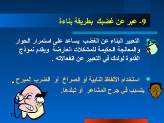 30
9‫بناء ة‬ ‫بطريقة‬ ‫غضبك‬ ‫عن‬ ‫عبر‬ -
‫الحوار‬ ‫استمرار‬ ‫علا ى‬ ‫يساعد‬ ‫الغضب‬ ‫عن‬ ‫البناء‬ ‫التعبير‬
‫نموذج‬ ‫ويقدم‬ ‫العارضة‬ ‫للمشكلت‬ ‫الحكيمة‬ ‫والمعالجة‬
. ‫انفعالته‬ ‫عن‬ ‫التعبير‬ ‫ف ي‬ ‫لولدك‬ ‫القدو ة‬
‫المبرح‬ ‫الضرب‬ ‫أو‬ ‫الصراخ‬ ‫أو‬ ‫النابية‬ ‫األلفاظ‬ ‫استخدام‬
.‫تبلدها‬ ‫أو‬ ‫المشاعر‬ ‫جرح‬ ‫ف ي‬ ‫يتسبب‬
 