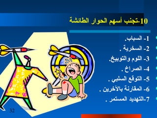 32
10‫الطائشة‬ ‫الحوار‬ ‫أسهم‬ ‫-تجنب‬
1.‫السباب‬ -
2. ‫السخرية‬ -
3.‫والتوبيخ‬ ‫اللوم‬ -
4. ‫الصراخ‬ -
5. ‫السلبي‬ ‫التوقع‬ -
6. ‫بالرخرين‬ ‫المقارنة‬ -
7. ‫المستمر‬ ‫-التهديد‬
 