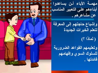 36
‫يساعدوا‬ ‫فن‬‫ف‬‫أ‬ ‫الباء‬ ‫فة‬‫ف‬‫مهم‬
‫المناسب‬ ‫التعبير‬ ‫على‬ ‫أبناءهم‬
. ‫مشاعرهم‬ ‫عن‬
‫المعرفة‬ ‫إلى‬ ‫حاجتهم‬ ‫وإشباع‬
‫الجديدة‬ ‫الخبرات‬ ‫لتعلم‬
(‫؟‬ ‫لماذا‬ )
‫الضرورية‬ ‫القواعد‬ ‫وتعليمهم‬
‫وإفهامهم‬ ‫السوي‬ ‫للسلوك‬
. ‫فائدتها‬
 