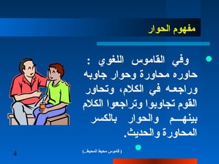 4
‫الحوار‬ ‫مفهوم‬
: ‫اللغوي‬ ‫القاموس‬ ‫وفي‬
‫جاوبه‬ ‫وحوار‬ ‫محاورة‬ ‫حاوره‬
‫وتحاور‬ ،‫الكلم‬ ‫في‬ ‫عه‬‫ع‬‫وراجع‬
‫الكلم‬ ‫وتراجعوا‬ ‫تجاوبوا‬ ‫القوم‬
‫بالكسر‬ ‫والحوار‬ ‫عععم‬‫ع‬‫بينه‬
.‫والحديث‬ ‫المحاورة‬
(..‫المحيط‬ ‫محيط‬ ‫تقاموس‬ )
 