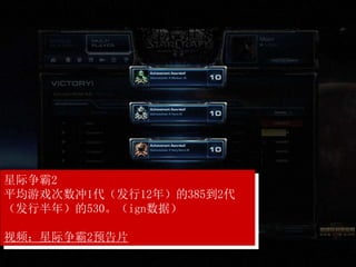 星际争霸
星际争霸2
平均游戏次数冲1代（发行12年）的385到2代
（发行半年）的530。（ign数据）
视频：星际争霸2预告片
 