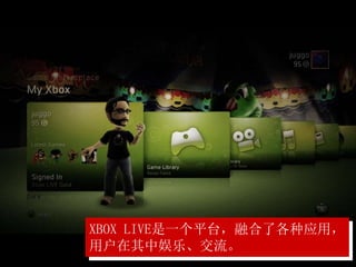 XBOX LIVE是一个平台，融合了各种应用，
用户在其中娱乐、交流。
 