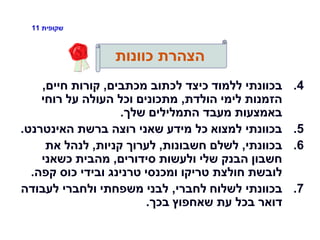 ‫שקופית‬11
‫כוונות‬ ‫הצהרת‬
.4‫מכתבים‬ ‫לכתוב‬ ‫כיצד‬ ‫ללמוד‬ ‫בכוונתי‬,‫חיים‬ ‫קורות‬,
‫הולדת‬ ‫לימי‬ ‫הזמנות‬,‫רוחי‬ ‫על‬ ‫העולה‬ ‫וכל‬ ‫מתכונים‬
‫שלך‬ ‫התמלילים‬ ‫מעבד‬ ‫באמצעות‬.
.5‫האינטרנט‬ ‫ברשת‬ ‫רוצה‬ ‫שאני‬ ‫מידע‬ ‫כל‬ ‫למצוא‬ ‫בכוונתי‬.
.6‫בכוונתי‬,‫חשבונות‬ ‫לשלם‬,‫קניות‬ ‫לערוך‬,‫את‬ ‫לנהל‬
‫סידורים‬ ‫ולעשות‬ ‫שלי‬ ‫הבנק‬ ‫חשבון‬,‫כשאני‬ ‫מהבית‬
‫קפה‬ ‫כוס‬ ‫ובידי‬ ‫טרנינג‬ ‫ומכנסי‬ ‫טריקו‬ ‫חולצת‬ ‫לובשת‬.
.7‫לחברי‬ ‫לשלוח‬ ‫בכוונתי‬,‫לעבודה‬ ‫ולחברי‬ ‫משפחתי‬ ‫לבני‬
‫בכך‬ ‫שאחפוץ‬ ‫עת‬ ‫בכל‬ ‫דואר‬.
 