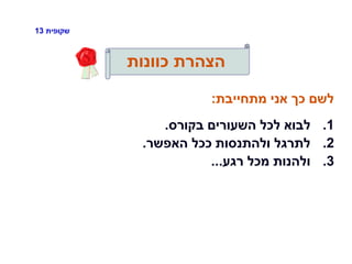 ‫שקופית‬13
‫כוונות‬ ‫הצהרת‬
‫מתחייבת‬ ‫אני‬ ‫כך‬ ‫לשם‬:
.1‫בקורס‬ ‫השעורים‬ ‫לכל‬ ‫לבוא‬.
.2‫האפשר‬ ‫ככל‬ ‫ולהתנסות‬ ‫לתרגל‬.
.3‫רגע‬ ‫מכל‬ ‫ולהנות‬...
 