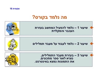‫שקופית‬16
‫בקורס‬ ‫נלמד‬ ‫מה‬?
‫שיעור‬1–‫בעזרת‬ ‫המחשב‬ ‫להפעיל‬ ‫נלמד‬
‫והמקלדת‬ ‫העכבר‬
‫שיעור‬2–‫תמלילים‬ ‫מעבד‬ ‫על‬ ‫לעבוד‬ ‫נלמד‬
‫שיעור‬3–‫התמלילים‬ ‫מעבד‬ ‫בעזרת‬,
‫מתכונים‬ ‫ספר‬ ‫לאור‬ ‫נוציא‬.
‫באינטרנט‬ ‫נמצא‬ ‫התמונות‬ ‫את‬.
 
