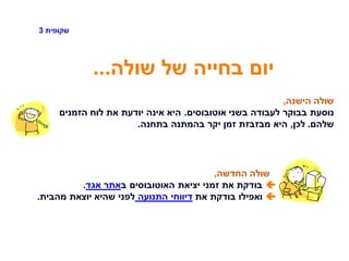 ‫שקופית‬3
‫שולה‬ ‫של‬ ‫בחייה‬ ‫יום‬...
‫הישנה‬ ‫שולה‬,
‫אוטובוסים‬ ‫בשני‬ ‫לעבודה‬ ‫בבוקר‬ ‫נוסעת‬.‫הזמנים‬ ‫לוח‬ ‫את‬ ‫יודעת‬ ‫אינה‬ ‫היא‬
‫שלהם‬.‫לכן‬,‫בתחנה‬ ‫בהמתנה‬ ‫יקר‬ ‫זמן‬ ‫מבזבזת‬ ‫היא‬.
‫החדשה‬ ‫שולה‬,
‫ב‬ ‫האוטובוסים‬ ‫יציאת‬ ‫זמני‬ ‫את‬ ‫בודקת‬‫אגד‬ ‫אתר‬.
‫את‬ ‫בודקת‬ ‫ואפילו‬‫התנועה‬ ‫דיווחי‬‫מהבית‬ ‫יוצאת‬ ‫שהיא‬ ‫לפני‬.
 