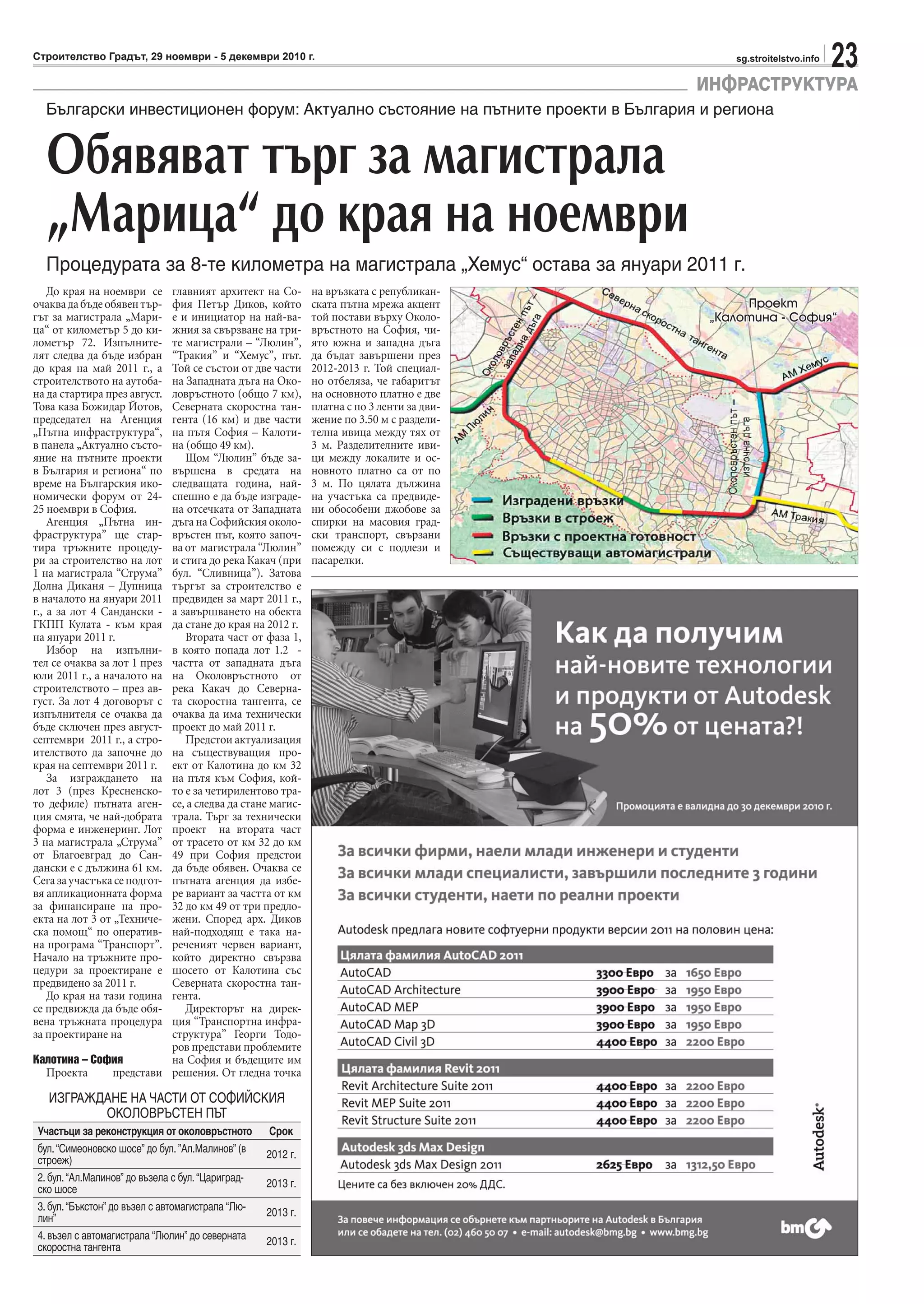 23sg.stroitelstvo.infoСтроителство Градът, 29 ноември - 5 декември 2010 г.
ИНФРАСТРУКТУРА
Български инвестиционен форум: Актуално състояние на пътнитe проекти в България и региона
Обявяват търг за магистрала
„Марица“ до края на ноември
Процедурата за 8-те километра на магистрала „Хемус“ остава за януари 2011 г.
До края на ноември се
очаквадабъдеобявентър-
гът за магистрала „Мари-
ца“ от километър 5 до ки-
лометър 72. Изпълните-
лят следва да бъде избран
до края на май 2011 г., а
строителството на аутоба-
на да стартира през август.
Това каза Божидар Йотов,
председател на Агенция
„Пътна инфраструктура“,
в панела „Актуално състо-
яние на пътнитe проекти
в България и региона“ по
време на Българския ико-
номически форум от 24-
25 ноември в София.
Агенция „Пътна ин-
фраструктура” ще стар-
тира тръжните процеду-
ри за строителство на лот
1 на магистрала “Струма”
Долна Диканя – Дупница
в началото на януари 2011
г., а за лот 4 Сандански -
ГКПП Кулата - към края
на януари 2011 г.
Избор на изпълни-
тел се очаква за лот 1 през
юли 2011 г., а началото на
строителството – през ав-
густ. За лот 4 договорът с
изпълнителя се очаква да
бъде сключен през август-
септември 2011 г., а стро-
ителството да започне до
края на септември 2011 г.
За изграждането на
лот 3 (през Кресненско-
то дефиле) пътната аген-
ция смята, че най-добрата
форма е инженеринг. Лот
3 на магистрала „Струма”
от Благоевград до Сан-
дански е с дължина 61 км.
Сегазаучастъкасеподгот-
вя апликационната форма
за финансиране на про-
екта на лот 3 от „Техниче-
ска помощ“ по оператив-
на програма “Транспорт”.
Начало на тръжните про-
цедури за проектиране е
предвидено за 2011 г.
До края на тази година
се предвижда да бъде обя-
вена тръжната процедура
за проектиране на
Калотина – София
Проекта представи
главният архитект на Со-
фия Петър Диков, който
е и инициатор на най-ва-
жния за свързване на три-
те магистрали – “Люлин”,
“Тракия” и “Хемус”, път.
Той се състои от две части
на Западната дъга на Око-
ловръстното (общо 7 км),
Северната скоростна тан-
гента (16 км) и две части
на пътя София – Калоти-
на (общо 49 км).
Щом “Люлин” бъде за-
вършена в средата на
следващата година, най-
спешно е да бъде изграде-
на отсечката от Западната
дъга на Софийския около-
връстен път, която започ-
ва от магистрала “Люлин”
и стига до река Какач (при
бул. “Сливница”). Затова
търгът за строителство е
предвиден за март 2011 г.,
а завършването на обекта
да стане до края на 2012 г.
Втората част от фаза 1,
в която попада лот 1.2 -
частта от западната дъга
на Околовръстното от
река Какач до Северна-
та скоростна тангента, се
очаква да има технически
проект до май 2011 г.
Предстои актуализация
на съществуващия про-
ект от Калотина до км 32
на пътя към София, кой-
то е за четирилентово тра-
се, а следва да стане магис-
трала. Търг за технически
проект на втората част
от трасето от км 32 до км
49 при София предстои
да бъде обявен. Очаква се
пътната агенция да избе-
ре вариант за частта от км
32 до км 49 от три предло-
жени. Според арх. Диков
най-подходящ е така на-
реченият червен вариант,
който директно свързва
шосето от Калотина със
Северната скоростна тан-
гента.
Директорът на дирек-
ция “Транспортна инфра-
структура” Георги Тодо-
ров представи проблемите
на София и бъдещите им
решения. От гледна точка
на връзката с републикан-
ската пътна мрежа акцент
той постави върху Около-
връстното на София, чи-
ято южна и западна дъга
да бъдат завършени през
2012-2013 г. Той специал-
но отбеляза, че габаритът
на основното платно е две
платна с по 3 ленти за дви-
жение по 3.50 м с раздели-
телна ивица между тях от
3 м. Разделителните иви-
ци между локалите и ос-
новното платно са от по
3 м. По цялата дължина
на участъка са предвиде-
ни обособени джобове за
спирки на масовия град-
ски транспорт, свързани
помежду си с подлези и
пасарелки.
ИЗГРАЖДАНЕ НА ЧАСТИ ОТ СОФИЙСКИЯ
ОКОЛОВРЪСТЕН ПЪТ
Участъци за реконструкция от околовръстното Срок
бул.“Симеоновско шосе” до бул. ”Ал.Малинов” (в
строеж)
2012 г.
2. бул.“Ал.Малинов” до възела с бул.“Цариград-
ско шосе 2013 г.
3. бул.“Бъкстон” до възел с автомагистрала “Лю-
лин”
2013 г.
4. възел с автомагистрала “Люлин” до северната
скоростна тангента
2013 г.
ПроектПроект
„Калотина - София“„Калотина - София“
 