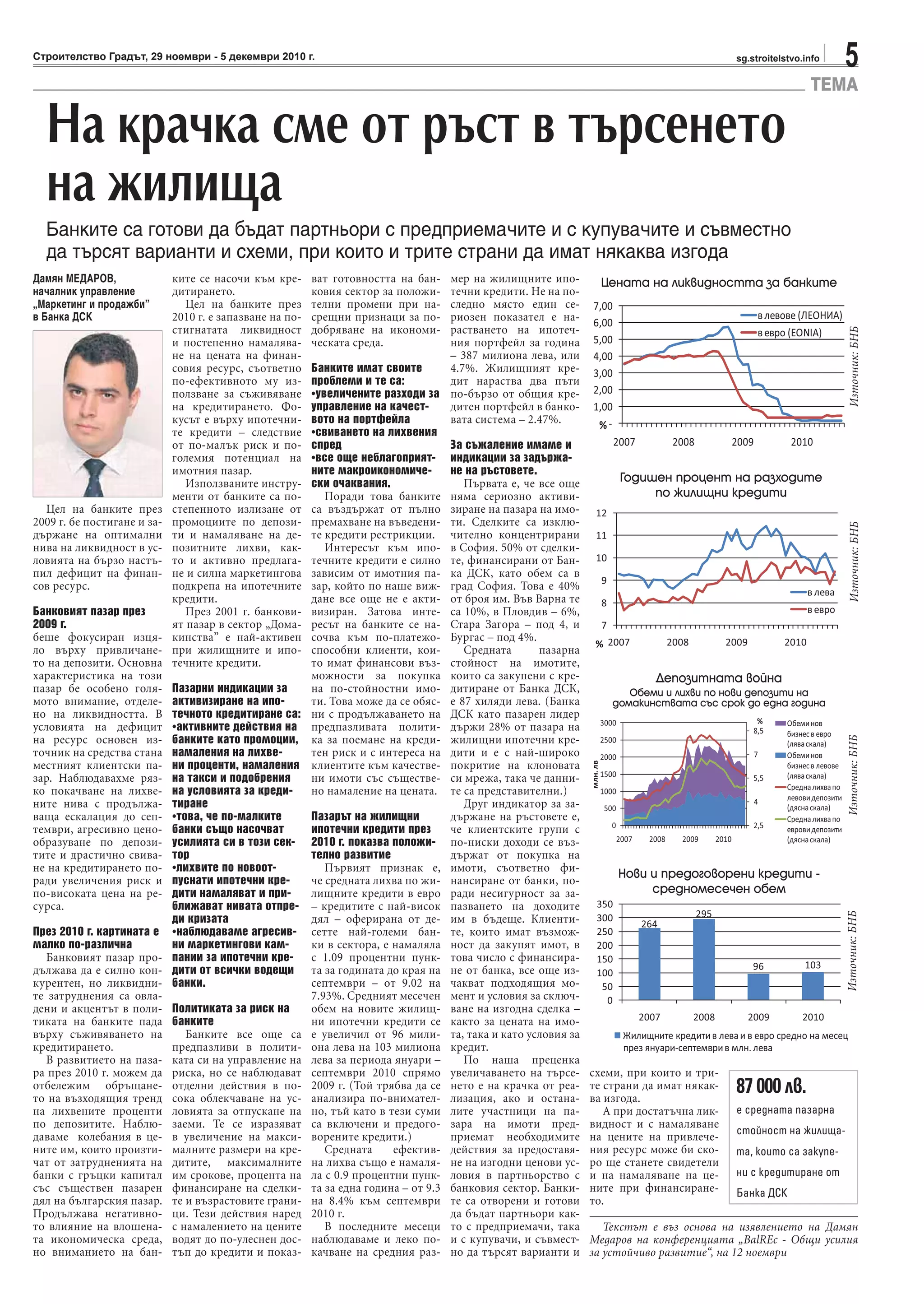 5sg.stroitelstvo.infoСтроителство Градът, 29 ноември - 5 декември 2010 г.
ТЕМА
На крачка сме от ръст в търсенето
на жилища
Банките са готови да бъдат партньори с предприемачите и с купувачите и съвместно
да търсят варианти и схеми, при които и трите страни да имат някаква изгода
Дамян МЕДАРОВ,
началник управление
„Маркетинг и продажби”
в Банка ДСК
Цел на банките през
2009 г. бе постигане и за-
държане на оптимални
нива на ликвидност в ус-
ловията на бързо настъ-
пил дефицит на финан-
сов ресурс.
Банковият пазар през
2009 г.
беше фокусиран изця-
ло върху привличане-
то на депозити. Основна
характеристика на този
пазар бе особено голя-
мото внимание, отделе-
но на ликвидността. В
условията на дефицит
на ресурс основен из-
точник на средства стана
местният клиентски па-
зар. Наблюдавахме ряз-
ко покачване на лихве-
ните нива с продължа-
ваща ескалация до сеп-
тември, агресивно цено-
образуване по депози-
тите и драстично свива-
не на кредитирането по-
ради увеличения риск и
по-високата цена на ре-
сурса.
През 2010 г. картината е
малко по-различна
Банковият пазар про-
дължава да е силно кон-
курентен, но ликвидни-
те затруднения са овла-
дени и акцентът в поли-
тиката на банките пада
върху съживяването на
кредитирането.
В развитието на паза-
ра през 2010 г. можем да
отбележим обръщане-
то на възходящия тренд
на лихвените проценти
по депозитите. Наблю-
даваме колебания в це-
ните им, които произти-
чат от затрудненията на
банки с гръцки капитал
със съществен пазарен
дял на българския пазар.
Продължава негативно-
то влияние на влошена-
та икономическа среда,
но вниманието на бан-
ките се насочи към кре-
дитирането.
Цел на банките през
2010 г. е запазване на по-
стигнатата ликвидност
и постепенно намалява-
не на цената на финан-
совия ресурс, съответно
по-ефективното му из-
ползване за съживяване
на кредитирането. Фо-
кусът е върху ипотечни-
те кредити – следствие
от по-малък риск и по-
големия потенциал на
имотния пазар.
Използваните инстру-
менти от банките са по-
степенното излизане от
промоциите по депози-
ти и намаляване на де-
позитните лихви, как-
то и активно предлага-
не и силна маркетингова
подкрепа на ипотечните
кредити.
През 2001 г. банкови-
ят пазар в сектор „Дома-
кинства” е най-активен
при жилищните и ипо-
течните кредити.
Пазарни индикации за
активизиране на ипо-
течното кредитиране са:
•активните действия на
банките като промоции,
намаления на лихве-
ни проценти, намаления
на такси и подобрения
на условията за креди-
тиране
•това, че по-малките
банки също насочват
усилията си в този сек-
тор
•лихвите по новоот-
пуснати ипотечни кре-
дити намаляват и при-
ближават нивата отпре-
ди кризата
•наблюдаваме агресив-
ни маркетингови кам-
пании за ипотечни кре-
дити от всички водещи
банки.
Политиката за риск на
банките
Банките все още са
предпазливи в полити-
ката си на управление на
риска, но се наблюдават
отделни действия в по-
сока облекчаване на ус-
ловията за отпускане на
заеми. Те се изразяват
в увеличение на макси-
малните размери на кре-
дитите, максималните
им срокове, процента на
финансиране на сделки-
те и възрастовите грани-
ци. Тези действия наред
с намалението на цените
водят до по-улеснен дос-
тъп до кредити и показ-
ват готовността на бан-
ковия сектор за положи-
телни промени при на-
срещни признаци за по-
добряване на икономи-
ческата среда.
Банките имат своите
проблеми и те са:
•увеличените разходи за
управление на качест-
вото на портфейла
•свиването на лихвения
спред
•все още неблагоприят-
ните макроикономиче-
ски очаквания.
Поради това банките
са въздържат от пълно
премахване на въведени-
те кредити рестрикции.
Интересът към ипо-
течните кредити е силно
зависим от имотния па-
зар, който по наше виж-
дане все още не е акти-
визиран. Затова инте-
ресът на банките се на-
сочва към по-платежо-
способни клиенти, кои-
то имат финансови въз-
можности за покупка
на по-стойностни имо-
ти. Това може да се обяс-
ни с продължаването на
предпазливата полити-
ка за поемане на креди-
тен риск и с интереса на
клиентите към качестве-
ни имоти със съществе-
но намаление на цената.
Пазарът на жилищни
ипотечни кредити през
2010 г. показва положи-
телно развитие
Първият признак е,
че средната лихва по жи-
лищните кредити в евро
– кредитите с най-висок
дял – оферирана от де-
сетте най-големи бан-
ки в сектора, е намаляла
с 1.09 процентни пунк-
та за годината до края на
септември – от 9.02 на
7.93%. Средният месечен
обем на новите жилищ-
ни ипотечни кредити се
е увеличил от 96 мили-
она лева на 103 милиона
лева за периода януари –
септември 2010 спрямо
2009 г. (Той трябва да се
анализира по-внимател-
но, тъй като в тези суми
са включени и предого-
ворените кредити.)
Средната ефектив-
на лихва също е намаля-
ла с 0.9 процентни пунк-
та за една година – от 9.3
на 8.4% към септември
2010 г.
В последните месеци
наблюдаваме и леко по-
качване на средния раз-
мер на жилищните ипо-
течни кредити. Не на по-
следно място един се-
риозен показател е на-
растването на ипотеч-
ния портфейл за година
– 387 милиона лева, или
4.7%. Жилищният кре-
дит нараства два пъти
по-бързо от общия кре-
дитен портфейл в банко-
вата система – 2.47%.
За съжаление имаме и
индикации за задържа-
не на ръстовете.
Първата е, че все още
няма сериозно активи-
зиране на пазара на имо-
ти. Сделките са изклю-
чително концентрирани
в София. 50% от сделки-
те, финансирани от Бан-
ка ДСК, като обем са в
град София. Това е 40%
от броя им. Във Варна те
са 10%, в Пловдив – 6%,
Стара Загора – под 4, и
Бургас – под 4%.
Средната пазарна
стойност на имотите,
които са закупени с кре-
дитиране от Банка ДСК,
е 87 хиляди лева. (Банка
ДСК като пазарен лидер
държи 28% от пазара на
жилищни ипотечни кре-
дити и е с най-широко
покритие на клоновата
си мрежа, така че данни-
те са представителни.)
Друг индикатор за за-
държане на ръстовете е,
че клиентските групи с
по-ниски доходи се въз-
държат от покупка на
имоти, съответно фи-
нансиране от банки, по-
ради несигурност за за-
пазването на доходите
им в бъдеще. Клиенти-
те, които имат възмож-
ност да закупят имот, в
това число с финансира-
не от банка, все още из-
чакват подходящия мо-
мент и условия за сключ-
ване на изгодна сделка –
както за цената на имо-
та, така и като условия за
кредит.
По наша преценка
увеличаването на търсе-
нето е на крачка от реа-
лизация, ако и остана-
лите участници на па-
зара на имоти пред-
приемат необходимите
действия за предоставя-
не на изгодни ценови ус-
ловия в партньорство с
банковия сектор. Банки-
те са отворени и готови
да бъдат партньори как-
то с предприемачи, така
и с купувачи, и съвмест-
но да търсят варианти и
схеми, при които и три-
те страни да имат някак-
ва изгода.
А при достатъчна лик-
видност и с намаляване
на цените на привлече-
ния ресурс може би ско-
ро ще станете свидетели
и на намаляване на це-
ните при финансиране-
то.
-
1,00
2,00
3,00
4,00
5,00
6,00
7,00
2007 2008 2009 2010
%
Цената на ликвидността за банките
влевове (ЛЕОНИА)
вевро (EONIA)
Цената на ликвидността за банките
7
8
9
10
11
12
2007 2008 2009 2010%
Годишен процент на разходите по
жилищни кредити
в лева
вевро
Годишен процент на разходите
по жилищни кредити
2,5
4
5,5
7
8,5
0
500
1000
1500
2000
2500
3000
2007 2008 2009 2010
%
млн.лв
Депозитната война
Обеми и лихви понови депозити на домакинствата със срок
доедна година
Обеминов
бизнесв евро
(ляваскала)
Обеминов
бизнесв левове
(ляваскала)
Средналихвапо
левовидепозити
(дяснаскала)
Средналихвапо
евровидепозити
(дяснаскала)
Депозитната война
Обеми и лихви по нови депозити на
домакинствата със срок до една година
264
295
96 103
0
50
100
150
200
250
300
350
2007 2008 2009 2010
Нови и предоговореникредити -
средномесечен обем
Жилищните кредитив леваи в евро средно на месец
през януари-септемврив млн. лева
Нови и предоговорени кредити -
средномесечен обем
87 000 лв.
е средната пазарна
стойност на жилища-
та, които са закупе-
ни с кредитиране от
Банка ДСК
Текстът е въз основа на изявлението на Дамян
Медаров на конференцията „BalREc - Общи усилия
за устойчиво развитие“, на 12 ноември
Източник:БНБИзточник:БНБИзточник:БНБИзточник:БНБ
 