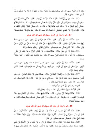 ٍ‫ك‬ِ‫ال‬َ‫م‬:َّ‫َن‬‫أ‬َّ‫ي‬ِ‫ب‬َّ‫الن‬‫وسلم‬ ‫عليه‬ ‫للا‬ ‫صلى‬َ‫ل‬َ‫خ‬َ‫د‬َ‫ة‬َّ‫ك‬َ‫م‬ِ‫ه‬ْ‫ي‬َ‫ل‬َ‫ع‬َ‫و‬‫ر‬َ‫ف‬ْ‫غ‬ِ‫م‬،َ‫يل‬ِ‫ق‬َ‫ف‬ُ‫ه‬َ‫ل‬:‫ا‬َ‫ذ‬َ‫ه‬ُ‫ن‬ْ‫اب‬ٍ‫ل‬َ‫ط‬َ‫خ‬‫ق‬ِ‫ل‬َ‫ع‬َ‫ت‬ُ‫م‬
ِ‫ار‬َ‫ت‬ ْ‫َس‬‫أ‬ِ‫ب‬ِ‫ة‬َ‫ب‬ْ‫ع‬َ‫ك‬ْ‫ل‬‫ا‬،َ‫ال‬َ‫ق‬َ‫ف‬:ُ‫وه‬ُ‫ل‬ُ‫ت‬ْ‫ق‬‫ا‬
113‫ـ‬‫ا‬َ‫ن‬َ‫ث‬َّ‫د‬َ‫ح‬‫ى‬َ‫يس‬ ِ‫ع‬ُ‫ن‬ْ‫ب‬َ‫د‬َ‫م‬ْ‫َح‬‫أ‬،َ‫ال‬َ‫ق‬:‫ا‬َ‫ن‬َ‫ث‬َّ‫د‬َ‫ح‬ُ‫د‬ْ‫ب‬َ‫ع‬ِ‫للا‬ُ‫ن‬ْ‫ب‬ٍ‫ب‬ْ‫ه‬َ‫و‬،َ‫ال‬َ‫ق‬:‫ي‬ِ‫ن‬َ‫ث‬َّ‫د‬َ‫ح‬ُ‫ك‬ِ‫ال‬َ‫م‬ُ‫ن‬ْ‫ب‬ٍ‫س‬َ‫َن‬‫أ‬
،ِ‫ن‬َ‫ع‬ِ‫ن‬ْ‫اب‬ٍ‫اب‬َ‫ه‬ِ‫ش‬،ْ‫ن‬َ‫ع‬ِ‫س‬َ‫َن‬‫أ‬ِ‫ن‬ْ‫ب‬ٍ‫ك‬ِ‫ال‬َ‫م‬،َّ‫َن‬‫أ‬َ‫ول‬ُ‫س‬َ‫ر‬ِ‫للا‬‫وسلم‬ ‫عليه‬ ‫للا‬ ‫صلى‬،َ‫ل‬َ‫خ‬َ‫د‬َ‫ة‬َّ‫ك‬َ‫م‬َ‫ام‬َ‫ع‬ْ‫ت‬َ‫ف‬ْ‫ل‬‫ا‬ِ‫ح‬
،‫ى‬َ‫ل‬َ‫ع‬َ‫و‬ِ‫ه‬ ِ‫س‬ْ‫أ‬َ‫ر‬ُ‫ر‬َ‫ف‬ْ‫غ‬ِ‫م‬ْ‫ل‬‫ا‬،َ‫ال‬َ‫ق‬:‫ا‬َّ‫م‬َ‫ل‬َ‫ف‬ُ‫ه‬َ‫ع‬َ‫ز‬َ‫ن‬ُ‫ه‬َ‫اء‬َ‫ج‬‫ل‬ُ‫ج‬َ‫ر‬،َ‫ال‬َ‫ق‬َ‫ف‬ُ‫ه‬َ‫ل‬:ُ‫ن‬ْ‫اب‬ٍ‫ل‬َ‫ط‬َ‫خ‬‫ق‬ِ‫ل‬َ‫ع‬َ‫ت‬ُ‫م‬ِ‫ار‬َ‫ت‬ ْ‫َس‬‫أ‬ِ‫ب‬ِ‫ة‬َ‫ب‬ْ‫ع‬َ‫ك‬ْ‫ل‬‫ا‬،
َ‫ال‬َ‫ق‬َ‫ف‬:ُ‫وه‬ُ‫ل‬ُ‫ت‬ْ‫ق‬‫ا‬،َ‫ال‬َ‫ق‬ُ‫ن‬ْ‫اب‬ٍ‫اب‬َ‫ه‬ِ‫ش‬:‫ي‬ِ‫ن‬َ‫غ‬َ‫ل‬َ‫ب‬ َ‫و‬َّ‫َن‬‫أ‬َ‫ول‬ُ‫س‬َ‫ر‬ِ‫للا‬‫وسلم‬ ‫عليه‬ ‫للا‬ ‫صلى‬،ْ‫م‬َ‫ل‬ْ‫ن‬ُ‫ك‬َ‫ي‬ٍ‫ذ‬ِ‫ئ‬َ‫م‬ْ‫و‬َ‫ي‬‫ا‬‫م‬ِ‫ر‬ْ‫ح‬ُ‫م‬
17‫ـ‬‫باب‬‫هللا‬ ‫رسول‬ ‫عمامة‬ ‫في‬ ‫جاء‬ ‫ما‬‫وسلم‬ ‫عليه‬ ‫هللا‬ ‫صلى‬
114‫ـ‬‫ا‬َ‫ن‬َ‫ث‬َّ‫د‬َ‫ح‬ُ‫د‬َّ‫م‬َ‫ح‬ُ‫م‬ُ‫ن‬ْ‫ب‬ٍ‫ار‬َّ‫ش‬َ‫ب‬،َ‫ال‬َ‫ق‬:‫ا‬َ‫ن‬َ‫ث‬َّ‫د‬َ‫ح‬ُ‫د‬ْ‫ب‬َ‫ع‬ِ‫ن‬َ‫م‬ْ‫ح‬َّ‫الر‬ُ‫ن‬ْ‫ب‬ٍ‫ي‬ِ‫د‬ْ‫ه‬َ‫م‬،ْ‫ن‬َ‫ع‬ِ‫اد‬َّ‫م‬َ‫ح‬ِ‫ن‬ْ‫ب‬َ‫ة‬َ‫م‬َ‫ل‬ َ‫س‬
)‫(ح‬‫ا‬َ‫ن‬َ‫ث‬َّ‫د‬َ‫ح‬ُ‫ود‬ُ‫م‬ْ‫ح‬َ‫م‬ُ‫ن‬ْ‫ب‬َ‫الن‬ْ‫ي‬َ‫غ‬،َ‫ال‬َ‫ق‬:َّ‫د‬َ‫ح‬‫ا‬َ‫ن‬َ‫ث‬‫يع‬ِ‫ك‬َ‫و‬،ْ‫ن‬َ‫ع‬ِ‫اد‬َّ‫م‬َ‫ح‬ِ‫ن‬ْ‫ب‬َ‫ة‬َ‫م‬َ‫ل‬ َ‫س‬،ْ‫ن‬َ‫ع‬‫ي‬ِ‫ب‬َ‫أ‬ِ‫ر‬ْ‫ي‬َ‫ب‬‫الز‬،ْ‫ن‬َ‫ع‬
ٍ‫ر‬ِ‫ب‬‫ا‬َ‫ج‬،َ‫ال‬َ‫ق‬:َ‫ل‬َ‫خ‬َ‫د‬‫ي‬ِ‫ب‬َّ‫الن‬‫وسلم‬ ‫عليه‬ ‫للا‬ ‫صلى‬،َ‫ة‬َّ‫ك‬َ‫م‬َ‫م‬ْ‫و‬َ‫ي‬ِ‫ح‬ْ‫ت‬َ‫ف‬ْ‫ل‬‫ا‬،ِ‫ه‬ْ‫ي‬َ‫ل‬َ‫ع‬َ‫و‬‫ة‬َ‫ام‬َ‫م‬ِ‫ع‬ُ‫اء‬َ‫د‬ْ‫و‬َ‫س‬
115‫ـ‬‫ا‬َ‫ن‬َ‫ث‬َّ‫د‬َ‫ح‬ُ‫ن‬ْ‫اب‬‫ي‬ِ‫ب‬َ‫أ‬َ‫ر‬َ‫م‬ُ‫ع‬،َ‫ال‬َ‫ق‬:‫ا‬َ‫ن‬َ‫ث‬َّ‫د‬َ‫ح‬‫ا‬َ‫ي‬ْ‫ف‬ُ‫س‬ُ‫ن‬،ْ‫ن‬َ‫ع‬ٍ‫ر‬ِ‫او‬َ‫س‬ُ‫م‬ِ‫اق‬َّ‫ر‬َ‫و‬ْ‫ل‬‫ا‬،ْ‫ن‬َ‫ع‬ِ‫ر‬َ‫ف‬ْ‫ع‬َ‫ج‬ِ‫ن‬ْ‫ب‬‫و‬ِ‫ر‬ْ‫م‬َ‫ع‬
ِ‫ن‬ْ‫ب‬ٍ‫ث‬ْ‫ي‬َ‫ر‬ُ‫ح‬،ْ‫ن‬َ‫ع‬ِ‫يه‬ِ‫ب‬َ‫أ‬،َ‫ال‬َ‫ق‬:ُ‫ت‬ْ‫َي‬‫أ‬َ‫ر‬َّ‫ي‬ِ‫ب‬َّ‫الن‬‫وسلم‬ ‫عليه‬ ‫للا‬ ‫صلى‬ُ‫ب‬ُ‫ط‬ْ‫خ‬َ‫ي‬‫ى‬َ‫ل‬َ‫ع‬ِ‫ر‬َ‫ب‬ْ‫ن‬ِ‫م‬ْ‫ل‬‫ا‬،ِ‫ه‬ْ‫ي‬َ‫ل‬َ‫ع‬َ‫و‬‫ة‬َ‫ام‬َ‫م‬ِ‫ع‬
ُ‫اء‬َ‫د‬ْ‫و‬َ‫س‬
116‫ـ‬‫ا‬َ‫ن‬َ‫ث‬َّ‫د‬َ‫ح‬ُ‫ود‬ُ‫م‬ْ‫ح‬َ‫م‬ُ‫ن‬ْ‫ب‬َ‫الن‬ْ‫ي‬َ‫غ‬،ُ‫ف‬ُ‫وس‬ُ‫ي‬ َ‫و‬ُ‫ن‬ْ‫ب‬‫ى‬َ‫يس‬ ِ‫ع‬،‫ال‬َ‫ق‬:‫ا‬َ‫ن‬َ‫ث‬َّ‫د‬َ‫ح‬‫يع‬ِ‫ك‬َ‫و‬،ْ‫ن‬َ‫ع‬ٍ‫ر‬ِ‫او‬َ‫س‬ُ‫م‬
ِ‫اق‬َّ‫ر‬َ‫و‬ْ‫ل‬‫ا‬،ْ‫ن‬َ‫ع‬ِ‫ر‬َ‫ف‬ْ‫ع‬َ‫ج‬ِ‫ن‬ْ‫ب‬‫و‬ُ‫ر‬ْ‫م‬َ‫ع‬ِ‫ن‬ْ‫ب‬ٍ‫ث‬ْ‫ي‬َ‫ر‬ُ‫ح‬،ْ‫ن‬َ‫ع‬ِ‫يه‬ِ‫ب‬َ‫أ‬،َّ‫َن‬‫أ‬َّ‫ي‬ِ‫ب‬َّ‫الن‬‫وسلم‬ ‫عليه‬ ‫للا‬ ‫صلى‬،َ‫ب‬َ‫ط‬َ‫خ‬َ‫اس‬َّ‫الن‬
،ِ‫ه‬ْ‫ي‬َ‫ل‬َ‫ع‬َ‫و‬‫ة‬َ‫ام‬َ‫م‬ِ‫ع‬ُ‫اء‬َ‫د‬ْ‫و‬َ‫س‬
117‫ـ‬‫ا‬َ‫ن‬َ‫ث‬َّ‫د‬َ‫ح‬ُ‫ون‬ُ‫ار‬َ‫ه‬ُ‫ن‬ْ‫ب‬َ‫اق‬َ‫ح‬ ْ‫س‬ِ‫إ‬‫ي‬ِ‫ان‬َ‫د‬ْ‫م‬َ‫ه‬ْ‫ل‬‫ا‬،َ‫ال‬َ‫ق‬:‫ا‬َ‫ن‬َ‫ث‬َّ‫د‬َ‫ح‬‫ى‬َ‫ي‬ْ‫ح‬َ‫ي‬ُ‫ن‬ْ‫ب‬ٍ‫د‬َّ‫م‬َ‫ح‬ُ‫م‬‫ي‬ِ‫ن‬َ‫د‬َ‫م‬ْ‫ل‬‫ا‬،ْ‫ن‬َ‫ع‬ِ‫د‬ْ‫ب‬َ‫ع‬
ِ‫يز‬ِ‫ز‬َ‫ع‬ْ‫ل‬‫ا‬ِ‫ن‬ْ‫ب‬ٍ‫د‬َّ‫م‬َ‫ح‬ُ‫م‬،ْ‫ن‬َ‫ع‬ِ‫د‬ْ‫ي‬َ‫ب‬ُ‫ع‬ِ‫للا‬ِ‫ن‬ْ‫ب‬َ‫ر‬َ‫م‬ُ‫ع‬،ْ‫ن‬َ‫ع‬ٍ‫ع‬ِ‫اف‬َ‫ن‬،ِ‫ن‬َ‫ع‬ِ‫ن‬ْ‫اب‬َ‫ر‬َ‫م‬ُ‫ع‬،َ‫ال‬َ‫ق‬:َ‫ان‬َ‫ك‬‫ي‬ِ‫ب‬َّ‫الن‬‫للا‬ ‫صلى‬
‫وسلم‬ ‫عليه‬،‫ا‬َ‫ذ‬ِ‫إ‬َّ‫م‬َ‫ت‬ْ‫اع‬،َ‫ل‬َ‫د‬َ‫س‬ِ‫ع‬ُ‫ه‬َ‫ت‬َ‫ام‬َ‫م‬َ‫ن‬ْ‫ي‬َ‫ب‬ِ‫ه‬ْ‫ي‬َ‫ف‬ِ‫ت‬َ‫ك‬.
َ‫ال‬َ‫ق‬‫ع‬ِ‫اف‬َ‫ن‬:َ‫ان‬َ‫ك‬َ‫و‬ُ‫ن‬ْ‫اب‬َ‫ر‬َ‫م‬ُ‫ع‬،ُ‫ل‬َ‫ع‬ْ‫ف‬َ‫ي‬َ‫ك‬ِ‫ل‬َ‫ذ‬.
َ‫ال‬َ‫ق‬ُ‫د‬ْ‫ي‬َ‫ب‬ُ‫ع‬ِ‫للا‬:ُ‫ت‬ْ‫َي‬‫أ‬َ‫ر‬َ‫و‬َ‫م‬ِ‫اس‬َ‫ق‬ْ‫ل‬‫ا‬َ‫ن‬ْ‫ب‬ٍ‫د‬َّ‫م‬َ‫ح‬ُ‫م‬،‫ا‬‫م‬ِ‫ال‬َ‫س‬ َ‫و‬ِ‫الن‬َ‫ع‬ْ‫ف‬َ‫ي‬َ‫ك‬ِ‫ل‬َ‫ذ‬
118‫ـ‬‫ا‬َ‫ن‬َ‫ث‬َّ‫د‬َ‫ح‬ُ‫ف‬ُ‫وس‬ُ‫ي‬ُ‫ن‬ْ‫ب‬‫ى‬َ‫يس‬ ِ‫ع‬،َ‫ال‬َ‫ق‬:‫ا‬َ‫ن‬َ‫ث‬َّ‫د‬َ‫ح‬‫يع‬ِ‫ك‬َ‫و‬،َ‫ال‬َ‫ق‬:‫ا‬َ‫ن‬َ‫ث‬َّ‫د‬َ‫ح‬‫و‬ُ‫َب‬‫أ‬َ‫ان‬َ‫م‬ْ‫ي‬َ‫ل‬ُ‫س‬َ‫و‬ُ‫ه‬َ‫و‬ُ‫د‬ْ‫ب‬َ‫ع‬
ِ‫ن‬َ‫م‬ْ‫ح‬َّ‫الر‬ُ‫ن‬ْ‫ب‬ِ‫يل‬ ِ‫س‬َ‫غ‬ْ‫ل‬‫ا‬،ْ‫ن‬َ‫ع‬َ‫ة‬َ‫م‬ِ‫ر‬ْ‫ك‬ِ‫ع‬،ِ‫ن‬َ‫ع‬ِ‫ن‬ْ‫اب‬ٍ‫َّاس‬‫ب‬َ‫ع‬:َّ‫َن‬‫أ‬َّ‫ي‬ِ‫ب‬َّ‫الن‬‫وسلم‬ ‫عليه‬ ‫للا‬ ‫صلى‬َ‫ب‬َ‫ط‬َ‫خ‬َ‫اس‬َّ‫الن‬،
ِ‫ه‬ْ‫ي‬َ‫ل‬َ‫ع‬َ‫و‬‫ة‬َ‫اب‬ َ‫ص‬ ِ‫ع‬ُ‫اء‬َ‫م‬ْ‫س‬َ‫د‬
18‫ـ‬‫باب‬‫هللا‬ ‫رسول‬ ‫ار‬‫ز‬‫إ‬ ‫صفة‬ ‫في‬ ‫جاء‬ ‫ما‬‫وسلم‬ ‫عليه‬ ‫هللا‬ ‫صلى‬
119‫ـ‬‫ا‬َ‫ن‬َ‫ث‬َّ‫د‬َ‫ح‬ُ‫د‬َ‫م‬ْ‫َح‬‫أ‬ُ‫ن‬ْ‫ب‬ٍ‫يع‬ِ‫ن‬َ‫م‬،َ‫ال‬َ‫ق‬:‫ا‬َ‫ن‬َ‫ث‬َّ‫د‬َ‫ح‬ُ‫يل‬ ِ‫اع‬َ‫م‬ْ‫س‬ِ‫إ‬ُ‫ن‬ْ‫ب‬َ‫يم‬ِ‫اه‬َ‫ر‬ْ‫ب‬ِ‫إ‬،َ‫ال‬َ‫ق‬:‫ا‬َ‫ن‬َ‫ث‬َّ‫د‬َ‫ح‬ُ‫وب‬‫َي‬‫أ‬،ْ‫ن‬َ‫ع‬
ِ‫د‬ْ‫ي‬َ‫م‬ُ‫ح‬ِ‫ن‬ْ‫ب‬ٍ‫الل‬ِ‫ه‬،ْ‫ن‬َ‫ع‬‫ي‬ِ‫ب‬َ‫أ‬َ‫ة‬َ‫د‬ْ‫ر‬ُ‫ب‬،َ‫ال‬َ‫ق‬:ْ‫ت‬َ‫ج‬َ‫ر‬ْ‫َخ‬‫أ‬‫ا‬َ‫ن‬ْ‫ي‬َ‫ل‬ِ‫إ‬ُ‫ة‬ َ‫ش‬ِ‫ائ‬َ‫ع‬،‫اء‬َ‫س‬ِ‫ك‬‫ا‬‫َّد‬‫ب‬َ‫ل‬ُ‫م‬،‫ا‬‫ار‬َ‫ِز‬‫ا‬َ‫و‬‫ا‬‫يظ‬ِ‫ل‬َ‫غ‬،ْ‫ت‬َ‫ل‬‫ا‬َ‫ق‬َ‫ف‬:
َ‫ض‬ِ‫ب‬ُ‫ق‬ُ‫وح‬ُ‫ر‬ِ‫ول‬ُ‫س‬َ‫ر‬ِ‫للا‬‫وسلم‬ ‫عليه‬ ‫للا‬ ‫صلى‬،‫ي‬ِ‫ف‬ِ‫ن‬ْ‫ي‬َ‫ذ‬َ‫ه‬
121‫ـ‬‫ا‬َ‫ن‬َ‫ث‬َّ‫د‬َ‫ح‬ُ‫ود‬ُ‫م‬ْ‫ح‬َ‫م‬ُ‫ن‬ْ‫ب‬َ‫الن‬ْ‫ي‬َ‫غ‬،َ‫ال‬َ‫ق‬:‫ا‬َ‫ن‬َ‫ث‬َّ‫د‬َ‫ح‬‫و‬ُ‫َب‬‫أ‬َ‫د‬ُ‫او‬َ‫د‬،ْ‫ن‬َ‫ع‬َ‫ة‬َ‫ب‬ْ‫ع‬ُ‫ش‬،ِ‫ن‬َ‫ع‬ِ‫ث‬َ‫ع‬ْ‫َش‬‫أل‬‫ا‬ِ‫ن‬ْ‫ب‬ٍ‫م‬ْ‫ي‬َ‫ل‬ُ‫س‬
،َ‫ال‬َ‫ق‬:ُ‫ت‬ْ‫ع‬ِ‫م‬َ‫س‬‫ي‬ِ‫ت‬َّ‫م‬َ‫ع‬،ُ‫ث‬ِ‫د‬َ‫ح‬ُ‫ت‬ْ‫ن‬َ‫ع‬‫ا‬َ‫ه‬ِ‫م‬َ‫ع‬،َ‫ق‬َ‫ال‬:‫ا‬َ‫ن‬ْ‫ي‬َ‫ب‬‫ا‬َ‫َن‬‫أ‬‫ي‬ِ‫َمش‬‫أ‬ِ‫ة‬َ‫ين‬ِ‫د‬َ‫م‬ْ‫ل‬‫ا‬ِ‫ب‬،‫ا‬َ‫ذ‬ِ‫إ‬‫ان‬َ‫س‬ْ‫ن‬ِ‫إ‬‫ي‬ِ‫ف‬ْ‫ل‬َ‫خ‬ُ‫ول‬ُ‫ق‬َ‫ي‬:
 