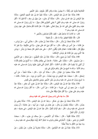 َ‫ة‬َ‫ع‬ِ‫ب‬‫ا‬َ‫ت‬َ‫ت‬ُ‫م‬ْ‫ل‬‫ا‬‫ا‬‫ي‬ ِ‫او‬َ‫ط‬َ‫و‬ُ‫ه‬ُ‫ه‬ُ‫ل‬ْ‫َه‬‫أ‬َ‫و‬،‫ل‬ُ‫ون‬ُ‫د‬ِ‫ج‬َ‫ي‬‫اء‬َ‫ش‬ ِ‫ع‬َ‫ان‬َ‫ك‬َ‫و‬ُ‫ر‬َ‫ث‬ْ‫ك‬َ‫أ‬ْ‫م‬ِ‫ه‬ِ‫ز‬ْ‫ب‬ُ‫خ‬،َ‫ز‬ْ‫ب‬ُ‫خ‬ِ‫ير‬ِ‫ع‬َّ‫الش‬
146‫ـ‬‫ا‬َ‫ن‬َ‫ث‬َّ‫د‬َ‫ح‬ُ‫د‬ْ‫ب‬َ‫ع‬ِ‫للا‬ُ‫ن‬ْ‫ب‬ِ‫د‬ْ‫ب‬َ‫ع‬ِ‫ن‬َ‫م‬ْ‫ح‬َّ‫الر‬،َ‫ال‬َ‫ق‬:‫ا‬َ‫ن‬َ‫ث‬َّ‫د‬َ‫ح‬ُ‫د‬ْ‫ي‬َ‫ب‬ُ‫ع‬ِ‫للا‬ُ‫ن‬ْ‫ب‬ِ‫د‬ْ‫ب‬َ‫ع‬َ‫م‬ْ‫ل‬‫ا‬ِ‫يد‬ِ‫ج‬‫ي‬ِ‫ف‬َ‫ن‬َ‫ح‬ْ‫ل‬‫ا‬،‫ا‬َ‫ن‬َ‫ث‬َّ‫د‬َ‫ح‬
ُ‫د‬ْ‫ب‬َ‫ع‬ِ‫ن‬َ‫م‬ْ‫ح‬َّ‫الر‬ُ‫ن‬ْ‫ب‬ِ‫د‬ْ‫ب‬َ‫ع‬ِ‫للا‬ِ‫ن‬ْ‫ب‬ٍ‫ار‬َ‫ين‬ِ‫د‬،َ‫ال‬َ‫ق‬:‫ا‬َ‫ن‬َ‫ث‬َّ‫د‬َ‫ح‬‫و‬ُ‫َب‬‫أ‬ٍ‫م‬ِ‫از‬َ‫ح‬،ْ‫ن‬َ‫ع‬ِ‫ل‬ْ‫ه‬َ‫س‬ِ‫ن‬ْ‫ب‬ٍ‫د‬ْ‫ع‬َ‫س‬،ُ‫ه‬َّ‫َن‬‫أ‬َ‫يل‬ِ‫ق‬ُ‫ه‬َ‫ل‬:َ‫ل‬َ‫َك‬‫أ‬
ُ‫ول‬ُ‫س‬َ‫ر‬ِ‫للا‬‫وسلم‬ ‫عليه‬ ‫للا‬ ‫صلى‬َّ‫ي‬ِ‫ق‬َّ‫الن‬‫؟‬‫ي‬ِ‫ن‬ْ‫ع‬َ‫ي‬‫ى‬َ‫ار‬َّ‫و‬ُ‫ح‬ْ‫ل‬‫ا‬َ‫ال‬َ‫ق‬َ‫ف‬‫ل‬ْ‫ه‬َ‫س‬:‫ا‬َ‫م‬‫َى‬‫أ‬َ‫ر‬ُ‫ول‬ُ‫س‬َ‫ر‬ِ‫للا‬‫للا‬ ‫صلى‬
‫وسلم‬ ‫عليه‬َّ‫ي‬ِ‫ق‬َّ‫الن‬‫ى‬َّ‫ت‬َ‫ح‬
َ
‫ي‬ِ‫ق‬َ‫ل‬ََّ‫اّلل‬َّ‫ز‬َ‫ع‬َّ‫ل‬َ‫ج‬َ‫و‬‫ى‬َ‫ل‬‫ا‬َ‫ع‬َ‫ت‬،َ‫يل‬ِ‫ق‬َ‫ف‬ُ‫ه‬َ‫ل‬:ْ‫ل‬َ‫ه‬ْ‫ت‬َ‫ان‬َ‫ك‬ْ‫م‬ُ‫ك‬َ‫ل‬ُ‫ل‬ِ‫اخ‬َ‫ن‬َ‫م‬‫ى‬َ‫ل‬َ‫ع‬ِ‫د‬ْ‫ه‬َ‫ع‬ِ‫ول‬ُ‫س‬َ‫ر‬
ِ‫للا‬‫وسلم‬ ‫عليه‬ ‫للا‬ ‫صلى‬‫؟‬
َ‫ال‬َ‫ق‬:‫ا‬َ‫م‬ْ‫ت‬َ‫ان‬َ‫ك‬‫ا‬َ‫ن‬َ‫ل‬ُ‫ل‬ِ‫اخ‬َ‫ن‬َ‫م‬َ‫يل‬ِ‫ق‬:َ‫ف‬ْ‫ي‬َ‫ك‬ْ‫م‬ُ‫ت‬ْ‫ن‬ُ‫ك‬َ‫ون‬ُ‫ع‬َ‫ن‬ ْ‫ص‬َ‫ت‬ِ‫ير‬ِ‫ع‬َّ‫الش‬ِ‫ب‬‫؟‬
َ‫ال‬َ‫ق‬:‫ا‬َّ‫ن‬ُ‫ك‬ُ‫ه‬ُ‫خ‬ُ‫ف‬ْ‫ن‬َ‫ن‬ُ‫ير‬ ِ‫ط‬َ‫ي‬َ‫ف‬ُ‫ه‬ْ‫ن‬ِ‫م‬‫ا‬َ‫م‬َ‫ار‬َ‫ط‬،َّ‫م‬ُ‫ث‬ُ‫ه‬ُ‫ن‬ِ‫ج‬ْ‫ع‬َ‫ن‬
147‫ـ‬‫ا‬َ‫ن‬َ‫ث‬َّ‫د‬َ‫ح‬ُ‫د‬َّ‫م‬َ‫ح‬ُ‫م‬ُ‫ن‬ْ‫ب‬ٍ‫ار‬َّ‫ش‬َ‫ب‬،َ‫ال‬َ‫ق‬:‫ا‬َ‫ن‬َ‫ث‬َّ‫د‬َ‫ح‬ُ‫ذ‬‫ا‬َ‫ع‬ُ‫م‬ُ‫ن‬ْ‫ب‬ٍ‫ام‬َ‫ش‬ِ‫ه‬،َ‫ال‬َ‫ق‬:‫ي‬ِ‫ن‬َ‫ث‬َّ‫د‬َ‫ح‬‫ي‬ِ‫ب‬َ‫أ‬،ْ‫ن‬َ‫ع‬َ‫س‬ُ‫ون‬ُ‫ي‬،
ْ‫ن‬َ‫ع‬َ‫ة‬َ‫اد‬َ‫ت‬َ‫ق‬،ْ‫ن‬َ‫ع‬ِ‫س‬َ‫َن‬‫أ‬ِ‫ن‬ْ‫ب‬ٍ‫ك‬ِ‫ال‬َ‫م‬،َ‫ال‬َ‫ق‬:‫ا‬َ‫م‬َ‫ل‬َ‫َك‬‫أ‬‫ي‬ِ‫ب‬َ‫ن‬ِ‫للا‬‫ى‬َ‫ل‬َ‫ع‬ٍ‫ان‬َ‫و‬ِ‫خ‬،‫ل‬َ‫و‬‫ي‬ِ‫ف‬ٍ‫ة‬َ‫ج‬َّ‫ر‬ُ‫ك‬ُ‫س‬،‫ل‬َ‫و‬َ‫ز‬ِ‫ب‬ُ‫خ‬ُ‫ه‬َ‫ل‬
‫ق‬َّ‫ق‬َ‫ر‬ُ‫م‬َ‫ال‬َ‫ق‬:ُ‫ت‬ْ‫ل‬ُ‫ق‬َ‫ف‬َ‫ة‬َ‫اد‬َ‫ت‬َ‫ق‬ِ‫ل‬:َ‫الم‬َ‫ع‬َ‫ف‬‫ا‬‫و‬ُ‫ان‬َ‫ك‬َ‫ون‬ُ‫ل‬ُ‫ك‬ْ‫أ‬َ‫ي‬‫؟‬َ‫ال‬َ‫ق‬:‫ى‬َ‫ل‬َ‫ع‬ِ‫ه‬ِ‫ذ‬َ‫ه‬ِ‫ر‬َ‫ف‬‫الس‬َ‫ال‬َ‫ق‬ُ‫د‬َّ‫م‬َ‫ح‬ُ‫م‬ُ‫ن‬ْ‫ب‬ٍ‫ار‬َّ‫ش‬َ‫ب‬:ُ‫س‬ُ‫ون‬ُ‫ي‬
‫ا‬َ‫ذ‬َ‫ه‬َّ‫ال‬‫ي‬ِ‫ذ‬‫ى‬َ‫و‬َ‫ر‬ْ‫ن‬َ‫ع‬َ‫ة‬َ‫اد‬َ‫ت‬َ‫ق‬َ‫و‬ُ‫ه‬ُ‫س‬ُ‫ون‬ُ‫ي‬ُ‫اف‬َ‫ك‬ْ‫س‬ِ‫اإل‬
148‫ـ‬‫ا‬َ‫ن‬َ‫ث‬َّ‫د‬َ‫ح‬ُ‫د‬َ‫م‬ْ‫َح‬‫أ‬ُ‫ن‬ْ‫ب‬ٍ‫يع‬ِ‫ن‬َ‫م‬،َ‫ال‬َ‫ق‬:‫ا‬َ‫ن‬َ‫ث‬َّ‫د‬َ‫ح‬ُ‫َّاد‬‫ب‬َ‫ع‬ُ‫ن‬ْ‫ب‬ٍ‫َّاد‬‫ب‬َ‫ع‬‫ي‬ِ‫ب‬َّ‫ل‬َ‫ه‬ُ‫م‬ْ‫ل‬‫ا‬،ْ‫ن‬َ‫ع‬ٍ‫د‬ِ‫ال‬َ‫ج‬ُ‫م‬،ِ‫ن‬َ‫ع‬ِ‫ي‬ِ‫ب‬ْ‫ع‬َّ‫الش‬
،ْ‫ن‬َ‫ع‬ٍ‫وق‬ُ‫ر‬ْ‫س‬َ‫م‬،َ‫ال‬َ‫ق‬:ُ‫ت‬ْ‫ل‬َ‫خ‬َ‫د‬‫ى‬َ‫ل‬َ‫ع‬َ‫ة‬ َ‫ش‬ِ‫ائ‬َ‫ع‬،ْ‫ت‬َ‫ع‬َ‫د‬َ‫ف‬‫ي‬ِ‫ل‬ِ‫ب‬ٍ‫ام‬َ‫ع‬َ‫ط‬ْ‫ت‬َ‫ل‬‫ا‬َ‫ق‬ َ‫و‬:‫ا‬َ‫م‬ُ‫ع‬َ‫ب‬ ْ‫َش‬‫أ‬ْ‫ن‬ِ‫م‬ٍ‫ام‬َ‫ع‬َ‫ط‬ُ‫اء‬َ‫َش‬‫أ‬َ‫ف‬
ْ‫َن‬‫أ‬
َ
‫ي‬ِ‫ك‬ْ‫َب‬‫أ‬‫ل‬ِ‫إ‬ُ‫يت‬ِ‫ك‬َ‫ب‬َ‫ال‬َ‫ق‬:ُ‫ت‬ْ‫ل‬ُ‫ق‬َ‫م‬ِ‫ل‬‫؟‬ْ‫ت‬َ‫ل‬‫ا‬َ‫ق‬:ُ‫ر‬ُ‫ك‬ْ‫ذ‬َ‫أ‬َ‫ال‬َ‫ح‬ْ‫ل‬‫ا‬‫ي‬ِ‫ت‬َّ‫ال‬َ‫ق‬َ‫ار‬َ‫ف‬‫ا‬َ‫ه‬ْ‫ي‬َ‫ل‬َ‫ع‬ُ‫ول‬ُ‫س‬َ‫ر‬ِ‫للا‬‫عليه‬ ‫للا‬ ‫صلى‬
‫وسلم‬‫ا‬َ‫ي‬ْ‫ن‬‫الد‬،َِّ‫اّلل‬َ‫و‬‫ا‬َ‫م‬َ‫ع‬ِ‫ب‬ َ‫ش‬ْ‫ن‬ِ‫م‬ٍ‫ز‬ْ‫ب‬ُ‫خ‬ٍ‫م‬ْ‫ح‬َ‫ل‬ َ‫و‬ْ‫ي‬َ‫ت‬َّ‫ر‬َ‫م‬ِ‫ن‬‫ي‬ِ‫ف‬ٍ‫م‬ْ‫و‬َ‫ي‬
149‫ـ‬‫ا‬َ‫ن‬َ‫ث‬َّ‫د‬َ‫ح‬ُ‫ود‬ُ‫م‬ْ‫ح‬َ‫م‬ُ‫ن‬ْ‫ب‬َ‫الن‬ْ‫ي‬َ‫غ‬،َ‫ال‬َ‫ق‬:‫ا‬َ‫ن‬َ‫ث‬َّ‫د‬َ‫ح‬‫و‬ُ‫َب‬‫أ‬َ‫د‬ُ‫او‬َ‫د‬،َ‫ال‬َ‫ق‬:‫ا‬َ‫ن‬َ‫ث‬َّ‫د‬َ‫ح‬ُ‫ة‬َ‫ب‬ْ‫ع‬ُ‫ش‬،ْ‫ن‬َ‫ع‬‫ي‬ِ‫ب‬َ‫أ‬
َ‫اق‬َ‫ح‬ ْ‫س‬ِ‫إ‬،َ‫ال‬َ‫ق‬:ُ‫ت‬ْ‫ع‬ِ‫م‬َ‫س‬َ‫د‬ْ‫ب‬َ‫ع‬ِ‫ن‬َ‫م‬ْ‫ح‬َّ‫الر‬َ‫ن‬ْ‫ب‬َ‫يد‬ِ‫ز‬َ‫ي‬ُ‫ث‬ِ‫د‬َ‫ح‬ُ‫ي‬،ِ‫ن‬َ‫ع‬ِ‫د‬َ‫و‬ْ‫َس‬‫أل‬‫ا‬ِ‫ن‬ْ‫ب‬َ‫يد‬ِ‫ز‬َ‫ي‬،ْ‫ن‬َ‫ع‬َ‫ة‬ َ‫ش‬ِ‫ائ‬َ‫ع‬،َ‫ق‬ْ‫ت‬َ‫ل‬‫ا‬:
‫ا‬َ‫م‬َ‫ع‬ِ‫ب‬ َ‫ش‬ُ‫ول‬ُ‫س‬َ‫ر‬ِ‫للا‬‫وسلم‬ ‫عليه‬ ‫للا‬ ‫صلى‬ْ‫ن‬ِ‫م‬ِ‫ز‬ْ‫ب‬ُ‫خ‬ِ‫ير‬ِ‫ع‬َّ‫الش‬ِ‫ن‬ْ‫ي‬َ‫م‬ْ‫و‬َ‫ي‬ِ‫ن‬ْ‫ي‬َ‫ع‬ِ‫ب‬‫ا‬َ‫ت‬َ‫ت‬ُ‫م‬‫ى‬َّ‫ت‬َ‫ح‬َ‫ض‬ِ‫ب‬ُ‫ق‬
151‫ـ‬‫ا‬َ‫ن‬َ‫ث‬َّ‫د‬َ‫ح‬ُ‫د‬ْ‫ب‬َ‫ع‬ِ‫للا‬ُ‫ن‬ْ‫ب‬ِ‫د‬ْ‫ب‬َ‫ع‬ِ‫ن‬َ‫م‬ْ‫ح‬َّ‫الر‬،َ‫ال‬َ‫ق‬:‫ا‬َ‫ن‬َ‫ث‬َّ‫د‬َ‫ح‬ُ‫د‬ْ‫ب‬َ‫ع‬ِ‫للا‬ُ‫ن‬ْ‫ب‬‫و‬ٍ‫ر‬ْ‫م‬َ‫ع‬‫و‬ُ‫َب‬‫أ‬ٍ‫ر‬َ‫م‬ْ‫ع‬َ‫م‬،‫ا‬َ‫ن‬َ‫ث‬َّ‫د‬َ‫ح‬ُ‫د‬ْ‫ب‬َ‫ع‬
ْ‫ل‬‫ا‬ِ‫ث‬ِ‫ار‬َ‫و‬،ْ‫ن‬َ‫ع‬ِ‫يد‬ِ‫ع‬َ‫س‬ِ‫ن‬ْ‫ب‬‫ي‬ِ‫ب‬َ‫أ‬َ‫ة‬َ‫وب‬ُ‫ر‬َ‫ع‬،ْ‫ن‬َ‫ع‬َ‫ة‬َ‫اد‬َ‫ت‬َ‫ق‬،ْ‫ن‬َ‫ع‬ٍ‫س‬َ‫َن‬‫أ‬،َ‫ال‬َ‫ق‬:‫ا‬َ‫م‬َ‫ل‬َ‫َك‬‫أ‬ُ‫ول‬ُ‫س‬َ‫ر‬ِ‫للا‬‫للا‬ ‫صلى‬
‫وسلم‬ ‫عليه‬‫ى‬َ‫ل‬َ‫ع‬ٍ‫ان‬َ‫و‬ِ‫خ‬،‫ل‬َ‫و‬َ‫ل‬َ‫َك‬‫أ‬‫ا‬‫ز‬ْ‫ب‬ُ‫خ‬‫ا‬‫ق‬َّ‫ق‬َ‫ر‬ُ‫م‬‫ى‬َّ‫ت‬َ‫ح‬َ‫ات‬َ‫م‬
26‫في‬ ‫جاء‬ ‫ما‬ ‫ـ‬‫إدام‬‫هللا‬ ‫رسول‬‫وسلم‬ ‫عليه‬ ‫هللا‬ ‫صلى‬
151‫ـ‬‫ا‬َ‫ن‬َ‫ث‬َّ‫د‬َ‫ح‬ُ‫م‬ُ‫د‬َّ‫م‬َ‫ح‬ُ‫ن‬ْ‫ب‬ِ‫ل‬ْ‫ه‬َ‫س‬ِ‫ن‬ْ‫ب‬ٍ‫ر‬َ‫ك‬ْ‫س‬َ‫ع‬،ُ‫د‬ْ‫ب‬َ‫ع‬َ‫و‬ِ‫للا‬ُ‫ن‬ْ‫ب‬ِ‫د‬ْ‫ب‬َ‫ع‬ِ‫ن‬َ‫م‬ْ‫ح‬َّ‫الر‬،‫ال‬َ‫ق‬:‫ا‬َ‫ن‬َ‫ث‬َّ‫د‬َ‫ح‬‫ى‬َ‫ي‬ْ‫ح‬َ‫ي‬ُ‫ن‬ْ‫ب‬
َ‫ان‬َّ‫س‬َ‫ح‬،َ‫ال‬َ‫ق‬:‫ا‬َ‫ن‬َ‫ث‬َّ‫د‬َ‫ح‬ُ‫ان‬َ‫م‬ْ‫ي‬َ‫ل‬ُ‫س‬ُ‫ن‬ْ‫ب‬ٍ‫الل‬ِ‫ب‬،ْ‫ن‬َ‫ع‬ِ‫ام‬َ‫ش‬ِ‫ه‬ِ‫ن‬ْ‫ب‬َ‫ة‬َ‫و‬ْ‫ر‬ُ‫ع‬،ْ‫ن‬َ‫ع‬ِ‫يه‬ِ‫ب‬َ‫أ‬،ْ‫ن‬َ‫ع‬َ‫ة‬ َ‫ش‬ِ‫ائ‬َ‫ع‬،َّ‫َن‬‫أ‬َ‫ول‬ُ‫س‬َ‫ر‬
ِ‫للا‬‫للا‬ ‫صلى‬‫وسلم‬ ‫عليه‬،َ‫ال‬َ‫ق‬:َ‫م‬ْ‫ع‬ِ‫ن‬ُ‫ام‬َ‫د‬ِ‫اإل‬‫ل‬َ‫خ‬ْ‫ل‬‫ا‬،َ‫ال‬َ‫ق‬ُ‫د‬ْ‫ب‬َ‫ع‬ِ‫للا‬ُ‫ن‬ْ‫ب‬ِ‫د‬ْ‫ب‬َ‫ع‬ِ‫ن‬َ‫م‬ْ‫ح‬َّ‫الر‬،‫ي‬ِ‫ف‬ِ‫ه‬ِ‫يث‬ِ‫د‬َ‫ح‬:َ‫م‬ْ‫ع‬ِ‫ن‬
ُ‫ام‬َ‫د‬ِ‫اإل‬ِ‫َو‬‫أ‬ُ‫م‬ْ‫ُد‬‫أل‬‫ا‬‫ل‬َ‫خ‬ْ‫ل‬‫ا‬
152‫ـ‬‫ا‬َ‫ن‬َ‫ث‬َّ‫د‬َ‫ح‬ُ‫ة‬َ‫ب‬ْ‫ي‬َ‫ت‬ُ‫ق‬،َ‫ال‬َ‫ق‬:‫ا‬َ‫ن‬َ‫ث‬َّ‫د‬َ‫ح‬‫و‬ُ‫َب‬‫أ‬ِ‫ص‬ َ‫و‬ْ‫َح‬‫أل‬‫ا‬،ْ‫ن‬َ‫ع‬ِ‫اك‬َ‫م‬ِ‫س‬ِ‫ن‬ْ‫ب‬ٍ‫ب‬ْ‫ر‬َ‫ح‬،َ‫ال‬َ‫ق‬:ِ‫م‬َ‫س‬ُ‫ت‬ْ‫ع‬
َ‫ان‬َ‫م‬ْ‫ع‬‫الن‬َ‫ن‬ْ‫ب‬ٍ‫ير‬ ِ‫ش‬َ‫ب‬،ُ‫ول‬ُ‫ق‬َ‫ي‬:ْ‫م‬ُ‫ت‬ ْ‫س‬َ‫ل‬َ‫أ‬‫ي‬ِ‫ف‬ٍ‫ام‬َ‫ع‬َ‫ط‬ٍ‫اب‬َ‫ر‬َ‫ش‬ َ‫و‬‫ا‬َ‫م‬ْ‫م‬ُ‫ت‬ِ‫ئ‬ ِ‫ش‬‫؟‬ْ‫د‬َ‫ق‬َ‫ل‬ُ‫ت‬ْ‫َي‬‫أ‬َ‫ر‬ْ‫م‬ُ‫َّك‬‫ي‬ِ‫ب‬َ‫ن‬‫وسلم‬ ‫عليه‬ ‫للا‬ ‫صلى‬،
‫ا‬َ‫م‬َ‫و‬ُ‫د‬ِ‫ج‬َ‫ي‬َ‫ن‬ِ‫م‬ِ‫ل‬َ‫ق‬َّ‫الد‬‫ا‬َ‫م‬ُ‫أل‬ْ‫م‬َ‫ي‬ُ‫ه‬َ‫ن‬ْ‫ط‬َ‫ب‬
153‫ـ‬‫ا‬َ‫ن‬َ‫ث‬َّ‫د‬َ‫ح‬ُ‫ة‬َ‫د‬ْ‫ب‬َ‫ع‬ُ‫ن‬ْ‫ب‬ِ‫د‬ْ‫ب‬َ‫ع‬ِ‫للا‬‫ي‬ِ‫اع‬َ‫ز‬ُ‫خ‬ْ‫ل‬‫ا‬،َ‫ال‬َ‫ق‬:‫ا‬َ‫ن‬َ‫ث‬َّ‫د‬َ‫ح‬ُ‫ة‬َ‫ي‬ ِ‫او‬َ‫ع‬ُ‫م‬ُ‫ن‬ْ‫ب‬ٍ‫ام‬َ‫ش‬ِ‫ه‬،ْ‫ن‬َ‫ع‬َ‫ان‬َ‫ي‬ْ‫ف‬ُ‫س‬،ْ‫ن‬َ‫ع‬
 