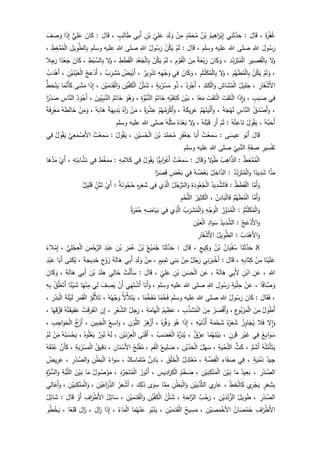 َ‫ة‬َ‫ر‬ْ‫ف‬ُ‫غ‬،َ‫ال‬َ‫ق‬:‫ي‬ِ‫ن‬َ‫ث‬َّ‫د‬َ‫ح‬ُ‫يم‬ِ‫اه‬َ‫ر‬ْ‫ب‬ِ‫إ‬ُ‫ن‬ْ‫ب‬ٍ‫د‬َّ‫م‬َ‫ح‬ُ‫م‬ْ‫ن‬ِ‫م‬ِ‫د‬َ‫ل‬ َ‫و‬ِ‫ي‬ِ‫ل‬َ‫ع‬ِ‫ن‬ْ‫ب‬‫ي‬ِ‫ب‬َ‫أ‬ٍ‫ب‬ِ‫ال‬َ‫ط‬،َ‫ال‬َ‫ق‬:َ‫ان‬َ‫ك‬‫ي‬ِ‫ل‬َ‫ع‬َ‫ذ‬ِ‫إ‬‫ا‬َ‫ف‬ َ‫ص‬ َ‫و‬
َ‫ول‬ُ‫س‬َ‫ر‬ِ‫للا‬‫وسلم‬ ‫عليه‬ ‫للا‬ ‫صلى‬،َ‫ال‬َ‫ق‬:ْ‫م‬َ‫ل‬ْ‫ن‬ُ‫ك‬َ‫ي‬ُ‫ول‬ُ‫س‬َ‫ر‬ِ‫للا‬‫وسلم‬ ‫عليه‬ ‫للا‬ ‫صلى‬ِ‫يل‬ ِ‫و‬َّ‫الط‬ِ‫ب‬ِ‫ط‬ِ‫غ‬َّ‫م‬ُ‫م‬ْ‫ل‬‫ا‬،
‫ل‬َ‫و‬ِ‫ير‬ ِ‫ص‬َ‫ق‬ْ‫ل‬‫ا‬ِ‫ب‬ِ‫د‬ِ‫د‬َ‫ر‬َ‫ت‬ُ‫م‬ْ‫ل‬‫ا‬،َ‫ان‬َ‫ك‬َ‫و‬‫ة‬َ‫ع‬ْ‫ب‬َ‫ر‬َ‫ن‬ِ‫م‬ِ‫م‬ْ‫و‬َ‫ق‬ْ‫ل‬‫ا‬،ْ‫م‬َ‫ل‬ْ‫ن‬ُ‫ك‬َ‫ي‬ِ‫د‬ْ‫ع‬َ‫ج‬ْ‫ل‬‫ا‬ِ‫ب‬ِ‫ط‬َ‫ط‬َ‫ق‬ْ‫ل‬‫ا‬،‫ل‬َ‫و‬ِ‫ط‬ْ‫ب‬ َّ‫الس‬ِ‫ب‬،َ‫ان‬َ‫ك‬َ‫ج‬‫ا‬‫د‬ْ‫ع‬‫ال‬ِ‫ج‬َ‫ر‬
،ْ‫م‬َ‫ل‬ َ‫و‬ْ‫ن‬ُ‫ك‬َ‫ي‬ِ‫م‬َّ‫ه‬َ‫ط‬ُ‫م‬ْ‫ل‬‫ا‬ِ‫ب‬،‫ل‬َ‫و‬ِ‫م‬َ‫ث‬ْ‫ل‬َ‫ك‬ُ‫م‬ْ‫ل‬‫ا‬ِ‫ب‬،َ‫ان‬َ‫ك‬َ‫و‬‫ي‬ِ‫ف‬ِ‫ه‬ِ‫ه‬ْ‫ج‬َ‫و‬‫ير‬ ِ‫و‬ْ‫د‬َ‫ت‬،ُ‫ض‬َ‫ي‬ْ‫َب‬‫أ‬‫ب‬َ‫ر‬َ‫ش‬ُ‫م‬،ُ‫ج‬َ‫ع‬ْ‫َد‬‫أ‬ِ‫ن‬ْ‫ي‬َ‫ن‬ْ‫ي‬َ‫ع‬ْ‫ل‬‫ا‬،ُ‫ب‬َ‫د‬ْ‫َه‬‫أ‬
ِ‫ار‬َ‫ف‬ ْ‫َش‬‫أل‬‫ا‬،ُ‫يل‬ِ‫ل‬َ‫ج‬ِ‫اش‬َ‫ش‬ُ‫م‬ْ‫ل‬‫ا‬ِ‫د‬َ‫ت‬َ‫ك‬ْ‫ل‬‫ا‬َ‫و‬،ُ‫د‬َ‫ر‬ْ‫َج‬‫أ‬،‫و‬ُ‫ذ‬ٍ‫ة‬َ‫ب‬ُ‫ر‬ْ‫س‬َ‫م‬،ُ‫ن‬ْ‫ث‬ َ‫ش‬ِ‫ن‬ْ‫ي‬َّ‫ف‬َ‫ك‬ْ‫ل‬‫ا‬ْ‫ل‬‫ا‬َ‫و‬ِ‫ن‬ْ‫ي‬َ‫م‬َ‫د‬َ‫ق‬،‫ا‬َ‫ذ‬ِ‫إ‬‫ى‬َ‫ش‬َ‫م‬‫ا‬َ‫م‬َّ‫َن‬‫أ‬َ‫ك‬‫ط‬َ‫ح‬ْ‫ن‬َ‫ي‬
‫ي‬ِ‫ف‬ٍ‫ب‬َ‫ب‬ َ‫ص‬،‫ا‬َ‫ذ‬ِ‫ا‬َ‫و‬َ‫ت‬َ‫ف‬َ‫ت‬ْ‫ل‬‫ا‬َ‫ت‬َ‫ف‬َ‫ت‬ْ‫ل‬‫ا‬‫ا‬‫ع‬َ‫م‬،َ‫ن‬ْ‫ي‬َ‫ب‬ِ‫ه‬ْ‫ي‬َ‫ف‬ِ‫ت‬َ‫ك‬ُ‫م‬َ‫ات‬َ‫خ‬ِ‫ة‬َّ‫و‬ُ‫ب‬‫الن‬،َ‫و‬ُ‫ه‬َ‫و‬ُ‫م‬َ‫ات‬َ‫خ‬َ‫ين‬ِ‫ي‬ِ‫ب‬َّ‫الن‬،ُ‫د‬َ‫و‬ْ‫َج‬‫أ‬ِ‫اس‬َّ‫الن‬‫ا‬‫ر‬ْ‫د‬ َ‫ص‬
،ُ‫ق‬َ‫د‬ ْ‫َص‬‫أ‬َ‫و‬ِ‫اس‬َّ‫الن‬‫ة‬َ‫ج‬ْ‫ه‬َ‫ل‬،ْ‫م‬ُ‫ه‬ُ‫ن‬َ‫ي‬ْ‫ل‬َ‫أ‬َ‫و‬‫ة‬َ‫يك‬ِ‫ر‬َ‫ع‬،َ‫و‬ْ‫م‬ُ‫ه‬ُ‫م‬َ‫ر‬ْ‫ك‬َ‫أ‬‫ة‬َ‫ر‬ْ‫ش‬ ِ‫ع‬،ْ‫ن‬َ‫م‬ُ‫آه‬َ‫ر‬‫ة‬َ‫يه‬ِ‫د‬َ‫ب‬ُ‫ه‬َ‫اب‬َ‫ه‬،ْ‫ن‬َ‫م‬َ‫و‬ُ‫ه‬َ‫ط‬َ‫ل‬‫ا‬َ‫خ‬‫ة‬َ‫ف‬ِ‫ر‬ْ‫ع‬َ‫م‬
ُ‫َّه‬‫ب‬َ‫َح‬‫أ‬،ُ‫ول‬ُ‫ق‬َ‫ي‬ُ‫ه‬ُ‫ت‬ ِ‫اع‬َ‫ن‬:ْ‫م‬َ‫ل‬َ‫َر‬‫أ‬ُ‫ه‬َ‫ل‬ْ‫ب‬َ‫ق‬،‫ل‬َ‫و‬ُ‫ه‬َ‫د‬ْ‫ع‬َ‫ب‬ُ‫ه‬َ‫ل‬ْ‫ث‬ِ‫م‬‫وسلم‬ ‫عليه‬ ‫للا‬ ‫صلى‬
َ‫ال‬َ‫ق‬‫و‬ُ‫َب‬‫أ‬‫ى‬َ‫يس‬ ِ‫ع‬:ُ‫ت‬ْ‫ع‬ِ‫م‬َ‫س‬‫ا‬َ‫َب‬‫أ‬ٍ‫ر‬َ‫ف‬ْ‫ع‬َ‫ج‬َ‫د‬َّ‫م‬َ‫ح‬ُ‫م‬َ‫ن‬ْ‫ب‬ِ‫ن‬ْ‫ي‬ َ‫س‬ُ‫ح‬ْ‫ل‬‫ا‬،ُ‫ق‬َ‫ي‬ُ‫ول‬:ُ‫ت‬ْ‫ع‬ِ‫م‬َ‫س‬َّ‫ي‬ِ‫ع‬َ‫م‬ ْ‫َص‬‫أل‬‫ا‬ُ‫ول‬ُ‫ق‬َ‫ي‬‫ي‬ِ‫ف‬
ِ‫ير‬ ِ‫س‬ْ‫ف‬َ‫ت‬ِ‫ة‬َ‫ف‬ ِ‫ص‬ِ‫ي‬ِ‫ب‬َّ‫الن‬‫وسلم‬ ‫عليه‬ ‫للا‬ ‫صلى‬
ُ‫ط‬ِ‫غ‬َّ‫م‬ُ‫م‬ْ‫ل‬‫ا‬:ُ‫ب‬ِ‫اه‬َّ‫الذ‬‫ل‬‫و‬ُ‫ط‬َ‫ال‬َ‫ق‬ َ‫و‬:ُ‫ت‬ْ‫ع‬ِ‫م‬َ‫س‬‫ًّا‬‫ي‬ِ‫ب‬‫ا‬َ‫ر‬ْ‫َع‬‫أ‬ُ‫ول‬ُ‫ق‬َ‫ي‬‫ي‬ِ‫ف‬ِ‫ه‬ِ‫الم‬َ‫ك‬:‫م‬َ‫ط‬َّ‫غ‬َ‫م‬‫ي‬ِ‫ف‬ِ‫ه‬ِ‫ت‬َ‫اب‬َّ‫ش‬َ‫ن‬،ْ‫َي‬‫أ‬‫ا‬َ‫ه‬َّ‫د‬َ‫م‬
‫ا‬ًّ‫د‬َ‫م‬‫ا‬‫يد‬ِ‫د‬َ‫ش‬ُ‫د‬ِ‫د‬َ‫ر‬َ‫ت‬ُ‫م‬ْ‫ل‬‫ا‬َ‫و‬:‫ا‬ُ‫ل‬ِ‫اخ‬َّ‫لد‬ُ‫ه‬ ُ‫ض‬ْ‫ع‬َ‫ب‬‫ي‬ِ‫ف‬ٍ‫ض‬ْ‫ع‬َ‫ب‬‫ا‬‫ر‬ َ‫ص‬ِ‫ق‬
‫ا‬َّ‫َم‬‫أ‬َ‫و‬ُ‫ط‬َ‫ط‬َ‫ق‬ْ‫ل‬‫ا‬:ُ‫يد‬ِ‫د‬َّ‫الش‬َ‫ف‬ِ‫ة‬َ‫ود‬ُ‫ع‬ُ‫ج‬ْ‫ل‬‫ا‬‫ال‬َ‫و‬‫ت‬ُ‫ل‬ُ‫ج‬َّ‫ر‬‫ي‬ِ‫ذ‬َّ‫ال‬‫ي‬ِ‫ف‬ِ‫ر‬َ‫ع‬َ‫ش‬ِ‫ه‬‫ة‬َ‫ون‬ُ‫ج‬ُ‫ح‬:ْ‫َي‬‫أ‬ٍ‫ن‬َ‫ث‬َ‫ت‬‫يل‬ِ‫ل‬َ‫ق‬
‫ا‬َّ‫َم‬‫أ‬َ‫و‬ُ‫م‬َّ‫ه‬َ‫ط‬ُ‫م‬ْ‫ل‬‫ا‬ُ‫ن‬ِ‫اد‬َ‫ب‬ْ‫ل‬‫ا‬َ‫ف‬،ُ‫ير‬ِ‫ث‬َ‫ك‬ْ‫ل‬‫ا‬ِ‫م‬ْ‫ح‬َّ‫الل‬
ُ‫م‬َ‫ث‬ْ‫ل‬َ‫ك‬ُ‫م‬ْ‫ل‬‫ا‬َ‫و‬:ُ‫ر‬َّ‫و‬َ‫د‬ُ‫م‬ْ‫ل‬‫ا‬ِ‫ه‬ْ‫ج‬َ‫و‬ْ‫ل‬‫ا‬َ‫و‬ُ‫ب‬َ‫ر‬َ‫ش‬ُ‫م‬ْ‫ل‬‫ا‬‫ي‬ِ‫ذ‬َّ‫ال‬‫ي‬ِ‫ف‬ِ‫ه‬ ِ‫اض‬َ‫ي‬َ‫ب‬‫ة‬َ‫ر‬ْ‫م‬ُ‫ح‬
ُ‫ج‬َ‫ع‬ْ‫َد‬‫أل‬‫ا‬َ‫و‬:ُ‫يد‬ِ‫د‬َّ‫الش‬ِ‫اد‬َ‫و‬َ‫س‬ِ‫ن‬ْ‫ي‬َ‫ع‬ْ‫ل‬‫ا‬
ُ‫ب‬َ‫د‬ْ‫َه‬‫أل‬‫ا‬َ‫و‬:ُ‫يل‬ ِ‫و‬َّ‫الط‬ِ‫ار‬َ‫ف‬ ْ‫َش‬‫أل‬‫ا‬
8‫ـ‬‫ا‬َ‫ن‬َ‫ث‬َّ‫د‬َ‫ح‬ُ‫ان‬َ‫ي‬ْ‫ف‬ُ‫س‬ُ‫ن‬ْ‫ب‬ٍ‫يع‬ِ‫ك‬َ‫و‬،َ‫ال‬َ‫ق‬:‫ا‬َ‫ن‬َ‫ث‬َّ‫د‬َ‫ح‬ُ‫ع‬ْ‫ي‬َ‫م‬ُ‫ج‬ُ‫ن‬ْ‫ب‬َ‫ر‬َ‫م‬ُ‫ع‬ِ‫ن‬ْ‫ب‬ِ‫د‬ْ‫ب‬َ‫ع‬ِ‫ن‬َ‫م‬ْ‫ح‬َّ‫الر‬‫ي‬ِ‫ل‬ْ‫ج‬ِ‫ع‬ْ‫ل‬‫ا‬،‫الء‬ْ‫م‬ِ‫إ‬
َ‫ع‬‫ا‬َ‫ن‬ْ‫ي‬َ‫ل‬ْ‫ن‬ِ‫م‬ِ‫ه‬ِ‫ب‬‫ا‬َ‫ت‬ِ‫ك‬،َ‫ال‬َ‫ق‬:‫ي‬ِ‫ن‬َ‫ر‬َ‫ب‬ْ‫َخ‬‫أ‬‫ل‬ُ‫ج‬َ‫ر‬ْ‫ن‬ِ‫م‬‫ي‬ِ‫ن‬َ‫ب‬ٍ‫يم‬ِ‫م‬َ‫ت‬،ْ‫ن‬ِ‫م‬ِ‫د‬َ‫ل‬ َ‫و‬‫ي‬ِ‫ب‬َ‫أ‬َ‫ة‬َ‫ل‬‫ا‬َ‫ه‬ِ‫ج‬ْ‫و‬َ‫ز‬َ‫ة‬َ‫يج‬ِ‫د‬َ‫خ‬،‫ى‬َ‫ن‬َ‫ك‬ُ‫ي‬‫ا‬َ‫َب‬‫أ‬ِ‫د‬ْ‫ب‬َ‫ع‬
ِ‫للا‬،ِ‫ن‬َ‫ع‬ٍ‫ن‬ْ‫اب‬‫ي‬ِ‫ب‬َ‫أل‬َ‫ة‬َ‫ل‬‫ا‬َ‫ه‬،ِ‫ن‬َ‫ع‬ِ‫ن‬ َ‫س‬َ‫ح‬ْ‫ل‬‫ا‬ِ‫ن‬ْ‫ب‬ٍ‫ي‬ِ‫ل‬َ‫ع‬،َ‫ال‬َ‫ق‬:ُ‫ت‬ْ‫ل‬َ‫أ‬َ‫س‬‫ي‬ِ‫ال‬َ‫خ‬َ‫د‬ْ‫ن‬ِ‫ه‬َ‫ن‬ْ‫ب‬‫ي‬ِ‫ب‬َ‫أ‬َ‫ة‬َ‫ل‬‫ا‬َ‫ه‬،َ‫ان‬َ‫ك‬َ‫و‬
‫ا‬‫اف‬ َّ‫ص‬ َ‫و‬،ْ‫ن‬َ‫ع‬ِ‫ة‬َ‫ي‬ْ‫ل‬ِ‫ح‬ِ‫ول‬ُ‫س‬َ‫ر‬ِ‫للا‬‫وسلم‬ ‫عليه‬ ‫للا‬ ‫صلى‬،‫ا‬َ‫َن‬‫أ‬َ‫و‬‫ي‬ِ‫ه‬َ‫ت‬ ْ‫َش‬‫أ‬ْ‫َن‬‫أ‬َ‫ف‬ ِ‫ص‬َ‫ي‬‫ي‬ِ‫ل‬‫ا‬َ‫ه‬ْ‫ن‬ِ‫م‬‫ا‬‫ئ‬ْ‫ي‬ َ‫ش‬ُ‫ق‬َّ‫ل‬َ‫ع‬َ‫َت‬‫أ‬ِ‫ه‬ِ‫ب‬
،َ‫ال‬َ‫ق‬َ‫ف‬:َ‫ان‬َ‫ك‬ُ‫ول‬ُ‫س‬َ‫ر‬ِ‫للا‬‫وسلم‬ ‫عليه‬ ‫للا‬ ‫صلى‬‫ا‬‫م‬ْ‫خ‬َ‫ف‬‫ا‬‫م‬َّ‫خ‬َ‫ف‬ُ‫م‬،ُ‫أل‬ْ‫أل‬َ‫ت‬َ‫ي‬ُ‫ه‬ُ‫ه‬ْ‫ج‬َ‫و‬،َ‫ؤ‬ُ‫ل‬ْ‫أل‬َ‫ت‬ِ‫ر‬َ‫م‬َ‫ق‬ْ‫ل‬‫ا‬ْ‫ي‬َ‫ل‬َ‫ة‬َ‫ل‬ِ‫ر‬ْ‫د‬َ‫ب‬ْ‫ل‬‫ا‬،
ُ‫ل‬ َ‫و‬ْ‫ط‬َ‫أ‬َ‫ن‬ِ‫م‬ِ‫ع‬‫و‬ُ‫ب‬ْ‫ر‬َ‫م‬ْ‫ل‬‫ا‬،ُ‫ر‬ َ‫ص‬ْ‫ق‬َ‫أ‬َ‫و‬َ‫ن‬ِ‫م‬ِ‫ب‬َّ‫ذ‬َ‫ش‬ُ‫م‬ْ‫ل‬‫ا‬،ُ‫يم‬ ِ‫ظ‬َ‫ع‬ِ‫ة‬َ‫ام‬َ‫ه‬ْ‫ل‬‫ا‬،ُ‫ل‬ِ‫ج‬َ‫ر‬ِ‫ر‬ْ‫ع‬َّ‫الش‬،ِ‫ن‬ِ‫إ‬ْ‫ت‬َ‫ق‬َ‫ر‬َ‫ف‬ْ‫ان‬ُ‫ه‬ُ‫ت‬َ‫يق‬ِ‫ق‬َ‫ع‬‫ا‬َ‫ه‬َ‫ق‬َّ‫ر‬َ‫ف‬،
‫ِل‬‫ا‬َ‫و‬‫ال‬َ‫ف‬ُ‫ز‬ِ‫او‬َ‫ج‬ُ‫ي‬ُ‫ر‬َ‫ع‬َ‫ش‬ُ‫ه‬َ‫ة‬َ‫م‬ْ‫ح‬ َ‫ش‬ِ‫ه‬ْ‫ي‬َ‫ن‬ُ‫ذ‬ُ‫أ‬،‫ا‬َ‫ذ‬ِ‫إ‬َ‫و‬ُ‫ه‬ُ‫ه‬َ‫ر‬َّ‫ف‬ َ‫و‬،ُ‫ر‬َ‫ه‬ْ‫َز‬‫أ‬ِ‫ن‬ ْ‫و‬َّ‫الل‬،ُ‫ع‬ ِ‫اس‬َ‫و‬ِ‫ين‬ِ‫ب‬َ‫ج‬ْ‫ل‬‫ا‬،‫ج‬َ‫َز‬‫أ‬ِ‫ب‬ِ‫اج‬َ‫و‬َ‫ح‬ْ‫ل‬‫ا‬،
َ‫غ‬ِ‫ب‬‫ا‬َ‫و‬َ‫س‬‫ي‬ِ‫ف‬ِ‫ر‬ْ‫ي‬َ‫غ‬ٍ‫ن‬َ‫ر‬َ‫ق‬،‫ا‬َ‫م‬ُ‫ه‬َ‫ن‬ْ‫ي‬َ‫ب‬‫ق‬ْ‫ر‬ِ‫ع‬،ُ‫ه‬‫ر‬ِ‫د‬ُ‫ي‬ُ‫ب‬ َ‫ض‬َ‫غ‬ْ‫ل‬‫ا‬،‫ى‬َ‫ن‬ْ‫ق‬َ‫أ‬ِ‫ن‬ْ‫ي‬َ‫ن‬ْ‫ر‬ِ‫ع‬ْ‫ل‬‫ا‬،ُ‫ه‬َ‫ل‬‫ور‬ُ‫ن‬ُ‫وه‬ُ‫ل‬ْ‫ع‬َ‫ي‬،ُ‫ه‬ُ‫ب‬ َ‫س‬ْ‫ح‬َ‫ي‬ْ‫ن‬َ‫م‬ْ‫م‬َ‫ل‬
ُ‫ه‬ْ‫ل‬َّ‫َم‬‫أ‬َ‫ت‬َ‫ي‬َّ‫م‬َ‫َش‬‫أ‬،‫ث‬َ‫ك‬ِ‫ة‬َ‫ي‬ْ‫ح‬ِ‫الل‬،ُ‫ل‬ْ‫ه‬َ‫س‬ِ‫ن‬ْ‫ي‬َّ‫خد‬ْ‫ل‬‫ا‬،ُ‫يع‬ِ‫ل‬ َ‫ض‬ِ‫م‬َ‫ف‬ْ‫ل‬‫ا‬،ُ‫ج‬َ‫ل‬ْ‫ف‬ُ‫م‬ِ‫ان‬َ‫ن‬ ْ‫َس‬‫أل‬‫ا‬،ُ‫يق‬ِ‫ق‬َ‫د‬ِ‫ة‬َ‫ب‬ُ‫ر‬ْ‫س‬َ‫م‬ْ‫ل‬‫ا‬،َّ‫َن‬‫أ‬َ‫ك‬ُ‫ه‬َ‫ق‬ُ‫ن‬ُ‫ع‬
ُ‫يد‬ِ‫ج‬ٍ‫ة‬َ‫ي‬ْ‫م‬ُ‫د‬،‫ي‬ِ‫ف‬ِ‫اء‬َ‫ف‬ َ‫ص‬ِ‫ة‬ َّ‫ض‬ِ‫ف‬ْ‫ل‬‫ا‬،ُ‫ل‬ِ‫د‬َ‫ت‬ْ‫ع‬ُ‫م‬ِ‫ق‬ْ‫ل‬َ‫خ‬ْ‫ل‬‫ا‬،‫ن‬ِ‫اد‬َ‫ب‬‫ك‬ِ‫اس‬َ‫م‬َ‫ت‬ُ‫م‬،ُ‫اء‬َ‫و‬َ‫س‬ِ‫ن‬ْ‫ط‬َ‫ب‬ْ‫ل‬‫ا‬ِ‫ر‬ْ‫د‬ َّ‫الص‬َ‫و‬،ُ‫يض‬ِ‫ر‬َ‫ع‬
ِ‫ر‬ْ‫د‬ َّ‫الص‬،ُ‫يد‬ِ‫ع‬َ‫ب‬‫ا‬َ‫م‬َ‫ن‬ْ‫ي‬َ‫ب‬ِ‫ن‬ْ‫ي‬َ‫ب‬ِ‫ك‬ْ‫ن‬َ‫م‬ْ‫ل‬‫ا‬،ْ‫خ‬ َ‫ض‬ُ‫م‬ِ‫يس‬ِ‫اد‬َ‫ر‬َ‫ك‬ْ‫ل‬‫ا‬،ُ‫ر‬َ‫و‬ْ‫َن‬‫أ‬ِ‫د‬َّ‫ر‬َ‫ج‬َ‫ت‬ُ‫م‬ْ‫ل‬‫ا‬،ُ‫ول‬ُ‫ص‬ ْ‫و‬َ‫م‬‫ا‬َ‫م‬َ‫ن‬ْ‫ي‬َ‫ب‬ِ‫َّة‬‫ب‬َّ‫الل‬ِ‫ة‬َّ‫ر‬‫الس‬َ‫و‬
ِ‫ب‬ٍ‫ر‬َ‫ع‬َ‫ش‬‫ي‬ِ‫ر‬ْ‫ج‬َ‫ي‬ِ‫ط‬َ‫خ‬ْ‫ل‬‫ا‬َ‫ك‬،‫ي‬ِ‫ار‬َ‫ع‬ِ‫ن‬ْ‫ي‬َ‫ي‬ْ‫د‬َّ‫الث‬ِ‫ن‬ْ‫ط‬َ‫ب‬ْ‫ل‬‫ا‬َ‫و‬‫ا‬َّ‫م‬ِ‫م‬‫ى‬َ‫و‬ِ‫س‬َ‫ك‬ِ‫ل‬َ‫ذ‬،ُ‫ر‬َ‫ع‬ْ‫َش‬‫أ‬ِ‫ن‬ْ‫ي‬َ‫اع‬َ‫ر‬ِ‫الذ‬،ِ‫ن‬ْ‫ي‬َ‫ب‬ِ‫ك‬ْ‫ن‬َ‫م‬ْ‫ل‬‫ا‬َ‫و‬،‫ي‬ِ‫ال‬َ‫َع‬‫أ‬َ‫و‬
ِ‫ر‬ْ‫د‬ َّ‫الص‬،ُ‫يل‬ ِ‫و‬َ‫ط‬َّ‫الز‬ِ‫ن‬ْ‫ي‬َ‫د‬ْ‫ن‬،ُ‫ب‬ْ‫ح‬َ‫ر‬ِ‫ة‬َ‫اح‬َّ‫الر‬،ُ‫ن‬ْ‫ث‬ َ‫ش‬ِ‫ن‬ْ‫ي‬َّ‫ف‬َ‫ك‬ْ‫ل‬‫ا‬ِ‫ن‬ْ‫ي‬َ‫م‬َ‫د‬َ‫ق‬ْ‫ل‬‫ا‬َ‫و‬،ُ‫ل‬ِ‫ائ‬َ‫س‬ِ‫اف‬َ‫ر‬ْ‫ط‬َ‫أل‬‫ا‬ْ‫َو‬‫أ‬َ‫ال‬َ‫ق‬:ُ‫ل‬ِ‫ائ‬َ‫ش‬
ِ‫اف‬َ‫ر‬ْ‫ط‬َ‫أل‬‫ا‬ُ‫ان‬ َ‫ص‬ْ‫م‬َ‫خ‬ِ‫ن‬ْ‫ي‬ َ‫ص‬َ‫م‬ْ‫َخ‬‫أل‬‫ا‬،ُ‫يح‬ ِ‫س‬َ‫م‬ِ‫ن‬ْ‫ي‬َ‫م‬َ‫د‬َ‫ق‬ْ‫ل‬‫ا‬،‫و‬ُ‫ب‬ْ‫ن‬َ‫ي‬‫ا‬َ‫م‬ُ‫ه‬ْ‫ن‬َ‫ع‬ُ‫اء‬َ‫م‬ْ‫ل‬‫ا‬،‫ا‬َ‫ذ‬ِ‫إ‬َ‫ال‬َ‫ز‬،َ‫ال‬َ‫ز‬‫ا‬‫ع‬ِ‫ل‬َ‫ق‬،‫و‬ُ‫ط‬ْ‫خ‬َ‫ي‬
 