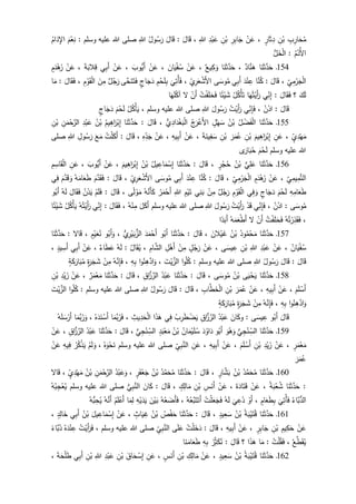 ِ‫ب‬ِ‫ار‬َ‫ح‬ُ‫م‬ِ‫ن‬ْ‫ب‬ٍ‫ار‬َ‫ث‬ِ‫د‬،ْ‫ن‬َ‫ع‬ِ‫ر‬ِ‫ب‬‫ا‬َ‫ج‬ِ‫ن‬ْ‫ب‬ِ‫د‬ْ‫ب‬َ‫ع‬ِ‫للا‬،َ‫ال‬َ‫ق‬:َ‫ال‬َ‫ق‬ُ‫ول‬ُ‫س‬َ‫ر‬ِ‫للا‬‫وسلم‬ ‫عليه‬ ‫للا‬ ‫صلى‬:َ‫م‬ْ‫ع‬ِ‫ن‬ُ‫ام‬َ‫د‬ِ‫اإل‬
ُ‫م‬ْ‫ُد‬‫أل‬‫ا‬:‫ل‬َ‫خ‬ْ‫ل‬‫ا‬
154‫ـ‬‫ا‬َ‫ن‬َ‫ث‬َّ‫د‬َ‫ح‬‫اد‬َّ‫ن‬َ‫ه‬،‫ا‬َ‫ن‬َ‫ث‬َّ‫د‬َ‫ح‬‫يع‬ِ‫ك‬َ‫و‬،َ‫ع‬ْ‫ن‬َ‫ان‬َ‫ي‬ْ‫ف‬ُ‫س‬،ْ‫ن‬َ‫ع‬َ‫وب‬‫َي‬‫أ‬،ْ‫ن‬َ‫ع‬‫ي‬ِ‫ب‬َ‫أ‬َ‫ة‬َ‫الب‬ِ‫ق‬،ْ‫ن‬َ‫ع‬ٍ‫م‬َ‫د‬ْ‫ه‬َ‫ز‬
ِ‫ي‬ِ‫م‬ْ‫ر‬َ‫ج‬ْ‫ل‬‫ا‬،َ‫ال‬َ‫ق‬:‫ا‬َّ‫ن‬ُ‫ك‬َ‫د‬ْ‫ن‬ ِ‫ع‬‫ي‬ِ‫ب‬َ‫أ‬‫ى‬َ‫وس‬ُ‫م‬ِ‫ي‬ِ‫ر‬َ‫ع‬ْ‫َش‬‫أل‬‫ا‬،
َ
‫ي‬ِ‫ُت‬‫أ‬َ‫ف‬ِ‫م‬ْ‫ح‬َ‫ل‬ِ‫ب‬ٍ‫اج‬َ‫ج‬َ‫د‬‫َّى‬‫ح‬َ‫ن‬َ‫ت‬َ‫ف‬‫ل‬ُ‫ج‬َ‫ر‬َ‫ن‬ِ‫م‬ِ‫م‬ْ‫و‬َ‫ق‬ْ‫ل‬‫ا‬،َ‫ال‬َ‫ق‬َ‫ف‬:‫ا‬َ‫م‬
َ‫ك‬َ‫ل‬‫؟‬َ‫ال‬َ‫ق‬َ‫ف‬:‫ي‬ِ‫ن‬ِ‫إ‬‫ا‬َ‫ه‬ُ‫ت‬ْ‫َي‬‫أ‬َ‫ر‬ُ‫ل‬ُ‫ك‬ْ‫أ‬َ‫ت‬ْ‫ي‬ َ‫ش‬‫ا‬‫ئ‬ُ‫ت‬ْ‫ف‬َ‫ل‬َ‫ح‬َ‫ف‬ْ‫َن‬‫أ‬‫ل‬‫ا‬َ‫ه‬َ‫ل‬ُ‫آك‬
َ‫ال‬َ‫ق‬:ُ‫ن‬ْ‫اد‬،‫ي‬ِ‫ن‬ِ‫إ‬َ‫ف‬ُ‫ت‬ْ‫َي‬‫أ‬َ‫ر‬َ‫ول‬ُ‫س‬َ‫ر‬ِ‫للا‬‫وسلم‬ ‫عليه‬ ‫للا‬ ‫صلى‬،ُ‫ل‬ُ‫ك‬ْ‫أ‬َ‫ي‬َ‫م‬ْ‫ح‬َ‫ل‬ٍ‫اج‬َ‫ج‬َ‫د‬
155‫ـ‬‫ا‬َ‫ن‬َ‫ث‬َّ‫د‬َ‫ح‬ُ‫ل‬ ْ‫ض‬َ‫ف‬ْ‫ل‬‫ا‬ُ‫ن‬ْ‫ب‬ٍ‫ل‬ْ‫ه‬َ‫س‬ُ‫ج‬َ‫ر‬ْ‫َع‬‫أل‬‫ا‬‫ي‬ِ‫اد‬َ‫د‬ْ‫غ‬َ‫ب‬ْ‫ل‬‫ا‬،َ‫ال‬َ‫ق‬:‫ا‬َ‫ن‬َ‫ث‬َّ‫د‬َ‫ح‬ُ‫يم‬ِ‫اه‬َ‫ر‬ْ‫ب‬ِ‫إ‬ُ‫ن‬ْ‫ب‬ِ‫د‬ْ‫ب‬َ‫ع‬ِ‫ن‬َ‫م‬ْ‫ح‬َّ‫الر‬ِ‫ن‬ْ‫ب‬
َ‫م‬ٍ‫ي‬ِ‫د‬ْ‫ه‬،ِ‫ن‬َ‫ع‬َ‫يم‬ِ‫اه‬َ‫ر‬ْ‫ب‬ِ‫إ‬ِ‫ن‬ْ‫ب‬َ‫ر‬َ‫م‬ُ‫ع‬ِ‫ن‬ْ‫ب‬َ‫ة‬َ‫ين‬ِ‫ف‬ َ‫س‬،ْ‫ن‬َ‫ع‬ِ‫يه‬ِ‫ب‬َ‫أ‬،ْ‫ن‬َ‫ع‬ِ‫ه‬ِ‫د‬َ‫ج‬،َ‫ال‬َ‫ق‬:ُ‫ت‬ْ‫ل‬َ‫َك‬‫أ‬َ‫ع‬َ‫م‬ِ‫ول‬ُ‫س‬َ‫ر‬ِ‫للا‬‫صلى‬
‫وسلم‬ ‫عليه‬ ‫للا‬َ‫م‬ْ‫ح‬َ‫ل‬‫ى‬َ‫ار‬َ‫ب‬ُ‫ح‬
156‫ـ‬‫ا‬َ‫ن‬َ‫ث‬َّ‫د‬َ‫ح‬‫ي‬ِ‫ل‬َ‫ع‬ُ‫ن‬ْ‫ب‬ٍ‫ر‬ْ‫ج‬ُ‫ح‬،َ‫ال‬َ‫ق‬:‫ا‬َ‫ن‬َ‫ث‬َّ‫د‬َ‫ح‬ُ‫يل‬ ِ‫اع‬َ‫م‬ْ‫س‬ِ‫إ‬ُ‫ن‬ْ‫ب‬َ‫يم‬ِ‫اه‬َ‫ر‬ْ‫ب‬ِ‫إ‬،ْ‫ن‬َ‫ع‬َ‫أ‬َ‫وب‬‫ي‬،ِ‫ن‬َ‫ع‬ِ‫م‬ِ‫اس‬َ‫ق‬ْ‫ل‬‫ا‬
ِ‫ي‬ِ‫يم‬ِ‫م‬َّ‫الت‬،ْ‫ن‬َ‫ع‬ٍ‫م‬َ‫د‬ْ‫ه‬َ‫ز‬ِ‫ي‬ِ‫م‬ْ‫ر‬َ‫ج‬ْ‫ل‬‫ا‬،َ‫ال‬َ‫ق‬:‫ا‬َّ‫ن‬ُ‫ك‬َ‫د‬ْ‫ن‬ ِ‫ع‬‫ي‬ِ‫ب‬َ‫أ‬‫ى‬َ‫وس‬ُ‫م‬ِ‫ي‬ِ‫ر‬َ‫ع‬ْ‫َش‬‫أل‬‫ا‬،َ‫ال‬َ‫ق‬:َ‫م‬َّ‫د‬َ‫ق‬َ‫ف‬ُ‫ه‬َ‫ام‬َ‫ع‬َ‫ط‬َ‫م‬َّ‫د‬َ‫ق‬ َ‫و‬‫ي‬ِ‫ف‬
ِ‫ه‬ِ‫ام‬َ‫ع‬َ‫ط‬َ‫م‬ْ‫ح‬َ‫ل‬ٍ‫اج‬َ‫ج‬َ‫د‬‫ي‬ِ‫ف‬ َ‫و‬ِ‫م‬ْ‫و‬َ‫ق‬ْ‫ل‬‫ا‬‫ل‬ُ‫ج‬َ‫ر‬ْ‫ن‬ِ‫م‬‫ي‬ِ‫ن‬َ‫ب‬ِ‫م‬ْ‫ي‬َ‫ت‬ِ‫للا‬ُ‫ر‬َ‫م‬ْ‫َح‬‫أ‬ُ‫ه‬َّ‫َن‬‫أ‬َ‫ك‬َ‫م‬‫ى‬‫ل‬ ْ‫و‬،َ‫ال‬َ‫ق‬:ْ‫م‬َ‫ل‬َ‫ف‬ُ‫ن‬ْ‫د‬َ‫ي‬َ‫ال‬َ‫ق‬َ‫ف‬ُ‫ه‬َ‫ل‬‫و‬ُ‫َب‬‫أ‬
‫ى‬َ‫وس‬ُ‫م‬:ُ‫ن‬ْ‫اد‬،‫ي‬ِ‫ن‬ِ‫إ‬َ‫ف‬ْ‫د‬َ‫ق‬ُ‫ت‬ْ‫َي‬‫أ‬َ‫ر‬َ‫ول‬ُ‫س‬َ‫ر‬ِ‫للا‬‫وسلم‬ ‫عليه‬ ‫للا‬ ‫صلى‬َ‫ل‬َ‫َك‬‫أ‬ُ‫ه‬ْ‫ن‬ِ‫م‬،َ‫ال‬َ‫ق‬َ‫ف‬:‫ي‬ِ‫ن‬ِ‫إ‬ُ‫ه‬ُ‫ت‬ْ‫َي‬‫أ‬َ‫ر‬ُ‫ل‬ُ‫ك‬ْ‫أ‬َ‫ي‬‫ا‬‫ئ‬ْ‫ي‬ َ‫ش‬
،ُ‫ه‬ُ‫ت‬ْ‫ر‬ِ‫ذ‬َ‫ق‬َ‫ف‬ُ‫ت‬ْ‫ف‬َ‫ل‬َ‫ح‬َ‫ف‬ْ‫َن‬‫أ‬‫ل‬ُ‫ه‬َ‫م‬َ‫ع‬ْ‫ط‬َ‫أ‬‫ا‬‫د‬َ‫َب‬‫أ‬
157‫ـ‬‫ا‬َ‫ن‬َ‫ث‬َّ‫د‬َ‫ح‬َ‫م‬ُ‫ود‬ُ‫م‬ْ‫ح‬ُ‫ن‬ْ‫ب‬َ‫الن‬ْ‫ي‬َ‫غ‬،َ‫ال‬َ‫ق‬:‫ا‬َ‫ن‬َ‫ث‬َّ‫د‬َ‫ح‬‫و‬ُ‫َب‬‫أ‬َ‫د‬َ‫م‬ْ‫َح‬‫أ‬‫ي‬ِ‫ر‬ْ‫ي‬َ‫ب‬‫الز‬،‫و‬ُ‫َب‬‫أ‬َ‫و‬ٍ‫م‬ْ‫ي‬َ‫ع‬ُ‫ن‬،‫ال‬َ‫ق‬:‫ا‬َ‫ن‬َ‫ث‬َّ‫د‬َ‫ح‬
ُ‫ان‬َ‫ي‬ْ‫ف‬ُ‫س‬،ْ‫ن‬َ‫ع‬ِ‫د‬ْ‫ب‬َ‫ع‬ِ‫للا‬ِ‫ن‬ْ‫ب‬‫ى‬َ‫يس‬ ِ‫ع‬،ْ‫ن‬َ‫ع‬ٍ‫ل‬ُ‫ج‬َ‫ر‬ْ‫ن‬ِ‫م‬ِ‫ل‬ْ‫َه‬‫أ‬ِ‫ام‬َّ‫الش‬،ُ‫ال‬َ‫ق‬ُ‫ي‬:ُ‫ه‬َ‫ل‬‫اء‬َ‫ط‬َ‫ع‬،ْ‫ن‬َ‫ع‬‫ي‬ِ‫ب‬َ‫أ‬ٍ‫يد‬ ِ‫َس‬‫أ‬،
َ‫ال‬َ‫ق‬:َ‫ال‬َ‫ق‬ُ‫س‬َ‫ر‬ُ‫ول‬ِ‫للا‬‫وسلم‬ ‫عليه‬ ‫للا‬ ‫صلى‬:‫ا‬‫و‬ُ‫ل‬ُ‫ك‬َ‫ت‬ْ‫ي‬َّ‫الز‬،‫ا‬‫و‬ُ‫ن‬ِ‫ه‬َّ‫اد‬َ‫و‬ِ‫ه‬ِ‫ب‬،ُ‫ه‬َّ‫ن‬ِ‫إ‬َ‫ف‬ْ‫ن‬ِ‫م‬ٍ‫ة‬َ‫ر‬َ‫ج‬ َ‫ش‬ٍ‫ة‬َ‫ك‬َ‫ار‬َ‫ب‬ُ‫م‬
158‫ـ‬‫ا‬َ‫ن‬َ‫ث‬َّ‫د‬َ‫ح‬‫ى‬َ‫ي‬ْ‫ح‬َ‫ي‬ُ‫ن‬ْ‫ب‬‫ى‬َ‫وس‬ُ‫م‬،َ‫ال‬َ‫ق‬:‫ا‬َ‫ن‬َ‫ث‬َّ‫د‬َ‫ح‬ُ‫د‬ْ‫ب‬َ‫ع‬ِ‫اق‬َّ‫ز‬َّ‫الر‬،َ‫ال‬َ‫ق‬:‫ا‬َ‫ن‬َ‫ث‬َّ‫د‬َ‫ح‬‫ر‬َ‫م‬ْ‫ع‬َ‫م‬،ْ‫ن‬َ‫ع‬ِ‫د‬ْ‫ي‬َ‫ز‬ِ‫ن‬ْ‫ب‬
َ‫م‬َ‫ل‬ ْ‫َس‬‫أ‬،ْ‫ن‬َ‫ع‬ِ‫يه‬ِ‫ب‬َ‫أ‬،ْ‫ن‬َ‫ع‬َ‫ر‬َ‫م‬ُ‫ع‬ِ‫ن‬ْ‫ب‬ِ‫اب‬َّ‫ط‬َ‫خ‬ْ‫ل‬‫ا‬،َ‫ال‬َ‫ق‬:َ‫ال‬َ‫ق‬ُ‫ول‬ُ‫س‬َ‫ر‬ِ‫للا‬‫وسلم‬ ‫عليه‬ ‫للا‬ ‫صلى‬:‫ا‬‫و‬ُ‫ل‬ُ‫ك‬َ‫ت‬ْ‫ي‬َّ‫الز‬
‫ا‬‫و‬ُ‫ن‬ِ‫ه‬َّ‫اد‬َ‫و‬ِ‫ه‬ِ‫ب‬،ُ‫ه‬َّ‫ن‬ِ‫إ‬َ‫ف‬ْ‫ن‬ِ‫م‬ٍ‫ة‬َ‫ر‬َ‫ج‬ َ‫ش‬ٍ‫ة‬َ‫ك‬َ‫ار‬َ‫ب‬ُ‫م‬
َ‫ال‬َ‫ق‬‫و‬ُ‫َب‬‫أ‬‫ى‬َ‫يس‬ ِ‫ع‬:َ‫ان‬َ‫وك‬ُ‫د‬ْ‫ب‬َ‫ع‬ِ‫اق‬َّ‫ز‬َّ‫الر‬ُ‫ب‬ِ‫ر‬َ‫ط‬ ْ‫ض‬َ‫ي‬‫ي‬ِ‫ف‬‫ا‬َ‫ذ‬َ‫ه‬ِ‫يث‬ِ‫د‬َ‫ح‬ْ‫ل‬‫ا‬،‫ا‬َ‫َّم‬‫ب‬ُ‫ر‬َ‫ف‬َ‫د‬َ‫ن‬ ْ‫َس‬‫أ‬ُ‫ه‬،‫ا‬َ‫َّم‬‫ب‬ُ‫ر‬َ‫و‬ُ‫ه‬َ‫ل‬ َ‫س‬ْ‫َر‬‫أ‬
159‫ـ‬‫ا‬َ‫ن‬َ‫ث‬َّ‫د‬َ‫ح‬‫ي‬ِ‫ج‬ْ‫ن‬ ِ‫الس‬َ‫و‬ُ‫ه‬َ‫و‬‫و‬ُ‫َب‬‫أ‬َ‫د‬ُ‫او‬َ‫د‬ُ‫ان‬َ‫م‬ْ‫ي‬َ‫ل‬ُ‫س‬ُ‫ن‬ْ‫ب‬ٍ‫د‬َ‫ب‬ْ‫ع‬َ‫م‬‫ي‬ِ‫ج‬ْ‫ن‬ ِ‫الس‬،َ‫ال‬َ‫ق‬:‫ا‬َ‫ن‬َ‫ث‬َّ‫د‬َ‫ح‬ُ‫د‬ْ‫ب‬َ‫ع‬ِ‫اق‬َّ‫ز‬َّ‫الر‬،ْ‫ن‬َ‫ع‬
ٍ‫ر‬َ‫م‬ْ‫ع‬َ‫م‬،ْ‫ن‬َ‫ع‬ِ‫د‬ْ‫ي‬َ‫ز‬ِ‫ن‬ْ‫ب‬َ‫م‬َ‫ل‬ ْ‫َس‬‫أ‬،ْ‫ن‬َ‫ع‬ِ‫يه‬ِ‫ب‬َ‫أ‬،ِ‫ن‬َ‫ع‬ِ‫ي‬ِ‫ب‬َّ‫الن‬‫وسلم‬ ‫عليه‬ ‫للا‬ ‫صلى‬ْ‫ح‬َ‫ن‬ُ‫ه‬َ‫و‬،ْ‫م‬َ‫ل‬ َ‫و‬ْ‫ر‬ُ‫ك‬ْ‫ذ‬َ‫ي‬ِ‫يه‬ِ‫ف‬ْ‫ن‬َ‫ع‬
َ‫ر‬َ‫م‬ُ‫ع‬
161‫ـ‬‫ا‬َ‫ن‬َ‫ث‬َّ‫د‬َ‫ح‬ُ‫د‬َّ‫م‬َ‫ح‬ُ‫م‬ُ‫ن‬ْ‫ب‬ٍ‫ار‬َّ‫ش‬َ‫ب‬،َ‫ال‬َ‫ق‬:‫ا‬َ‫ن‬َ‫ث‬َّ‫د‬َ‫ح‬ُ‫د‬َّ‫م‬َ‫ح‬ُ‫م‬ُ‫ن‬ْ‫ب‬ٍ‫ر‬َ‫ف‬ْ‫ع‬َ‫ج‬،ُ‫د‬ْ‫ب‬َ‫ع‬َ‫و‬ِ‫ن‬َ‫م‬ْ‫ح‬َّ‫الر‬ُ‫ن‬ْ‫ب‬ٍ‫ي‬ِ‫د‬ْ‫ه‬َ‫م‬،‫ال‬َ‫ق‬
:‫ا‬َ‫ن‬َ‫ث‬َّ‫د‬َ‫ح‬ُ‫ة‬َ‫ب‬ْ‫ع‬ُ‫ش‬،ْ‫ن‬َ‫ع‬َ‫ة‬َ‫اد‬َ‫ت‬َ‫ق‬،ْ‫ن‬َ‫ع‬ِ‫س‬َ‫َن‬‫أ‬ِ‫ن‬ْ‫ب‬ٍ‫ك‬ِ‫ال‬َ‫م‬،َ‫ال‬َ‫ق‬:َ‫ان‬َ‫ك‬‫ا‬‫ي‬ِ‫ب‬َّ‫لن‬‫وسلم‬ ‫عليه‬ ‫للا‬ ‫صلى‬ُ‫ه‬ُ‫ب‬ِ‫ج‬ْ‫ع‬ُ‫ي‬
ُ‫َّاء‬‫ب‬‫الد‬
َ
‫ي‬ِ‫ُت‬‫أ‬َ‫ف‬ٍ‫ام‬َ‫ع‬َ‫ط‬ِ‫ب‬،ْ‫َو‬‫أ‬
َ
‫ي‬ِ‫ع‬ُ‫د‬ُ‫ه‬َ‫ل‬ُ‫ت‬ْ‫ل‬َ‫ع‬َ‫ج‬َ‫ف‬ُ‫ه‬ُ‫َّع‬‫ب‬َ‫ت‬َ‫َت‬‫أ‬،ُ‫ه‬ُ‫ع‬ َ‫َض‬‫أ‬َ‫ف‬َ‫ن‬ْ‫ي‬َ‫ب‬ِ‫ه‬ْ‫ي‬َ‫د‬َ‫ي‬‫ا‬َ‫م‬ِ‫ل‬ُ‫م‬َ‫ل‬ْ‫َع‬‫أ‬ُ‫ه‬َّ‫َن‬‫أ‬ُ‫ه‬‫ب‬ِ‫ح‬ُ‫ي‬
161‫ـ‬‫ا‬َ‫ن‬َ‫ث‬َّ‫د‬َ‫ح‬ُ‫ة‬َ‫ب‬ْ‫ي‬َ‫ت‬ُ‫ق‬ُ‫ن‬ْ‫ب‬ٍ‫يد‬ِ‫ع‬َ‫س‬،َ‫ال‬َ‫ق‬:‫ا‬َ‫ن‬َ‫ث‬َّ‫د‬َ‫ح‬ُ‫ص‬ْ‫ف‬َ‫ح‬ُ‫ن‬ْ‫ب‬‫ا‬َ‫ي‬ ِ‫غ‬ٍ‫ث‬،ْ‫ن‬َ‫ع‬َ‫يل‬ ِ‫اع‬َ‫م‬ْ‫س‬ِ‫إ‬ُ‫ن‬ْ‫ب‬‫ي‬ِ‫ب‬َ‫أ‬ٍ‫د‬ِ‫ال‬َ‫خ‬،
ْ‫ن‬َ‫ع‬ِ‫يم‬ِ‫ك‬َ‫ح‬ِ‫ن‬ْ‫ب‬ٍ‫ر‬ِ‫ب‬‫ا‬َ‫ج‬،ْ‫ن‬َ‫ع‬ِ‫يه‬ِ‫ب‬َ‫أ‬،َ‫ال‬َ‫ق‬:ُ‫ت‬ْ‫ل‬َ‫خ‬َ‫د‬‫ى‬َ‫ل‬َ‫ع‬ِ‫ي‬ِ‫ب‬َّ‫الن‬‫وسلم‬ ‫عليه‬ ‫للا‬ ‫صلى‬،ُ‫ت‬ْ‫َي‬‫أ‬َ‫ر‬َ‫ف‬ُ‫ه‬َ‫د‬ْ‫ن‬ ِ‫ع‬‫َّاء‬‫ب‬ُ‫د‬
ُ‫ع‬َّ‫ط‬َ‫ق‬ُ‫ي‬،ُ‫ت‬ْ‫ل‬ُ‫ق‬َ‫ف‬:‫ا‬َ‫م‬‫ا‬َ‫ذ‬َ‫ه‬‫؟‬َ‫ال‬َ‫ق‬:ُ‫ر‬ِ‫ث‬َ‫ك‬ُ‫ن‬ِ‫ه‬ِ‫ب‬‫ا‬َ‫ن‬َ‫ام‬َ‫ع‬َ‫ط‬
162‫ـ‬‫ا‬َ‫ن‬َ‫ث‬َّ‫د‬َ‫ح‬ُ‫ة‬َ‫ب‬ْ‫ي‬َ‫ت‬ُ‫ق‬ُ‫ن‬ْ‫ب‬ٍ‫يد‬ِ‫ع‬َ‫س‬،ْ‫ن‬َ‫ع‬ِ‫ك‬ِ‫ال‬َ‫م‬ِ‫ن‬ْ‫ب‬ٍ‫س‬َ‫َن‬‫أ‬،ِ‫ن‬َ‫ع‬َ‫اق‬َ‫ح‬ ْ‫س‬ِ‫إ‬ِ‫ن‬ْ‫ب‬ِ‫د‬ْ‫ب‬َ‫ع‬ِ‫للا‬ِ‫ن‬ْ‫ب‬‫ي‬ِ‫ب‬َ‫أ‬َ‫ة‬َ‫ح‬ْ‫ل‬َ‫ط‬،
 