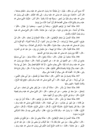ُ‫ه‬َّ‫َن‬‫أ‬َ‫ع‬ِ‫م‬َ‫س‬َ‫س‬َ‫َن‬‫أ‬َ‫ن‬ْ‫ب‬ٍ‫ك‬ِ‫ال‬َ‫م‬،ُ‫ول‬ُ‫ق‬َ‫ي‬:َّ‫ن‬ِ‫إ‬‫ا‬‫َّاط‬‫ي‬َ‫خ‬‫ا‬َ‫ع‬َ‫د‬َ‫ول‬ُ‫س‬َ‫ر‬ِ‫للا‬‫وسلم‬ ‫عليه‬ ‫للا‬ ‫صلى‬،ٍ‫ام‬َ‫ع‬َ‫ط‬ِ‫ل‬ُ‫ه‬َ‫ع‬َ‫ن‬ َ‫ص‬،
َ‫ال‬َ‫ق‬‫س‬َ‫َن‬‫أ‬:ْ‫ب‬َ‫ه‬َ‫ذ‬َ‫ف‬ُ‫ت‬َ‫ع‬َ‫م‬ِ‫ول‬ُ‫س‬َ‫ر‬ِ‫للا‬‫وسلم‬ ‫عليه‬ ‫للا‬ ‫صلى‬،‫ى‬َ‫ل‬ِ‫إ‬َ‫ك‬ِ‫ل‬َ‫ذ‬ِ‫ام‬َ‫ع‬َّ‫الط‬،َ‫ب‬َّ‫ر‬َ‫ق‬َ‫ف‬‫ى‬َ‫ل‬ِ‫إ‬ِ‫ول‬ُ‫س‬َ‫ر‬ِ‫للا‬
‫وسلم‬ ‫عليه‬ ‫للا‬ ‫صلى‬‫ا‬‫ز‬ْ‫ب‬ُ‫خ‬ْ‫ن‬ِ‫م‬ٍ‫ير‬ِ‫ع‬َ‫ش‬،‫ا‬‫ق‬َ‫ر‬َ‫م‬َ‫و‬ِ‫يه‬ِ‫ف‬‫َّاء‬‫ب‬ُ‫د‬‫يد‬ِ‫د‬َ‫ق‬ َ‫و‬،َ‫ال‬َ‫ق‬ُ‫س‬َ‫َن‬‫أ‬:ُ‫ت‬ْ‫َي‬‫أ‬َ‫ر‬َ‫ف‬َّ‫ي‬ِ‫ب‬َّ‫الن‬‫للا‬ ‫صلى‬
‫وسلم‬ ‫عليه‬ُ‫َّع‬‫ب‬َ‫ت‬َ‫ت‬َ‫ي‬‫َّا‬‫ب‬‫الد‬َ‫ء‬ِ‫ي‬َ‫ل‬‫ا‬َ‫و‬َ‫ح‬ِ‫ة‬َ‫ع‬ ْ‫ص‬َ‫ق‬ْ‫ل‬‫ا‬ْ‫م‬َ‫ل‬َ‫ف‬ْ‫ل‬َ‫َز‬‫أ‬‫ب‬ِ‫ُح‬‫أ‬َ‫َّاء‬‫ب‬‫الد‬ْ‫ن‬ِ‫م‬ٍ‫ذ‬ِ‫ئ‬ِ‫م‬ْ‫و‬َ‫ي‬
163‫ـ‬‫ا‬َ‫ن‬َ‫ث‬َّ‫د‬َ‫ح‬ُ‫د‬َ‫م‬ْ‫َح‬‫أ‬ُ‫ن‬ْ‫ب‬َ‫يم‬ِ‫اه‬َ‫ر‬ْ‫ب‬ِ‫إ‬‫ي‬ِ‫ق‬َ‫ر‬ْ‫و‬َّ‫الد‬،ُ‫ة‬َ‫م‬َ‫ل‬ َ‫س‬ َ‫و‬ُ‫ن‬ْ‫ب‬ٍ‫يب‬ِ‫ب‬ َ‫ش‬،ُ‫ود‬ُ‫م‬ْ‫ح‬َ‫م‬َ‫و‬ُ‫ن‬ْ‫ب‬َ‫الن‬ْ‫ي‬َ‫غ‬،‫ا‬‫و‬ُ‫ل‬‫ا‬َ‫ق‬:
‫ا‬َ‫ن‬َ‫ث‬َّ‫د‬َ‫ح‬‫و‬ُ‫َب‬‫أ‬َ‫ة‬َ‫ام‬َ‫ُس‬‫أ‬،ْ‫ن‬َ‫ع‬ِ‫ام‬َ‫ش‬ِ‫ه‬ِ‫ن‬ْ‫ب‬َ‫ة‬َ‫و‬ْ‫ر‬ُ‫ع‬،ْ‫ن‬َ‫ع‬ِ‫يه‬ِ‫ب‬َ‫أ‬،ْ‫ن‬َ‫ع‬َ‫ة‬ َ‫ش‬ِ‫ائ‬َ‫ع‬،ْ‫ت‬َ‫ل‬‫ا‬َ‫ق‬:َ‫ان‬َ‫ك‬‫ي‬ِ‫ب‬َّ‫الن‬‫عليه‬ ‫للا‬ ‫صلى‬
‫وسلم‬‫ب‬ِ‫ح‬ُ‫ي‬َ‫اء‬َ‫و‬ْ‫ل‬َ‫ح‬ْ‫ل‬‫ا‬َ‫ل‬ َ‫س‬َ‫ع‬ْ‫ل‬‫ا‬َ‫و‬
164‫ـ‬‫ا‬َ‫ن‬َ‫ث‬َّ‫د‬َ‫ح‬ُ‫ن‬ َ‫س‬َ‫ح‬ْ‫ل‬‫ا‬ُ‫ن‬ْ‫ب‬ٍ‫د‬َّ‫م‬َ‫ح‬ُ‫م‬‫ي‬ِ‫ان‬َ‫ر‬َ‫ف‬ْ‫ع‬َّ‫الز‬،َ‫ال‬َ‫ق‬:‫ا‬َ‫ن‬َ‫ث‬َّ‫د‬َ‫ح‬ُ‫َّاج‬‫ج‬َ‫ح‬ْ‫ل‬‫ا‬ُ‫ن‬ْ‫ب‬ٍ‫د‬َّ‫م‬َ‫ح‬ُ‫م‬،َ‫ال‬َ‫ق‬:َ‫ال‬َ‫ق‬ُ‫ن‬ْ‫اب‬
ٍ‫ج‬ْ‫ي‬َ‫ر‬ُ‫ج‬:َ‫أ‬‫ي‬ِ‫ن‬َ‫ر‬َ‫ب‬ْ‫خ‬ُ‫د‬َّ‫م‬َ‫ح‬ُ‫م‬ُ‫ن‬ْ‫ب‬َ‫ف‬ُ‫وس‬ُ‫ي‬،َّ‫َن‬‫أ‬َ‫اء‬َ‫ط‬َ‫ع‬َ‫ن‬ْ‫ب‬ٍ‫ار‬َ‫س‬َ‫ي‬ُ‫ه‬َ‫ر‬َ‫ب‬ْ‫َخ‬‫أ‬،َّ‫َن‬‫أ‬َّ‫ُم‬‫أ‬َ‫ة‬َ‫م‬َ‫ل‬ َ‫س‬ُ‫ه‬ْ‫ت‬َ‫ر‬َ‫ب‬ْ‫َخ‬‫أ‬،‫ا‬َ‫ه‬َّ‫َن‬‫أ‬ْ‫ت‬َ‫ب‬َّ‫ر‬َ‫ق‬‫ى‬َ‫ل‬ِ‫إ‬
ِ‫ول‬ُ‫س‬َ‫ر‬ِ‫للا‬‫وسلم‬ ‫عليه‬ ‫للا‬ ‫صلى‬،‫ا‬‫ب‬ْ‫ن‬َ‫ج‬‫ًّا‬‫ي‬ ِ‫و‬ْ‫ش‬َ‫م‬،َ‫ل‬َ‫َك‬‫أ‬َ‫ف‬ُ‫ه‬ْ‫ن‬ِ‫م‬،َّ‫م‬ُ‫ث‬َ‫ام‬َ‫ق‬‫ى‬َ‫ل‬ِ‫إ‬ِ‫الة‬ َّ‫الص‬،‫ا‬َ‫م‬َ‫و‬َ‫أ‬ َّ‫ض‬ َ‫و‬َ‫ت‬
165‫ـ‬‫ا‬َ‫ن‬َ‫ث‬َّ‫د‬َ‫ح‬ُ‫ة‬َ‫ب‬ْ‫ي‬َ‫ت‬ُ‫ق‬،َ‫ال‬َ‫ق‬:‫ا‬َ‫ن‬َ‫ث‬َّ‫د‬َ‫ح‬ُ‫ن‬ْ‫اب‬َ‫ة‬َ‫يع‬ِ‫ه‬َ‫ل‬،ْ‫ن‬َ‫ع‬َ‫ان‬َ‫م‬ْ‫ي‬َ‫ل‬ُ‫س‬ِ‫ن‬ْ‫ب‬ٍ‫اد‬َ‫ي‬ِ‫ز‬،ْ‫ن‬َ‫ع‬ِ‫د‬ْ‫ب‬َ‫ع‬ِ‫للا‬ِ‫ن‬ْ‫ب‬ِ‫ث‬ِ‫ار‬َ‫ح‬ْ‫ل‬‫ا‬
،َ‫ال‬َ‫ق‬:‫ا‬َ‫ن‬ْ‫ل‬َ‫َك‬‫أ‬َ‫ع‬َ‫م‬ِ‫ول‬ُ‫س‬َ‫ر‬ِ‫للا‬‫وسلم‬ ‫عليه‬ ‫للا‬ ‫صلى‬‫اء‬َ‫و‬ِ‫ش‬‫ي‬ِ‫ف‬ِ‫د‬ِ‫ج‬ ْ‫س‬َ‫م‬ْ‫ل‬‫ا‬
166‫ـ‬‫ا‬َ‫ن‬َ‫ث‬َّ‫د‬َ‫ح‬ُ‫ود‬ُ‫م‬ْ‫ح‬َ‫م‬ُ‫ن‬ْ‫ب‬َ‫الن‬ْ‫ي‬َ‫غ‬،َ‫ال‬َ‫ق‬:‫ا‬َ‫ن‬َ‫ث‬َّ‫د‬َ‫ح‬‫يع‬ِ‫ك‬َ‫و‬،َ‫ال‬َ‫ق‬:‫ا‬َ‫ن‬َ‫ث‬َّ‫د‬َ‫ح‬‫ر‬َ‫ع‬ْ‫س‬ِ‫م‬،ْ‫ن‬َ‫ع‬‫ي‬ِ‫ب‬َ‫أ‬َ‫ة‬َ‫ر‬ْ‫خ‬ َ‫ص‬
ِ‫ع‬ِ‫ام‬َ‫ج‬ِ‫ن‬ْ‫ب‬ٍ‫اد‬َّ‫د‬َ‫ش‬،ِ‫ن‬َ‫ع‬ِ‫ة‬َ‫ير‬ِ‫غ‬ُ‫م‬ْ‫ل‬‫ا‬ِ‫ن‬ْ‫ب‬ِ‫د‬ْ‫ب‬َ‫ع‬ِ‫للا‬،ِ‫ن‬َ‫ع‬ِ‫ة‬َ‫ير‬ِ‫غ‬ُ‫م‬ْ‫ل‬‫ا‬ِ‫ن‬ْ‫ب‬َ‫ة‬َ‫ب‬ْ‫ع‬ُ‫ش‬،َ‫ال‬َ‫ق‬:ُ‫ت‬ْ‫ف‬ ِ‫ض‬َ‫ع‬َ‫م‬ِ‫ول‬ُ‫س‬َ‫ر‬ِ‫للا‬
‫وسلم‬ ‫عليه‬ ‫للا‬ ‫صلى‬َ‫ات‬َ‫ذ‬ٍ‫ة‬َ‫ل‬ْ‫ي‬َ‫ل‬،
َ
‫ي‬ِ‫ُت‬‫أ‬َ‫ف‬ٍ‫ب‬ْ‫ن‬َ‫ج‬ِ‫ب‬ٍ‫ي‬ِ‫و‬ْ‫ش‬َ‫م‬،َّ‫م‬ُ‫ث‬َ‫ذ‬َ‫َخ‬‫أ‬َ‫ة‬َ‫ر‬ْ‫ف‬ َّ‫الش‬َ‫ل‬َ‫ع‬َ‫ج‬َ‫ف‬‫ز‬ُ‫ح‬َ‫ي‬،َّ‫ز‬َ‫ح‬َ‫ف‬‫ي‬ِ‫ل‬‫ا‬َ‫ه‬ِ‫ب‬ُ‫ه‬ْ‫ن‬ِ‫م‬
،َ‫ال‬َ‫ق‬:َ‫اء‬َ‫ج‬َ‫ف‬‫الل‬ِ‫ب‬ُ‫ه‬ُ‫ن‬ِ‫ذ‬ْ‫ؤ‬ُ‫ي‬ِ‫الة‬ َّ‫الص‬ِ‫ب‬‫ى‬َ‫ق‬ْ‫ل‬َ‫أ‬َ‫ف‬َ‫ة‬َ‫ر‬ْ‫ف‬ َّ‫الش‬،َ‫ال‬َ‫ق‬َ‫ف‬:‫ا‬َ‫م‬ُ‫ه‬َ‫ل‬ْ‫ت‬َ‫ب‬ِ‫ر‬َ‫ت‬ُ‫اه‬َ‫د‬َ‫ي‬‫؟‬،َ‫ال‬َ‫ق‬:َ‫ان‬َ‫ك‬َ‫و‬ُ‫ه‬ُ‫ب‬ِ‫ار‬َ‫ش‬ْ‫د‬َ‫ق‬
‫ى‬َ‫ف‬ َ‫و‬،َ‫ال‬َ‫ق‬َ‫ف‬ُ‫ه‬َ‫ل‬:ُ‫ه‬‫ص‬ُ‫َق‬‫أ‬َ‫ك‬َ‫ل‬‫ى‬َ‫ل‬َ‫ع‬ٍ‫اك‬َ‫و‬ِ‫س‬ْ‫َو‬‫أ‬ُ‫ه‬‫ص‬ُ‫ق‬‫ى‬َ‫ل‬َ‫ع‬ٍ‫اك‬َ‫و‬ِ‫س‬
167‫ـ‬‫ا‬َ‫ن‬َ‫ث‬َّ‫د‬َ‫ح‬ُ‫ل‬ ِ‫اص‬َ‫و‬ُ‫ن‬ْ‫ب‬ِ‫د‬ْ‫ب‬َ‫ع‬‫ى‬َ‫ل‬ْ‫َع‬‫أل‬‫ا‬،َ‫ال‬َ‫ق‬:‫ا‬َ‫ن‬َ‫ث‬َّ‫د‬َ‫ح‬ُ‫د‬َّ‫م‬َ‫ح‬ُ‫م‬ُ‫ن‬ْ‫ب‬ٍ‫ل‬ْ‫ي‬ َ‫ض‬ُ‫ف‬،ْ‫ن‬َ‫ع‬‫ي‬ِ‫ب‬َ‫أ‬َ‫َّان‬‫ي‬َ‫ح‬ِ‫ي‬ِ‫م‬ْ‫ي‬َّ‫الت‬،
ْ‫ن‬َ‫ع‬‫ي‬ِ‫ب‬َ‫أ‬َ‫ة‬َ‫ع‬ْ‫ر‬ُ‫ز‬،ْ‫ن‬َ‫ع‬‫ي‬ِ‫ب‬َ‫أ‬َ‫ة‬َ‫ر‬ْ‫ي‬َ‫ر‬ُ‫ه‬،َ‫ال‬َ‫ق‬:
َ
‫ي‬ِ‫ُت‬‫أ‬‫ي‬ِ‫ب‬َّ‫الن‬‫وسلم‬ ‫عليه‬ ‫للا‬ ‫صلى‬ٍ‫م‬ْ‫ح‬َ‫ل‬ِ‫ب‬،َ‫ع‬ِ‫ف‬ُ‫ر‬َ‫ف‬ِ‫ه‬ْ‫ي‬َ‫ل‬ِ‫إ‬ُ‫اع‬َ‫ر‬ِ‫الذ‬،
ْ‫ت‬َ‫ان‬َ‫ك‬َ‫و‬ُ‫ه‬ُ‫ب‬ِ‫ج‬ْ‫ع‬ُ‫ت‬،َ‫س‬َ‫ه‬َ‫ن‬َ‫ف‬‫ا‬َ‫ه‬ْ‫ن‬ِ‫م‬
168‫ـ‬‫ا‬َ‫ن‬َ‫ث‬َّ‫د‬َ‫ح‬ُ‫د‬َّ‫م‬َ‫ح‬ُ‫م‬ُ‫ن‬ْ‫ب‬ٍ‫ار‬َّ‫ش‬َ‫ب‬،َ‫ال‬َ‫ق‬:‫ا‬َ‫ن‬َ‫ث‬َّ‫د‬َ‫ح‬‫و‬ُ‫َب‬‫أ‬َ‫د‬ُ‫او‬َ‫د‬،ْ‫ن‬َ‫ع‬ٍ‫ر‬ْ‫ي‬َ‫ه‬ُ‫ز‬‫ي‬ِ‫ن‬ْ‫ع‬َ‫ي‬َ‫ن‬ْ‫اب‬ٍ‫د‬َّ‫م‬َ‫ح‬ُ‫م‬،ِ‫ن‬َ‫ع‬‫ي‬ِ‫ب‬َ‫أ‬
َ‫اق‬َ‫ح‬ ْ‫س‬ِ‫إ‬،ْ‫ن‬َ‫ع‬ِ‫د‬ْ‫ع‬َ‫س‬ْ‫ب‬ِ‫ن‬ٍ‫اض‬َ‫ي‬ ِ‫ع‬،ِ‫ن‬َ‫ع‬ِ‫ن‬ْ‫اب‬ٍ‫ود‬ُ‫ع‬ْ‫س‬َ‫م‬،َ‫ال‬َ‫ق‬:َ‫ان‬َ‫ك‬‫ي‬ِ‫ب‬َّ‫الن‬‫وسلم‬ ‫عليه‬ ‫للا‬ ‫صلى‬ُ‫ه‬ُ‫ب‬ِ‫ج‬ْ‫ع‬ُ‫ي‬
ُ‫اع‬َ‫ر‬ِ‫الذ‬،َ‫ال‬َ‫ق‬:َّ‫م‬ُ‫س‬ َ‫و‬‫ي‬ِ‫ف‬ِ‫اع‬َ‫ر‬ِ‫الذ‬،َ‫ان‬َ‫ك‬َ‫و‬‫ى‬َ‫ر‬َ‫ي‬َّ‫َن‬‫أ‬َ‫ود‬ُ‫ه‬َ‫ي‬ْ‫ل‬‫ا‬ُ‫وه‬‫م‬َ‫س‬
169‫ـ‬‫ا‬َ‫ن‬َ‫ث‬َّ‫د‬َ‫ح‬ُ‫د‬َّ‫م‬َ‫ح‬ُ‫م‬ُ‫ن‬ْ‫ب‬ٍ‫ار‬َّ‫ش‬َ‫ب‬،َ‫ال‬َ‫ق‬:‫ا‬َ‫ن‬َ‫ث‬َّ‫د‬َ‫ح‬ُ‫م‬ِ‫ل‬ ْ‫س‬ُ‫م‬ُ‫ن‬ْ‫ب‬ِ‫إ‬َ‫يم‬ِ‫اه‬َ‫ر‬ْ‫ب‬،َ‫ال‬َ‫ق‬:‫ا‬َ‫ن‬َ‫ث‬َّ‫د‬َ‫ح‬ُ‫ان‬َ‫َب‬‫أ‬ُ‫ن‬ْ‫ب‬َ‫يد‬ِ‫ز‬َ‫ي‬،
ْ‫ن‬َ‫ع‬َ‫ة‬َ‫اد‬َ‫ت‬َ‫ق‬،ْ‫ن‬َ‫ع‬ِ‫ر‬ْ‫ه‬َ‫ش‬ِ‫ن‬ْ‫ب‬ٍ‫ب‬ َ‫ش‬ ْ‫و‬َ‫ح‬،ْ‫ن‬َ‫ع‬‫ي‬ِ‫ب‬َ‫أ‬َ‫ة‬َ‫د‬ْ‫ي‬َ‫ب‬ُ‫ع‬،َ‫ال‬َ‫ق‬:ُ‫ت‬ْ‫خ‬َ‫ب‬َ‫ط‬ِ‫ي‬ِ‫ب‬َّ‫لن‬ِ‫ل‬‫وسلم‬ ‫عليه‬ ‫للا‬ ‫صلى‬،
‫ا‬‫ر‬ْ‫د‬ِ‫ق‬،ْ‫د‬َ‫ق‬ َ‫و‬َ‫ان‬َ‫ك‬ُ‫ه‬ُ‫ب‬ِ‫ج‬ْ‫ع‬ُ‫ي‬ُ‫اع‬َ‫ر‬ِ‫الذ‬،ُ‫ه‬ُ‫ت‬ْ‫ل‬ َ‫او‬َ‫ن‬َ‫ف‬َ‫اع‬َ‫ر‬ِ‫الذ‬،َّ‫م‬ُ‫ث‬َ‫ق‬َ‫ال‬:‫ي‬ِ‫ن‬ْ‫ل‬ ِ‫او‬َ‫ن‬َ‫اع‬َ‫ر‬ِ‫الذ‬،ُ‫ه‬ُ‫ت‬ْ‫ل‬ َ‫او‬َ‫ن‬َ‫ف‬،َّ‫م‬ُ‫ث‬َ‫ال‬َ‫ق‬:‫ي‬ِ‫ن‬ْ‫ل‬ ِ‫او‬َ‫ن‬
َ‫اع‬َ‫ر‬ِ‫الذ‬،ُ‫ت‬ْ‫ل‬ُ‫ق‬َ‫ف‬:‫ا‬َ‫ي‬َ‫ول‬ُ‫س‬َ‫ر‬ِ‫للا‬،ْ‫م‬َ‫ك‬َ‫و‬ِ‫اة‬َّ‫لش‬ِ‫ل‬ْ‫ن‬ِ‫م‬ٍ‫اع‬َ‫ر‬ِ‫ذ‬،َ‫ال‬َ‫ق‬َ‫ف‬:‫ي‬ِ‫ذ‬َّ‫ال‬َ‫و‬‫ي‬ِ‫س‬ْ‫ف‬َ‫ن‬ِ‫ه‬ِ‫د‬َ‫ي‬ِ‫ب‬ْ‫و‬َ‫ل‬َّ‫ت‬َ‫ك‬َ‫س‬‫ي‬ِ‫ن‬َ‫ت‬ْ‫ل‬ َ‫او‬َ‫ن‬َ‫ل‬
َ‫اع‬َ‫ر‬ِ‫الذ‬‫ا‬َ‫م‬ُ‫ت‬ ْ‫و‬َ‫ع‬َ‫د‬
171‫ـ‬‫ا‬َ‫ن‬َ‫ث‬َّ‫د‬َ‫ح‬ْ‫ل‬‫ا‬ُ‫ن‬ َ‫س‬َ‫ح‬ُ‫ن‬ْ‫ب‬ٍ‫د‬َّ‫م‬َ‫ح‬ُ‫م‬‫ي‬ِ‫ان‬َ‫ر‬َ‫ف‬ْ‫ع‬َّ‫الز‬،َ‫ال‬َ‫ق‬:‫ا‬َ‫ن‬َ‫ث‬َّ‫د‬َ‫ح‬‫ى‬َ‫ي‬ْ‫ح‬َ‫ي‬ُ‫ن‬ْ‫ب‬ٍ‫َّاد‬‫ب‬َ‫ع‬،ْ‫ن‬َ‫ع‬ِ‫ح‬ْ‫ي‬َ‫ل‬ُ‫ف‬ِ‫ن‬ْ‫ب‬َ‫ان‬َ‫م‬ْ‫ي‬َ‫ل‬ُ‫س‬
،َ‫ال‬َ‫ق‬:‫ي‬ِ‫ن‬َ‫ث‬َّ‫د‬َ‫ح‬‫ل‬ُ‫ج‬َ‫ر‬،ْ‫ن‬ِ‫م‬‫ي‬ِ‫ن‬َ‫ب‬ٍ‫َّاد‬‫ب‬َ‫ع‬َ‫ال‬َ‫ق‬ُ‫ي‬ُ‫ه‬َ‫ل‬:ُ‫د‬ْ‫ب‬َ‫ع‬ِ‫اب‬َّ‫ه‬َ‫و‬ْ‫ل‬‫ا‬ُ‫ن‬ْ‫ب‬‫ى‬َ‫ي‬ْ‫ح‬َ‫ي‬ُ‫ن‬ْ‫ب‬ٍ‫َّاد‬‫ب‬َ‫ع‬،ْ‫ن‬َ‫ع‬ِ‫د‬ْ‫ب‬َ‫ع‬ِ‫للا‬ِ‫ن‬ْ‫ب‬
‫الز‬ِ‫ر‬ْ‫ي‬َ‫ب‬،ْ‫ن‬َ‫ع‬َ‫ة‬ َ‫ش‬ِ‫ائ‬َ‫ع‬،ْ‫ت‬َ‫ل‬‫ا‬َ‫ق‬:‫ا‬َ‫م‬ِ‫ت‬َ‫ان‬َ‫ك‬ُ‫اع‬َ‫ر‬ِ‫الذ‬َّ‫ب‬َ‫َح‬‫أ‬ِ‫م‬ْ‫ح‬َّ‫الل‬‫ى‬َ‫ل‬ِ‫إ‬ِ‫ول‬ُ‫س‬َ‫ر‬ِ‫للا‬‫وسلم‬ ‫عليه‬ ‫للا‬ ‫صلى‬،
 