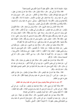 ‫ا‬َ‫ن‬ِ‫ل‬ِ‫ز‬ْ‫ن‬َ‫م‬،‫ا‬َ‫ن‬ْ‫ح‬َ‫ب‬َ‫ذ‬َ‫ف‬ُ‫ه‬َ‫ل‬‫اة‬َ‫ش‬،َ‫ال‬َ‫ق‬َ‫ف‬:ْ‫م‬ُ‫ه‬َّ‫َن‬‫أ‬َ‫ك‬‫ا‬‫و‬ُ‫م‬ِ‫ل‬َ‫ع‬‫ا‬َّ‫َن‬‫أ‬‫ب‬ِ‫ح‬ُ‫ن‬َ‫م‬ْ‫ح‬َّ‫الل‬‫ي‬ِ‫ف‬ َ‫و‬ِ‫يث‬ِ‫د‬َ‫ح‬ْ‫ل‬‫ا‬‫ة‬ َّ‫ص‬ِ‫ق‬
181‫ـ‬‫ا‬َ‫ن‬َ‫ث‬َّ‫د‬َ‫ح‬ُ‫ن‬ْ‫اب‬‫ي‬ِ‫ب‬َ‫أ‬َ‫ر‬َ‫م‬ُ‫ع‬،َ‫ال‬َ‫ق‬:‫ا‬َ‫ن‬َ‫ث‬َّ‫د‬َ‫ح‬ُ‫ان‬َ‫ي‬ْ‫ف‬ُ‫س‬،َ‫ال‬َ‫ق‬:‫ا‬َ‫ن‬َ‫ث‬َّ‫د‬َ‫ح‬ُ‫د‬ْ‫ب‬َ‫ع‬ِ‫للا‬ُ‫ن‬ْ‫ب‬ُ‫م‬ِ‫د‬َّ‫م‬َ‫ح‬ِ‫ن‬ْ‫ب‬ٍ‫يل‬ِ‫ق‬َ‫ع‬،
ُ‫ه‬َّ‫َن‬‫أ‬َ‫سمع‬‫ا‬‫ر‬ِ‫ب‬‫ا‬َ‫ج‬)‫(ح‬َ‫ال‬َ‫ق‬ُ‫ان‬َ‫ي‬ْ‫ف‬ُ‫س‬:‫ا‬َ‫ن‬َ‫ث‬َّ‫د‬َ‫ح‬َ‫و‬ُ‫د‬َّ‫م‬َ‫ح‬ُ‫م‬ُ‫ن‬ْ‫ب‬ِ‫ر‬ِ‫د‬َ‫ك‬ْ‫ن‬ُ‫م‬ْ‫ل‬‫ا‬،ْ‫ن‬َ‫ع‬ٍ‫ر‬ِ‫ب‬‫ا‬َ‫ج‬،َ‫ال‬َ‫ق‬:َ‫ج‬َ‫ر‬َ‫خ‬ُ‫ول‬ُ‫س‬َ‫ر‬ِ‫للا‬
‫وسلم‬ ‫عليه‬ ‫للا‬ ‫صلى‬،‫ا‬َ‫َن‬‫أ‬َ‫و‬ُ‫ه‬َ‫ع‬َ‫م‬َ‫ل‬َ‫خ‬َ‫د‬َ‫ف‬‫ى‬َ‫ل‬َ‫ع‬ٍ‫َة‬‫أ‬َ‫ر‬ْ‫ام‬َ‫ن‬ِ‫م‬ِ‫ار‬ َ‫ص‬ْ‫َن‬‫أل‬‫ا‬،ْ‫ت‬َ‫ح‬َ‫ب‬َ‫ذ‬‫ف‬ُ‫ه‬َ‫ل‬‫اة‬َ‫ش‬،َ‫ل‬َ‫َك‬‫أ‬َ‫ف‬‫ا‬َ‫ه‬ْ‫ن‬ِ‫م‬،
ُ‫ه‬ْ‫ت‬َ‫َت‬‫أ‬َ‫و‬ٍ‫اع‬َ‫ن‬ِ‫ق‬ِ‫ب‬ْ‫ن‬ِ‫م‬ٍ‫ب‬َ‫ط‬ُ‫ر‬،َ‫ل‬َ‫َك‬‫أ‬َ‫ف‬ُ‫ه‬ْ‫ن‬ِ‫م‬،َّ‫م‬ُ‫ث‬َ‫أ‬ َّ‫ض‬ َ‫و‬َ‫ت‬ِ‫ر‬ْ‫ه‬‫لظ‬ِ‫ل‬،‫ى‬َّ‫ل‬ َ‫ص‬ َ‫و‬،‫وسلم‬ ‫عليه‬ ‫للا‬ ‫صلى‬،َّ‫م‬ُ‫ث‬َ‫ف‬َ‫ر‬ َ‫ص‬ْ‫ان‬
،ُ‫ه‬ْ‫ت‬َ‫َت‬‫أ‬َ‫ف‬ٍ‫ة‬َ‫ل‬‫ال‬ُ‫ع‬ِ‫ب‬ْ‫ن‬ِ‫م‬ِ‫ة‬َ‫ل‬‫ال‬ُ‫ع‬ِ‫اة‬َّ‫الش‬،َ‫ل‬َ‫َك‬‫أ‬َ‫ف‬َّ‫م‬ُ‫ث‬‫ى‬َّ‫ل‬ َ‫ص‬َ‫ر‬ ْ‫ص‬َ‫ع‬ْ‫ل‬‫ا‬،ْ‫م‬َ‫ل‬ َ‫و‬ْ‫أ‬ َّ‫ض‬ َ‫و‬َ‫ت‬َ‫ي‬
181‫ـ‬‫ا‬َ‫ن‬َ‫ث‬َّ‫د‬َ‫ح‬ُ‫َّاس‬‫ب‬َ‫ع‬ْ‫ل‬‫ا‬ُ‫ن‬ْ‫ب‬ٍ‫د‬َّ‫م‬َ‫ح‬ُ‫م‬‫ي‬ِ‫ور‬‫الد‬،َ‫ال‬َ‫ق‬:‫ا‬َ‫ن‬َ‫ث‬َّ‫د‬َ‫ح‬ُ‫س‬ُ‫ون‬ُ‫ي‬ُ‫ن‬ْ‫ب‬ٍ‫د‬َّ‫م‬َ‫ح‬ُ‫م‬،َ‫ال‬َ‫ق‬:‫ا‬َ‫ن‬َ‫ث‬َّ‫د‬َ‫ح‬ُ‫ح‬ْ‫ي‬َ‫ل‬ُ‫ف‬ُ‫ن‬ْ‫ب‬
َ‫ان‬َ‫م‬ْ‫ي‬َ‫ل‬ُ‫س‬،ْ‫ن‬َ‫ع‬َ‫ان‬َ‫م‬ْ‫ث‬ُ‫ع‬ِ‫ن‬ْ‫ب‬ِ‫د‬ْ‫ب‬َ‫ع‬ِ‫ن‬َ‫م‬ْ‫ح‬َّ‫الر‬،ْ‫ن‬َ‫ع‬َ‫وب‬ُ‫ق‬ْ‫ع‬َ‫ي‬ِ‫ن‬ْ‫ب‬‫ي‬ِ‫ب‬َ‫أ‬َ‫وب‬ُ‫ق‬ْ‫ع‬َ‫ي‬،ْ‫ن‬َ‫ع‬ِ‫ُم‬‫أ‬ِ‫ر‬ِ‫ذ‬ْ‫ن‬ُ‫م‬ْ‫ل‬‫ا‬،ْ‫ت‬َ‫ل‬‫ا‬َ‫ق‬:َ‫ل‬َ‫خ‬َ‫د‬
َّ‫ي‬َ‫ل‬َ‫ع‬ُ‫ول‬ُ‫س‬َ‫ر‬ِ‫للا‬‫وسلم‬ ‫عليه‬ ‫للا‬ ‫صلى‬،ُ‫ه‬َ‫ع‬َ‫م‬َ‫و‬‫ي‬ِ‫ل‬َ‫ع‬،‫ا‬َ‫ن‬َ‫ل‬ َ‫و‬ٍ‫ال‬َ‫و‬َ‫د‬‫ة‬َ‫ق‬َّ‫ل‬َ‫ع‬ُ‫م‬،ْ‫ت‬َ‫ل‬‫ا‬َ‫ق‬:َ‫ل‬َ‫ع‬َ‫ج‬َ‫ف‬ُ‫ول‬ُ‫س‬َ‫ر‬ِ‫للا‬
‫وسلم‬ ‫عليه‬ ‫للا‬ ‫صلى‬ُ‫ل‬ُ‫ك‬ْ‫أ‬َ‫ي‬‫ي‬ِ‫ل‬َ‫ع‬َ‫و‬ُ‫ه‬َ‫ع‬َ‫م‬ُ‫ل‬ُ‫ك‬ْ‫أ‬َ‫ي‬،َ‫ال‬َ‫ق‬َ‫ف‬ُ‫ول‬ُ‫س‬َ‫ر‬ِ‫للا‬‫وسلم‬ ‫عليه‬ ‫للا‬ ‫صلى‬،ٍ‫ي‬ِ‫ل‬َ‫ع‬ِ‫ل‬:ْ‫ه‬َ‫م‬‫ا‬َ‫ي‬
‫ي‬ِ‫ل‬َ‫ع‬،َ‫ك‬َّ‫ن‬ِ‫إ‬َ‫ف‬‫ة‬َ‫اق‬َ‫ن‬،ْ‫ت‬َ‫ل‬‫ا‬َ‫ق‬:َ‫س‬َ‫ل‬َ‫ج‬َ‫ف‬‫ي‬ِ‫ل‬َ‫ع‬،‫ي‬ِ‫ب‬َّ‫الن‬َ‫و‬‫وسلم‬ ‫عليه‬ ‫للا‬ ‫صلى‬ُ‫ل‬ُ‫ك‬ْ‫أ‬َ‫ي‬،ْ‫ت‬َ‫ل‬‫ا‬َ‫ق‬:ُ‫ت‬ْ‫ل‬َ‫ع‬َ‫ج‬َ‫ف‬ْ‫م‬ُ‫ه‬َ‫ل‬
‫ا‬‫ق‬ْ‫ل‬ ِ‫س‬‫ا‬‫ير‬ِ‫ع‬َ‫ش‬ َ‫و‬،َ‫ال‬َ‫ق‬َ‫ف‬‫ي‬ِ‫ب‬َّ‫الن‬‫وسلم‬ ‫عليه‬ ‫للا‬ ‫صلى‬ٍ‫ي‬ِ‫ل‬َ‫ع‬ِ‫ل‬:ْ‫ن‬ِ‫م‬‫ا‬َ‫ذ‬َ‫ه‬ْ‫ب‬ ِ‫َص‬‫أ‬َ‫ف‬َّ‫ن‬ِ‫إ‬َ‫ف‬‫ا‬َ‫ذ‬َ‫ه‬ُ‫ق‬َ‫ف‬ ْ‫َو‬‫أ‬َ‫ك‬َ‫ل‬
182‫ـ‬َ‫ح‬‫ا‬َ‫ن‬َ‫ث‬َّ‫د‬ُ‫ود‬ُ‫م‬ْ‫ح‬َ‫م‬ُ‫ن‬ْ‫ب‬َ‫الن‬ْ‫ي‬َ‫غ‬،َ‫ال‬َ‫ق‬:‫ا‬َ‫ن‬َ‫ث‬َّ‫د‬َ‫ح‬ُ‫ر‬ْ‫ش‬ِ‫ب‬ُ‫ن‬ْ‫ب‬ِ‫ي‬ِ‫ر‬َّ‫الس‬،ْ‫ن‬َ‫ع‬َ‫ان‬َ‫ي‬ْ‫ف‬ُ‫س‬،ْ‫ن‬َ‫ع‬َ‫ة‬َ‫ح‬ْ‫ل‬َ‫ط‬ِ‫ن‬ْ‫ب‬
‫ى‬َ‫ي‬ْ‫ح‬َ‫ي‬،ْ‫ن‬َ‫ع‬َ‫ة‬ َ‫ش‬ِ‫ائ‬َ‫ع‬ِ‫ت‬ْ‫ن‬ِ‫ب‬َ‫ة‬َ‫ح‬ْ‫ل‬َ‫ط‬،ْ‫ن‬َ‫ع‬َ‫ة‬ َ‫ش‬ِ‫ائ‬َ‫ع‬،ِ‫ُم‬‫أ‬َ‫ين‬ِ‫ن‬ِ‫م‬ْ‫ؤ‬ُ‫م‬ْ‫ل‬‫ا‬،ْ‫ت‬َ‫ل‬‫ا‬َ‫ق‬:َ‫ان‬َ‫ك‬‫ي‬ِ‫ب‬َّ‫الن‬‫عليه‬ ‫للا‬ ‫صلى‬
‫وسلم‬‫ي‬ِ‫ين‬ِ‫ت‬ْ‫أ‬َ‫ي‬ُ‫ول‬ُ‫ق‬َ‫ي‬َ‫ف‬:ِ‫ك‬َ‫د‬ْ‫ن‬ ِ‫َع‬‫أ‬‫اء‬َ‫د‬َ‫غ‬‫؟‬ُ‫ول‬ُ‫َق‬‫أ‬َ‫ف‬:‫ل‬ْ‫ت‬َ‫ل‬‫ا‬َ‫ق‬:ُ‫ول‬ُ‫ق‬َ‫ي‬َ‫ف‬:‫ي‬ِ‫ن‬ِ‫إ‬‫م‬ِ‫ائ‬ َ‫ص‬ْ‫ت‬َ‫ل‬‫ا‬َ‫ق‬:‫ي‬ِ‫ان‬َ‫َت‬‫أ‬َ‫ف‬‫ا‬‫م‬ْ‫و‬َ‫ي‬،
ُ‫ت‬ْ‫ل‬ُ‫ق‬َ‫ف‬:‫ا‬َ‫ي‬َ‫ول‬ُ‫س‬َ‫ر‬ِ‫للا‬،ُ‫ه‬َّ‫ن‬ِ‫إ‬ْ‫ت‬َ‫ي‬ِ‫د‬ْ‫ُه‬‫أ‬‫ا‬َ‫ن‬َ‫ل‬‫َّة‬‫ي‬ِ‫د‬َ‫ه‬،َ‫ال‬َ‫ق‬:‫ا‬َ‫م‬َ‫و‬
َ
‫ي‬ِ‫ه‬‫؟‬ُ‫ت‬ْ‫ل‬ُ‫ق‬:‫س‬ْ‫ي‬َ‫ح‬،َ‫ال‬َ‫ق‬:‫ا‬َ‫َم‬‫أ‬‫ي‬ِ‫ن‬ِ‫إ‬
ُ‫ت‬ْ‫ح‬َ‫ب‬ ْ‫َص‬‫أ‬َ‫ص‬‫ا‬‫م‬ِ‫ائ‬،ْ‫ت‬َ‫ل‬‫ا‬َ‫ق‬:َّ‫م‬ُ‫ث‬َ‫ل‬َ‫َك‬‫أ‬
183‫ـ‬‫ا‬َ‫ن‬َ‫ث‬َّ‫د‬َ‫ح‬ُ‫د‬ْ‫ب‬َ‫ع‬ِ‫للا‬ُ‫ن‬ْ‫ب‬ِ‫د‬ْ‫ب‬َ‫ع‬ِ‫ن‬َ‫م‬ْ‫ح‬َّ‫الر‬،َ‫ال‬َ‫ق‬:‫ا‬َ‫ن‬َ‫ث‬َّ‫د‬َ‫ح‬ُ‫ر‬َ‫م‬ُ‫ع‬ُ‫ن‬ْ‫ب‬ِ‫ص‬ْ‫ف‬َ‫ح‬ِ‫ن‬ْ‫ب‬ٍ‫اث‬َ‫ي‬ ِ‫غ‬،َ‫ال‬َ‫ق‬:‫ا‬َ‫ن‬َ‫ث‬َّ‫د‬َ‫ح‬
‫ي‬ِ‫ب‬َ‫أ‬،ْ‫ن‬َ‫ع‬ِ‫د‬َّ‫م‬َ‫ح‬ُ‫م‬ِ‫ن‬ْ‫ب‬‫ي‬ِ‫ب‬َ‫أ‬‫ى‬َ‫ي‬ْ‫ح‬َ‫ي‬ِ‫ي‬ِ‫م‬َ‫ل‬ ْ‫َس‬‫أل‬‫ا‬،ْ‫ن‬َ‫ع‬َ‫يد‬ِ‫ز‬َ‫ي‬ِ‫ن‬ْ‫ب‬‫ي‬ِ‫ب‬َ‫أ‬َ‫ة‬َّ‫ي‬َ‫ُم‬‫أ‬َ‫أل‬‫ا‬ِ‫ر‬َ‫و‬ْ‫ع‬،ْ‫ن‬َ‫ع‬َ‫ف‬ُ‫وس‬ُ‫ي‬ِ‫ن‬ْ‫ب‬ِ‫د‬ْ‫ب‬َ‫ع‬ِ‫للا‬
ِ‫ن‬ْ‫ب‬ٍ‫الم‬َ‫س‬،َ‫ال‬َ‫ق‬:ُ‫ت‬ْ‫َي‬‫أ‬َ‫ر‬َّ‫ي‬ِ‫ب‬َّ‫الن‬‫وسلم‬ ‫عليه‬ ‫للا‬ ‫صلى‬َ‫ذ‬َ‫َخ‬‫أ‬‫ة‬َ‫ر‬ْ‫س‬ِ‫ك‬ْ‫ن‬ِ‫م‬ِ‫ز‬ْ‫ب‬ُ‫خ‬ِ‫ير‬ِ‫ع‬َّ‫الش‬َ‫ع‬ َ‫ض‬ َ‫و‬َ‫ف‬‫ا‬َ‫ه‬ْ‫ي‬َ‫ل‬َ‫ع‬‫ة‬َ‫ر‬ْ‫م‬َ‫ت‬
َ‫ال‬َ‫ق‬ َ‫و‬:ِ‫ه‬ِ‫ذ‬َ‫ه‬ُ‫ام‬َ‫د‬ِ‫إ‬ِ‫ه‬ِ‫ذ‬َ‫ه‬،‫أكل‬‫و‬
184‫ـ‬‫ا‬َ‫ن‬َ‫ث‬َّ‫د‬َ‫ح‬ُ‫د‬ْ‫ب‬َ‫ع‬ِ‫للا‬ُ‫ن‬ْ‫ب‬ِ‫د‬ْ‫ب‬َ‫ع‬َّ‫الر‬ِ‫ن‬َ‫م‬ْ‫ح‬،َ‫ال‬َ‫ق‬:‫ا‬َ‫ن‬َ‫ث‬َّ‫د‬َ‫ح‬ُ‫يد‬ِ‫ع‬َ‫س‬ُ‫ن‬ْ‫ب‬َ‫ان‬َ‫م‬ْ‫ي‬َ‫ل‬ُ‫س‬،ْ‫ن‬َ‫ع‬ِ‫َّاد‬‫ب‬َ‫ع‬ِ‫ن‬ْ‫ب‬ِ‫ام‬َّ‫و‬َ‫ع‬ْ‫ل‬‫ا‬
،ْ‫ن‬َ‫ع‬ٍ‫د‬ْ‫ي‬َ‫م‬ُ‫ح‬،ْ‫ن‬َ‫ع‬ٍ‫س‬َ‫َن‬‫أ‬:َّ‫َن‬‫أ‬َ‫ول‬ُ‫س‬َ‫ر‬ِ‫للا‬‫وسلم‬ ‫عليه‬ ‫للا‬ ‫صلى‬َ‫ان‬َ‫ك‬ُ‫ه‬ُ‫ب‬ِ‫ج‬ْ‫ع‬ُ‫ي‬ُ‫ل‬ْ‫ف‬‫الث‬،َ‫ال‬َ‫ق‬ُ‫د‬ْ‫ب‬َ‫ع‬ِ‫للا‬:
‫ي‬ِ‫ن‬ْ‫ع‬َ‫ي‬‫ا‬َ‫م‬
َ
‫ي‬ِ‫ق‬َ‫ب‬َ‫ن‬ِ‫م‬ِ‫ام‬َ‫ع‬َّ‫الط‬
27‫ـ‬‫باب‬‫ج‬ ‫ما‬‫هللا‬ ‫رسول‬ ‫وضوء‬ ‫صفة‬ ‫في‬ ‫اء‬‫وسلم‬ ‫عليه‬ ‫هللا‬ ‫صلى‬‫الطعام‬ ‫عند‬
185‫ـ‬‫ا‬َ‫ن‬َ‫ث‬َّ‫د‬َ‫ح‬ُ‫د‬َ‫م‬ْ‫َح‬‫أ‬ُ‫ن‬ْ‫ب‬ٍ‫يع‬ِ‫ن‬َ‫م‬،َ‫ال‬َ‫ق‬:‫ا‬َ‫ن‬َ‫ث‬َّ‫د‬َ‫ح‬ُ‫يل‬ ِ‫اع‬َ‫م‬ْ‫س‬ِ‫إ‬ُ‫ن‬ْ‫ب‬َ‫يم‬ِ‫اه‬َ‫ر‬ْ‫ب‬ِ‫إ‬،ْ‫ن‬َ‫ع‬َ‫وب‬‫َي‬‫أ‬،ِ‫ن‬َ‫ع‬ِ‫ن‬ْ‫اب‬‫ي‬ِ‫ب‬َ‫أ‬
َ‫ة‬َ‫ك‬ْ‫ي‬َ‫ل‬ُ‫م‬،ِ‫ن‬َ‫ع‬ِ‫ن‬ْ‫اب‬ٍ‫َّاس‬‫ب‬َ‫ع‬،َّ‫َن‬‫أ‬َ‫ول‬ُ‫س‬َ‫ر‬ِ‫للا‬‫وسلم‬ ‫عليه‬ ‫للا‬ ‫صلى‬َ‫خ‬َ‫ج‬َ‫ر‬َ‫ن‬ِ‫م‬ِ‫الء‬َ‫خ‬ْ‫ل‬‫ا‬،َ‫ب‬ِ‫ر‬ُ‫ق‬َ‫ف‬ِ‫ه‬ْ‫ي‬َ‫ل‬ِ‫إ‬ُ‫ام‬َ‫ع‬َّ‫الط‬،
‫ا‬‫و‬ُ‫ل‬‫ا‬َ‫ق‬َ‫ف‬:‫َل‬‫أ‬َ‫يك‬ِ‫ت‬ْ‫أ‬َ‫ن‬ٍ‫وء‬ُ‫ض‬ َ‫و‬ِ‫ب‬‫؟‬َ‫ال‬َ‫ق‬:‫ا‬َ‫م‬َّ‫ن‬ِ‫إ‬ُ‫ت‬ْ‫ر‬ِ‫ُم‬‫أ‬ِ‫وء‬ُ‫ض‬ُ‫و‬ْ‫ل‬‫ا‬ِ‫ب‬،‫ا‬َ‫ذ‬ِ‫إ‬ُ‫ت‬ْ‫م‬ُ‫ق‬‫ى‬َ‫ل‬ِ‫إ‬ِ‫الة‬ َّ‫الص‬
186‫ـ‬‫ا‬َ‫ن‬َ‫ث‬َّ‫د‬َ‫ح‬ُ‫يد‬ِ‫ع‬َ‫س‬ُ‫ن‬ْ‫ب‬ِ‫د‬ْ‫ب‬َ‫ع‬ِ‫ن‬َ‫م‬ْ‫ح‬َّ‫الر‬‫ي‬ِ‫وم‬ُ‫ز‬ْ‫خ‬َ‫م‬ْ‫ل‬‫ا‬،َ‫ال‬َ‫ق‬:‫ا‬َ‫ن‬َ‫ث‬َّ‫د‬َ‫ح‬‫ا‬َ‫ي‬ْ‫ف‬ُ‫س‬ُ‫ن‬ُ‫ن‬ْ‫ب‬َ‫ة‬َ‫ن‬ْ‫ي‬َ‫ي‬ُ‫ع‬،ْ‫ن‬َ‫ع‬‫و‬ِ‫ر‬ْ‫م‬َ‫ع‬
ِ‫ن‬ْ‫ب‬ٍ‫ار‬َ‫ين‬ِ‫د‬،ْ‫ن‬َ‫ع‬ِ‫يد‬ِ‫ع‬َ‫س‬ِ‫ن‬ْ‫ب‬ِ‫ث‬ِ‫ر‬ْ‫ي‬ َ‫و‬ُ‫ح‬ْ‫ل‬‫ا‬،ِ‫ن‬َ‫ع‬ِ‫ن‬ْ‫اب‬ٍ‫َّاس‬‫ب‬َ‫ع‬،َ‫ال‬َ‫ق‬:َ‫ج‬َ‫ر‬َ‫خ‬ُ‫ول‬ُ‫س‬َ‫ر‬ِ‫للا‬‫وسلم‬ ‫عليه‬ ‫للا‬ ‫صلى‬
َ‫ن‬ِ‫م‬ِ‫ط‬ِ‫ائ‬َ‫غ‬ْ‫ل‬‫ا‬
َ
‫ي‬ِ‫ُت‬‫أ‬َ‫ف‬ٍ‫ام‬َ‫ع‬َ‫ط‬ِ‫ب‬،َ‫يل‬ِ‫ق‬َ‫ف‬ُ‫ه‬َ‫ل‬:‫َل‬‫أ‬ُ‫أ‬ َّ‫ض‬ َ‫و‬َ‫ت‬َ‫ت‬‫؟‬َ‫ال‬َ‫ق‬َ‫ف‬:‫ي‬ِ‫ل‬ َ‫ُص‬‫أ‬َ‫أ‬،َ‫و‬َ‫َت‬‫أ‬َ‫ف‬ُ‫أ‬ َّ‫ض‬
 