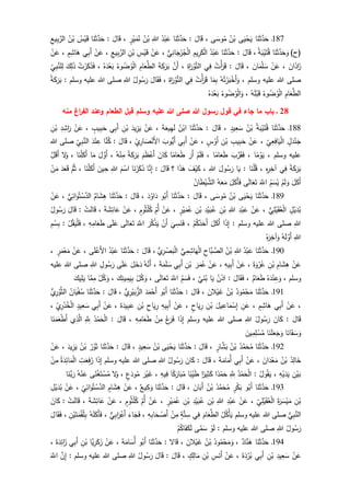 187‫ـ‬‫ا‬َ‫ن‬َ‫ث‬َّ‫د‬َ‫ح‬‫ى‬َ‫ي‬ْ‫ح‬َ‫ي‬ُ‫ن‬ْ‫ب‬‫ى‬َ‫وس‬ُ‫م‬،َ‫ال‬َ‫ق‬:‫ا‬َ‫ن‬َ‫ث‬َّ‫د‬َ‫ح‬ُ‫د‬ْ‫ب‬َ‫ع‬ِ‫للا‬ُ‫ن‬ْ‫ب‬ٍ‫ر‬ْ‫ي‬َ‫م‬ُ‫ن‬،َ‫ال‬َ‫ق‬:‫ا‬َ‫ن‬َ‫ث‬َّ‫د‬َ‫ح‬ُ‫س‬ْ‫ي‬َ‫ق‬ُ‫ن‬ْ‫ب‬ِ‫يع‬ِ‫ب‬َّ‫الر‬
)‫(ح‬‫ا‬َ‫ن‬َ‫ث‬َّ‫د‬َ‫ح‬َ‫و‬ُ‫ة‬َ‫ب‬ْ‫ي‬َ‫ت‬ُ‫ق‬،َ‫ال‬َ‫ق‬:‫ا‬َ‫ن‬َ‫ث‬َّ‫د‬َ‫ح‬ُ‫د‬ْ‫ب‬َ‫ع‬ِ‫يم‬ِ‫ر‬َ‫ك‬ْ‫ل‬‫ا‬‫ي‬ِ‫ان‬َ‫ج‬ْ‫ر‬ُ‫ج‬ْ‫ل‬‫ا‬،ْ‫ن‬َ‫ع‬ِ‫س‬ْ‫ي‬َ‫ق‬ِ‫ن‬ْ‫ب‬ِ‫يع‬ِ‫ب‬َّ‫الر‬،ْ‫ن‬َ‫ع‬َ‫أ‬‫ي‬ِ‫ب‬ٍ‫م‬ِ‫اش‬َ‫ه‬،ْ‫ن‬َ‫ع‬
َ‫ان‬َ‫ذ‬‫ا‬َ‫ز‬،ْ‫ن‬َ‫ع‬َ‫ان‬َ‫م‬ْ‫ل‬ َ‫س‬،َ‫ال‬َ‫ق‬:ُ‫ت‬ْ‫أ‬َ‫ر‬َ‫ق‬‫ي‬ِ‫ف‬ِ‫اة‬َ‫ر‬ْ‫و‬َّ‫الت‬،َّ‫َن‬‫أ‬َ‫ة‬َ‫ك‬َ‫ر‬َ‫ب‬ِ‫ام‬َ‫ع‬َّ‫الط‬ُ‫وء‬ُ‫ض‬ُ‫و‬ْ‫ل‬‫ا‬ُ‫ه‬َ‫د‬ْ‫ع‬َ‫ب‬،ُ‫ت‬ْ‫ر‬َ‫ك‬َ‫ذ‬َ‫ف‬َ‫ك‬ِ‫ل‬َ‫ذ‬ِ‫ي‬ِ‫ب‬َّ‫لن‬ِ‫ل‬
‫وسلم‬ ‫عليه‬ ‫للا‬ ‫صلى‬،ُ‫ه‬ُ‫ت‬ْ‫ر‬َ‫ب‬ْ‫َخ‬‫أ‬َ‫و‬‫ا‬َ‫م‬ِ‫ب‬ُ‫ت‬ْ‫أ‬َ‫ر‬َ‫ق‬‫ي‬ِ‫ف‬ِ‫اة‬َ‫ر‬ْ‫و‬َّ‫الت‬،َ‫ال‬َ‫ق‬َ‫ف‬ُ‫ول‬ُ‫س‬َ‫ر‬ِ‫للا‬‫صل‬‫وسلم‬ ‫عليه‬ ‫للا‬ ‫ى‬:ُ‫ة‬َ‫ك‬َ‫ر‬َ‫ب‬
ِ‫ام‬َ‫ع‬َّ‫الط‬ُ‫وء‬ُ‫ض‬ُ‫و‬ْ‫ل‬‫ا‬ُ‫ه‬َ‫ل‬ْ‫ب‬َ‫ق‬،ُ‫وء‬ُ‫ض‬ُ‫و‬ْ‫ل‬‫ا‬َ‫و‬ُ‫ه‬َ‫د‬ْ‫ع‬َ‫ب‬
28‫ـ‬‫باب‬‫هللا‬ ‫رسول‬ ‫قول‬ ‫في‬ ‫جاء‬ ‫ما‬‫وسلم‬ ‫عليه‬ ‫هللا‬ ‫صلى‬‫قبل‬‫الطعام‬‫منه‬ ‫اغ‬‫ر‬‫الف‬ ‫وعند‬
188‫ـ‬‫ا‬َ‫ن‬َ‫ث‬َّ‫د‬َ‫ح‬ُ‫ة‬َ‫ب‬ْ‫ي‬َ‫ت‬ُ‫ق‬ُ‫ن‬ْ‫ب‬ٍ‫يد‬ِ‫ع‬َ‫س‬،َ‫ال‬َ‫ق‬:‫ا‬َ‫ن‬َ‫ث‬َّ‫د‬َ‫ح‬ُ‫ن‬ْ‫اب‬َ‫ة‬َ‫يع‬ِ‫ه‬َ‫ل‬،ْ‫ن‬َ‫ع‬َ‫يد‬ِ‫ز‬َ‫ي‬ْ‫ب‬ِ‫ن‬‫ي‬ِ‫ب‬َ‫أ‬ٍ‫يب‬ِ‫ب‬َ‫ح‬،ْ‫ن‬َ‫ع‬ِ‫د‬ِ‫اش‬َ‫ر‬ِ‫ن‬ْ‫ب‬
ٍ‫ل‬َ‫د‬ْ‫ن‬َ‫ج‬ِ‫ي‬ِ‫ع‬ِ‫اف‬َ‫ي‬ْ‫ل‬‫ا‬،ْ‫ن‬َ‫ع‬ِ‫يب‬ِ‫ب‬َ‫ح‬ِ‫ن‬ْ‫ب‬ٍ‫س‬ ْ‫َو‬‫أ‬،ْ‫ن‬َ‫ع‬‫ي‬ِ‫ب‬َ‫أ‬َ‫وب‬‫َي‬‫أ‬ِ‫ي‬ِ‫ار‬ َ‫ص‬ْ‫َن‬‫أل‬‫ا‬،َ‫ال‬َ‫ق‬:‫ا‬َّ‫ن‬ُ‫ك‬َ‫د‬ْ‫ن‬ ِ‫ع‬ِ‫ي‬ِ‫ب‬َّ‫الن‬‫للا‬ ‫صلى‬
‫وسلم‬ ‫عليه‬،‫ا‬‫م‬ْ‫و‬َ‫ي‬،َ‫ب‬َّ‫ر‬َ‫ق‬َ‫ف‬‫ا‬‫ام‬َ‫ع‬َ‫ط‬،ْ‫م‬َ‫ل‬َ‫ف‬َ‫َر‬‫أ‬‫ا‬‫ام‬َ‫ع‬َ‫ط‬َ‫ان‬َ‫ك‬َ‫م‬َ‫ظ‬ْ‫َع‬‫أ‬‫ة‬َ‫ك‬َ‫ر‬َ‫ب‬ُ‫ه‬ْ‫ن‬ِ‫م‬،َ‫ل‬ َّ‫َو‬‫أ‬‫ا‬َ‫م‬‫ا‬َ‫ن‬ْ‫ل‬َ‫َك‬‫أ‬،‫ل‬َ‫و‬َّ‫ل‬َ‫َق‬‫أ‬
‫ة‬َ‫ك‬َ‫ر‬َ‫ب‬‫ي‬ِ‫ف‬ِ‫ه‬ِ‫ر‬ِ‫آخ‬،‫ا‬َ‫ن‬ْ‫ل‬ُ‫ق‬:‫ا‬َ‫ي‬َ‫ول‬ُ‫س‬َ‫ر‬ِ‫للا‬،َ‫ف‬ْ‫ي‬َ‫ك‬‫ا‬َ‫ذ‬َ‫ه‬‫؟‬َ‫ال‬َ‫ق‬:‫ا‬َّ‫ن‬ِ‫إ‬‫ا‬َ‫ن‬ْ‫ر‬َ‫ك‬َ‫ذ‬َ‫م‬ْ‫اس‬ِ‫للا‬َ‫ين‬ِ‫ح‬‫ا‬َ‫ن‬ْ‫ل‬َ‫َك‬‫أ‬،َّ‫م‬ُ‫ث‬َ‫د‬َ‫ع‬َ‫ق‬ْ‫ن‬َ‫م‬
َ‫ل‬َ‫َك‬‫أ‬ْ‫م‬َ‫ل‬ َ‫و‬ِ‫م‬َ‫س‬ُ‫ي‬ََّ‫اّلل‬‫ى‬َ‫ل‬‫ا‬َ‫ع‬َ‫ت‬َ‫ل‬َ‫َك‬‫أ‬َ‫ف‬ُ‫ه‬َ‫ع‬َ‫م‬ُ‫ان‬َ‫ط‬ْ‫ي‬ َّ‫الش‬
189‫ـ‬‫ا‬َ‫ن‬َ‫ث‬َّ‫د‬َ‫ح‬‫ى‬َ‫ي‬ْ‫ح‬َ‫ي‬ُ‫ن‬ْ‫ب‬‫ى‬َ‫وس‬ُ‫م‬،َ‫ال‬َ‫ق‬:‫ا‬َ‫ن‬َ‫ث‬َّ‫د‬َ‫ح‬‫و‬ُ‫َب‬‫أ‬َ‫د‬ُ‫او‬َ‫د‬،َ‫ال‬َ‫ق‬:‫ا‬َ‫ن‬َ‫ث‬َّ‫د‬َ‫ح‬‫ام‬َ‫ش‬ِ‫ه‬‫ي‬ِ‫ائ‬‫و‬ُ‫ت‬ ْ‫س‬َّ‫الد‬،ْ‫ن‬َ‫ع‬
ٍ‫ل‬ْ‫ي‬َ‫د‬ُ‫ب‬‫ي‬ِ‫ل‬ْ‫ي‬َ‫ق‬ُ‫ع‬ْ‫ل‬‫ا‬،ْ‫ن‬َ‫ع‬ِ‫د‬ْ‫ب‬َ‫ع‬ِ‫للا‬ِ‫ن‬ْ‫ب‬ِ‫د‬ْ‫ي‬َ‫ب‬ُ‫ع‬ِ‫ن‬ْ‫ب‬ٍ‫ر‬ْ‫ي‬َ‫م‬ُ‫ع‬،ْ‫ن‬َ‫ع‬ِ‫ُم‬‫أ‬ٍ‫وم‬ُ‫ث‬ْ‫ل‬ُ‫ك‬،ْ‫ن‬َ‫ع‬َ‫ة‬ َ‫ش‬ِ‫ائ‬َ‫ع‬،ْ‫ت‬َ‫ل‬‫ا‬َ‫ق‬:َ‫ال‬َ‫ق‬َ‫ر‬ُ‫ول‬ُ‫س‬
ِ‫للا‬‫وسلم‬ ‫عليه‬ ‫للا‬ ‫صلى‬:‫ا‬َ‫ذ‬ِ‫إ‬َ‫ل‬َ‫َك‬‫أ‬ْ‫م‬ُ‫ك‬ُ‫د‬َ‫َح‬‫أ‬،
َ
‫ي‬ِ‫س‬َ‫ن‬َ‫ف‬ْ‫َن‬‫أ‬َ‫ر‬ُ‫ك‬ْ‫ذ‬َ‫ي‬ََّ‫اّلل‬‫ى‬َ‫ل‬‫ا‬َ‫ع‬َ‫ت‬‫ى‬َ‫ل‬َ‫ع‬ِ‫ه‬ِ‫ام‬َ‫ع‬َ‫ط‬،ْ‫ل‬ُ‫ق‬َ‫ي‬ْ‫ل‬َ‫ف‬:ِ‫م‬ْ‫س‬ِ‫ب‬
ِ‫للا‬ُ‫ه‬َ‫ل‬ َّ‫َو‬‫أ‬ُ‫ه‬َ‫ر‬ِ‫آخ‬َ‫و‬
191‫ـ‬‫ا‬َ‫ن‬َ‫ث‬َّ‫د‬َ‫ح‬ُ‫د‬ْ‫ب‬َ‫ع‬ِ‫للا‬ُ‫ن‬ْ‫ب‬ِ‫َّاح‬‫ب‬ َّ‫الص‬‫ي‬ِ‫م‬ِ‫اش‬َ‫ه‬ْ‫ل‬‫ا‬‫ي‬ِ‫ر‬ ْ‫ص‬َ‫ب‬ْ‫ل‬‫ا‬،َ‫ال‬َ‫ق‬:َ‫ن‬َ‫ث‬َّ‫د‬َ‫ح‬‫ا‬ُ‫د‬ْ‫ب‬َ‫ع‬‫ى‬َ‫ل‬ْ‫َع‬‫أل‬‫ا‬،ْ‫ن‬َ‫ع‬ٍ‫ر‬َ‫م‬ْ‫ع‬َ‫م‬،
ْ‫ن‬َ‫ع‬ِ‫ام‬َ‫ش‬ِ‫ه‬ِ‫ن‬ْ‫ب‬َ‫ة‬َ‫و‬ْ‫ر‬ُ‫ع‬،ْ‫ن‬َ‫ع‬ِ‫يه‬ِ‫ب‬َ‫أ‬،ْ‫ن‬َ‫ع‬َ‫ر‬َ‫م‬ُ‫ع‬ِ‫ن‬ْ‫ب‬‫ي‬ِ‫ب‬َ‫أ‬َ‫ة‬َ‫م‬َ‫ل‬ َ‫س‬،ُ‫ه‬َّ‫َن‬‫أ‬َ‫ل‬َ‫خ‬َ‫د‬‫ى‬َ‫ل‬َ‫ع‬ِ‫ول‬ُ‫س‬َ‫ر‬ِ‫للا‬‫عليه‬ ‫للا‬ ‫صلى‬
‫وسلم‬،ُ‫ه‬َ‫د‬ْ‫ن‬ ِ‫ع‬َ‫و‬‫ام‬َ‫ع‬َ‫ط‬،َ‫ال‬َ‫ق‬َ‫ف‬:ُ‫ن‬ْ‫اد‬‫ا‬َ‫ي‬َّ‫ي‬َ‫ن‬ُ‫ب‬،ِ‫م‬َ‫س‬َ‫ف‬ََّ‫اّلل‬‫ى‬َ‫ل‬‫ا‬َ‫ع‬َ‫ت‬،ْ‫ل‬ُ‫ك‬َ‫و‬َ‫ك‬ِ‫ين‬ِ‫م‬َ‫ي‬ِ‫ب‬،ْ‫ل‬ُ‫ك‬َ‫و‬‫ا‬َّ‫م‬ِ‫م‬َ‫يك‬ِ‫ل‬َ‫ي‬
191‫ـ‬‫ا‬َ‫ن‬َ‫ث‬َّ‫د‬َ‫ح‬ُ‫ود‬ُ‫م‬ْ‫ح‬َ‫م‬ُ‫ن‬ْ‫ب‬َ‫الن‬ْ‫ي‬َ‫غ‬،َ‫ال‬َ‫ق‬:‫ا‬َ‫ن‬َ‫ث‬َّ‫د‬َ‫ح‬‫و‬ُ‫َب‬‫أ‬َ‫د‬َ‫م‬ْ‫َح‬‫أ‬‫ي‬ِ‫ر‬ْ‫ي‬َ‫ب‬‫الز‬،َ‫ال‬َ‫ق‬:‫ا‬َ‫ن‬َ‫ث‬َّ‫د‬َ‫ح‬ُ‫ان‬َ‫ي‬ْ‫ف‬ُ‫س‬‫ي‬ِ‫ر‬ْ‫و‬َّ‫الث‬
،ْ‫ن‬َ‫ع‬‫ي‬ِ‫ب‬َ‫أ‬ٍ‫م‬ِ‫اش‬َ‫ه‬،ِ‫ن‬َ‫ع‬َ‫يل‬ ِ‫اع‬َ‫م‬ْ‫س‬ِ‫إ‬ِ‫ن‬ْ‫ب‬ٍ‫اح‬َ‫ي‬ِ‫ر‬،ْ‫ن‬َ‫ع‬ِ‫يه‬ِ‫ب‬َ‫أ‬ِ‫اح‬َ‫ي‬ِ‫ر‬ِ‫ن‬ْ‫ب‬َ‫ع‬َ‫ة‬َ‫يد‬ِ‫ب‬،ْ‫ن‬َ‫ع‬‫ي‬ِ‫ب‬َ‫أ‬ٍ‫يد‬ِ‫ع‬َ‫س‬ِ‫ي‬ِ‫ر‬ْ‫د‬ُ‫خ‬ْ‫ل‬‫ا‬،
َ‫ال‬َ‫ق‬:َ‫ان‬َ‫ك‬ُ‫ول‬ُ‫س‬َ‫ر‬ِ‫للا‬‫وسلم‬ ‫عليه‬ ‫للا‬ ‫صلى‬‫ا‬َ‫ذ‬ِ‫إ‬َ‫غ‬َ‫ر‬َ‫ف‬ْ‫ن‬ِ‫م‬ِ‫ه‬ِ‫ام‬َ‫ع‬َ‫ط‬،َ‫ال‬َ‫ق‬:ُ‫د‬ْ‫م‬َ‫ح‬ْ‫ل‬‫ا‬َِِّ‫ّلل‬‫ي‬ِ‫ذ‬َّ‫ال‬‫ا‬َ‫ن‬َ‫م‬َ‫ع‬ْ‫ط‬َ‫أ‬
‫ا‬َ‫ان‬َ‫ق‬ َ‫س‬ َ‫و‬‫ا‬َ‫ن‬َ‫ل‬َ‫ع‬َ‫ج‬َ‫و‬َ‫ين‬ِ‫م‬ِ‫ل‬ ْ‫س‬ُ‫م‬
192‫ـ‬‫ا‬َ‫ن‬َ‫ث‬َّ‫د‬َ‫ح‬ُ‫د‬َّ‫م‬َ‫ح‬ُ‫م‬ُ‫ن‬ْ‫ب‬ٍ‫ار‬َّ‫ش‬َ‫ب‬،َ‫ال‬َ‫ق‬:َ‫ح‬‫ا‬َ‫ن‬َ‫ث‬َّ‫د‬‫ى‬َ‫ي‬ْ‫ح‬َ‫ي‬ُ‫ن‬ْ‫ب‬ٍ‫يد‬ِ‫ع‬َ‫س‬،َ‫ال‬َ‫ق‬:‫ا‬َ‫ن‬َ‫ث‬َّ‫د‬َ‫ح‬ُ‫ر‬ْ‫و‬َ‫ث‬ُ‫ن‬ْ‫ب‬َ‫يد‬ِ‫ز‬َ‫ي‬،ْ‫ن‬َ‫ع‬
ُ‫د‬ِ‫ال‬َ‫خ‬ُ‫ن‬ْ‫ب‬َ‫ان‬َ‫د‬ْ‫ع‬َ‫م‬،ْ‫ن‬َ‫ع‬‫ي‬ِ‫ب‬َ‫أ‬َ‫ة‬َ‫ام‬َ‫ُم‬‫أ‬،َ‫ال‬َ‫ق‬:َ‫ان‬َ‫ك‬ُ‫ول‬ُ‫س‬َ‫ر‬ِ‫للا‬‫وسلم‬ ‫عليه‬ ‫للا‬ ‫صلى‬‫ا‬َ‫ذ‬ِ‫إ‬ِ‫ت‬َ‫ع‬ِ‫ف‬ُ‫ر‬ُ‫ة‬َ‫د‬ِ‫ائ‬َ‫م‬ْ‫ل‬‫ا‬ْ‫ن‬ِ‫م‬
ِ‫ن‬ْ‫ي‬َ‫ب‬ِ‫ه‬ْ‫ي‬َ‫د‬َ‫ي‬،ُ‫ول‬ُ‫ق‬َ‫ي‬:ُ‫د‬ْ‫م‬َ‫ح‬ْ‫ل‬‫ا‬َِِّ‫ّلل‬ْ‫م‬َ‫ح‬‫ا‬‫د‬‫ا‬‫ير‬ِ‫ث‬َ‫ك‬‫ا‬‫ب‬ِ‫ي‬َ‫ط‬‫ا‬‫ك‬َ‫ار‬َ‫ب‬ُ‫م‬ِ‫يه‬ِ‫ف‬،َ‫ر‬ْ‫ي‬َ‫غ‬ٍ‫ع‬َ‫ود‬ُ‫م‬،‫ل‬َ‫و‬‫ى‬‫ن‬ْ‫غ‬َ‫ت‬ ْ‫س‬ُ‫م‬ُ‫ه‬ْ‫ن‬َ‫ع‬‫ا‬َ‫َّن‬‫ب‬َ‫ر‬
193‫ـ‬‫ا‬َ‫ن‬َ‫ث‬َّ‫د‬َ‫ح‬‫و‬ُ‫َب‬‫أ‬ٍ‫ر‬ْ‫ك‬َ‫ب‬ُ‫د‬َّ‫م‬َ‫ح‬ُ‫م‬ُ‫ن‬ْ‫ب‬َ‫ان‬َ‫َب‬‫أ‬،َ‫ال‬َ‫ق‬:‫ا‬َ‫ن‬َ‫ث‬َّ‫د‬َ‫ح‬‫يع‬ِ‫ك‬َ‫و‬،ْ‫ن‬َ‫ع‬ٍ‫ام‬َ‫ش‬ِ‫ه‬ِ‫ي‬ِ‫ائ‬‫و‬ُ‫ت‬ ْ‫س‬َّ‫الد‬،ْ‫ن‬َ‫ع‬ِ‫ل‬ْ‫ي‬َ‫د‬ُ‫ب‬
ِ‫ن‬ْ‫ب‬َ‫ة‬َ‫ر‬َ‫س‬ْ‫ي‬َ‫م‬ِ‫ي‬ِ‫ل‬ْ‫ي‬َ‫ق‬ُ‫ع‬ْ‫ل‬‫ا‬،َ‫ع‬ْ‫ن‬ِ‫د‬ْ‫ب‬َ‫ع‬ِ‫للا‬ِ‫ن‬ْ‫ب‬ِ‫د‬ْ‫ي‬َ‫ب‬ُ‫ع‬ِ‫ن‬ْ‫ب‬ٍ‫ر‬ْ‫ي‬َ‫م‬ُ‫ع‬،ْ‫ن‬َ‫ع‬ِ‫ُم‬‫أ‬ٍ‫وم‬ُ‫ث‬ْ‫ل‬ُ‫ك‬،ْ‫ن‬َ‫ع‬َ‫ة‬ َ‫ش‬ِ‫ائ‬َ‫ع‬،ْ‫ت‬َ‫ل‬‫ا‬َ‫ق‬:َ‫ان‬َ‫ك‬
‫ي‬ِ‫ب‬َّ‫الن‬‫وسلم‬ ‫عليه‬ ‫للا‬ ‫صلى‬ُ‫ل‬ُ‫ك‬ْ‫أ‬َ‫ي‬َ‫ام‬َ‫ع‬َّ‫الط‬‫ي‬ِ‫ف‬ٍ‫ة‬َّ‫ت‬ ِ‫س‬ْ‫ن‬ِ‫م‬ِ‫ه‬ِ‫ب‬‫ا‬َ‫ح‬ ْ‫َص‬‫أ‬،َ‫اء‬َ‫ج‬َ‫ف‬‫ي‬ِ‫ب‬‫ا‬َ‫ر‬ْ‫َع‬‫أ‬،ُ‫ه‬َ‫ل‬َ‫َك‬‫أ‬َ‫ف‬ِ‫ن‬ْ‫ي‬َ‫ت‬َ‫م‬ْ‫ق‬ُ‫ل‬ِ‫ب‬،َ‫ال‬َ‫ق‬َ‫ف‬
ُ‫ول‬ُ‫س‬َ‫ر‬ِ‫للا‬‫وسلم‬ ‫عليه‬ ‫للا‬ ‫صلى‬:ْ‫و‬َ‫ل‬‫ى‬َّ‫م‬َ‫س‬ْ‫م‬ُ‫اك‬َ‫ف‬َ‫ك‬َ‫ل‬
194‫ـ‬‫ا‬َ‫ن‬َ‫ث‬َّ‫د‬َ‫ح‬‫اد‬َّ‫ن‬َ‫ه‬،ُ‫ود‬ُ‫م‬ْ‫ح‬َ‫م‬َ‫و‬ُ‫ن‬ْ‫ب‬َ‫الن‬ْ‫ي‬َ‫غ‬،‫ال‬َ‫ق‬:‫ا‬َ‫ن‬َ‫ث‬َّ‫د‬َ‫ح‬‫و‬ُ‫َب‬‫أ‬َ‫ة‬َ‫ام‬َ‫ُس‬‫أ‬،ْ‫ن‬َ‫ع‬‫َّا‬‫ي‬ِ‫ر‬َ‫ك‬َ‫ز‬ِ‫ن‬ْ‫ب‬‫ي‬ِ‫ب‬َ‫أ‬َ‫ة‬َ‫د‬ِ‫ائ‬َ‫ز‬،
ْ‫ن‬َ‫ع‬ِ‫يد‬ِ‫ع‬َ‫س‬ِ‫ن‬ْ‫ب‬‫ي‬ِ‫ب‬َ‫أ‬َ‫ة‬َ‫د‬ْ‫ر‬ُ‫ب‬،ْ‫ن‬َ‫ع‬ِ‫س‬َ‫َن‬‫أ‬ِ‫ن‬ْ‫ب‬ٍ‫ك‬ِ‫ال‬َ‫م‬،َ‫ال‬َ‫ق‬:َ‫ال‬َ‫ق‬ُ‫س‬َ‫ر‬ُ‫ول‬ِ‫للا‬‫وسلم‬ ‫عليه‬ ‫للا‬ ‫صلى‬:َّ‫ن‬ِ‫إ‬ََّ‫اّلل‬
 