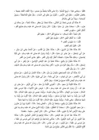 ‫ا‬‫ي‬ِ‫ف‬َ‫ك‬َ‫ت‬،َ‫و‬‫ي‬ِ‫ش‬ْ‫م‬َ‫ي‬‫ا‬‫ن‬ ْ‫و‬َ‫ه‬،ُ‫يع‬ِ‫ر‬َ‫ذ‬ِ‫ة‬َ‫ي‬ ْ‫ش‬ِ‫م‬ْ‫ل‬‫ا‬،‫ا‬َ‫ذ‬ِ‫إ‬‫ى‬َ‫ش‬َ‫م‬‫ا‬َ‫م‬َّ‫َن‬‫أ‬َ‫ك‬‫ط‬َ‫ح‬ْ‫ن‬َ‫ي‬ْ‫ن‬ِ‫م‬ٍ‫ب‬َ‫ب‬ َ‫ص‬،‫ا‬َ‫ذ‬ِ‫ا‬َ‫و‬َ‫ت‬َ‫ف‬َ‫ت‬ْ‫ل‬‫ا‬َ‫ت‬َ‫ف‬َ‫ت‬ْ‫ل‬‫ا‬‫ا‬‫يع‬ِ‫م‬َ‫ج‬،
ُ‫ض‬ِ‫اف‬َ‫خ‬ِ‫ف‬ْ‫ر‬َّ‫الط‬،ُ‫ه‬ُ‫ر‬َ‫ظ‬َ‫ن‬‫ى‬َ‫ل‬ِ‫إ‬ِ‫ض‬ْ‫َر‬‫أل‬‫ا‬،ُ‫ل‬ َ‫و‬ْ‫ط‬َ‫أ‬ْ‫ن‬ِ‫م‬ِ‫ه‬ِ‫ر‬َ‫ظ‬َ‫ن‬‫ى‬َ‫ل‬ِ‫إ‬ِ‫اء‬َ‫م‬َّ‫الس‬،‫ل‬ُ‫ج‬ِ‫ه‬ِ‫ر‬َ‫ظ‬َ‫ن‬ُ‫ة‬َ‫ظ‬َ‫الح‬ُ‫م‬ْ‫ل‬‫ا‬،ُ‫وق‬ُ‫س‬َ‫ي‬
ْ‫َص‬‫أ‬ُ‫ه‬َ‫اب‬َ‫ح‬،ُ‫أ‬َ‫د‬ْ‫ب‬َ‫ي‬ َ‫و‬ْ‫ن‬َ‫م‬
َ
‫ي‬ِ‫ق‬َ‫ل‬ِ‫الم‬َّ‫الس‬ِ‫ب‬
9‫ـ‬‫ا‬َ‫ن‬َ‫ث‬َّ‫د‬َ‫ح‬‫و‬ُ‫َب‬‫أ‬‫ى‬َ‫وس‬ُ‫م‬ُ‫د‬َّ‫م‬َ‫ح‬ُ‫م‬ُ‫ن‬ْ‫ب‬‫ى‬َّ‫ن‬َ‫ث‬ُ‫م‬ْ‫ل‬‫ا‬،‫ا‬َ‫ن‬َ‫ث‬َّ‫د‬َ‫ح‬ُ‫د‬َّ‫م‬َ‫ح‬ُ‫م‬ُ‫ن‬ْ‫ب‬ٍ‫ر‬َ‫ف‬ْ‫ع‬َ‫ج‬،‫ا‬َ‫ن‬َ‫ث‬َّ‫د‬َ‫ح‬ُ‫ة‬َ‫ب‬ْ‫ع‬ُ‫ش‬،ْ‫ن‬َ‫ع‬ِ‫اك‬َ‫م‬ِ‫س‬ِ‫ن‬ْ‫ب‬
ٍ‫ب‬ْ‫ر‬َ‫ح‬،َ‫ال‬َ‫ق‬:ُ‫ت‬ْ‫ع‬ِ‫م‬َ‫س‬َ‫ر‬ِ‫ب‬‫ا‬َ‫ج‬َ‫ن‬ْ‫ب‬َ‫ة‬َ‫ر‬ُ‫م‬َ‫س‬،ُ‫ول‬ُ‫ق‬َ‫ي‬:َ‫ان‬َ‫ك‬ُ‫ول‬ُ‫س‬َ‫ر‬ِ‫للا‬‫وسلم‬ ‫عليه‬ ‫للا‬ ‫صلى‬َ‫يع‬ِ‫ل‬ َ‫ض‬ِ‫م‬َ‫ف‬ْ‫ل‬‫ا‬،
َ‫ل‬َ‫ك‬ْ‫َش‬‫أ‬ِ‫ن‬ْ‫ي‬َ‫ع‬ْ‫ل‬‫ا‬،َ‫وس‬ُ‫ه‬ْ‫ن‬َ‫م‬ِ‫ب‬ِ‫ق‬َ‫ع‬ْ‫ل‬‫ا‬
َ‫ال‬َ‫ق‬ُ‫ة‬َ‫ب‬ْ‫ع‬ُ‫ش‬:ُ‫ت‬ْ‫ل‬ُ‫ق‬ٍ‫اك‬َ‫م‬ِ‫س‬ِ‫ل‬:‫ا‬َ‫م‬ُ‫يع‬ِ‫ل‬ َ‫ض‬ِ‫م‬َ‫ف‬ْ‫ل‬‫ا‬‫؟‬َ‫ال‬َ‫ق‬:ُ‫يم‬ ِ‫ظ‬َ‫ع‬ِ‫م‬َ‫ف‬ْ‫ل‬‫ا‬
ُ‫ت‬ْ‫ل‬ُ‫ق‬:‫ا‬َ‫م‬ُ‫ل‬َ‫ك‬ْ‫َش‬‫أ‬ِ‫ن‬ْ‫ي‬َ‫ع‬ْ‫ل‬‫ا‬‫؟‬َ‫ال‬َ‫ق‬:ُ‫يل‬ ِ‫و‬َ‫ط‬ِ‫ق‬ ِ‫ش‬ِ‫ن‬ْ‫ي‬َ‫ع‬ْ‫ل‬‫ا‬
ُ‫ت‬ْ‫ل‬ُ‫ق‬:‫ا‬َ‫م‬ُ‫وس‬ُ‫ه‬ْ‫ن‬َ‫م‬ْ‫ل‬‫ا‬ِ‫ب‬ِ‫ق‬َ‫ع‬‫؟‬
َ‫ال‬َ‫ق‬:ُ‫يل‬ِ‫ل‬َ‫ق‬ِ‫م‬ْ‫ح‬َ‫ل‬ِ‫ب‬ِ‫ق‬َ‫ع‬ْ‫ل‬‫ا‬
11‫ـ‬‫ا‬َ‫ن‬َ‫ث‬َّ‫د‬َ‫ح‬ُ‫اد‬َّ‫ن‬َ‫ه‬ُ‫ن‬ْ‫ب‬ِ‫ي‬ِ‫ر‬َّ‫الس‬،َ‫ال‬َ‫ق‬:‫ا‬َ‫ن‬َ‫ث‬َّ‫د‬َ‫ح‬ُ‫ر‬َ‫ث‬ْ‫ب‬َ‫ع‬ُ‫ن‬ْ‫ب‬ِ‫م‬ِ‫اس‬َ‫ق‬ْ‫ل‬‫ا‬،ْ‫ن‬َ‫ع‬َ‫ث‬َ‫ع‬ْ‫َش‬‫أ‬‫ي‬ِ‫ن‬ْ‫ع‬َ‫ي‬َ‫ن‬ْ‫اب‬ٍ‫ار‬َّ‫و‬َ‫س‬،
ْ‫ن‬َ‫ع‬‫ي‬ِ‫ب‬َ‫أ‬َ‫اق‬َ‫ح‬ ْ‫س‬ِ‫إ‬،ْ‫ن‬َ‫ع‬ِ‫ر‬ِ‫ب‬‫ا‬َ‫ج‬ِ‫ن‬ْ‫ب‬َ‫ة‬َ‫ر‬ُ‫م‬َ‫س‬،َ‫ال‬َ‫ق‬:ُ‫ت‬ْ‫َي‬‫أ‬َ‫ر‬َ‫ول‬ُ‫س‬َ‫ر‬ِ‫للا‬‫صل‬‫وسلم‬ ‫عليه‬ ‫للا‬ ‫ى‬،‫ي‬ِ‫ف‬ٍ‫ة‬َ‫ل‬ْ‫ي‬َ‫ل‬
ٍ‫ان‬َ‫ي‬ِ‫ح‬ ْ‫ض‬ِ‫إ‬،ِ‫ه‬ْ‫ي‬َ‫ل‬َ‫ع‬َ‫و‬‫ة‬َّ‫ل‬ُ‫ح‬ُ‫اء‬َ‫ر‬ْ‫م‬َ‫ح‬،ُ‫ت‬ْ‫ل‬َ‫ع‬َ‫ج‬َ‫ف‬ُ‫ر‬ُ‫ظ‬ْ‫َن‬‫أ‬ِ‫ه‬ْ‫ي‬َ‫ل‬ِ‫إ‬‫ى‬َ‫ل‬ِ‫ا‬َ‫و‬ِ‫ر‬َ‫م‬َ‫ق‬ْ‫ل‬‫ا‬،َ‫و‬ُ‫ه‬َ‫ل‬َ‫ف‬‫ي‬ِ‫د‬ْ‫ن‬ ِ‫ع‬ُ‫ن‬ َ‫س‬ْ‫َح‬‫أ‬َ‫ن‬ِ‫م‬ِ‫ر‬َ‫م‬َ‫ق‬ْ‫ل‬‫ا‬
11‫ـ‬‫ا‬َ‫ن‬َ‫ث‬َّ‫د‬َ‫ح‬ُ‫ان‬َ‫ي‬ْ‫ف‬ُ‫س‬ُ‫ن‬ْ‫ب‬ٍ‫يع‬ِ‫ك‬َ‫و‬،‫ا‬َ‫ن‬َ‫ث‬َّ‫د‬َ‫ح‬ُ‫د‬ْ‫ي‬َ‫م‬ُ‫ح‬ُ‫ن‬ْ‫ب‬ِ‫د‬ْ‫ب‬َ‫ع‬ِ‫ن‬َ‫م‬ْ‫ح‬َّ‫الر‬‫الر‬‫ي‬ِ‫اس‬َ‫ؤ‬،ْ‫ن‬َ‫ع‬ٍ‫ر‬ْ‫ي‬َ‫ه‬ُ‫ز‬،ْ‫ن‬َ‫ع‬‫ي‬ِ‫ب‬َ‫أ‬
َ‫اق‬َ‫ح‬ ْ‫س‬ِ‫إ‬،َ‫ال‬َ‫ق‬:َ‫َل‬‫أ‬َ‫س‬‫ل‬ُ‫ج‬َ‫ر‬َ‫اء‬َ‫ر‬َ‫ب‬ْ‫ل‬‫ا‬َ‫ن‬ْ‫ب‬ٍ‫ب‬ِ‫از‬َ‫ع‬:َ‫ان‬َ‫َك‬‫أ‬ُ‫ه‬ْ‫ج‬َ‫و‬ِ‫ول‬ُ‫س‬َ‫ر‬ِ‫للا‬‫وسلم‬ ‫عليه‬ ‫للا‬ ‫صلى‬َ‫ل‬ْ‫ث‬ِ‫م‬ِ‫ف‬ْ‫ي‬ َّ‫الس‬
‫؟‬َ‫ال‬َ‫ق‬:‫ل‬،ْ‫ل‬َ‫ب‬َ‫ل‬ْ‫ث‬ِ‫م‬ِ‫ر‬َ‫م‬َ‫ق‬ْ‫ل‬‫ا‬
12‫ـ‬‫ا‬َ‫ن‬َ‫ث‬َّ‫د‬َ‫ح‬‫و‬ُ‫َب‬‫أ‬َ‫د‬ُ‫او‬َ‫د‬‫ي‬ِ‫ف‬ِ‫اح‬ َ‫ص‬َ‫م‬ْ‫ل‬‫ا‬‫ا‬َ‫م‬ْ‫ي‬َ‫ل‬ُ‫س‬ُ‫ن‬ُ‫ن‬ْ‫ب‬ٍ‫م‬ْ‫ل‬ َ‫س‬،َ‫ال‬َ‫ق‬:‫ا‬َ‫ن‬َ‫ث‬َّ‫د‬َ‫ح‬ُ‫ر‬ ْ‫ض‬َّ‫الن‬ُ‫ن‬ْ‫ب‬ٍ‫ل‬ْ‫ي‬َ‫م‬ُ‫ش‬،ْ‫ن‬َ‫ع‬ِ‫ح‬ِ‫ال‬ َ‫ص‬
ِ‫ن‬ْ‫ب‬‫ي‬ِ‫ب‬َ‫أ‬ِ‫ر‬ َ‫ض‬ْ‫َخ‬‫أل‬‫ا‬،ِ‫ن‬َ‫ع‬ِ‫ن‬ْ‫اب‬ٍ‫اب‬َ‫ه‬ِ‫ش‬،ْ‫ن‬َ‫ع‬‫ي‬ِ‫ب‬َ‫أ‬َ‫ة‬َ‫م‬َ‫ل‬ َ‫س‬،ْ‫ن‬َ‫ع‬‫ي‬ِ‫ب‬َ‫أ‬َ‫ة‬َ‫ر‬ْ‫ي‬َ‫ر‬ُ‫ه‬،َ‫ال‬َ‫ق‬:َ‫ان‬َ‫ك‬ُ‫ول‬ُ‫س‬َ‫ر‬ِ‫للا‬‫صلى‬
‫وسلم‬ ‫عليه‬ ‫للا‬َ‫ض‬َ‫ي‬ْ‫َب‬‫أ‬‫ا‬َ‫م‬َّ‫َن‬‫أ‬َ‫ك‬َ‫يغ‬ ِ‫ص‬ْ‫ن‬ِ‫م‬ٍ‫ة‬ َّ‫ض‬ِ‫ف‬،َ‫ر‬َ‫ل‬ِ‫ج‬ِ‫ر‬ْ‫ع‬َّ‫الش‬
13‫ـ‬‫ا‬َ‫ن‬َ‫ث‬َّ‫د‬َ‫ح‬ُ‫ة‬َ‫ب‬ْ‫ي‬َ‫ت‬ُ‫ق‬ُ‫ن‬ْ‫ب‬ٍ‫يد‬ِ‫ع‬َ‫س‬،َ‫ال‬َ‫ق‬:‫ي‬ِ‫ن‬َ‫ر‬َ‫ب‬ْ‫َخ‬‫أ‬ُ‫ث‬ْ‫ي‬َّ‫الل‬ُ‫ن‬ْ‫ب‬ٍ‫د‬ْ‫ع‬َ‫س‬،ْ‫ن‬َ‫ع‬‫ي‬ِ‫ب‬َ‫أ‬ِ‫ر‬ْ‫ي‬َ‫ب‬‫الز‬،ْ‫ن‬َ‫ع‬ِ‫ر‬ِ‫ب‬‫ا‬َ‫ج‬ِ‫ن‬ْ‫ب‬
ِ‫د‬ْ‫ب‬َ‫ع‬ِ‫للا‬،َّ‫َن‬‫أ‬َ‫ول‬ُ‫س‬َ‫ر‬ِ‫للا‬‫وسلم‬ ‫عليه‬ ‫للا‬ ‫صلى‬،َ‫ال‬َ‫ق‬:َ‫ض‬ِ‫ر‬ُ‫ع‬َّ‫ي‬َ‫ل‬َ‫ع‬ُ‫اء‬َ‫ي‬ِ‫ب‬ْ‫َن‬‫أل‬‫ا‬،‫ا‬َ‫ذ‬ِ‫إ‬َ‫ف‬‫ى‬َ‫وس‬ُ‫م‬َ‫ع‬ِ‫ه‬ْ‫ي‬َ‫ل‬
ُ‫الم‬َّ‫الس‬،‫ب‬ْ‫ر‬ َ‫ض‬َ‫ن‬ِ‫م‬ِ‫ال‬َ‫ج‬ِ‫الر‬،ُ‫ه‬َّ‫َن‬‫أ‬َ‫ك‬ْ‫ن‬ِ‫م‬ِ‫ال‬َ‫ج‬ِ‫ر‬َ‫ة‬َ‫وء‬ُ‫ن‬ َ‫ش‬،ُ‫ت‬ْ‫َي‬‫أ‬َ‫ر‬َ‫و‬‫ى‬َ‫يس‬ ِ‫ع‬َ‫ن‬ْ‫ب‬َ‫م‬َ‫ي‬ْ‫ر‬َ‫م‬ِ‫ه‬ْ‫ي‬َ‫ل‬َ‫ع‬ُ‫الم‬َّ‫الس‬،‫ا‬َ‫ذ‬ِ‫إ‬َ‫ف‬
ُ‫ب‬َ‫ر‬ْ‫ق‬َ‫أ‬ْ‫ن‬َ‫م‬ُ‫ت‬ْ‫َي‬‫أ‬َ‫ر‬ِ‫ه‬ِ‫ب‬‫ا‬‫ه‬َ‫ب‬ َ‫ش‬ُ‫ة‬َ‫و‬ْ‫ر‬ُ‫ع‬ُ‫ن‬ْ‫ب‬ٍ‫ود‬ُ‫ع‬ْ‫س‬َ‫م‬،ُ‫ت‬ْ‫َي‬‫أ‬َ‫ر‬َ‫و‬َ‫يم‬ِ‫اه‬َ‫ر‬ْ‫ب‬ِ‫إ‬ِ‫ه‬ْ‫ي‬َ‫ل‬َ‫ع‬ُ‫الم‬َّ‫الس‬،‫ا‬َ‫ذ‬ِ‫إ‬َ‫ف‬َ‫أ‬ُ‫ب‬َ‫ر‬ْ‫ق‬ْ‫ن‬َ‫م‬ُ‫ت‬ْ‫َي‬‫أ‬َ‫ر‬ِ‫ه‬ِ‫ب‬
‫ا‬‫ه‬َ‫ب‬ َ‫ش‬ْ‫م‬ُ‫ك‬ُ‫ب‬ِ‫اح‬ َ‫ص‬،‫ي‬ِ‫ن‬ْ‫ع‬َ‫ي‬ُ‫ه‬ َ‫س‬ْ‫ف‬َ‫ن‬،ُ‫ت‬ْ‫َي‬‫أ‬َ‫ر‬َ‫و‬َ‫يل‬ِ‫ر‬ْ‫ب‬ِ‫ج‬ِ‫ه‬ْ‫ي‬َ‫ل‬َ‫ع‬ُ‫الم‬َّ‫الس‬،‫ا‬َ‫ذ‬ِ‫إ‬َ‫ف‬ُ‫ب‬َ‫ر‬ْ‫ق‬َ‫أ‬ْ‫ن‬َ‫م‬ُ‫ت‬ْ‫َي‬‫أ‬َ‫ر‬ِ‫ه‬ِ‫ب‬‫ا‬‫ه‬َ‫ب‬ َ‫ش‬ُ‫ة‬َ‫ي‬ْ‫ح‬ِ‫د‬
14‫ـ‬‫ا‬َ‫ن‬َ‫ث‬َّ‫د‬َ‫ح‬ُ‫ان‬َ‫ي‬ْ‫ف‬ُ‫س‬ُ‫ن‬ْ‫ب‬ٍ‫يع‬ِ‫ك‬َ‫و‬،ُ‫د‬َّ‫م‬َ‫ح‬ُ‫م‬َ‫و‬ُ‫ن‬ْ‫ب‬ٍ‫ار‬َّ‫ش‬َ‫ب‬،‫د‬ِ‫اح‬َ‫و‬ ‫ى‬َ‫ن‬ْ‫ع‬َ‫م‬ْ‫ل‬‫ا‬،‫ا‬َ‫ق‬‫ل‬:‫ا‬َ‫ن‬َ‫ر‬َ‫ب‬ْ‫َخ‬‫أ‬ُ‫يد‬ِ‫ز‬َ‫ي‬ُ‫ن‬ْ‫ب‬َ‫ون‬ُ‫ار‬َ‫ه‬
،ْ‫ن‬َ‫ع‬ٍ‫يد‬ِ‫ع‬َ‫س‬ِ‫ي‬ِ‫ر‬ْ‫ي‬َ‫ر‬ُ‫ج‬ْ‫ل‬‫ا‬،َ‫ال‬َ‫ق‬:ُ‫ت‬ْ‫ع‬ِ‫م‬َ‫س‬‫ا‬َ‫َب‬‫أ‬ِ‫ل‬ْ‫ي‬َ‫ف‬‫الط‬،ُ‫ول‬ُ‫ق‬َ‫ي‬:ُ‫ت‬ْ‫َي‬‫أ‬َ‫ر‬َّ‫ي‬ِ‫ب‬َّ‫الن‬‫وسلم‬ ‫عليه‬ ‫للا‬ ‫صلى‬‫ا‬َ‫م‬َ‫و‬
َ
‫ي‬ِ‫ق‬َ‫ب‬
‫ى‬َ‫ل‬َ‫ع‬ِ‫ه‬ْ‫ج‬َ‫و‬ِ‫ض‬ْ‫َر‬‫أل‬‫ا‬‫د‬َ‫َح‬‫أ‬ُ‫آه‬َ‫ر‬‫ي‬ِ‫ر‬ْ‫ي‬َ‫غ‬،ُ‫ت‬ْ‫ل‬ُ‫ق‬:ُ‫ه‬ْ‫ف‬ ِ‫ص‬‫ي‬ِ‫ل‬،َ‫ال‬َ‫ق‬:َ‫ان‬َ‫ك‬َ‫ي‬ْ‫َب‬‫أ‬َ‫ض‬،‫ا‬‫يح‬ِ‫ل‬َ‫م‬،‫ا‬‫د‬ َّ‫ص‬َ‫ق‬ُ‫م‬
15‫ـ‬‫ا‬َ‫ن‬َ‫ث‬َّ‫د‬َ‫ح‬ُ‫د‬ْ‫ب‬َ‫ع‬ِ‫للا‬ُ‫ن‬ْ‫ب‬ِ‫د‬ْ‫ب‬َ‫ع‬ِ‫ن‬َ‫م‬ْ‫ح‬َّ‫الر‬،َ‫ال‬َ‫ق‬:‫ا‬َ‫ن‬َ‫ث‬َّ‫د‬َ‫ح‬ُ‫يم‬ِ‫اه‬َ‫ر‬ْ‫ب‬ِ‫إ‬ُ‫ن‬ْ‫ب‬ِ‫ر‬ِ‫ذ‬ْ‫ن‬ُ‫م‬ْ‫ل‬‫ا‬‫ي‬ِ‫ام‬َ‫ز‬ِ‫ح‬ْ‫ل‬‫ا‬،َ‫ال‬َ‫ق‬:‫ا‬َ‫ن‬َ‫ث‬َّ‫د‬َ‫ح‬
ُ‫د‬ْ‫ب‬َ‫ع‬ِ‫يز‬ِ‫ز‬َ‫ع‬ْ‫ل‬‫ا‬ُ‫ن‬ْ‫ب‬‫ي‬ِ‫ب‬َ‫أ‬ٍ‫ت‬ِ‫ب‬‫ا‬َ‫ث‬‫ي‬ِ‫ر‬ْ‫ه‬‫الز‬،َ‫ال‬َ‫ق‬:‫ي‬ِ‫ن‬َ‫ث‬َّ‫د‬َ‫ح‬ُ‫يل‬ ِ‫اع‬َ‫م‬ْ‫س‬ِ‫إ‬ُ‫ن‬ْ‫ب‬َ‫يم‬ِ‫اه‬َ‫ر‬ْ‫ب‬ِ‫إ‬ُ‫ن‬ْ‫اب‬‫ي‬ِ‫َخ‬‫أ‬‫ى‬َ‫وس‬ُ‫م‬ِ‫ن‬ْ‫ب‬َ‫ة‬َ‫ب‬ْ‫ق‬ُ‫ع‬،
ْ‫ن‬َ‫ع‬‫ى‬َ‫وس‬ُ‫م‬ِ‫ن‬ْ‫ب‬َ‫ة‬َ‫ب‬ْ‫ق‬ُ‫ع‬،ْ‫ن‬َ‫ع‬ٍ‫ب‬ْ‫ي‬َ‫ر‬ُ‫ك‬،ِ‫ن‬َ‫ع‬ِ‫ن‬ْ‫اب‬ٍ‫َّاس‬‫ب‬َ‫ع‬،َ‫ال‬َ‫ق‬:َ‫ان‬َ‫ك‬ُ‫ول‬ُ‫س‬َ‫ر‬ِ‫للا‬‫وسلم‬ ‫عليه‬ ‫للا‬ ‫صلى‬
َ‫ج‬َ‫ل‬ْ‫ف‬َ‫أ‬ِ‫ن‬ْ‫ي‬َ‫َّت‬‫ي‬ِ‫ن‬َّ‫الث‬،‫ا‬َ‫ذ‬ِ‫إ‬َ‫م‬َّ‫ل‬َ‫ك‬َ‫ت‬
َ
‫ي‬ِ‫ئ‬ُ‫ر‬ِ‫ور‬‫الن‬َ‫ك‬ُ‫ج‬ُ‫ر‬ْ‫خ‬َ‫ي‬ْ‫ن‬ِ‫م‬ِ‫ن‬ْ‫ي‬َ‫ب‬ُ‫اه‬َ‫اي‬َ‫ن‬َ‫ث‬
 