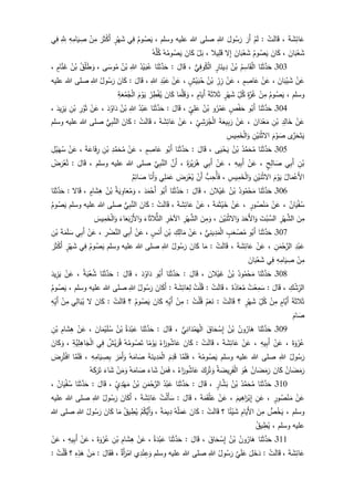 َ‫ة‬ َ‫ش‬ِ‫ائ‬َ‫ع‬،ْ‫ت‬َ‫ل‬‫ا‬َ‫ق‬:ْ‫م‬َ‫ل‬َ‫َر‬‫أ‬َ‫ول‬ُ‫س‬َ‫ر‬ِ‫للا‬‫وسلم‬ ‫عليه‬ ‫للا‬ ‫صلى‬،ُ‫وم‬ُ‫ص‬َ‫ي‬‫ي‬ِ‫ف‬ٍ‫ر‬ْ‫ه‬َ‫ش‬َ‫ر‬َ‫ث‬ْ‫ك‬َ‫أ‬ْ‫ن‬ِ‫م‬ِ‫ه‬ِ‫ام‬َ‫ي‬ ِ‫ص‬َِِّ‫ّلل‬‫ي‬ِ‫ف‬
َ‫ش‬َ‫ان‬َ‫ب‬ْ‫ع‬،َ‫ان‬َ‫ك‬ُ‫وم‬ُ‫ص‬َ‫ي‬َ‫ان‬َ‫ب‬ْ‫ع‬َ‫ش‬‫ل‬ِ‫إ‬‫يال‬ِ‫ل‬َ‫ق‬،ْ‫ل‬َ‫ب‬َ‫ان‬َ‫ك‬ُ‫ه‬ُ‫وم‬ُ‫ص‬َ‫ي‬ُ‫ه‬َّ‫ل‬ُ‫ك‬
313‫ـ‬‫ا‬َ‫ن‬َ‫ث‬َّ‫د‬َ‫ح‬ُ‫م‬ِ‫اس‬َ‫ق‬ْ‫ل‬‫ا‬ُ‫ن‬ْ‫ب‬ٍ‫ار‬َ‫ين‬ِ‫د‬‫ي‬ِ‫ف‬‫و‬ُ‫ك‬ْ‫ل‬‫ا‬،َ‫ال‬َ‫ق‬:‫ا‬َ‫ن‬َ‫ث‬َّ‫د‬َ‫ح‬ُ‫د‬ْ‫ي‬َ‫ب‬ُ‫ع‬ِ‫للا‬ُ‫ن‬ْ‫ب‬‫ى‬َ‫وس‬ُ‫م‬،ُ‫ق‬ْ‫ل‬َ‫ط‬ َ‫و‬ُ‫ن‬ْ‫ب‬ٍ‫ام‬َّ‫ن‬َ‫غ‬،
ْ‫ن‬َ‫ع‬َ‫ان‬َ‫ب‬ْ‫ي‬ َ‫ش‬،ْ‫ن‬َ‫ع‬ٍ‫م‬ ِ‫اص‬َ‫ع‬،ْ‫ن‬َ‫ع‬ِ‫ر‬ِ‫ز‬ُ‫ن‬ْ‫ب‬ٍ‫ش‬ْ‫ي‬َ‫ب‬ُ‫ح‬،ْ‫ن‬َ‫ع‬ِ‫د‬ْ‫ب‬َ‫ع‬ِ‫للا‬،َ‫ال‬َ‫ق‬:َ‫ان‬َ‫ك‬ُ‫ول‬ُ‫س‬َ‫ر‬ِ‫للا‬‫عليه‬ ‫للا‬ ‫صلى‬
‫وسلم‬،ُ‫وم‬ُ‫ص‬َ‫ي‬ْ‫ن‬ِ‫م‬ِ‫ة‬َّ‫ر‬ُ‫غ‬ِ‫ل‬ُ‫ك‬ٍ‫ر‬ْ‫ه‬َ‫ش‬َ‫ة‬َ‫ث‬‫ال‬َ‫ث‬ٍ‫ام‬َ‫َي‬‫أ‬،‫ا‬َ‫م‬َّ‫ل‬َ‫ق‬ َ‫و‬َ‫ان‬َ‫ك‬ُ‫ر‬ِ‫ط‬ْ‫ف‬ُ‫ي‬َ‫م‬ْ‫و‬َ‫ي‬ِ‫ة‬َ‫ع‬ُ‫م‬ُ‫ج‬ْ‫ل‬‫ا‬
314‫ـ‬‫ا‬َ‫ن‬َ‫ث‬َّ‫د‬َ‫ح‬‫و‬ُ‫َب‬‫أ‬ٍ‫ص‬ْ‫ف‬َ‫ح‬‫و‬ُ‫ر‬ْ‫م‬َ‫ع‬ُ‫ن‬ْ‫ب‬ٍ‫ي‬ِ‫ل‬َ‫ع‬،َ‫ال‬َ‫ق‬:‫ا‬َ‫ن‬َ‫ث‬َّ‫د‬َ‫ح‬ُ‫د‬ْ‫ب‬َ‫ع‬ِ‫للا‬ُ‫ن‬ْ‫ب‬َ‫د‬ُ‫او‬َ‫د‬،ْ‫ن‬َ‫ع‬ِ‫ر‬ْ‫و‬َ‫ث‬ِ‫ن‬ْ‫ب‬َ‫يد‬ِ‫ز‬َ‫ي‬،
ْ‫ن‬َ‫ع‬ِ‫د‬ِ‫ال‬َ‫خ‬ِ‫ن‬ْ‫ب‬َ‫ان‬َ‫د‬ْ‫ع‬َ‫م‬،ْ‫ن‬َ‫ع‬َ‫ة‬َ‫يع‬ِ‫ب‬َ‫ر‬ِ‫ي‬ِ‫ش‬َ‫ر‬ُ‫ج‬ْ‫ل‬‫ا‬،ْ‫ن‬َ‫ع‬َ‫ة‬ َ‫ش‬ِ‫ائ‬َ‫ع‬،ْ‫ت‬َ‫ل‬‫ا‬َ‫ق‬:َ‫ان‬َ‫ك‬‫ي‬ِ‫ب‬َّ‫الن‬‫وسلم‬ ‫عليه‬ ‫للا‬ ‫صلى‬
‫ى‬َّ‫ر‬َ‫ح‬َ‫ت‬َ‫ي‬َ‫م‬ْ‫و‬ َ‫ص‬ِ‫ن‬ْ‫ي‬َ‫ن‬ْ‫ث‬‫ال‬ِ‫يس‬ِ‫م‬َ‫خ‬ْ‫ل‬‫ا‬َ‫و‬
315‫ـ‬‫ا‬َ‫ن‬َ‫ث‬َّ‫د‬َ‫ح‬ُ‫د‬َّ‫م‬َ‫ح‬ُ‫م‬ُ‫ن‬ْ‫ب‬‫ى‬َ‫ي‬ْ‫ح‬َ‫ي‬،َ‫ال‬َ‫ق‬:‫ا‬َ‫ن‬َ‫ث‬َّ‫د‬َ‫ح‬‫و‬ُ‫َب‬‫أ‬ٍ‫م‬ ِ‫اص‬َ‫ع‬،ْ‫ن‬َ‫ع‬ِ‫د‬َّ‫م‬َ‫ح‬ُ‫م‬ِ‫ن‬ْ‫ب‬َ‫ة‬َ‫اع‬َ‫ف‬ِ‫ر‬،ْ‫ن‬َ‫ع‬ِ‫ل‬ْ‫ي‬َ‫ه‬ُ‫س‬
ِ‫ن‬ْ‫ب‬‫ي‬ِ‫ب‬َ‫أ‬ٍ‫ح‬ِ‫ال‬ َ‫ص‬،ْ‫ن‬َ‫ع‬ِ‫يه‬ِ‫ب‬َ‫أ‬،ْ‫ن‬َ‫ع‬‫ي‬ِ‫ب‬َ‫أ‬َ‫ة‬َ‫ر‬ْ‫ي‬َ‫ر‬ُ‫ه‬،َّ‫َن‬‫أ‬َّ‫ي‬ِ‫ب‬َّ‫الن‬‫وسلم‬ ‫عليه‬ ‫للا‬ ‫صلى‬،َ‫ال‬َ‫ق‬:ُ‫ض‬َ‫ر‬ْ‫ع‬ُ‫ت‬
ُ‫ال‬َ‫م‬ْ‫َع‬‫أل‬‫ا‬َ‫م‬ْ‫و‬َ‫ي‬ِ‫ن‬ْ‫ي‬َ‫ن‬ْ‫ث‬‫ال‬ِ‫يس‬ِ‫م‬َ‫خ‬ْ‫ل‬‫ا‬َ‫و‬،‫ب‬ِ‫ُح‬‫أ‬َ‫ف‬ْ‫َن‬‫أ‬َ‫ض‬َ‫ر‬ْ‫ع‬ُ‫ي‬‫ي‬ِ‫ل‬َ‫م‬َ‫ع‬‫ا‬َ‫َن‬‫أ‬َ‫و‬‫م‬ِ‫ائ‬ َ‫ص‬
316‫ـ‬‫ا‬َ‫ن‬َ‫ث‬َّ‫د‬َ‫ح‬ُ‫ود‬ُ‫م‬ْ‫ح‬َ‫م‬ُ‫ن‬ْ‫ب‬َ‫الن‬ْ‫ي‬َ‫غ‬،َ‫ال‬َ‫ق‬:‫ا‬َ‫ن‬َ‫ث‬َّ‫د‬َ‫ح‬‫و‬ُ‫َب‬‫أ‬َ‫د‬َ‫م‬ْ‫َح‬‫أ‬،ُ‫ة‬َ‫ي‬ ِ‫او‬َ‫ع‬ُ‫م‬َ‫و‬ُ‫ن‬ْ‫ب‬ٍ‫ام‬َ‫ش‬ِ‫ه‬،‫ال‬َ‫ق‬:‫ا‬َ‫ن‬َ‫ث‬َّ‫د‬َ‫ح‬
ُ‫ان‬َ‫ي‬ْ‫ف‬ُ‫س‬،ْ‫ن‬َ‫ع‬ٍ‫ور‬ُ‫ص‬ْ‫ن‬َ‫م‬،ْ‫ن‬َ‫ع‬َ‫ة‬َ‫م‬َ‫ث‬ْ‫ي‬َ‫خ‬،ْ‫ن‬َ‫ع‬َ‫ة‬ َ‫ش‬ِ‫ائ‬َ‫ع‬،ْ‫ت‬َ‫ل‬‫ا‬َ‫ق‬:َ‫ان‬َ‫ك‬‫ي‬ِ‫ب‬َّ‫الن‬‫صلى‬‫وسلم‬ ‫عليه‬ ‫للا‬ُ‫وم‬ُ‫ص‬َ‫ي‬
َ‫ن‬ِ‫م‬ِ‫ر‬ْ‫ه‬َّ‫الش‬َ‫ت‬ْ‫ب‬ َّ‫الس‬َ‫د‬َ‫َح‬‫أل‬‫ا‬َ‫و‬َ‫ن‬ْ‫ي‬َ‫ن‬ْ‫ث‬‫ال‬َ‫و‬،َ‫ن‬ِ‫م‬َ‫و‬ِ‫ر‬ْ‫ه‬َّ‫الش‬ِ‫ر‬َ‫اآلخ‬َ‫اء‬َ‫ث‬‫ال‬‫الث‬َ‫اء‬َ‫ع‬َ‫ب‬ْ‫َر‬‫أل‬‫ا‬َ‫و‬َ‫يس‬ِ‫م‬َ‫خ‬ْ‫ل‬‫ا‬َ‫و‬
317‫ـ‬‫ا‬َ‫ن‬َ‫ث‬َّ‫د‬َ‫ح‬‫و‬ُ‫َب‬‫أ‬ٍ‫ب‬َ‫ع‬ ْ‫ص‬ُ‫م‬‫ي‬ِ‫ين‬ِ‫د‬َ‫م‬ْ‫ل‬‫ا‬،ْ‫ن‬َ‫ع‬ِ‫ك‬ِ‫ال‬َ‫م‬ِ‫ن‬ْ‫ب‬ٍ‫س‬َ‫َن‬‫أ‬،ْ‫ن‬َ‫ع‬‫ي‬ِ‫ب‬َ‫أ‬ِ‫ر‬ ْ‫ض‬َّ‫الن‬،ْ‫ن‬َ‫ع‬‫ي‬ِ‫ب‬َ‫أ‬َ‫ل‬ َ‫س‬َ‫ة‬َ‫م‬ِ‫ن‬ْ‫ب‬
ِ‫د‬ْ‫ب‬َ‫ع‬ِ‫ن‬َ‫م‬ْ‫ح‬َّ‫الر‬،ْ‫ن‬َ‫ع‬َ‫ة‬ َ‫ش‬ِ‫ائ‬َ‫ع‬،ْ‫ت‬َ‫ل‬‫ا‬َ‫ق‬:‫ا‬َ‫م‬َ‫ان‬َ‫ك‬ُ‫ول‬ُ‫س‬َ‫ر‬ِ‫للا‬‫وسلم‬ ‫عليه‬ ‫للا‬ ‫صلى‬ُ‫وم‬ُ‫ص‬َ‫ي‬‫ي‬ِ‫ف‬ٍ‫ر‬ْ‫ه‬َ‫ش‬َ‫ر‬َ‫ث‬ْ‫ك‬َ‫أ‬
ْ‫ن‬ِ‫م‬ِ‫ه‬ِ‫ام‬َ‫ي‬ ِ‫ص‬‫ي‬ِ‫ف‬َ‫ان‬َ‫ب‬ْ‫ع‬َ‫ش‬
318‫ـ‬‫ا‬َ‫ن‬َ‫ث‬َّ‫د‬َ‫ح‬ُ‫ود‬ُ‫م‬ْ‫ح‬َ‫م‬ُ‫ن‬ْ‫ب‬َ‫الن‬ْ‫ي‬َ‫غ‬،َ‫ال‬َ‫ق‬:‫ا‬َ‫ن‬َ‫ث‬َّ‫د‬َ‫ح‬‫و‬ُ‫َب‬‫أ‬َ‫د‬ُ‫او‬َ‫د‬،َ‫ال‬َ‫ق‬:‫ا‬َ‫ن‬َ‫ث‬َّ‫د‬َ‫ح‬ُ‫ش‬ُ‫ة‬َ‫ب‬ْ‫ع‬،ْ‫ن‬َ‫ع‬َ‫يد‬ِ‫ز‬َ‫ي‬
ِ‫ك‬ْ‫ش‬ِ‫الر‬،َ‫ال‬َ‫ق‬:ُ‫ت‬ْ‫ع‬ِ‫م‬َ‫س‬َ‫ة‬َ‫ذ‬‫ا‬َ‫ع‬ُ‫م‬،ْ‫ت‬َ‫ل‬‫ا‬َ‫ق‬:ُ‫ت‬ْ‫ل‬ُ‫ق‬َ‫ة‬ َ‫ش‬ِ‫ائ‬َ‫ع‬ِ‫ل‬:َ‫ان‬َ‫َك‬‫أ‬ُ‫ول‬ُ‫س‬َ‫ر‬ِ‫للا‬‫وسلم‬ ‫عليه‬ ‫للا‬ ‫صلى‬،ُ‫وم‬ُ‫ص‬َ‫ي‬
َ‫ة‬َ‫ث‬‫ال‬َ‫ث‬ٍ‫َّام‬‫َي‬‫أ‬ْ‫ن‬ِ‫م‬ِ‫ل‬ُ‫ك‬ٍ‫ر‬ْ‫ه‬َ‫ش‬‫؟‬ْ‫ت‬َ‫ل‬‫ا‬َ‫ق‬:ْ‫م‬َ‫ع‬َ‫ن‬ُ‫ت‬ْ‫ل‬ُ‫ق‬:ْ‫ن‬ِ‫م‬ِ‫ه‬ِ‫َي‬‫أ‬َ‫ان‬َ‫ك‬ُ‫وم‬ُ‫ص‬َ‫ي‬‫؟‬ْ‫ت‬َ‫ل‬‫ا‬َ‫ق‬:َ‫ان‬َ‫ك‬‫ل‬‫ي‬ِ‫ال‬َ‫ب‬ُ‫ي‬ْ‫ن‬ِ‫م‬ِ‫ه‬ِ‫َي‬‫أ‬
َ‫ام‬ َ‫ص‬
319‫ـ‬‫ا‬َ‫ن‬َ‫ث‬َّ‫د‬َ‫ح‬ُ‫ون‬ُ‫ار‬َ‫ه‬ُ‫ن‬ْ‫ب‬َ‫اق‬َ‫ح‬ ْ‫س‬ِ‫إ‬‫ي‬ِ‫ان‬َ‫د‬ْ‫م‬َ‫ه‬ْ‫ل‬‫ا‬،َ‫ال‬َ‫ق‬:‫ا‬َ‫ن‬َ‫ث‬َّ‫د‬َ‫ح‬ُ‫ة‬َ‫د‬ْ‫ب‬َ‫ع‬ُ‫ن‬ْ‫ب‬َ‫ان‬َ‫م‬ْ‫ي‬َ‫ل‬ُ‫س‬،ْ‫ن‬َ‫ع‬ِ‫ام‬َ‫ش‬ِ‫ه‬ِ‫ن‬ْ‫ب‬
َ‫ة‬َ‫و‬ْ‫ر‬ُ‫ع‬،ْ‫ن‬َ‫ع‬ِ‫يه‬ِ‫ب‬َ‫أ‬،ْ‫ن‬َ‫ع‬َ‫ة‬ َ‫ش‬ِ‫ائ‬َ‫ع‬،ْ‫ت‬َ‫ل‬‫ا‬َ‫ق‬:َ‫ان‬َ‫ك‬ُ‫اء‬َ‫ور‬ُ‫اش‬َ‫ع‬‫ا‬‫م‬ْ‫و‬َ‫ي‬ُ‫ه‬ُ‫وم‬ُ‫ص‬َ‫ت‬‫ش‬ْ‫ي‬َ‫ر‬ُ‫ق‬‫ي‬ِ‫ف‬ِ‫َّة‬‫ي‬ِ‫ل‬ِ‫اه‬َ‫ج‬ْ‫ل‬‫ا‬،َ‫ان‬َ‫ك‬َ‫و‬
ُ‫ول‬ُ‫س‬َ‫ر‬ِ‫للا‬‫وسلم‬ ‫عليه‬ ‫للا‬ ‫صلى‬ُ‫ه‬ُ‫وم‬ُ‫ص‬َ‫ي‬،‫ا‬َّ‫م‬َ‫ل‬َ‫ف‬َ‫م‬ِ‫د‬َ‫ق‬َ‫ة‬َ‫ين‬ِ‫د‬َ‫م‬ْ‫ل‬‫ا‬ُ‫ه‬َ‫ام‬ َ‫ص‬َ‫ر‬َ‫َم‬‫أ‬َ‫و‬ِ‫ه‬ِ‫ام‬َ‫ي‬ ِ‫ص‬ِ‫ب‬،‫ا‬َّ‫م‬َ‫ل‬َ‫ف‬َ‫ض‬ِ‫ر‬ُ‫ت‬ْ‫ف‬‫ا‬
ُ‫ان‬ َ‫ض‬َ‫م‬َ‫ر‬َ‫ان‬َ‫ك‬ُ‫ان‬ َ‫ض‬َ‫م‬َ‫ر‬َ‫و‬ُ‫ه‬ُ‫ة‬ َ‫يض‬ِ‫ر‬َ‫ف‬ْ‫ل‬‫ا‬َ‫ك‬ِ‫ر‬ُ‫ت‬ َ‫و‬ُ‫اء‬َ‫ور‬ُ‫اش‬َ‫ع‬،ْ‫ن‬َ‫م‬َ‫ف‬َ‫اء‬َ‫ش‬ُ‫ه‬َ‫ام‬ َ‫ص‬ْ‫ن‬َ‫م‬َ‫و‬َ‫اء‬َ‫ش‬َ‫ك‬َ‫ر‬َ‫ت‬ُ‫ه‬
311‫ـ‬‫ا‬َ‫ن‬َ‫ث‬َّ‫د‬َ‫ح‬ُ‫د‬َّ‫م‬َ‫ح‬ُ‫م‬ُ‫ن‬ْ‫ب‬ٍ‫ار‬َّ‫ش‬َ‫ب‬،َ‫ال‬َ‫ق‬:‫ا‬َ‫ن‬َ‫ث‬َّ‫د‬َ‫ح‬ُ‫د‬ْ‫ب‬َ‫ع‬ِ‫ن‬َ‫م‬ْ‫ح‬َّ‫الر‬ُ‫ن‬ْ‫ب‬ٍ‫ي‬ِ‫د‬ْ‫ه‬َ‫م‬،َ‫ال‬َ‫ق‬:‫ا‬َ‫ن‬َ‫ث‬َّ‫د‬َ‫ح‬ُ‫ان‬َ‫ي‬ْ‫ف‬ُ‫س‬،
ْ‫ن‬َ‫ع‬ٍ‫ور‬ُ‫ص‬ْ‫ن‬َ‫م‬،ِ‫ن‬َ‫ع‬َ‫يم‬ِ‫اه‬َ‫ر‬ْ‫ب‬ِ‫إ‬،ْ‫ن‬َ‫ع‬َ‫ة‬َ‫م‬َ‫ق‬ْ‫ل‬َ‫ع‬،َ‫ال‬َ‫ق‬:ُ‫ت‬ْ‫ل‬َ‫أ‬َ‫س‬َ‫ة‬ َ‫ش‬ِ‫ائ‬َ‫ع‬،َ‫ان‬َ‫َك‬‫أ‬ُ‫ول‬ُ‫س‬َ‫ر‬ِ‫للا‬‫عليه‬ ‫للا‬ ‫صلى‬
‫وسل‬‫م‬،‫ص‬ُ‫خ‬َ‫ي‬َ‫ن‬ِ‫م‬ِ‫ام‬َ‫َي‬‫أل‬‫ا‬‫ا‬‫ئ‬ْ‫ي‬ َ‫ش‬‫؟‬ْ‫ت‬َ‫ل‬‫ا‬َ‫ق‬:َ‫ان‬َ‫ك‬ُ‫ه‬ُ‫ل‬َ‫م‬َ‫ع‬‫ة‬َ‫يم‬ِ‫د‬،ْ‫م‬ُ‫ك‬‫َي‬‫أ‬َ‫و‬ُ‫يق‬ ِ‫ط‬ُ‫ي‬‫ا‬َ‫م‬َ‫ان‬َ‫ك‬ُ‫ول‬ُ‫س‬َ‫ر‬ِ‫للا‬‫للا‬ ‫صلى‬
‫وسلم‬ ‫عليه‬،ُ‫يق‬ ِ‫ط‬ُ‫ي‬
311‫ـ‬‫ا‬َ‫ن‬َ‫ث‬َّ‫د‬َ‫ح‬ُ‫ون‬ُ‫ار‬َ‫ه‬ُ‫ن‬ْ‫ب‬َ‫اق‬َ‫ح‬ ْ‫س‬ِ‫إ‬،َ‫ال‬َ‫ق‬:‫ا‬َ‫ن‬َ‫ث‬َّ‫د‬َ‫ح‬ُ‫ة‬َ‫د‬ْ‫ب‬َ‫ع‬،ْ‫ن‬َ‫ع‬ِ‫ام‬َ‫ش‬ِ‫ه‬ِ‫ن‬ْ‫ب‬َ‫ة‬َ‫و‬ْ‫ر‬ُ‫ع‬،ْ‫ن‬َ‫ع‬ِ‫ب‬َ‫أ‬ِ‫يه‬،ْ‫ن‬َ‫ع‬
َ‫ة‬ َ‫ش‬ِ‫ائ‬َ‫ع‬،ْ‫ت‬َ‫ل‬‫ا‬َ‫ق‬:َ‫ل‬َ‫خ‬َ‫د‬َّ‫ي‬َ‫ل‬َ‫ع‬ُ‫ول‬ُ‫س‬َ‫ر‬ِ‫للا‬‫وسلم‬ ‫عليه‬ ‫للا‬ ‫صلى‬‫ي‬ِ‫د‬ْ‫ن‬ ِ‫ع‬َ‫و‬‫َة‬‫أ‬َ‫ر‬ْ‫ام‬،َ‫ال‬َ‫ق‬َ‫ف‬:ْ‫ن‬َ‫م‬ِ‫ه‬ِ‫ذ‬َ‫ه‬‫؟‬ُ‫ت‬ْ‫ل‬ُ‫ق‬:
 