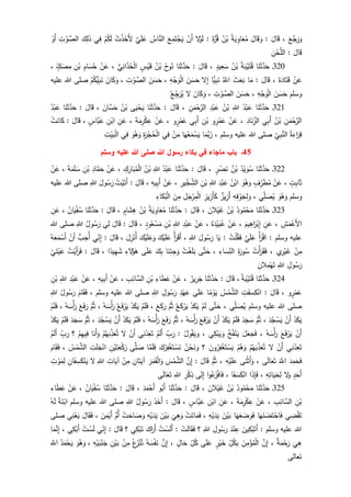 َ‫ع‬َّ‫ج‬َ‫ر‬َ‫و‬،َ‫ال‬َ‫ق‬:َ‫ال‬َ‫ق‬ َ‫و‬ُ‫ة‬َ‫ي‬ ِ‫او‬َ‫ع‬ُ‫م‬ُ‫ن‬ْ‫ب‬َ‫ة‬َّ‫ر‬ُ‫ق‬:‫ل‬ْ‫و‬َ‫ل‬ْ‫َن‬‫أ‬َ‫ع‬ِ‫م‬َ‫ت‬ْ‫ج‬َ‫ي‬ُ‫اس‬َّ‫الن‬َّ‫ي‬َ‫ل‬َ‫ع‬ُ‫ت‬ْ‫ذ‬َ‫َخ‬‫أل‬ْ‫م‬ُ‫ك‬َ‫ل‬‫ي‬ِ‫ف‬َ‫ك‬ِ‫ل‬َ‫ذ‬ِ‫ت‬ ْ‫و‬ َّ‫الص‬ْ‫َو‬‫أ‬
َ‫ال‬َ‫ق‬:ِ‫ن‬ْ‫ح‬َّ‫الل‬
321‫ـ‬‫ا‬َ‫ن‬َ‫ث‬َّ‫د‬َ‫ح‬ُ‫ة‬َ‫ب‬ْ‫ي‬َ‫ت‬ُ‫ق‬ُ‫ن‬ْ‫ب‬ٍ‫يد‬ِ‫ع‬َ‫س‬،َ‫ال‬َ‫ق‬:‫ا‬َ‫ن‬َ‫ث‬َّ‫د‬َ‫ح‬ُ‫وح‬ُ‫ن‬ُ‫ن‬ْ‫ب‬ٍ‫س‬ْ‫ي‬َ‫ق‬‫ي‬ِ‫ان‬َّ‫د‬ُ‫ح‬ْ‫ل‬‫ا‬،ْ‫ن‬َ‫ع‬ِ‫ام‬َ‫س‬ُ‫ح‬ِ‫ن‬ْ‫ب‬ٍ‫ك‬ َ‫ص‬ِ‫م‬،
ْ‫ن‬َ‫ع‬َ‫ة‬َ‫اد‬َ‫ت‬َ‫ق‬،َ‫ال‬َ‫ق‬:‫ا‬َ‫م‬َ‫ث‬َ‫ع‬َ‫ب‬َُّ‫اّلل‬‫ًّا‬‫ي‬ِ‫ب‬َ‫ن‬‫ل‬ِ‫إ‬َ‫ن‬ َ‫س‬َ‫ح‬ِ‫ه‬ْ‫ج‬َ‫و‬ْ‫ل‬‫ا‬،َ‫ن‬ َ‫س‬َ‫ح‬ِ‫ت‬ ْ‫و‬ َّ‫الص‬،َ‫ان‬َ‫ك‬َ‫و‬ُ‫ك‬‫ي‬ِ‫ب‬َ‫ن‬ْ‫م‬‫عليه‬ ‫للا‬ ‫صلى‬
‫وسلم‬َ‫ن‬ َ‫س‬َ‫ح‬ِ‫ه‬ْ‫ج‬َ‫و‬ْ‫ل‬‫ا‬،َ‫ن‬ َ‫س‬َ‫ح‬ِ‫ت‬ ْ‫و‬ َّ‫الص‬،َ‫ان‬َ‫ك‬َ‫و‬‫ل‬ُ‫ع‬ِ‫ج‬َ‫ر‬ُ‫ي‬
321‫ـ‬‫ا‬َ‫ن‬َ‫ث‬َّ‫د‬َ‫ح‬ُ‫د‬ْ‫ب‬َ‫ع‬ِ‫للا‬ُ‫ن‬ْ‫ب‬ِ‫د‬ْ‫ب‬َ‫ع‬ِ‫ن‬َ‫م‬ْ‫ح‬َّ‫الر‬،َ‫ال‬َ‫ق‬:‫ا‬َ‫ن‬َ‫ث‬َّ‫د‬َ‫ح‬‫ى‬َ‫ي‬ْ‫ح‬َ‫ي‬ُ‫ن‬ْ‫ب‬َ‫ان‬َّ‫س‬َ‫ح‬،َ‫ال‬َ‫ق‬:‫ا‬َ‫ن‬َ‫ث‬َّ‫د‬َ‫ح‬ُ‫د‬ْ‫ب‬َ‫ع‬
ِ‫ن‬َ‫م‬ْ‫ح‬َّ‫الر‬ُ‫ن‬ْ‫ب‬‫ي‬ِ‫ب‬َ‫أ‬ِ‫اد‬َ‫ن‬ِ‫الز‬،ْ‫ن‬َ‫ع‬‫و‬ِ‫ر‬ْ‫م‬َ‫ع‬ِ‫ن‬ْ‫ب‬‫ي‬ِ‫ب‬َ‫أ‬‫و‬ٍ‫ر‬ْ‫م‬َ‫ع‬،ْ‫ن‬َ‫ع‬َ‫ة‬َ‫م‬ِ‫ر‬ْ‫ك‬ِ‫ع‬،ِ‫ن‬َ‫ع‬ِ‫ن‬ْ‫اب‬ٍ‫َّاس‬‫ب‬َ‫ع‬،َ‫ال‬َ‫ق‬:ْ‫ت‬َ‫ان‬َ‫ك‬
ُ‫ة‬َ‫اء‬َ‫ر‬ِ‫ق‬ِ‫ي‬ِ‫ب‬َّ‫الن‬‫وسلم‬ ‫عليه‬ ‫للا‬ ‫صلى‬،‫ا‬َ‫َّم‬‫ب‬ُ‫ر‬‫ا‬َ‫ه‬ُ‫ع‬َ‫م‬ْ‫س‬َ‫ي‬ْ‫ن‬َ‫م‬‫ي‬ِ‫ف‬ِ‫ة‬َ‫ر‬ْ‫ج‬ُ‫ح‬ْ‫ل‬‫ا‬َ‫و‬ُ‫ه‬َ‫و‬‫ي‬ِ‫ف‬ِ‫ت‬ْ‫ي‬َ‫ب‬ْ‫ل‬‫ا‬
45‫هللا‬ ‫رسول‬ ‫بكاء‬ ‫في‬ ‫ماجاء‬ ‫باب‬ ‫ـ‬‫وسلم‬ ‫عليه‬ ‫هللا‬ ‫صلى‬
322‫ـ‬‫ا‬َ‫ن‬َ‫ث‬َّ‫د‬َ‫ح‬ْ‫ي‬ َ‫و‬ُ‫س‬ُ‫د‬ُ‫ن‬ْ‫ب‬ٍ‫ر‬ ْ‫ص‬َ‫ن‬،َ‫ال‬َ‫ق‬:‫ا‬َ‫ن‬َ‫ث‬َّ‫د‬َ‫ح‬ُ‫د‬ْ‫ب‬َ‫ع‬ِ‫للا‬ُ‫ن‬ْ‫ب‬ِ‫ك‬ِ‫ار‬َ‫ب‬ُ‫م‬ْ‫ل‬‫ا‬،ْ‫ن‬َ‫ع‬ِ‫اد‬َّ‫م‬َ‫ح‬ِ‫ن‬ْ‫ب‬َ‫ة‬َ‫م‬َ‫ل‬ َ‫س‬،ْ‫ن‬َ‫ع‬
ٍ‫ت‬ِ‫ب‬‫ا‬َ‫ث‬،ْ‫ن‬َ‫ع‬ٍ‫ف‬ِ‫ر‬َ‫ط‬ُ‫م‬َ‫و‬ُ‫ه‬َ‫و‬ُ‫ن‬ْ‫اب‬ِ‫د‬ْ‫ب‬َ‫ع‬ِ‫للا‬ِ‫ن‬ْ‫ب‬ِ‫ير‬ِ‫خ‬ ِ‫الش‬،ْ‫ن‬َ‫ع‬ِ‫يه‬ِ‫ب‬َ‫أ‬،َ‫ال‬َ‫ق‬:ُ‫ت‬ْ‫ي‬َ‫َت‬‫أ‬َ‫ول‬ُ‫س‬َ‫ر‬ِ‫للا‬‫عليه‬ ‫للا‬ ‫صلى‬
‫وسلم‬َ‫و‬ُ‫ه‬َ‫و‬‫ي‬ِ‫ل‬ َ‫ص‬ُ‫ي‬،ِ‫ه‬ِ‫ف‬ ْ‫و‬َ‫ج‬ِ‫ل‬ َ‫و‬‫يز‬ِ‫َز‬‫أ‬ِ‫يز‬ِ‫َز‬‫أ‬َ‫ك‬ِ‫ل‬َ‫ج‬ْ‫ر‬ِ‫م‬ْ‫ل‬‫ا‬َ‫ن‬ِ‫م‬ِ‫اء‬َ‫ك‬ُ‫ب‬ْ‫ل‬‫ا‬
323‫ـ‬‫ا‬َ‫ن‬َ‫ث‬َّ‫د‬َ‫ح‬ُ‫ود‬ُ‫م‬ْ‫ح‬َ‫م‬ُ‫ن‬ْ‫ب‬َ‫الن‬ْ‫ي‬َ‫غ‬،َ‫ال‬َ‫ق‬:‫ا‬َ‫ن‬َ‫ث‬َّ‫د‬َ‫ح‬ُ‫ة‬َ‫ي‬ ِ‫او‬َ‫ع‬ُ‫م‬ُ‫ن‬ْ‫ب‬ٍ‫ام‬َ‫ش‬ِ‫ه‬،َ‫ال‬َ‫ق‬:‫ا‬َ‫ن‬َ‫ث‬َّ‫د‬َ‫ح‬ُ‫ان‬َ‫ي‬ْ‫ف‬ُ‫س‬،ِ‫ن‬َ‫ع‬
ِ‫ش‬َ‫م‬ْ‫َع‬‫أل‬‫ا‬،ِ‫ن‬َ‫ع‬َ‫يم‬ِ‫اه‬َ‫ر‬ْ‫ب‬ِ‫إ‬،ْ‫ن‬َ‫ع‬َ‫ة‬َ‫د‬ْ‫ي‬َ‫ب‬ُ‫ع‬،ْ‫ن‬َ‫ع‬ِ‫د‬ْ‫ب‬َ‫ع‬ِ‫للا‬ْ‫ب‬ِ‫ن‬ٍ‫ود‬ُ‫ع‬ْ‫س‬َ‫م‬،َ‫ال‬َ‫ق‬:َ‫ال‬َ‫ق‬‫ي‬ِ‫ل‬ُ‫ول‬ُ‫س‬َ‫ر‬ِ‫للا‬‫للا‬ ‫صلى‬
‫وسلم‬ ‫عليه‬:ْ‫أ‬َ‫ر‬ْ‫ق‬‫ا‬َّ‫ي‬َ‫ل‬َ‫ع‬ُ‫ت‬ْ‫ل‬ُ‫ق‬َ‫ف‬:‫ا‬َ‫ي‬َ‫ول‬ُ‫س‬َ‫ر‬ِ‫للا‬،ُ‫أ‬َ‫ر‬َ‫َق‬‫أ‬َ‫ك‬ْ‫ي‬َ‫ل‬َ‫ع‬َ‫ك‬ْ‫ي‬َ‫ل‬َ‫ع‬َ‫و‬َ‫ل‬ِ‫ز‬ْ‫ُن‬‫أ‬،َ‫ال‬َ‫ق‬:‫ي‬ِ‫ن‬ِ‫إ‬‫ب‬ِ‫ُح‬‫أ‬ْ‫َن‬‫أ‬ُ‫ه‬َ‫ع‬َ‫م‬ْ‫َس‬‫أ‬
ْ‫ن‬ِ‫م‬‫ي‬ِ‫ر‬ْ‫ي‬َ‫غ‬،ُ‫ت‬ْ‫أ‬َ‫ر‬َ‫ق‬َ‫ف‬َ‫ة‬َ‫ور‬ُ‫س‬ِ‫اء‬َ‫س‬ِ‫الن‬،‫ى‬َّ‫ت‬َ‫ح‬ُ‫ت‬ْ‫غ‬َ‫ل‬َ‫ب‬‫ا‬َ‫ن‬ِ‫ئ‬ِ‫ج‬َ‫و‬َ‫ك‬ِ‫ب‬‫ى‬َ‫ل‬َ‫ع‬ِ‫لء‬ُ‫ؤ‬َ‫ه‬‫ا‬‫يد‬ِ‫ه‬َ‫ش‬،َ‫ال‬َ‫ق‬:ُ‫ت‬ْ‫َي‬‫أ‬َ‫ر‬َ‫ف‬
ْ
‫ي‬َ‫ن‬ْ‫ي‬َ‫ع‬
ِ‫ول‬ُ‫س‬َ‫ر‬ِ‫للا‬ِ‫الن‬ِ‫م‬ْ‫ه‬َ‫ت‬
324‫ـ‬‫ا‬َ‫ن‬َ‫ث‬َّ‫د‬َ‫ح‬ُ‫ة‬َ‫ب‬ْ‫ي‬َ‫ت‬ُ‫ق‬،َ‫ال‬َ‫ق‬:‫ا‬َ‫ن‬َ‫ث‬َّ‫د‬َ‫ح‬‫ير‬ِ‫ر‬َ‫ج‬،ْ‫ن‬َ‫ع‬ِ‫اء‬َ‫ط‬َ‫ع‬ِ‫ن‬ْ‫ب‬ِ‫ب‬ِ‫ائ‬َّ‫الس‬،ْ‫ن‬َ‫ع‬ِ‫يه‬ِ‫ب‬َ‫أ‬،ْ‫ن‬َ‫ع‬ِ‫د‬ْ‫ب‬َ‫ع‬ِ‫للا‬ِ‫ن‬ْ‫ب‬
‫و‬ٍ‫ر‬ْ‫م‬َ‫ع‬،َ‫ال‬َ‫ق‬:ِ‫ت‬َ‫كسف‬ْ‫ان‬َّ‫الش‬ُ‫س‬ْ‫م‬‫ا‬‫م‬ْ‫و‬َ‫ي‬‫ى‬َ‫ل‬َ‫ع‬ِ‫د‬ْ‫ه‬َ‫ع‬ِ‫ول‬ُ‫س‬َ‫ر‬ِ‫للا‬‫وسلم‬ ‫عليه‬ ‫للا‬ ‫صلى‬،َ‫ام‬َ‫ق‬َ‫ف‬ُ‫ول‬ُ‫س‬َ‫ر‬ِ‫للا‬
‫وسلم‬ ‫عليه‬ ‫للا‬ ‫صلى‬‫ي‬ِ‫ل‬ َ‫ص‬ُ‫ي‬،‫ى‬َّ‫ت‬َ‫ح‬ْ‫م‬َ‫ل‬ْ‫د‬َ‫ك‬َ‫ي‬ُ‫ع‬َ‫ك‬ْ‫ر‬َ‫ي‬َّ‫م‬ُ‫ث‬َ‫ع‬َ‫ك‬َ‫ر‬،ْ‫م‬َ‫ل‬َ‫ف‬ْ‫د‬َ‫ك‬َ‫ي‬ُ‫ع‬َ‫ف‬ْ‫ر‬َ‫ي‬ُ‫ه‬ َ‫س‬ْ‫أ‬َ‫ر‬،َّ‫م‬ُ‫ث‬َ‫ع‬َ‫ف‬َ‫ر‬ُ‫ه‬ َ‫س‬ْ‫أ‬َ‫ر‬،ْ‫م‬َ‫ل‬َ‫ف‬
ْ‫د‬َ‫ك‬َ‫ي‬ْ‫َن‬‫أ‬َ‫د‬ُ‫ج‬ ْ‫س‬َ‫ي‬،َّ‫م‬ُ‫ث‬َ‫د‬َ‫ج‬ َ‫س‬ْ‫م‬َ‫ل‬َ‫ف‬ْ‫د‬َ‫ك‬َ‫ي‬ْ‫َن‬‫أ‬َ‫ع‬َ‫ف‬ْ‫ر‬َ‫ي‬ُ‫ه‬ َ‫س‬ْ‫أ‬َ‫ر‬،َّ‫م‬ُ‫ث‬َ‫ع‬َ‫ف‬َ‫ر‬ُ‫ه‬ َ‫س‬ْ‫أ‬َ‫ر‬،ْ‫م‬َ‫ل‬َ‫ف‬ْ‫د‬َ‫ك‬َ‫ي‬ْ‫َن‬‫أ‬َ‫د‬ُ‫ج‬ ْ‫س‬َ‫ي‬،َّ‫م‬ُ‫ث‬َ‫د‬َ‫ج‬ َ‫س‬ْ‫م‬َ‫ل‬َ‫ف‬ْ‫د‬َ‫ك‬َ‫ي‬
ْ‫َن‬‫أ‬َ‫ع‬َ‫ف‬ْ‫ر‬َ‫ي‬ُ‫ه‬ َ‫س‬ْ‫أ‬َ‫ر‬،َ‫ل‬َ‫ع‬َ‫ج‬َ‫ف‬ُ‫خ‬ُ‫ف‬ْ‫ن‬َ‫ي‬‫ي‬ِ‫ك‬ْ‫ب‬َ‫ي‬ َ‫و‬،ُ‫ول‬ُ‫ق‬َ‫ي‬ َ‫و‬:ِ‫ب‬َ‫ر‬ْ‫م‬َ‫ل‬َ‫أ‬‫ي‬ِ‫ن‬ْ‫د‬ِ‫ع‬َ‫ت‬ْ‫َن‬‫أ‬‫ل‬ْ‫م‬ُ‫ه‬َ‫ب‬ِ‫ذ‬َ‫ع‬ُ‫ت‬‫ا‬َ‫َن‬‫أ‬َ‫و‬ْ‫م‬ِ‫ه‬‫ي‬ِ‫ف‬‫؟‬ِ‫ب‬َ‫ر‬ْ‫م‬َ‫ل‬َ‫أ‬
‫ي‬ِ‫ن‬ْ‫د‬ِ‫ع‬َ‫ت‬ْ‫َن‬‫أ‬‫ل‬ْ‫م‬ُ‫ه‬َ‫ب‬ِ‫ذ‬َ‫ع‬ُ‫ت‬ْ‫م‬ُ‫ه‬َ‫و‬َ‫ون‬ُ‫ر‬ِ‫ف‬ْ‫غ‬َ‫ت‬ ْ‫س‬َ‫ي‬‫؟‬ُ‫ن‬ْ‫ح‬َ‫ن‬ َ‫و‬َ‫ك‬ُ‫ر‬ِ‫ف‬ْ‫غ‬َ‫ت‬ ْ‫س‬َ‫ن‬‫ا‬َّ‫م‬َ‫ل‬َ‫ف‬‫ى‬َّ‫ل‬ َ‫ص‬ِ‫ن‬ْ‫ي‬َ‫ت‬َ‫ع‬ْ‫ك‬َ‫ر‬ِ‫ت‬َ‫ل‬َ‫ج‬ْ‫ان‬ُ‫س‬ْ‫م‬َّ‫الش‬،َ‫ام‬َ‫ق‬َ‫ف‬
َ‫د‬ِ‫م‬َ‫ح‬َ‫ف‬ََّ‫اّلل‬‫ى‬َ‫ل‬‫ا‬َ‫ع‬َ‫ت‬،‫ى‬َ‫ن‬ْ‫ث‬َ‫أ‬َ‫و‬ِ‫ه‬ْ‫ي‬َ‫ل‬َ‫ع‬،َّ‫م‬ُ‫ث‬َ‫ال‬َ‫ق‬:َّ‫ن‬ِ‫إ‬َ‫س‬ْ‫م‬َّ‫الش‬َ‫ر‬َ‫م‬َ‫ق‬ْ‫ل‬‫ا‬َ‫و‬ِ‫ان‬َ‫ت‬َ‫آي‬ْ‫ن‬ِ‫م‬َ‫آي‬ِ‫ات‬ِ‫للا‬‫ل‬ِ‫ان‬َ‫ف‬ ِ‫س‬َ‫ك‬ْ‫ن‬َ‫ي‬ِ‫ت‬ ْ‫و‬َ‫م‬ِ‫ل‬
ٍ‫د‬َ‫َح‬‫أ‬‫ل‬َ‫و‬ِ‫ه‬ِ‫ات‬َ‫ي‬َ‫ح‬ِ‫ل‬،‫ا‬َ‫ذ‬ِ‫إ‬َ‫ف‬‫ا‬َ‫ف‬ َ‫س‬َ‫ك‬ْ‫ان‬،‫ا‬‫و‬ُ‫ع‬َ‫ز‬ْ‫ف‬‫ا‬َ‫ف‬‫ى‬َ‫ل‬ِ‫إ‬ِ‫ر‬ْ‫ك‬ِ‫ذ‬ِ‫للا‬‫ى‬َ‫ل‬‫ا‬َ‫ع‬َ‫ت‬
325‫ـ‬‫ا‬َ‫ن‬َ‫ث‬َّ‫د‬َ‫ح‬ُ‫ود‬ُ‫م‬ْ‫ح‬َ‫م‬ُ‫ن‬ْ‫ب‬َ‫الن‬ْ‫ي‬َ‫غ‬،َ‫ال‬َ‫ق‬:‫ا‬َ‫ن‬َ‫ث‬َّ‫د‬َ‫ح‬‫و‬ُ‫َب‬‫أ‬َ‫د‬َ‫م‬ْ‫َح‬‫أ‬،َ‫ال‬َ‫ق‬:‫ا‬َ‫ن‬َ‫ث‬َّ‫د‬َ‫ح‬ُ‫ان‬َ‫ي‬ْ‫ف‬ُ‫س‬،ْ‫ن‬َ‫ع‬ِ‫اء‬َ‫ط‬َ‫ع‬
ِ‫ن‬ْ‫ب‬َّ‫الس‬ِ‫ب‬ِ‫ائ‬،ْ‫ن‬َ‫ع‬َ‫ة‬َ‫م‬ِ‫ر‬ْ‫ك‬ِ‫ع‬،ِ‫ن‬َ‫ع‬ِ‫ن‬ْ‫اب‬ٍ‫َّاس‬‫ب‬َ‫ع‬،َ‫ال‬َ‫ق‬:َ‫ذ‬َ‫َخ‬‫أ‬ُ‫ول‬ُ‫س‬َ‫ر‬ِ‫للا‬‫وسلم‬ ‫عليه‬ ‫للا‬ ‫صلى‬‫ة‬َ‫ن‬ْ‫اب‬ُ‫ه‬َ‫ل‬
‫ي‬ ِ‫ض‬ْ‫ق‬َ‫ت‬‫ا‬َ‫ه‬َ‫ن‬ َ‫ض‬َ‫ت‬ْ‫اح‬َ‫ف‬‫ا‬َ‫ه‬َ‫ع‬ َ‫ض‬ َ‫و‬َ‫ف‬َ‫ن‬ْ‫ي‬َ‫ب‬ِ‫ه‬ْ‫ي‬َ‫د‬َ‫ي‬،ْ‫ت‬َ‫ات‬َ‫م‬َ‫ف‬
َ
‫ي‬ِ‫ه‬َ‫و‬َ‫ن‬ْ‫ي‬َ‫ب‬ِ‫ه‬ْ‫ي‬َ‫د‬َ‫ي‬ْ‫ت‬َ‫اح‬ َ‫ص‬ َ‫و‬‫ُم‬‫أ‬َ‫ن‬َ‫م‬ْ‫َي‬‫أ‬،َ‫ال‬َ‫ق‬َ‫ف‬‫ي‬ِ‫ن‬ْ‫ع‬َ‫ي‬‫صلى‬
‫وسل‬ ‫عليه‬ ‫للا‬‫م‬:َ‫ين‬ِ‫ك‬ْ‫ب‬َ‫َت‬‫أ‬َ‫د‬ْ‫ن‬ ِ‫ع‬ِ‫ول‬ُ‫س‬َ‫ر‬ِ‫للا‬‫؟‬ْ‫ت‬َ‫ل‬‫ا‬َ‫ق‬َ‫ف‬:ُ‫ت‬ ْ‫س‬َ‫ل‬َ‫أ‬َ‫اك‬َ‫َر‬‫أ‬‫ي‬ِ‫ك‬ْ‫ب‬َ‫ت‬‫؟‬َ‫ال‬َ‫ق‬:‫ي‬ِ‫ن‬ِ‫إ‬ُ‫ت‬ ْ‫س‬َ‫ل‬‫ي‬ِ‫ك‬ْ‫َب‬‫أ‬،‫ا‬َ‫م‬َّ‫ن‬ِ‫إ‬
َ
‫ي‬ِ‫ه‬‫ة‬َ‫م‬ْ‫ح‬َ‫ر‬،َّ‫ن‬ِ‫إ‬َ‫ن‬ِ‫م‬ْ‫ؤ‬ُ‫م‬ْ‫ل‬‫ا‬ِ‫ل‬ُ‫ك‬ِ‫ب‬ٍ‫ر‬ْ‫ي‬َ‫خ‬‫ى‬َ‫ل‬َ‫ع‬ِ‫ل‬ُ‫ك‬ٍ‫ال‬َ‫ح‬،َّ‫ن‬ِ‫إ‬ُ‫ه‬ َ‫س‬ْ‫ف‬َ‫ن‬ُ‫ع‬َ‫ز‬ْ‫ن‬ُ‫ت‬ْ‫ن‬ِ‫م‬ِ‫ن‬ْ‫ي‬َ‫ب‬ِ‫ه‬ْ‫ي‬َ‫ب‬ْ‫ن‬َ‫ج‬،َ‫و‬ُ‫ه‬َ‫و‬ُ‫د‬َ‫م‬ْ‫ح‬َ‫ي‬ََّ‫اّلل‬
‫تعالى‬
 