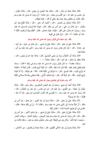 326‫ـ‬‫ا‬َ‫ن‬َ‫ث‬َّ‫د‬َ‫ح‬ُ‫د‬َّ‫م‬َ‫ح‬ُ‫م‬ُ‫ن‬ْ‫ب‬ٍ‫ار‬َّ‫ش‬َ‫ب‬،َ‫ال‬َ‫ق‬:‫ا‬َ‫ن‬َ‫ث‬َّ‫د‬َ‫ح‬ُ‫د‬ْ‫ب‬َ‫ع‬ِ‫ن‬َ‫م‬ْ‫ح‬َّ‫الر‬ُ‫ن‬ْ‫ب‬ٍ‫ي‬ِ‫د‬ْ‫ه‬َ‫م‬،َ‫ال‬َ‫ق‬:‫ا‬َ‫ن‬َ‫ث‬َّ‫د‬َ‫ح‬ُ‫ان‬َ‫ي‬ْ‫ف‬ُ‫س‬،
ْ‫ن‬َ‫ع‬ِ‫م‬ ِ‫اص‬َ‫ع‬ِ‫ن‬ْ‫ب‬ِ‫د‬ْ‫ي‬َ‫ب‬ُ‫ع‬ِ‫للا‬،ِ‫ن‬َ‫ع‬ِ‫م‬ِ‫اس‬َ‫ق‬ْ‫ل‬‫ا‬ِ‫ن‬ْ‫ب‬ٍ‫د‬َّ‫م‬َ‫ح‬ُ‫م‬،ْ‫ن‬َ‫ع‬َ‫ة‬ َ‫ش‬ِ‫ائ‬َ‫ع‬،َّ‫َن‬‫أ‬َ‫ول‬ُ‫س‬َ‫ر‬ِ‫للا‬‫ع‬ ‫للا‬ ‫صلى‬‫وسلم‬ ‫ليه‬
،َ‫َّل‬‫ب‬َ‫ق‬َ‫ان‬َ‫م‬ْ‫ث‬ُ‫ع‬َ‫ن‬ْ‫ب‬ٍ‫ون‬ُ‫ع‬ْ‫ظ‬َ‫م‬َ‫و‬ُ‫ه‬َ‫و‬‫ت‬ِ‫ي‬َ‫م‬َ‫و‬ُ‫ه‬َ‫و‬‫ي‬ِ‫ك‬ْ‫ب‬َ‫ي‬ْ‫َو‬‫أ‬َ‫ال‬َ‫ق‬:ُ‫اه‬َ‫ن‬ْ‫ي‬َ‫ع‬ِ‫ان‬َ‫اق‬َ‫ر‬ْ‫ه‬َ‫ت‬
327‫ـ‬‫ا‬َ‫ن‬َ‫ث‬َّ‫د‬َ‫ح‬ُ‫اق‬َ‫ح‬ ْ‫س‬ِ‫إ‬ُ‫ن‬ْ‫ب‬ٍ‫ور‬ُ‫ص‬ْ‫ن‬َ‫م‬،َ‫ال‬َ‫ق‬:‫ا‬َ‫ن‬َ‫ر‬َ‫ب‬ْ‫َخ‬‫أ‬‫و‬ُ‫َب‬‫أ‬ٍ‫ر‬ِ‫ام‬َ‫ع‬،َ‫ال‬َ‫ق‬:‫ا‬َ‫ن‬َ‫ث‬َّ‫د‬َ‫ح‬‫ح‬ْ‫ي‬َ‫ل‬ُ‫ف‬َ‫و‬ُ‫ه‬َ‫و‬ُ‫ن‬ْ‫اب‬
َ‫ان‬َ‫م‬ْ‫ي‬َ‫ل‬ُ‫س‬،ْ‫ن‬َ‫ع‬ِ‫الل‬ِ‫ه‬ِ‫ن‬ْ‫ب‬ٍ‫ي‬ِ‫ل‬َ‫ع‬،ْ‫ن‬َ‫ع‬ِ‫س‬َ‫َن‬‫أ‬ِ‫ن‬ْ‫ب‬ٍ‫ك‬ِ‫ال‬َ‫م‬،َ‫ال‬َ‫ق‬:‫ا‬َ‫ن‬ْ‫د‬ِ‫ه‬َ‫ش‬‫ة‬َ‫ن‬ْ‫اب‬ِ‫ول‬ُ‫س‬َ‫ر‬ِ‫ل‬ِ‫للا‬‫عليه‬ ‫للا‬ ‫صلى‬
‫وسلم‬،ُ‫ول‬ُ‫س‬َ‫ر‬َ‫و‬ِ‫للا‬‫س‬ِ‫ال‬َ‫ج‬‫ى‬َ‫ل‬َ‫ع‬ِ‫ر‬ْ‫ب‬َ‫ق‬ْ‫ل‬‫ا‬،ُ‫ت‬ْ‫َي‬‫أ‬َ‫ر‬َ‫ف‬ِ‫ه‬ْ‫ن‬َ‫ي‬ْ‫ي‬َ‫ع‬ِ‫ان‬َ‫ع‬َ‫دم‬َ‫ت‬،َ‫ال‬َ‫ق‬َ‫ف‬:ْ‫م‬ُ‫يك‬ِ‫َف‬‫أ‬‫ل‬ُ‫ج‬َ‫ر‬ْ‫م‬َ‫ل‬ِ‫ف‬ِ‫ار‬َ‫ق‬ُ‫ي‬َ‫ة‬َ‫ل‬ْ‫ي‬َّ‫الل‬‫؟‬
،َ‫ال‬َ‫ق‬‫و‬ُ‫َب‬‫أ‬ْ‫ل‬َ‫ط‬َ‫ة‬َ‫ح‬:‫ا‬َ‫َن‬‫أ‬،َ‫ال‬َ‫ق‬:ْ‫ل‬ِ‫ز‬ْ‫ان‬َ‫ل‬َ‫ز‬َ‫ن‬َ‫ف‬‫ي‬ِ‫ف‬‫ا‬َ‫ه‬ِ‫ر‬ْ‫ب‬َ‫ق‬
46‫هللا‬ ‫رسول‬ ‫اش‬‫ر‬‫ف‬ ‫في‬ ‫ماجاء‬ ‫باب‬ ‫ـ‬‫وسلم‬ ‫عليه‬ ‫هللا‬ ‫صلى‬
328‫ـ‬‫ا‬َ‫ن‬َ‫ث‬َّ‫د‬َ‫ح‬‫ي‬ِ‫ل‬َ‫ع‬ُ‫ن‬ْ‫ب‬ٍ‫ر‬ْ‫ج‬ُ‫ح‬،َ‫ال‬َ‫ق‬:‫ا‬َ‫ن‬َ‫ث‬َّ‫د‬َ‫ح‬‫ي‬ِ‫ل‬َ‫ع‬ُ‫ن‬ْ‫ب‬ٍ‫ر‬ِ‫ه‬ْ‫س‬ُ‫م‬،ْ‫ن‬َ‫ع‬ِ‫ام‬َ‫ش‬ِ‫ه‬ِ‫ن‬ْ‫ب‬َ‫ة‬َ‫و‬ْ‫ر‬ُ‫ع‬،ْ‫ن‬َ‫ع‬ِ‫يه‬ِ‫ب‬َ‫أ‬،
ْ‫ن‬َ‫ع‬َ‫ة‬ َ‫ش‬ِ‫ائ‬َ‫ع‬،َ‫ال‬َ‫ق‬:‫ا‬َ‫م‬َّ‫ن‬ِ‫إ‬َ‫ان‬َ‫ك‬ُ‫اش‬َ‫ر‬ِ‫ف‬ِ‫ول‬ُ‫س‬َ‫ر‬ِ‫للا‬‫وسلم‬ ‫عليه‬ ‫للا‬ ‫صلى‬،‫ي‬ِ‫ذ‬َّ‫ال‬ُ‫ام‬َ‫ن‬َ‫ي‬ِ‫ه‬ْ‫ي‬َ‫ل‬َ‫ع‬ْ‫ن‬ِ‫م‬ٍ‫م‬َ‫َد‬‫أ‬،
ُ‫ه‬ُ‫و‬ْ‫ش‬َ‫ح‬‫يف‬ِ‫ل‬
329‫ـ‬‫ا‬َ‫ن‬َ‫ث‬َّ‫د‬َ‫ح‬‫و‬ُ‫َب‬‫أ‬ِ‫اب‬َّ‫ط‬َ‫خ‬ْ‫ل‬‫ا‬ُ‫اد‬َ‫ي‬ِ‫ز‬ُ‫ن‬ْ‫ب‬‫ى‬َ‫ي‬ْ‫ح‬َ‫ي‬‫ي‬ِ‫ر‬ ْ‫ص‬َ‫ب‬ْ‫ل‬‫ا‬،َ‫ال‬َ‫ق‬:‫ا‬َ‫ن‬َ‫ث‬َّ‫د‬َ‫ح‬ُ‫د‬ْ‫ب‬َ‫ع‬ِ‫للا‬ُ‫ن‬ْ‫ب‬ٍ‫ون‬ُ‫م‬ْ‫ي‬َ‫م‬،َ‫ال‬َ‫ق‬:
‫ا‬َ‫ن‬َ‫ث‬َّ‫د‬َ‫ح‬ْ‫ع‬َ‫ج‬ُ‫ر‬َ‫ف‬ُ‫ن‬ْ‫ب‬ٍ‫د‬َّ‫م‬َ‫ح‬ُ‫م‬،ْ‫ن‬َ‫ع‬ِ‫يه‬ِ‫ب‬َ‫أ‬،َ‫ال‬َ‫ق‬:ْ‫ت‬َ‫ل‬ِ‫ئ‬ُ‫س‬ُ‫ة‬ َ‫ش‬ِ‫ائ‬َ‫ع‬،:-
ْ‫ت‬َ‫ل‬ِ‫ئ‬ُ‫س‬ َ‫و‬ُ‫ة‬ َ‫ص‬ْ‫ف‬َ‫ح‬،‫ا‬َ‫م‬َ‫ان‬َ‫ك‬ُ‫اش‬َ‫ر‬ِ‫ف‬ِ‫ول‬ُ‫س‬َ‫ر‬ِ‫للا‬‫وسلم‬ ‫عليه‬ ‫للا‬ ‫صلى‬‫ي‬ِ‫ف‬ِ‫ك‬ِ‫ت‬ْ‫ي‬َ‫ب‬‫؟‬ْ‫ت‬َ‫ل‬‫ا‬َ‫ق‬:‫ا‬‫ح‬ ْ‫س‬ِ‫م‬
ِ‫يه‬ِ‫ن‬ْ‫ث‬َ‫ن‬ِ‫ن‬ْ‫ي‬َ‫َّت‬‫ي‬ِ‫ن‬َ‫ث‬ُ‫ام‬َ‫ن‬َ‫ي‬َ‫ف‬ِ‫ه‬ْ‫ي‬َ‫ل‬َ‫ع‬،‫ا‬َّ‫م‬َ‫ل‬َ‫ف‬َ‫ان‬َ‫ك‬َ‫ات‬َ‫ذ‬ٍ‫ة‬َ‫ل‬ْ‫ي‬َ‫ل‬،ُ‫ق‬ُ‫ت‬ْ‫ل‬:ْ‫و‬َ‫ل‬ُ‫ه‬َ‫ت‬ْ‫ي‬َ‫ن‬َ‫ث‬َ‫ع‬َ‫ب‬ْ‫َر‬‫أ‬ٍ‫ات‬َ‫ي‬ْ‫ن‬َ‫ث‬،َ‫ان‬َ‫ك‬َ‫ل‬َ‫أ‬َ‫ط‬ ْ‫َو‬‫أ‬ُ‫ه‬َ‫ل‬،ُ‫اه‬َ‫ن‬ْ‫ي‬َ‫ن‬َ‫ث‬َ‫ف‬
ُ‫ه‬َ‫ل‬ِ‫ع‬َ‫ب‬ْ‫َر‬‫أ‬ِ‫ب‬ٍ‫ات‬َ‫ي‬ْ‫ن‬َ‫ث‬،‫ا‬َّ‫م‬َ‫ل‬َ‫ف‬َ‫ح‬َ‫ب‬ ْ‫َص‬‫أ‬،َ‫ال‬َ‫ق‬:‫ا‬َ‫م‬ْ‫م‬ُ‫ت‬ ْ‫رش‬َ‫ف‬
َ
‫ي‬ِ‫ل‬َ‫ة‬َ‫ل‬ْ‫ي‬َّ‫الل‬ْ‫ت‬َ‫ل‬‫ا‬َ‫ق‬:‫ا‬َ‫ن‬ْ‫ل‬ُ‫ق‬:َ‫و‬ُ‫ه‬َ‫ك‬ُ‫اش‬َ‫ر‬ِ‫ف‬،‫ل‬ِ‫إ‬‫ا‬َّ‫َن‬‫أ‬ُ‫اه‬َ‫ن‬ْ‫ي‬َ‫ن‬َ‫ث‬
ِ‫ع‬َ‫ب‬ْ‫َر‬‫أ‬ِ‫ب‬ٍ‫ات‬َ‫ي‬ْ‫ن‬َ‫ث‬،ْ‫ل‬ُ‫ق‬‫ا‬َ‫ن‬:َ‫و‬ُ‫ه‬ُ‫أ‬َ‫ط‬ ْ‫َو‬‫أ‬َ‫ك‬َ‫ل‬،َ‫ال‬َ‫ق‬:ُ‫وه‬‫د‬ُ‫ر‬ِ‫ه‬ِ‫ت‬َ‫ل‬‫ا‬َ‫ح‬ِ‫ل‬‫ى‬َ‫ل‬‫ُو‬‫أل‬‫ا‬،ُ‫ه‬َّ‫ن‬ِ‫إ‬َ‫ف‬‫ي‬ِ‫ن‬ْ‫ت‬َ‫ع‬َ‫ن‬َ‫م‬ُ‫ه‬ُ‫ت‬َ‫اء‬َ‫ط‬ َ‫و‬
َ
‫التي‬ َ‫ص‬َ‫ة‬َ‫ل‬ْ‫ي‬َّ‫الل‬
47‫في‬ ‫ماجاء‬ ‫باب‬ ‫ـ‬‫اضع‬‫و‬‫ت‬‫هللا‬ ‫رسول‬‫وسلم‬ ‫عليه‬ ‫هللا‬ ‫صلى‬
331‫ـ‬‫ا‬َ‫ن‬َ‫ث‬َّ‫د‬َ‫ح‬ُ‫د‬َ‫م‬ْ‫َح‬‫أ‬ُ‫ن‬ْ‫ب‬ٍ‫يع‬ِ‫ن‬َ‫م‬،ُ‫يد‬ِ‫ع‬َ‫س‬ َ‫و‬ُ‫ن‬ْ‫ب‬ِ‫د‬ْ‫ب‬َ‫ع‬ِ‫ن‬َ‫م‬ْ‫ح‬َّ‫الر‬ْ‫خ‬َ‫م‬ْ‫ل‬‫ا‬‫ي‬ِ‫وم‬ُ‫ز‬،ُ‫ر‬ْ‫ي‬َ‫غ‬َ‫و‬ٍ‫د‬ِ‫اح‬َ‫و‬،‫ا‬‫و‬ُ‫ل‬‫ا‬َ‫ق‬:‫ا‬َ‫ن‬َ‫ث‬َّ‫د‬َ‫ح‬
ُ‫ان‬َ‫ي‬ْ‫ف‬ُ‫س‬ُ‫ن‬ْ‫ب‬َ‫ة‬َ‫ن‬ْ‫ي‬َ‫ي‬ُ‫ع‬،ِ‫ن‬َ‫ع‬ِ‫ي‬ِ‫ر‬ْ‫ه‬‫الز‬،ْ‫ن‬َ‫ع‬ِ‫د‬ْ‫ي‬َ‫ب‬ُ‫ع‬ِ‫للا‬،ِ‫ن‬َ‫ع‬ِ‫ن‬ْ‫اب‬ٍ‫َّاس‬‫ب‬َ‫ع‬،ْ‫ن‬َ‫ع‬َ‫ر‬َ‫م‬ُ‫ع‬ِ‫ن‬ْ‫ب‬ِ‫اب‬َّ‫ط‬َ‫خ‬ْ‫ل‬‫ا‬،َ‫ال‬َ‫ق‬:
َ‫ال‬َ‫ق‬ُ‫ول‬ُ‫س‬َ‫ر‬ِ‫للا‬‫وسلم‬ ‫عليه‬ ‫للا‬ ‫صلى‬:‫ل‬‫ي‬ِ‫ن‬‫و‬ُ‫ر‬ْ‫ط‬ُ‫ت‬‫ا‬َ‫م‬َ‫ك‬ِ‫ت‬َ‫ر‬ْ‫ط‬َ‫أ‬َّ‫الن‬‫ى‬َ‫ار‬ َ‫ص‬َ‫ن‬ْ‫اب‬َ‫م‬َ‫ي‬ْ‫ر‬َ‫م‬،‫ا‬َ‫م‬َّ‫ن‬ِ‫إ‬‫ا‬َ‫َن‬‫أ‬‫د‬ْ‫ب‬َ‫ع‬،
‫ا‬‫و‬ُ‫ل‬‫و‬ُ‫ق‬َ‫ف‬:ُ‫د‬ْ‫ب‬َ‫ع‬ِ‫للا‬ُ‫ه‬ُ‫ل‬‫و‬ُ‫س‬َ‫ر‬َ‫و‬
331‫ـ‬‫ا‬َ‫ن‬َ‫ث‬َّ‫د‬َ‫ح‬‫ي‬ِ‫ل‬َ‫ع‬ُ‫ن‬ْ‫ب‬ٍ‫ر‬ْ‫ج‬ُ‫ح‬،َ‫ال‬َ‫ق‬:‫ا‬َ‫ن‬َ‫ث‬َّ‫د‬َ‫ح‬ُ‫د‬ْ‫ي‬ َ‫و‬ُ‫س‬ُ‫ن‬ْ‫ب‬ِ‫د‬ْ‫ب‬َ‫ع‬ِ‫يز‬ِ‫ز‬َ‫ع‬ْ‫ل‬‫ا‬،ْ‫ن‬َ‫ع‬ٍ‫د‬ْ‫ي‬َ‫م‬ُ‫ح‬،ْ‫ن‬َ‫ع‬ِ‫س‬َ‫َن‬‫أ‬ِ‫ن‬ْ‫ب‬
ٍ‫ك‬ِ‫ال‬َ‫م‬،َّ‫َن‬‫أ‬‫َة‬‫أ‬َ‫ر‬ْ‫ام‬ْ‫ت‬َ‫اء‬َ‫ج‬‫ى‬َ‫ل‬ِ‫إ‬َّ‫الن‬ِ‫ي‬ِ‫ب‬‫وسلم‬ ‫عليه‬ ‫للا‬ ‫صلى‬،ْ‫ت‬َ‫ل‬‫ا‬َ‫ق‬َ‫ف‬ُ‫ه‬َ‫ل‬:َّ‫ن‬ِ‫إ‬‫ي‬ِ‫ل‬َ‫ك‬ْ‫ي‬َ‫ل‬ِ‫إ‬‫ة‬َ‫اج‬َ‫ح‬،َ‫ال‬َ‫ق‬َ‫ف‬:
‫ي‬ِ‫س‬ِ‫ل‬ْ‫اج‬‫ي‬ِ‫ف‬ِ‫َي‬‫أ‬ِ‫يق‬ِ‫ر‬َ‫ط‬ِ‫ة‬َ‫ين‬ِ‫د‬َ‫م‬ْ‫ل‬‫ا‬ِ‫ت‬ْ‫ئ‬ ِ‫ش‬،ْ‫س‬ِ‫ل‬ْ‫َج‬‫أ‬ِ‫ك‬ْ‫ي‬َ‫ل‬ِ‫إ‬
332‫ـ‬‫ا‬َ‫ن‬َ‫ث‬َّ‫د‬َ‫ح‬‫ي‬ِ‫ل‬َ‫ع‬ُ‫ن‬ْ‫ب‬ٍ‫ر‬ْ‫ج‬ُ‫ح‬،َ‫ال‬َ‫ق‬:‫ا‬َ‫ن‬َ‫ث‬َّ‫د‬َ‫ح‬‫ي‬ِ‫ل‬َ‫ع‬ُ‫ن‬ْ‫ب‬ٍ‫ر‬ِ‫ه‬ْ‫س‬ُ‫م‬،ْ‫ن‬َ‫ع‬ٍ‫م‬ِ‫ل‬ ْ‫س‬ُ‫م‬ِ‫ر‬َ‫و‬ْ‫َع‬‫أل‬‫ا‬،ْ‫ن‬َ‫ع‬ِ‫س‬َ‫َن‬‫أ‬ِ‫ن‬ْ‫ب‬
ٍ‫ك‬ِ‫ال‬َ‫م‬،َ‫ال‬َ‫ق‬:َ‫ان‬َ‫ك‬ُ‫ول‬ُ‫س‬َ‫ر‬ِ‫للا‬‫وسلم‬ ‫عليه‬ ‫للا‬ ‫صلى‬ُ‫ود‬ُ‫ع‬َ‫ي‬َ‫يض‬ِ‫ر‬َ‫م‬ْ‫ل‬‫ا‬،ُ‫د‬َ‫ه‬ْ‫ش‬َ‫ي‬ َ‫و‬َ‫ز‬ِ‫ائ‬َ‫ن‬َ‫ج‬ْ‫ل‬‫ا‬،ُ‫ب‬َ‫ك‬ْ‫ر‬َ‫ي‬ َ‫و‬َ‫ار‬َ‫م‬ِ‫ح‬ْ‫ل‬‫ا‬
،ُ‫يب‬ِ‫ج‬ُ‫ي‬ َ‫و‬َ‫ة‬َ‫و‬ْ‫ع‬َ‫د‬ِ‫د‬ْ‫ب‬َ‫ع‬ْ‫ل‬‫ا‬،َ‫ان‬َ‫ك‬َ‫و‬َ‫م‬ْ‫و‬َ‫ي‬‫ي‬ِ‫ن‬َ‫ب‬َ‫ة‬َ‫ظ‬ْ‫ي‬َ‫ر‬ُ‫ق‬‫ى‬َ‫ل‬َ‫ع‬ٍ‫ار‬َ‫م‬ِ‫ح‬ٍ‫وم‬ُ‫ط‬ْ‫خ‬َ‫م‬ٍ‫ل‬ْ‫ب‬َ‫ح‬َ‫ب‬ْ‫ن‬ِ‫م‬ٍ‫يف‬ِ‫ل‬،ِ‫ه‬ْ‫ي‬َ‫ل‬َ‫ع‬َ‫و‬‫اف‬َ‫ك‬ِ‫إ‬ْ‫ن‬ِ‫م‬
ٍ‫يف‬ِ‫ل‬
333‫ـ‬‫ا‬َ‫ن‬َ‫ث‬َّ‫د‬َ‫ح‬ُ‫ل‬ ِ‫اص‬َ‫و‬ُ‫ن‬ْ‫ب‬ِ‫د‬ْ‫ب‬َ‫ع‬‫ى‬َ‫ل‬ْ‫َع‬‫أل‬‫ا‬‫ي‬ِ‫ف‬‫و‬ُ‫ك‬ْ‫ل‬‫ا‬،َ‫ال‬َ‫ق‬:‫ا‬َ‫ن‬َ‫ث‬َّ‫د‬َ‫ح‬ُ‫د‬َّ‫م‬َ‫ح‬ُ‫م‬ُ‫ن‬ْ‫ب‬ٍ‫ل‬ْ‫ي‬ َ‫ض‬ُ‫ف‬،ِ‫ن‬َ‫ع‬ِ‫ش‬َ‫م‬ْ‫َع‬‫أل‬‫ا‬،
 
