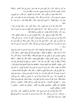 ْ‫ن‬َ‫ع‬ِ‫س‬َ‫َن‬‫أ‬ِ‫ن‬ْ‫ب‬ٍ‫ك‬ِ‫ال‬َ‫م‬،َ‫ال‬َ‫ق‬:َ‫ان‬َ‫ك‬‫ي‬ِ‫ب‬َّ‫الن‬‫وسلم‬ ‫عليه‬ ‫للا‬ ‫صلى‬،‫ى‬َ‫ع‬ْ‫د‬ُ‫ي‬‫ى‬َ‫ل‬ِ‫إ‬ِ‫ز‬ْ‫ب‬ُ‫خ‬ِ‫ع‬َّ‫الش‬ِ‫ير‬،ِ‫ة‬َ‫ل‬‫ا‬َ‫ه‬ِ‫اإل‬َ‫و‬
ِ‫ة‬َ‫خ‬ِ‫ن‬ َّ‫الس‬،ُ‫يب‬ِ‫ج‬ُ‫ي‬َ‫ف‬ْ‫د‬َ‫ق‬َ‫ل‬ َ‫و‬َ‫ان‬َ‫ك‬ُ‫ه‬َ‫ل‬‫ع‬ْ‫ر‬ِ‫د‬َ‫د‬ْ‫ن‬ ِ‫ع‬ٍ‫ي‬ِ‫ود‬ُ‫ه‬َ‫ي‬،‫ا‬َ‫م‬َ‫ف‬َ‫د‬َ‫ج‬َ‫و‬‫ا‬َ‫م‬‫ا‬َ‫ه‬‫ك‬ُ‫ف‬َ‫ي‬‫ى‬َّ‫ت‬َ‫ح‬َ‫ات‬َ‫م‬
334‫ـ‬‫ا‬َ‫ن‬َ‫ث‬َّ‫د‬َ‫ح‬ُ‫ود‬ُ‫م‬ْ‫ح‬َ‫م‬ُ‫ن‬ْ‫ب‬َ‫الن‬ْ‫ي‬َ‫غ‬،َ‫ال‬َ‫ق‬:‫ا‬َ‫ن‬َ‫ث‬َّ‫د‬َ‫ح‬‫و‬ُ‫َب‬‫أ‬َ‫د‬ُ‫او‬َ‫د‬‫ي‬ِ‫ر‬َ‫ف‬َ‫ح‬ْ‫ل‬‫ا‬،ْ‫ن‬َ‫ع‬َ‫ان‬َ‫ي‬ْ‫ف‬ُ‫س‬،ِ‫ن‬َ‫ع‬ِ‫يع‬ِ‫ب‬َّ‫الر‬ِ‫ن‬ْ‫ب‬
ٍ‫يح‬ِ‫ب‬ َ‫ص‬،ْ‫ن‬َ‫ع‬َ‫يد‬ِ‫ز‬َ‫ي‬ِ‫ن‬ْ‫ب‬َ‫ان‬َ‫َب‬‫أ‬،ْ‫ن‬َ‫ع‬ِ‫س‬َ‫َن‬‫أ‬ِ‫ن‬ْ‫ب‬ٍ‫ك‬ِ‫ال‬َ‫م‬،َ‫ال‬َ‫ق‬:َّ‫ج‬َ‫ح‬ُ‫ول‬ُ‫س‬َ‫ر‬ِ‫للا‬‫وسلم‬ ‫عليه‬ ‫للا‬ ‫صلى‬،‫ى‬َ‫ل‬َ‫ع‬
ٍ‫ل‬ْ‫ح‬َ‫ر‬ٍ‫ث‬َ‫ر‬،ِ‫ه‬ْ‫ي‬َ‫ل‬َ‫ع‬َ‫و‬‫ة‬َ‫يف‬ ِ‫ط‬َ‫ق‬،‫ل‬‫ي‬ِ‫او‬َ‫س‬ُ‫ت‬َ‫ة‬َ‫ع‬َ‫ب‬ْ‫َر‬‫أ‬َ‫م‬ِ‫اه‬َ‫ر‬َ‫د‬،َ‫ال‬َ‫ق‬َ‫ف‬:َّ‫م‬ُ‫ه‬َّ‫الل‬ُ‫ه‬ْ‫ل‬َ‫ع‬ْ‫اج‬‫ًّا‬‫ج‬َ‫ح‬،‫ل‬َ‫اء‬َ‫ي‬ِ‫ر‬ِ‫يه‬ِ‫ف‬،‫ل‬َ‫و‬
َ‫ة‬َ‫ع‬ْ‫م‬ُ‫س‬
335‫ـ‬‫ا‬َ‫ن‬َ‫ث‬َّ‫د‬َ‫ح‬ُ‫د‬ْ‫ب‬َ‫ع‬ِ‫للا‬ُ‫ن‬ْ‫ب‬ِ‫د‬ْ‫ب‬َ‫ع‬ِ‫ن‬َ‫م‬ْ‫ح‬َّ‫الر‬،َ‫ال‬َ‫ق‬:‫ا‬َ‫ن‬َ‫ث‬َّ‫د‬َ‫ح‬ُ‫ان‬َّ‫ف‬َ‫ع‬،َ‫ال‬َ‫ق‬:‫ا‬َ‫ن‬َ‫ث‬َّ‫د‬َ‫ح‬ُ‫اد‬َّ‫م‬َ‫ح‬ُ‫ن‬ْ‫ب‬َ‫ة‬َ‫م‬َ‫ل‬ َ‫س‬،
ْ‫ن‬َ‫ع‬ٍ‫د‬ْ‫ي‬َ‫م‬ُ‫ح‬،ْ‫ن‬َ‫ع‬ِ‫س‬َ‫َن‬‫أ‬ِ‫ن‬ْ‫ب‬ٍ‫ك‬ِ‫ال‬َ‫م‬،َ‫ال‬َ‫ق‬:ْ‫م‬َ‫ل‬ْ‫ن‬ُ‫ك‬َ‫ي‬‫ص‬ْ‫خ‬ َ‫ش‬َّ‫ب‬َ‫َح‬‫أ‬ْ‫م‬ِ‫ه‬ْ‫ي‬َ‫ل‬ِ‫إ‬ْ‫ن‬ِ‫م‬ِ‫ول‬ُ‫س‬َ‫ر‬ِ‫للا‬‫صل‬‫عليه‬ ‫للا‬ ‫ى‬
‫وسلم‬،َ‫ال‬َ‫ق‬:‫ا‬‫و‬ُ‫ان‬َ‫ك‬َ‫و‬‫ا‬َ‫ذ‬ِ‫إ‬ُ‫ه‬ْ‫َو‬‫أ‬َ‫ر‬ْ‫م‬َ‫ل‬‫ا‬‫و‬ُ‫وم‬ُ‫ق‬َ‫ي‬،‫ا‬َ‫م‬ِ‫ل‬َ‫ون‬ُ‫م‬َ‫ل‬ْ‫ع‬َ‫ي‬ْ‫ن‬ِ‫م‬ِ‫ه‬ِ‫ت‬َ‫اه‬َ‫ر‬َ‫ك‬َ‫ك‬ِ‫ل‬َ‫ذ‬ِ‫ل‬
336‫ـ‬‫ا‬َ‫ن‬َ‫ث‬َّ‫د‬َ‫ح‬ُ‫ان‬َ‫ي‬ْ‫ف‬ُ‫س‬ُ‫ن‬ْ‫ب‬ٍ‫يع‬ِ‫ك‬َ‫و‬،َ‫ال‬َ‫ق‬:‫ا‬َ‫ن‬َ‫ث‬َّ‫د‬َ‫ح‬ُ‫ع‬ْ‫ي‬َ‫م‬ُ‫ج‬ُ‫ن‬ْ‫ب‬َ‫ر‬َ‫م‬ُ‫ع‬ِ‫ن‬ْ‫ب‬ِ‫د‬ْ‫ب‬َ‫ع‬ِ‫ن‬َ‫م‬ْ‫ح‬َّ‫الر‬‫ي‬ِ‫ل‬ْ‫ج‬ِ‫ع‬ْ‫ل‬‫ا‬،َ‫ال‬َ‫ق‬:
‫ا‬َ‫َن‬‫أ‬َ‫ب‬ْ‫َن‬‫أ‬َ‫ر‬‫ل‬ُ‫ج‬ْ‫ن‬ِ‫م‬‫ي‬ِ‫ن‬َ‫ب‬ٍ‫يم‬ِ‫م‬َ‫ت‬ْ‫ن‬ِ‫م‬ِ‫د‬َ‫ل‬ َ‫و‬‫ي‬ِ‫ب‬َ‫أ‬َ‫ة‬َ‫ل‬‫ا‬َ‫ه‬ِ‫ج‬ْ‫و‬َ‫ز‬َ‫ة‬َ‫يج‬ِ‫د‬َ‫خ‬،‫ى‬َ‫ن‬ْ‫ك‬ُ‫ي‬‫ا‬َ‫َب‬‫أ‬ِ‫د‬ْ‫ب‬َ‫ع‬ِ‫للا‬،ِ‫ن‬َ‫ع‬ٍ‫ن‬ْ‫اب‬‫ي‬ِ‫ب‬َ‫أل‬َ‫ة‬َ‫ل‬‫ا‬َ‫ه‬،
ِ‫ن‬َ‫ع‬ِ‫ن‬ َ‫س‬َ‫ح‬ْ‫ل‬‫ا‬ِ‫ن‬ْ‫ب‬ٍ‫ي‬ِ‫ل‬َ‫ع‬،َ‫ال‬َ‫ق‬:ُ‫ت‬ْ‫ل‬َ‫أ‬َ‫س‬‫ي‬ِ‫ال‬َ‫خ‬َ‫د‬ْ‫ن‬ِ‫ه‬َ‫ن‬ْ‫ب‬‫ي‬ِ‫ب‬َ‫أ‬َ‫ة‬َ‫ل‬‫ا‬َ‫ه‬،َ‫ان‬َ‫ك‬َ‫و‬‫ا‬‫اف‬ َّ‫ص‬ َ‫و‬ْ‫ن‬َ‫ع‬ِ‫ة‬َ‫ي‬ْ‫ل‬ِ‫ح‬ِ‫ول‬ُ‫س‬َ‫ر‬ِ‫للا‬
‫صل‬‫وسلم‬ ‫عليه‬ ‫للا‬ ‫ى‬،‫ا‬َ‫َن‬‫أ‬َ‫و‬‫ي‬ِ‫ه‬َ‫ت‬ ْ‫َش‬‫أ‬ْ‫َن‬‫أ‬َ‫ف‬ ِ‫ص‬َ‫ي‬‫ي‬ِ‫ل‬‫ا‬َ‫ه‬ْ‫ن‬ِ‫م‬‫ا‬‫ئ‬ْ‫ي‬ َ‫ش‬،َ‫ال‬َ‫ق‬َ‫ف‬:َ‫ان‬َ‫ك‬ُ‫ول‬ُ‫س‬َ‫ر‬ِ‫للا‬‫عليه‬ ‫للا‬ ‫صلى‬
‫وسلم‬،:-
َ‫ال‬َ‫ق‬:ُ‫ه‬ُ‫ت‬ْ‫ل‬َ‫أ‬َ‫س‬َ‫ف‬ْ‫ن‬َ‫ع‬ِ‫ه‬ِ‫ج‬َ‫ر‬ْ‫خ‬َ‫م‬َ‫ف‬ْ‫ي‬َ‫ك‬ُ‫ع‬َ‫ن‬ ْ‫ص‬َ‫ي‬ِ‫يه‬ِ‫ف‬‫؟‬َ‫ال‬َ‫ق‬:َ‫ان‬َ‫ك‬ُ‫ول‬ُ‫س‬َ‫ر‬ِ‫للا‬‫وسلم‬ ‫عليه‬ ‫للا‬ ‫صلى‬ُ‫ن‬ِ‫ر‬ْ‫خ‬َ‫ي‬
ُ‫ه‬ُ‫ان‬َ‫س‬ِ‫ل‬‫ل‬ِ‫إ‬‫ا‬َ‫يم‬ِ‫ف‬ِ‫يه‬ِ‫ن‬ْ‫ع‬َ‫ي‬،ْ‫م‬ُ‫ه‬ُ‫ف‬ِ‫ل‬َ‫ؤ‬ُ‫ي‬ َ‫و‬‫ل‬َ‫و‬ْ‫م‬ُ‫ه‬ُ‫ر‬ِ‫ف‬َ‫ن‬ُ‫ي‬،ُ‫م‬ِ‫ر‬ْ‫ك‬ُ‫ي‬ َ‫و‬َ‫يم‬َ‫ر‬َ‫ك‬ِ‫ل‬ُ‫ك‬ٍ‫م‬ْ‫و‬َ‫ق‬ِ‫يه‬ِ‫ل‬ َ‫و‬ُ‫ي‬ َ‫و‬ْ‫م‬ِ‫ه‬ْ‫ي‬َ‫ل‬َ‫ع‬،ُ‫ر‬ِ‫ذ‬َ‫ح‬ُ‫ي‬ َ‫و‬َ‫اس‬َّ‫الن‬
ُ‫س‬ِ‫ر‬َ‫ت‬ْ‫ح‬َ‫ي‬ َ‫و‬ْ‫م‬ُ‫ه‬ْ‫ن‬ِ‫م‬ْ‫ن‬ِ‫م‬ِ‫ر‬ْ‫ي‬َ‫غ‬ْ‫َن‬‫أ‬َ‫ي‬ِ‫و‬ْ‫ط‬َ‫ي‬ْ‫ن‬َ‫ع‬ٍ‫د‬َ‫َح‬‫أ‬ْ‫م‬ُ‫ه‬ْ‫ن‬ِ‫م‬ُ‫ه‬َ‫ر‬ْ‫ش‬ِ‫ب‬ُ‫ه‬َ‫ق‬ُ‫ل‬ُ‫خ‬َ‫و‬،ُ‫د‬َّ‫ق‬َ‫ف‬َ‫ت‬َ‫ي‬ َ‫و‬ُ‫ه‬َ‫اب‬َ‫ح‬ ْ‫َص‬‫أ‬،ُ‫َل‬‫أ‬ْ‫س‬َ‫ي‬ َ‫و‬َ‫اس‬َّ‫الن‬‫ا‬َّ‫م‬َ‫ع‬
‫ي‬ِ‫ف‬ِ‫اس‬َّ‫الن‬،ُ‫ن‬ ِ‫س‬َ‫ح‬ُ‫ي‬ َ‫و‬َ‫ن‬ َ‫س‬َ‫ح‬ْ‫ل‬‫ا‬ِ‫يه‬ ِ‫و‬َ‫ق‬ُ‫ي‬ َ‫و‬،ُ‫ح‬ِ‫ب‬َ‫ق‬ُ‫ي‬ َ‫و‬َ‫يح‬ِ‫ب‬َ‫ق‬ْ‫ل‬‫ا‬ِ‫يه‬ِ‫ه‬َ‫و‬ُ‫ي‬ َ‫و‬،ُ‫ل‬ِ‫د‬َ‫ت‬ْ‫ع‬ُ‫م‬ِ‫ر‬ْ‫َم‬‫أل‬‫ا‬ُ‫ر‬ْ‫ي‬َ‫غ‬ٍ‫ف‬ِ‫ل‬َ‫ت‬ْ‫خ‬ُ‫م‬،‫ل‬ُ‫ل‬ُ‫ف‬ْ‫غ‬َ‫ي‬
َ‫ة‬َ‫اف‬َ‫خ‬َ‫م‬ْ‫َن‬‫أ‬‫ا‬‫و‬ُ‫ل‬ُ‫ف‬ْ‫غ‬َ‫ي‬ْ‫َو‬‫أ‬‫ا‬‫و‬ُ‫ل‬‫ي‬ِ‫م‬َ‫ي‬،ِ‫ل‬ُ‫ك‬ِ‫ل‬ٍ‫ال‬َ‫ح‬ُ‫ه‬َ‫د‬ْ‫ن‬ ِ‫ع‬‫اد‬َ‫ت‬َ‫ع‬،‫ل‬ُ‫ر‬ ِ‫ص‬َ‫ق‬ُ‫ي‬ِ‫ن‬َ‫ع‬ِ‫ق‬َ‫ح‬ْ‫ل‬‫ا‬‫ل‬َ‫و‬ُ‫ه‬ُ‫ز‬ِ‫او‬َ‫ج‬ُ‫ي‬َ‫ين‬ِ‫ذ‬َّ‫ال‬ُ‫ه‬َ‫ون‬ُ‫ل‬َ‫ي‬َ‫ن‬ِ‫م‬
ِ‫اس‬َّ‫الن‬ْ‫م‬ُ‫ه‬ُ‫ار‬َ‫ي‬ِ‫خ‬،ْ‫م‬ُ‫ه‬ُ‫ل‬ َ‫ض‬ْ‫ف‬َ‫أ‬ُ‫ه‬َ‫د‬ْ‫ن‬ ِ‫ع‬ْ‫م‬ُ‫ه‬‫م‬َ‫َع‬‫أ‬‫ة‬َ‫يح‬ ِ‫ص‬َ‫ن‬،ْ‫م‬ُ‫ه‬ُ‫م‬َ‫ظ‬ْ‫َع‬‫أ‬َ‫و‬ُ‫ه‬َ‫د‬ْ‫ن‬ ِ‫ع‬‫ة‬َ‫ل‬ِ‫ز‬ْ‫ن‬َ‫م‬ْ‫م‬ُ‫ه‬ُ‫ن‬ َ‫س‬ْ‫َح‬‫أ‬‫اة‬َ‫اس‬َ‫و‬ُ‫م‬‫ة‬َ‫ر‬َ‫از‬َ‫ؤ‬ُ‫م‬َ‫و‬َ‫ال‬َ‫ق‬:
ُ‫ه‬ُ‫ت‬ْ‫ل‬َ‫أ‬َ‫س‬َ‫ف‬ْ‫ن‬َ‫ع‬ِ‫ه‬ ِ‫س‬ِ‫ل‬ْ‫ج‬َ‫م‬،َ‫ال‬َ‫ق‬َ‫ف‬:َ‫ان‬َ‫ك‬َ‫ر‬ُ‫ول‬ُ‫س‬ِ‫للا‬‫وسلم‬ ‫عليه‬ ‫للا‬ ‫صلى‬‫ل‬ُ‫وم‬ُ‫ق‬َ‫ي‬‫ل‬َ‫و‬ُ‫س‬ِ‫ل‬َ‫ج‬َ‫ي‬،‫ل‬ِ‫إ‬‫ى‬َ‫ل‬َ‫ع‬ٍ‫ر‬ْ‫ك‬ِ‫ذ‬
،‫ا‬َ‫ذ‬ِ‫ا‬َ‫و‬‫ى‬َ‫ه‬َ‫ت‬ْ‫ان‬‫ى‬َ‫ل‬ِ‫إ‬ٍ‫م‬ْ‫و‬َ‫ق‬،َ‫س‬َ‫ل‬َ‫ج‬ُ‫ث‬ْ‫ي‬َ‫ح‬‫ي‬ِ‫ه‬َ‫ت‬ْ‫ن‬َ‫ي‬ِ‫ه‬ِ‫ب‬ُ‫س‬ِ‫ل‬ْ‫ج‬َ‫م‬ْ‫ل‬‫ا‬،ُ‫ر‬ُ‫م‬ْ‫أ‬َ‫ي‬ َ‫و‬َ‫ك‬ِ‫ل‬َ‫ذ‬ِ‫ب‬،‫ي‬ِ‫ط‬ْ‫ع‬ُ‫ي‬َّ‫ل‬ُ‫ك‬ِ‫ه‬ِ‫ائ‬َ‫س‬َ‫ل‬ُ‫ج‬ِ‫ه‬ِ‫ب‬‫ي‬ ِ‫ص‬َ‫ن‬ِ‫ب‬،
‫ل‬ُ‫ب‬ َ‫س‬ْ‫ح‬َ‫ي‬ُ‫ه‬ُ‫يس‬ِ‫ل‬َ‫ج‬َّ‫َن‬‫أ‬‫ا‬‫د‬َ‫َح‬‫أ‬ْ‫ك‬َ‫أ‬ُ‫م‬َ‫ر‬ِ‫ه‬ْ‫ي‬َ‫ل‬َ‫ع‬ُ‫ه‬ْ‫ن‬ِ‫م‬،ْ‫ن‬َ‫م‬ُ‫ه‬ َ‫س‬َ‫ل‬‫ا‬َ‫ج‬ْ‫َو‬‫أ‬ُ‫ه‬ َ‫ض‬ َ‫او‬َ‫ف‬‫ي‬ِ‫ف‬ٍ‫ة‬َ‫اج‬َ‫ح‬،ُ‫ه‬َ‫ر‬َ‫اب‬ َ‫ص‬‫ى‬َّ‫ت‬َ‫ح‬َ‫ون‬ُ‫ك‬َ‫ي‬
َ‫و‬ُ‫ه‬ُ‫ف‬ِ‫ر‬ َ‫ص‬ْ‫ن‬ُ‫م‬ْ‫ل‬‫ا‬ُ‫ه‬ْ‫ن‬َ‫ع‬،ْ‫ن‬َ‫م‬َ‫و‬ُ‫ه‬َ‫ل‬َ‫أ‬َ‫س‬‫ة‬َ‫اج‬َ‫ح‬ْ‫م‬َ‫ل‬ُ‫ه‬َّ‫د‬ُ‫ر‬َ‫ي‬‫ل‬ِ‫إ‬‫ا‬َ‫ه‬ِ‫ب‬،ْ‫َو‬‫أ‬ٍ‫ور‬ُ‫س‬ْ‫ي‬َ‫م‬ِ‫ب‬َ‫ن‬ِ‫م‬ِ‫ل‬ ْ‫و‬َ‫ق‬ْ‫ل‬‫ا‬،ْ‫د‬َ‫ق‬َ‫ع‬ ِ‫س‬ َ‫و‬َ‫اس‬َّ‫الن‬
ُ‫ه‬ُ‫ط‬ ْ‫س‬َ‫ب‬ُ‫ه‬ُ‫ق‬ُ‫ل‬ُ‫خ‬َ‫و‬،َ‫ار‬ َ‫ص‬َ‫ف‬ْ‫م‬ُ‫ه‬َ‫ل‬‫ا‬‫َب‬‫أ‬‫ا‬‫و‬ُ‫ار‬ َ‫ص‬ َ‫و‬ُ‫ه‬َ‫د‬ْ‫ن‬ ِ‫ع‬‫ي‬ِ‫ف‬ِ‫ق‬َ‫ح‬ْ‫ل‬‫ا‬‫اء‬َ‫و‬َ‫س‬،ُ‫ه‬ُ‫س‬ِ‫ل‬ْ‫ج‬َ‫م‬ُ‫س‬ِ‫ل‬ْ‫ج‬َ‫م‬ٍ‫م‬ْ‫ل‬ ِ‫ع‬ٍ‫م‬ْ‫ل‬ِ‫ح‬َ‫و‬ٍ‫اء‬َ‫ي‬َ‫ح‬َ‫و‬ٍ‫ة‬َ‫ان‬َ‫َم‬‫أ‬َ‫و‬
ٍ‫ر‬ْ‫ب‬ َ‫ص‬ َ‫و‬،‫ل‬ُ‫ع‬َ‫ف‬ْ‫ر‬ُ‫ت‬ِ‫يه‬ِ‫ف‬ُ‫ات‬َ‫و‬ ْ‫َص‬‫أل‬‫ا‬،‫ل‬َ‫و‬ُ‫ن‬َ‫ب‬ْ‫ؤ‬ُ‫ت‬ِ‫يه‬ِ‫ف‬ُ‫م‬َ‫ر‬ُ‫ح‬ْ‫ل‬‫ا‬،‫ل‬َ‫و‬‫ى‬َّ‫ن‬َ‫ث‬ُ‫ت‬ُ‫ه‬ُ‫ات‬َ‫ت‬َ‫ل‬َ‫ف‬،َ‫ين‬ِ‫ل‬ِ‫اد‬َ‫ع‬َ‫ت‬ُ‫م‬،ْ‫ل‬َ‫ب‬‫ا‬‫و‬ُ‫ان‬َ‫ك‬
َ‫اض‬َ‫ف‬َ‫ت‬َ‫ي‬َ‫ون‬ُ‫ل‬ِ‫يه‬ِ‫ف‬‫ى‬َ‫و‬ْ‫ق‬َّ‫الت‬ِ‫ب‬،َ‫ين‬ِ‫ع‬ ِ‫اض‬َ‫و‬َ‫ت‬ُ‫م‬َ‫ون‬ُ‫ر‬ِ‫وق‬ُ‫ي‬ِ‫يه‬ِ‫ف‬َ‫ير‬ِ‫ب‬َ‫ك‬ْ‫ل‬‫ا‬،َ‫ون‬ُ‫م‬َ‫ح‬ْ‫ر‬َ‫ي‬ َ‫و‬ِ‫يه‬ِ‫ف‬َ‫ير‬ِ‫غ‬ َّ‫الص‬،َ‫ون‬ُ‫ر‬ِ‫ث‬ْ‫ؤ‬ُ‫ي‬ َ‫و‬‫ا‬َ‫ذ‬
ِ‫ة‬َ‫اج‬َ‫ح‬ْ‫ل‬‫ا‬،َ‫ون‬ُ‫ظ‬َ‫ف‬ْ‫ح‬َ‫ي‬ َ‫و‬َ‫يب‬ِ‫ر‬َ‫غ‬ْ‫ل‬‫ا‬
337‫ـ‬‫ا‬َ‫ن‬َ‫ث‬َّ‫د‬َ‫ح‬ُ‫د‬َّ‫م‬َ‫ح‬ُ‫م‬ُ‫ن‬ْ‫ب‬ِ‫د‬ْ‫ب‬َ‫ع‬ِ‫للا‬ِ‫ن‬ْ‫ب‬ٍ‫يع‬ِ‫ز‬َ‫ب‬،َ‫ال‬َ‫ق‬:‫ا‬َ‫ن‬َ‫ث‬َّ‫د‬َ‫ح‬ُ‫ر‬ْ‫ش‬ِ‫ب‬ُ‫ن‬ْ‫ب‬ْ‫ل‬‫ا‬ِ‫ل‬ َّ‫ض‬َ‫ف‬ُ‫م‬،َ‫ال‬َ‫ق‬:‫ا‬َ‫ن‬َ‫ث‬َّ‫د‬َ‫ح‬‫يد‬ِ‫ع‬َ‫س‬
،ْ‫ن‬َ‫ع‬َ‫ة‬َ‫اد‬َ‫ت‬َ‫ق‬،ْ‫ن‬َ‫ع‬ِ‫س‬َ‫َن‬‫أ‬ِ‫ن‬ْ‫ب‬ٍ‫ك‬ِ‫ال‬َ‫م‬،َ‫ال‬َ‫ق‬:َ‫ال‬َ‫ق‬ُ‫ول‬ُ‫س‬َ‫ر‬ِ‫للا‬‫وسلم‬ ‫عليه‬ ‫للا‬ ‫صلى‬:ْ‫لو‬َ‫ي‬ِ‫د‬ْ‫ُه‬‫أ‬َّ‫ي‬َ‫ل‬ِ‫إ‬‫اع‬َ‫ر‬ُ‫ك‬
ُ‫لت‬ِ‫ب‬َ‫ق‬َ‫ل‬،ْ‫لو‬ َ‫و‬ُ‫يت‬ ِ‫ع‬ُ‫د‬ِ‫ه‬ْ‫ي‬َ‫ل‬َ‫ع‬ُ‫ت‬ْ‫ب‬َ‫َج‬‫أل‬
 