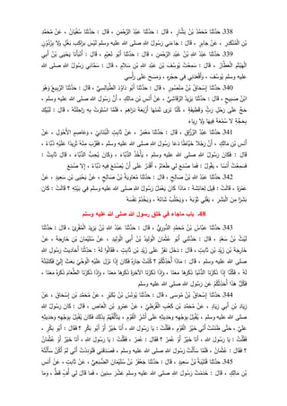 338‫ـ‬‫ا‬َ‫ن‬َ‫ث‬َّ‫د‬َ‫ح‬ُ‫د‬َّ‫م‬َ‫ح‬ُ‫م‬ُ‫ن‬ْ‫ب‬ٍ‫ار‬َّ‫ش‬َ‫ب‬،َ‫ال‬َ‫ق‬:‫ا‬َ‫ن‬َ‫ث‬َّ‫د‬َ‫ح‬ُ‫د‬ْ‫ب‬َ‫ع‬ِ‫ن‬َ‫م‬ْ‫ح‬َّ‫الر‬،َ‫ال‬َ‫ق‬:‫ا‬َ‫ن‬َ‫ث‬َّ‫د‬َ‫ح‬ُ‫ان‬َ‫ي‬ْ‫ف‬ُ‫س‬،ْ‫ن‬َ‫ع‬ِ‫د‬َّ‫م‬َ‫ح‬ُ‫م‬
ِ‫ن‬ْ‫ب‬ِ‫ر‬ِ‫د‬َ‫ك‬ْ‫ن‬ُ‫م‬ْ‫ل‬‫ا‬،ْ‫ن‬َ‫ع‬ٍ‫ر‬ِ‫ب‬‫ا‬َ‫ج‬،َ‫ال‬َ‫ق‬:‫ي‬ِ‫ن‬َ‫اء‬َ‫ج‬ُ‫ول‬ُ‫س‬َ‫ر‬ِ‫للا‬‫وسلم‬ ‫عليه‬ ‫للا‬ ‫صلى‬َ‫س‬ْ‫ي‬َ‫ل‬ِ‫ب‬ِ‫اك‬َ‫بر‬ٍ‫ل‬ْ‫غ‬َ‫ب‬‫ل‬َ‫و‬ٍ‫ن‬ ْ‫و‬َ‫ذ‬ْ‫ر‬ِ‫ب‬
339‫ـ‬‫ا‬َ‫ن‬َ‫ث‬َّ‫د‬َ‫ح‬ُ‫د‬ْ‫ب‬َ‫ع‬ِ‫للا‬ُ‫ن‬ْ‫ب‬ِ‫د‬ْ‫ب‬َ‫ع‬َ‫م‬ْ‫ح‬َّ‫الر‬ِ‫ن‬،َ‫ال‬َ‫ق‬:‫ا‬َ‫ن‬َ‫ث‬َّ‫د‬َ‫ح‬‫و‬ُ‫َب‬‫أ‬ٍ‫م‬ْ‫ي‬َ‫ع‬ُ‫ن‬،َ‫ال‬َ‫ق‬:‫ا‬َ‫َن‬‫أ‬َ‫ب‬ْ‫َن‬‫أ‬‫ى‬َ‫ي‬ْ‫ح‬َ‫ي‬ُ‫ن‬ْ‫ب‬‫ي‬ِ‫ب‬َ‫أ‬
ِ‫م‬َ‫ث‬ْ‫ي‬َ‫ه‬ْ‫ل‬‫ا‬ُ‫ار‬َّ‫ط‬َ‫ع‬ْ‫ل‬‫ا‬،َ‫ال‬َ‫ق‬:ُ‫ت‬ْ‫ع‬ِ‫م‬َ‫س‬َ‫ف‬ُ‫وس‬ُ‫ي‬َ‫ن‬ْ‫ب‬ِ‫د‬ْ‫ب‬َ‫ع‬ِ‫للا‬ِ‫ن‬ْ‫ب‬ٍ‫الم‬َ‫س‬،َ‫ال‬َ‫ق‬:‫ي‬ِ‫ان‬َّ‫م‬َ‫س‬ُ‫ول‬ُ‫س‬َ‫ر‬ِ‫للا‬‫للا‬ ‫صلى‬
‫وسلم‬ ‫عليه‬َ‫ف‬ُ‫وس‬ُ‫ي‬،‫ي‬ِ‫ن‬َ‫د‬َ‫ع‬ْ‫ق‬َ‫أ‬َ‫و‬‫ي‬ِ‫ف‬ِ‫ه‬ِ‫ر‬ْ‫ج‬ِ‫ح‬،َ‫و‬َ‫ح‬ َ‫س‬َ‫م‬‫ى‬َ‫ل‬َ‫ع‬‫ي‬ِ‫س‬ْ‫أ‬َ‫ر‬
341‫ـ‬‫ا‬َ‫ن‬َ‫ث‬َّ‫د‬َ‫ح‬ُ‫اق‬َ‫ح‬ ْ‫س‬ِ‫إ‬ُ‫ن‬ْ‫ب‬ٍ‫ور‬ُ‫ص‬ْ‫ن‬َ‫م‬،َ‫ال‬َ‫ق‬:‫ا‬َ‫ن‬َ‫ث‬َّ‫د‬َ‫ح‬‫و‬ُ‫َب‬‫أ‬َ‫د‬ُ‫او‬َ‫د‬‫ي‬ِ‫س‬ِ‫ال‬َ‫ي‬َّ‫الط‬،َ‫ال‬َ‫ق‬:‫ا‬َ‫ن‬َ‫ث‬َّ‫د‬َ‫ح‬ُ‫يع‬ِ‫ب‬َّ‫الر‬َ‫و‬ُ‫ه‬َ‫و‬
ُ‫ن‬ْ‫اب‬ٍ‫يح‬ِ‫ب‬ َ‫ص‬،َ‫ال‬َ‫ق‬:‫ا‬َ‫ن‬َ‫ث‬َّ‫د‬َ‫ح‬ُ‫يد‬ِ‫ز‬َ‫ي‬‫ي‬ِ‫اش‬َ‫ق‬َّ‫الر‬،ْ‫ن‬َ‫ع‬ِ‫س‬َ‫َن‬‫أ‬ِ‫ن‬ْ‫ب‬ٍ‫ك‬ِ‫ال‬َ‫م‬،َّ‫َن‬‫أ‬َ‫ول‬ُ‫س‬َ‫ر‬ِ‫للا‬‫وسلم‬ ‫عليه‬ ‫للا‬ ‫صلى‬،
َّ‫ج‬َ‫ح‬‫ى‬َ‫ل‬َ‫ع‬ٍ‫ل‬ْ‫ح‬َ‫ر‬ٍ‫ث‬َ‫ر‬ٍ‫ة‬َ‫يف‬ ِ‫ط‬َ‫ق‬ َ‫و‬،‫ا‬َّ‫ن‬ُ‫ك‬‫ى‬َ‫ر‬َ‫ن‬‫ا‬َ‫ه‬َ‫ن‬َ‫م‬َ‫ث‬َ‫ة‬َ‫ع‬َ‫ب‬ْ‫َر‬‫أ‬َ‫م‬ِ‫اه‬َ‫ر‬َ‫د‬،‫ا‬َّ‫م‬َ‫ل‬َ‫ف‬ْ‫ت‬ َ‫و‬َ‫ت‬ ْ‫اس‬ِ‫ه‬ِ‫ب‬ُ‫ه‬ُ‫ت‬َ‫ل‬ِ‫اح‬َ‫ر‬،َ‫ال‬َ‫ق‬:َ‫ك‬ْ‫َّي‬‫ب‬َ‫ل‬
ٍ‫َّة‬‫ج‬َ‫ح‬ِ‫ب‬‫ل‬َ‫ة‬َ‫ع‬ْ‫م‬ُ‫س‬‫ا‬َ‫يه‬ِ‫ف‬‫ل‬َ‫و‬َ‫اء‬َ‫ي‬ِ‫ر‬
341‫ـ‬‫ا‬َ‫ن‬َ‫ث‬َّ‫د‬َ‫ح‬ُ‫د‬ْ‫ب‬َ‫ع‬ِ‫اق‬َّ‫ز‬َّ‫الر‬،َ‫ال‬َ‫ق‬:َّ‫د‬َ‫ح‬‫ا‬َ‫ن‬َ‫ث‬‫ر‬َ‫م‬ْ‫ع‬َ‫م‬،ْ‫ن‬َ‫ع‬ٍ‫ت‬ِ‫ب‬‫ا‬َ‫ث‬ِ‫ي‬ِ‫ان‬َ‫ن‬ُ‫ب‬ْ‫ل‬‫ا‬،ٍ‫م‬ ِ‫اص‬َ‫ع‬َ‫و‬ِ‫ل‬ َ‫و‬ْ‫َح‬‫أل‬‫ا‬،ْ‫ن‬َ‫ع‬
ِ‫س‬َ‫َن‬‫أ‬ِ‫ن‬ْ‫ب‬ٍ‫ك‬ِ‫ال‬َ‫م‬،َّ‫َن‬‫أ‬‫ال‬ُ‫ج‬َ‫ر‬‫ا‬‫َّاط‬‫ي‬َ‫خ‬‫ا‬َ‫ع‬َ‫د‬َ‫ول‬ُ‫س‬َ‫ر‬ِ‫للا‬‫وسلم‬ ‫عليه‬ ‫للا‬ ‫صلى‬،َ‫ب‬َّ‫ر‬َ‫ق‬َ‫ف‬ُ‫ه‬ْ‫ن‬ِ‫م‬‫ا‬‫يد‬ِ‫ر‬َ‫ث‬ِ‫ه‬ْ‫ي‬َ‫ل‬َ‫ع‬ُ‫َّاء‬‫ب‬ُ‫د‬،
َ‫ال‬َ‫ق‬:َ‫ان‬َ‫ك‬َ‫ف‬ُ‫ول‬ُ‫س‬َ‫ر‬ِ‫للا‬‫وسلم‬ ‫عليه‬ ‫للا‬ ‫صلى‬،ُ‫ذ‬ُ‫خ‬ْ‫أ‬َ‫ي‬َ‫َّاء‬‫ب‬‫الد‬،َ‫ان‬َ‫ك‬َ‫و‬‫ب‬ِ‫ح‬ُ‫ي‬َ‫َّاء‬‫ب‬‫الد‬،َ‫ال‬َ‫ق‬‫ت‬ِ‫ب‬‫ا‬َ‫ث‬:
ُ‫ت‬ْ‫ع‬ِ‫م‬َ‫س‬َ‫ف‬‫ا‬‫س‬َ‫َن‬‫أ‬،ُ‫ول‬ُ‫ق‬َ‫ي‬:‫ا‬َ‫م‬َ‫ف‬َ‫ع‬ِ‫ن‬ ُ‫ص‬‫ي‬ِ‫ل‬‫ام‬َ‫ع‬َ‫ط‬،ُ‫ر‬َ‫د‬ْ‫ق‬َ‫أ‬‫ى‬َ‫ل‬َ‫ع‬ْ‫َن‬‫أ‬َ‫ع‬َ‫ن‬ ْ‫ص‬ُ‫ي‬ِ‫يه‬ِ‫ف‬ُ‫َّاء‬‫ب‬ُ‫د‬،‫ل‬ِ‫إ‬َ‫ع‬ِ‫ن‬ ُ‫ص‬
342‫ـ‬‫ا‬َ‫ن‬َ‫ث‬َّ‫د‬َ‫ح‬ُ‫د‬ْ‫ب‬َ‫ع‬ِ‫للا‬ُ‫ن‬ْ‫ب‬ٍ‫ح‬ِ‫ال‬ َ‫ص‬،َ‫ال‬َ‫ق‬:‫ا‬َ‫ن‬َ‫ث‬َّ‫د‬َ‫ح‬َ‫ع‬ُ‫م‬ُ‫ة‬َ‫ي‬ ِ‫او‬ُ‫ن‬ْ‫ب‬ٍ‫ح‬ِ‫ال‬ َ‫ص‬،ْ‫ن‬َ‫ع‬‫ى‬َ‫ي‬ْ‫ح‬َ‫ي‬ِ‫ن‬ْ‫ب‬ٍ‫يد‬ِ‫ع‬َ‫س‬،ْ‫ن‬َ‫ع‬
َ‫ة‬َ‫ر‬ْ‫م‬َ‫ع‬،ْ‫ت‬َ‫ل‬‫ا‬َ‫ق‬:َ‫يل‬ِ‫ق‬َ‫ة‬ َ‫ش‬ِ‫ائ‬َ‫ع‬ِ‫ل‬:‫ا‬َ‫ذ‬‫ا‬َ‫م‬َ‫ان‬َ‫ك‬ُ‫ل‬َ‫م‬ْ‫ع‬َ‫ي‬ُ‫ول‬ُ‫س‬َ‫ر‬ِ‫للا‬‫وسلم‬ ‫عليه‬ ‫للا‬ ‫صلى‬‫ي‬ِ‫ف‬ِ‫ه‬ِ‫ت‬ْ‫ي‬َ‫ب‬‫؟‬ْ‫ت‬َ‫ل‬‫ا‬َ‫ق‬:َ‫ان‬َ‫ك‬
‫ا‬‫ر‬َ‫ش‬َ‫ب‬َ‫ن‬ِ‫م‬ِ‫ر‬َ‫ش‬َ‫ب‬ْ‫ل‬‫ا‬،‫ي‬ِ‫ل‬ْ‫ف‬َ‫ي‬ُ‫ه‬َ‫ب‬ ْ‫و‬َ‫ث‬،ُ‫ب‬ُ‫ل‬ْ‫ح‬َ‫ي‬ َ‫و‬ُ‫ه‬َ‫ات‬َ‫ش‬،ُ‫د‬ْ‫خ‬َ‫ي‬ َ‫و‬ُ‫م‬ُ‫ه‬ َ‫س‬ْ‫ف‬َ‫ن‬
48‫هللا‬ ‫رسول‬ ‫خلق‬ ‫في‬ ‫ماجاء‬ ‫باب‬ ‫ـ‬‫وسلم‬ ‫عليه‬ ‫هللا‬ ‫صلى‬
343‫ـ‬‫ا‬َ‫ن‬َ‫ث‬َّ‫د‬َ‫ح‬ُ‫َّاس‬‫ب‬َ‫ع‬ُ‫ن‬ْ‫ب‬ٍ‫د‬َّ‫م‬َ‫ح‬ُ‫م‬‫ي‬ِ‫ور‬‫الد‬،َ‫ال‬َ‫ق‬:‫ا‬َ‫ن‬َ‫ث‬َّ‫د‬َ‫ح‬ُ‫د‬ْ‫ب‬َ‫ع‬ِ‫للا‬ُ‫ن‬ْ‫ب‬َ‫يد‬ِ‫ز‬َ‫ي‬ِ‫ئ‬ِ‫ر‬ْ‫ق‬ُ‫م‬ْ‫ل‬‫ا‬،َ‫ال‬َ‫ق‬:‫ا‬َ‫ن‬َ‫ث‬َّ‫د‬َ‫ح‬
ُ‫ث‬ْ‫ي‬َ‫ل‬ُ‫ن‬ْ‫ب‬ٍ‫د‬ْ‫ع‬َ‫س‬،َ‫ال‬َ‫ق‬:‫ي‬ِ‫ن‬َ‫ث‬َّ‫د‬َ‫ح‬‫و‬ُ‫َب‬‫أ‬َ‫ان‬َ‫م‬ْ‫ث‬ُ‫ع‬َ‫و‬ْ‫ل‬‫ا‬ُ‫يد‬ِ‫ل‬ُ‫ن‬ْ‫ب‬‫ي‬ِ‫ب‬َ‫أ‬ِ‫يد‬ِ‫ل‬ َ‫و‬ْ‫ل‬‫ا‬،ْ‫ن‬َ‫ع‬َ‫ان‬َ‫م‬ْ‫ي‬َ‫ل‬ُ‫س‬ِ‫ن‬ْ‫ب‬َ‫ة‬َ‫ج‬ِ‫ار‬َ‫خ‬،ْ‫ن‬َ‫ع‬
َ‫ة‬َ‫ج‬ِ‫ار‬َ‫خ‬ِ‫ن‬ْ‫ب‬ِ‫د‬ْ‫ي‬َ‫ز‬ِ‫ن‬ْ‫ب‬ٍ‫ت‬ِ‫ب‬‫ا‬َ‫ث‬،َ‫ال‬َ‫ق‬:َ‫ل‬َ‫خ‬َ‫د‬‫ر‬َ‫ف‬َ‫ن‬‫ى‬َ‫ل‬َ‫ع‬ِ‫د‬ْ‫ي‬َ‫ز‬ِ‫ن‬ْ‫ب‬ٍ‫ت‬ِ‫ب‬‫ا‬َ‫ث‬،‫ا‬‫و‬ُ‫ل‬‫ا‬َ‫ق‬َ‫ف‬ُ‫ه‬َ‫ل‬:‫ا‬َ‫ن‬ْ‫ث‬ِ‫د‬َ‫ح‬َ‫يث‬ِ‫اد‬َ‫َح‬‫أ‬ِ‫ول‬ُ‫س‬َ‫ر‬ِ‫للا‬
‫وسلم‬ ‫عليه‬ ‫للا‬ ‫صلى‬،َ‫ال‬َ‫ق‬:‫ا‬َ‫ذ‬‫ا‬َ‫م‬ُ‫ك‬ُ‫ث‬ِ‫د‬َ‫ُح‬‫أ‬ْ‫م‬‫؟‬ُ‫ت‬ْ‫ن‬ُ‫ك‬ُ‫ه‬َ‫ار‬َ‫ج‬َ‫ان‬َ‫ك‬َ‫ف‬‫ا‬َ‫ذ‬ِ‫إ‬َ‫ل‬َ‫ز‬َ‫ن‬ِ‫ه‬ْ‫ي‬َ‫ل‬َ‫ع‬
ُ
‫ي‬ْ‫ح‬َ‫و‬ْ‫ل‬‫ا‬َ‫ث‬َ‫ع‬َ‫ب‬َّ‫ي‬َ‫ل‬ِ‫إ‬ُ‫ه‬ُ‫ت‬ْ‫ب‬َ‫ت‬َ‫ك‬َ‫ف‬
ُ‫ه‬َ‫ل‬،‫ا‬َّ‫ن‬ُ‫ك‬َ‫ف‬‫ا‬َ‫ذ‬ِ‫إ‬‫ا‬َ‫ن‬ْ‫ر‬َ‫ك‬َ‫ذ‬‫ا‬َ‫ي‬ْ‫ن‬‫الد‬‫ا‬َ‫ه‬َ‫ر‬َ‫ك‬َ‫ذ‬‫ا‬َ‫ن‬َ‫ع‬َ‫م‬،‫ا‬َ‫ذ‬ِ‫ا‬َ‫و‬‫ا‬َ‫ن‬ْ‫ر‬َ‫ك‬َ‫ذ‬َ‫ة‬َ‫ر‬ِ‫اآلخ‬‫ا‬َ‫ه‬َ‫ر‬َ‫ك‬َ‫ذ‬‫ا‬َ‫ن‬َ‫ع‬َ‫م‬،‫ا‬َ‫ذ‬ِ‫ا‬َ‫و‬‫ا‬َ‫ن‬ْ‫ر‬َ‫ك‬َ‫ذ‬َ‫ام‬َ‫ع‬َّ‫الط‬ُ‫ه‬َ‫ر‬َ‫ك‬َ‫ذ‬‫ا‬َ‫ن‬َ‫ع‬َ‫م‬،
‫ل‬ُ‫ك‬َ‫ف‬‫ا‬َ‫ذ‬َ‫ه‬ْ‫م‬ُ‫ك‬ُ‫ث‬ِ‫د‬َ‫ُح‬‫أ‬ِ‫ن‬َ‫ع‬ِ‫ول‬ُ‫س‬َ‫ر‬ِ‫للا‬‫وسلم‬ ‫عليه‬ ‫للا‬ ‫صلى‬
344‫ـ‬‫ا‬َ‫ن‬َ‫ث‬َّ‫د‬َ‫ح‬ُ‫اق‬َ‫ح‬ ْ‫س‬ِ‫إ‬ُ‫ن‬ْ‫ب‬‫ى‬َ‫وس‬ُ‫م‬،َ‫ال‬َ‫ق‬:‫ا‬َ‫ن‬َ‫ث‬َّ‫د‬َ‫ح‬ُ‫س‬ُ‫ون‬ُ‫ي‬ُ‫ن‬ْ‫ب‬ٍ‫ر‬ْ‫ي‬َ‫ك‬ُ‫ب‬،ْ‫ن‬َ‫ع‬ِ‫د‬َّ‫م‬َ‫ح‬ُ‫م‬ِ‫ن‬ْ‫ب‬َ‫اق‬َ‫ح‬ ْ‫س‬ِ‫إ‬،ْ‫ن‬َ‫ع‬
ِ‫اد‬َ‫ي‬ِ‫ز‬ِ‫ن‬ْ‫ب‬‫ي‬ِ‫ب‬َ‫أ‬ٍ‫اد‬َ‫ي‬ِ‫ز‬،ْ‫ن‬َ‫ع‬ِ‫د‬َّ‫م‬َ‫ح‬ُ‫م‬ِ‫ن‬ْ‫ب‬ٍ‫ب‬ْ‫ع‬َ‫ك‬ِ‫ي‬ِ‫ظ‬َ‫ر‬ُ‫ق‬ْ‫ل‬‫ا‬،ْ‫ن‬َ‫ع‬َ‫ع‬‫و‬ِ‫ر‬ْ‫م‬ِ‫ن‬ْ‫ب‬ِ‫اص‬َ‫ع‬ْ‫ل‬‫ا‬،َ‫ال‬َ‫ق‬:َ‫ان‬َ‫ك‬ُ‫ول‬ُ‫س‬َ‫ر‬ِ‫للا‬
‫وسلم‬ ‫عليه‬ ‫للا‬ ‫صلى‬،ُ‫ل‬ِ‫ب‬ْ‫ق‬ُ‫ي‬ِ‫ه‬ِ‫ه‬ْ‫ج‬َ‫و‬ِ‫ب‬ِ‫ه‬ِ‫يث‬ِ‫د‬َ‫ح‬َ‫و‬‫ى‬َ‫ل‬َ‫ع‬ِ‫ر‬َ‫َش‬‫أ‬ِ‫م‬ْ‫و‬َ‫ق‬ْ‫ل‬‫ا‬،ْ‫م‬ُ‫ه‬ُ‫ف‬َّ‫َل‬‫أ‬َ‫ت‬َ‫ي‬َ‫ك‬ِ‫ل‬َ‫ذ‬ِ‫ب‬َ‫ان‬َ‫ك‬َ‫ف‬ُ‫ل‬ِ‫ب‬ْ‫ق‬ُ‫ي‬ِ‫ه‬ِ‫ه‬ْ‫ج‬َ‫و‬ِ‫ب‬ِ‫ه‬ِ‫يث‬ِ‫د‬َ‫ح‬َ‫و‬
َّ‫ي‬َ‫ل‬َ‫ع‬،‫ى‬َّ‫ت‬َ‫ح‬ُ‫ت‬ْ‫ن‬َ‫ن‬َ‫ظ‬‫ي‬ِ‫َن‬‫أ‬ُ‫ر‬ْ‫ي‬َ‫خ‬ِ‫م‬ْ‫و‬َ‫ق‬ْ‫ل‬‫ا‬،ُ‫ت‬ْ‫ل‬ُ‫ق‬َ‫ف‬:‫ا‬َ‫ي‬َ‫ول‬ُ‫س‬َ‫ر‬ِ‫للا‬،‫ا‬َ‫َن‬‫أ‬‫ر‬ْ‫ي‬َ‫خ‬ْ‫َو‬‫أ‬‫و‬ُ‫َب‬‫أ‬ٍ‫ر‬ْ‫ك‬َ‫ب‬‫؟‬َ‫ال‬َ‫ق‬َ‫ف‬:‫و‬ُ‫َب‬‫أ‬ٍ‫ر‬ْ‫ك‬َ‫ب‬،
ُ‫ت‬ْ‫ل‬ُ‫ق‬َ‫ف‬:‫ا‬َ‫ي‬َ‫ول‬ُ‫س‬َ‫ر‬ِ‫للا‬،‫ا‬َ‫َن‬‫أ‬‫ر‬ْ‫ي‬َ‫خ‬ْ‫َو‬‫أ‬ُ‫ر‬َ‫م‬ُ‫ع‬‫؟‬َ‫ال‬َ‫ق‬َ‫ف‬:ُ‫ر‬َ‫م‬ُ‫ع‬،ُ‫ت‬ْ‫ل‬ُ‫ق‬َ‫ف‬:‫ا‬َ‫ي‬َ‫ول‬ُ‫س‬َ‫ر‬ِ‫للا‬،‫ا‬َ‫َن‬‫أ‬‫ر‬ْ‫ي‬َ‫خ‬ْ‫َو‬‫أ‬ُ‫ان‬َ‫م‬ْ‫ث‬ُ‫ع‬
‫؟‬َ‫ال‬َ‫ق‬َ‫ف‬:ُ‫ان‬َ‫م‬ْ‫ث‬ُ‫ع‬،‫ا‬َّ‫م‬َ‫ل‬َ‫ف‬ُ‫ت‬ْ‫ل‬َ‫أ‬َ‫س‬َ‫ول‬ُ‫س‬َ‫ر‬ِ‫للا‬‫وسلم‬ ‫عليه‬ ‫للا‬ ‫صلى‬،‫ي‬ِ‫ن‬َ‫ق‬َ‫د‬ َ‫ص‬َ‫ف‬ُ‫ت‬ْ‫د‬ِ‫د‬َ‫و‬َ‫ل‬َ‫ف‬‫ي‬ِ‫َن‬‫أ‬ْ‫م‬َ‫ل‬ْ‫ن‬ُ‫َك‬‫أ‬ُ‫ه‬ُ‫ت‬ْ‫ل‬َ‫أ‬َ‫س‬
345‫ـ‬‫ا‬َ‫ن‬َ‫ث‬َّ‫د‬َ‫ح‬ُ‫ة‬َ‫ب‬ْ‫ي‬َ‫ت‬ُ‫ق‬ُ‫ن‬ْ‫ب‬ٍ‫يد‬ِ‫ع‬َ‫س‬،َ‫ال‬َ‫ق‬:‫ا‬َ‫ن‬َ‫ث‬َّ‫د‬َ‫ح‬ُ‫ر‬َ‫ف‬ْ‫ع‬َ‫ج‬ُ‫ن‬ْ‫ب‬َ‫ان‬َ‫م‬ْ‫ي‬َ‫ل‬ُ‫س‬‫ي‬ِ‫ع‬َ‫ب‬‫الض‬،ْ‫ن‬َ‫ع‬ٍ‫ت‬ِ‫ب‬‫ا‬َ‫ث‬،ْ‫ن‬َ‫ع‬ِ‫س‬َ‫َن‬‫أ‬
ِ‫ن‬ْ‫ب‬ٍ‫ك‬ِ‫ال‬َ‫م‬،َ‫ال‬َ‫ق‬:ُ‫ت‬ْ‫م‬َ‫د‬َ‫خ‬َ‫ر‬َ‫ول‬ُ‫س‬ِ‫للا‬‫وسلم‬ ‫عليه‬ ‫للا‬ ‫صلى‬َ‫ر‬ْ‫ش‬َ‫ع‬َ‫ين‬ِ‫ن‬ ِ‫س‬،‫ا‬َ‫م‬َ‫ف‬َ‫ال‬َ‫ق‬‫ي‬ِ‫ل‬ٍ‫ُف‬‫أ‬‫ط‬َ‫ق‬،‫ا‬َ‫م‬َ‫و‬
 