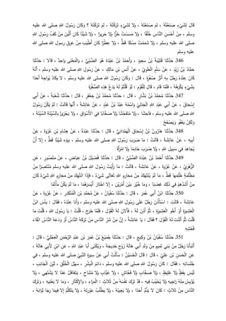 َ‫ال‬َ‫ق‬ٍ‫ء‬
ْ
‫ي‬َ‫ش‬ِ‫ل‬ُ‫ه‬ُ‫ت‬ْ‫ع‬َ‫ن‬ َ‫ص‬،َ‫م‬ِ‫ل‬ُ‫ه‬َ‫ت‬ْ‫ع‬َ‫ن‬ َ‫ص‬،‫ل‬َ‫و‬ٍ‫ء‬
ْ
‫ي‬َ‫ش‬ِ‫ل‬ُ‫ه‬ُ‫ت‬ْ‫ك‬َ‫ر‬َ‫ت‬،َ‫م‬ِ‫ل‬ُ‫ه‬َ‫ت‬ْ‫ك‬َ‫ر‬َ‫ت‬‫؟‬َ‫ان‬َ‫ك‬َ‫و‬ُ‫ول‬ُ‫س‬َ‫ر‬ِ‫للا‬‫عليه‬ ‫للا‬ ‫صلى‬
‫وسلم‬،ْ‫ن‬ِ‫م‬ِ‫ن‬ َ‫س‬ْ‫َح‬‫أ‬ِ‫اس‬َّ‫الن‬‫ا‬‫ق‬ُ‫ل‬ُ‫خ‬،‫ل‬َ‫و‬ُ‫ت‬ ْ‫س‬ َ‫س‬َ‫م‬‫ا‬ًّ‫ز‬َ‫خ‬‫ل‬َ‫و‬‫ا‬‫ير‬ِ‫ر‬َ‫ح‬،‫ل‬َ‫و‬‫ا‬‫ئ‬ْ‫ي‬ َ‫ش‬َ‫ان‬َ‫ك‬َ‫ن‬َ‫ي‬ْ‫ل‬َ‫أ‬ْ‫ن‬ِ‫م‬ِ‫ف‬َ‫ك‬ِ‫ول‬ُ‫س‬َ‫ر‬ِ‫للا‬
‫وسلم‬ ‫عليه‬ ‫للا‬ ‫صلى‬،‫ل‬َ‫و‬ُ‫ت‬ْ‫م‬َ‫م‬َ‫ش‬‫ا‬‫ك‬ْ‫س‬ِ‫م‬‫ط‬َ‫ق‬،‫ل‬َ‫و‬‫ا‬‫ر‬ْ‫ط‬ ِ‫ع‬َ‫ان‬َ‫ك‬َ‫ب‬َ‫ي‬ْ‫ط‬َ‫أ‬ْ‫ن‬ِ‫م‬ِ‫ق‬َ‫ر‬َ‫ع‬‫للا‬ ‫رسول‬‫للا‬ ‫صلى‬
‫وسلم‬ ‫عليه‬
346‫ـ‬‫ا‬َ‫ن‬َ‫ث‬َّ‫د‬َ‫ح‬ُ‫ة‬َ‫ب‬ْ‫ي‬َ‫ت‬ُ‫ق‬ُ‫ن‬ْ‫ب‬ٍ‫يد‬ِ‫ع‬َ‫س‬،ْ‫م‬َ‫َح‬‫أ‬َ‫و‬ُ‫د‬ُ‫ن‬ْ‫ب‬َ‫ة‬َ‫د‬ْ‫ب‬َ‫ع‬َ‫و‬ُ‫ه‬‫ي‬ِ‫ب‬ َّ‫الض‬،َ‫و‬‫د‬ِ‫اح‬َ‫و‬ ‫ى‬َ‫ن‬ْ‫ع‬َ‫م‬ْ‫ل‬‫ا‬،‫ال‬َ‫ق‬:‫ا‬َ‫ن‬َ‫ث‬َّ‫د‬َ‫ح‬
ُ‫اد‬َّ‫م‬َ‫ح‬ُ‫ن‬ْ‫ب‬ٍ‫د‬ْ‫ي‬َ‫ز‬،ْ‫ن‬َ‫ع‬ٍ‫م‬ْ‫ل‬ َ‫س‬ِ‫ي‬ِ‫و‬َ‫ل‬َ‫ع‬ْ‫ل‬‫ا‬،ْ‫ن‬َ‫ع‬ِ‫س‬َ‫َن‬‫أ‬ِ‫ن‬ْ‫ب‬ٍ‫ك‬ِ‫ال‬َ‫م‬،ْ‫ن‬َ‫ع‬ِ‫ول‬ُ‫س‬َ‫ر‬ِ‫للا‬‫وسلم‬ ‫عليه‬ ‫للا‬ ‫صلى‬،ُ‫ه‬َّ‫َن‬‫أ‬
َ‫ان‬َ‫ك‬ُ‫ه‬َ‫د‬ْ‫ن‬ ِ‫ع‬‫ل‬ُ‫ج‬َ‫ر‬ِ‫ه‬ِ‫ب‬ُ‫ر‬َ‫ث‬َ‫أ‬ٍ‫ة‬َ‫ر‬ْ‫ف‬ ُ‫ص‬،َ‫ال‬َ‫ق‬:َ‫ان‬َ‫ك‬َ‫و‬ُ‫ول‬ُ‫س‬َ‫ر‬ِ‫للا‬‫وسلم‬ ‫عليه‬ ‫للا‬ ‫صلى‬،‫ل‬ُ‫اد‬َ‫يك‬ُ‫ه‬ِ‫اج‬‫و‬ُ‫ي‬‫ا‬‫د‬َ‫َح‬‫أ‬
ٍ‫ء‬
ْ
‫ي‬َ‫ش‬ِ‫ب‬ُ‫ه‬ُ‫ه‬َ‫ر‬ْ‫ك‬َ‫ي‬،‫ا‬َّ‫م‬َ‫ل‬َ‫ف‬َ‫ام‬َ‫ق‬،َ‫ال‬َ‫ق‬ِ‫م‬ْ‫و‬َ‫ق‬ْ‫ل‬ِ‫ل‬:ْ‫و‬َ‫ل‬ْ‫م‬ُ‫ت‬ْ‫ل‬ُ‫ق‬ُ‫ه‬َ‫ل‬ُ‫ع‬َ‫د‬َ‫ي‬ِ‫ه‬ِ‫ذ‬َ‫ه‬َ‫ة‬َ‫ر‬ْ‫ف‬‫الص‬
347‫ـ‬‫ا‬َ‫ن‬َ‫ث‬َّ‫د‬َ‫ح‬ُ‫د‬َّ‫م‬َ‫ح‬ُ‫م‬ُ‫ن‬ْ‫ب‬ٍ‫ار‬َّ‫ش‬َ‫ب‬،َ‫ال‬َ‫ق‬:‫ا‬َ‫ن‬َ‫ث‬َّ‫د‬َ‫ح‬ُ‫د‬َّ‫م‬َ‫ح‬ُ‫م‬ُ‫ن‬ْ‫ب‬َ‫ف‬ْ‫ع‬َ‫ج‬ٍ‫ر‬،َ‫ال‬َ‫ق‬:‫ا‬َ‫ن‬َ‫ث‬َّ‫د‬َ‫ح‬ُ‫ة‬َ‫ب‬ْ‫ع‬ُ‫ش‬،ْ‫ن‬َ‫ع‬‫ي‬ِ‫ب‬َ‫أ‬
َ‫اق‬َ‫ح‬ ْ‫س‬ِ‫إ‬،ْ‫ن‬َ‫ع‬‫ي‬ِ‫ب‬َ‫أ‬ِ‫د‬ْ‫ب‬َ‫ع‬ِ‫للا‬ِ‫ي‬ِ‫ل‬َ‫د‬َ‫ج‬ْ‫ل‬‫ا‬ُ‫ه‬ُ‫م‬ْ‫اس‬َ‫و‬ُ‫د‬ْ‫ب‬َ‫ع‬ُ‫ن‬ْ‫ب‬ٍ‫د‬ْ‫ب‬َ‫ع‬،ْ‫ن‬َ‫ع‬َ‫ة‬ َ‫ش‬ِ‫ائ‬َ‫ع‬،‫ا‬َ‫ه‬َّ‫َن‬‫أ‬ْ‫ت‬َ‫ل‬‫ا‬َ‫ق‬:ْ‫م‬َ‫ل‬ْ‫ن‬ُ‫ك‬َ‫ي‬ُ‫ول‬ُ‫س‬َ‫ر‬
ِ‫للا‬‫وسلم‬ ‫عليه‬ ‫للا‬ ‫صلى‬،‫ا‬‫ش‬ِ‫اح‬َ‫ف‬،‫ل‬َ‫و‬‫ا‬‫ش‬ِ‫ح‬َ‫ف‬َ‫ت‬ُ‫م‬‫ل‬َ‫و‬‫ا‬‫اب‬َّ‫خ‬ َ‫ص‬‫ي‬ِ‫ف‬ِ‫اق‬َ‫و‬ْ‫َس‬‫أل‬‫ا‬،‫ل‬َ‫و‬ُ‫ئ‬ِ‫ز‬ْ‫ج‬َ‫ي‬ِ‫ة‬َ‫ئ‬ِ‫ي‬ َّ‫الس‬ِ‫ب‬َ‫ة‬َ‫ئ‬ِ‫ي‬ َّ‫الس‬،
ْ‫ن‬ِ‫ك‬َ‫ل‬ َ‫و‬‫و‬ُ‫ف‬ْ‫ع‬َ‫ي‬ُ‫ح‬َ‫ف‬ ْ‫ص‬َ‫ي‬ َ‫و‬
348‫ـ‬‫ا‬َ‫ن‬َ‫ث‬َّ‫د‬َ‫ح‬ُ‫ون‬ُ‫ار‬َ‫ه‬ُ‫ن‬ْ‫ب‬َ‫اق‬َ‫ح‬ ْ‫س‬ِ‫إ‬‫ي‬ِ‫ان‬َ‫د‬ْ‫م‬َ‫ه‬ْ‫ل‬‫ا‬،َ‫ال‬َ‫ق‬:‫ا‬َ‫ن‬َ‫ث‬َّ‫د‬َ‫ح‬ُ‫ة‬َ‫د‬ْ‫ب‬َ‫ع‬،ْ‫ن‬َ‫ع‬ِ‫ام‬َ‫ش‬ِ‫ه‬ِ‫ن‬ْ‫ب‬َ‫ة‬َ‫و‬ْ‫ر‬ُ‫ع‬،ْ‫ن‬َ‫ع‬
ِ‫يه‬ِ‫ب‬َ‫أ‬،ْ‫ن‬َ‫ع‬َ‫ة‬ َ‫ش‬ِ‫ائ‬َ‫ع‬،ْ‫ت‬َ‫ل‬‫ا‬َ‫ق‬:‫ا‬َ‫م‬َ‫ب‬َ‫ر‬ َ‫ض‬ُ‫ول‬ُ‫س‬َ‫ر‬ِ‫للا‬‫وسلم‬ ‫عليه‬ ‫للا‬ ‫صلى‬،ِ‫ه‬ِ‫د‬َ‫ي‬ِ‫ب‬‫ا‬‫ئ‬ْ‫ي‬ َ‫ش‬‫ط‬َ‫ق‬،‫ل‬ِ‫إ‬ْ‫َن‬‫أ‬
َ‫د‬ِ‫اه‬َ‫ج‬ُ‫ي‬‫ي‬ِ‫ف‬ِ‫يل‬ِ‫ب‬ َ‫س‬ِ‫للا‬،‫ل‬َ‫و‬َ‫ب‬َ‫ر‬ َ‫ض‬‫ا‬‫م‬ِ‫اد‬َ‫خ‬َِ‫و‬‫ل‬‫َة‬‫أ‬َ‫ر‬ْ‫ام‬
349‫ـ‬‫ا‬َ‫ن‬َ‫ث‬َّ‫د‬َ‫ح‬ُ‫د‬َ‫م‬ْ‫َح‬‫أ‬ُ‫ن‬ْ‫ب‬َ‫ة‬َ‫د‬ْ‫ب‬َ‫ع‬‫ي‬ِ‫ب‬ َّ‫الض‬،َ‫ال‬َ‫ق‬:‫ا‬َ‫ن‬َ‫ث‬َّ‫د‬َ‫ح‬ُ‫ل‬ْ‫ي‬ َ‫ض‬ُ‫ف‬ُ‫ن‬ْ‫ب‬ٍ‫اض‬َ‫ي‬ ِ‫ع‬،ْ‫ن‬َ‫ع‬ٍ‫ور‬ُ‫ص‬ْ‫ن‬َ‫م‬،ِ‫ن‬َ‫ع‬
ِ‫ي‬ِ‫ر‬ْ‫ه‬‫الز‬،ْ‫ن‬َ‫ع‬َ‫ة‬َ‫و‬ْ‫ر‬ُ‫ع‬،ْ‫ن‬َ‫ع‬َ‫ة‬ َ‫ش‬ِ‫ائ‬َ‫ع‬،ْ‫ت‬َ‫ل‬‫ا‬َ‫ق‬:‫ا‬َ‫م‬ُ‫ت‬ْ‫َي‬‫أ‬َ‫ر‬َ‫ول‬ُ‫س‬َ‫ر‬ِ‫للا‬‫وسلم‬ ‫عليه‬ ‫للا‬ ‫صلى‬‫ا‬‫ر‬ ِ‫ص‬َ‫ت‬ْ‫ن‬ُ‫م‬ْ‫ن‬ِ‫م‬
ٍ‫ة‬َ‫م‬َ‫ل‬ْ‫ظ‬َ‫م‬‫ا‬َ‫ه‬َ‫م‬ِ‫ل‬ُ‫ظ‬‫ط‬َ‫ق‬،‫ا‬َ‫م‬ْ‫م‬َ‫ل‬ْ‫ك‬َ‫ه‬َ‫ت‬ْ‫ن‬ُ‫ي‬ْ‫ن‬ِ‫م‬ِ‫م‬ِ‫ار‬َ‫ح‬َ‫م‬ِ‫للا‬‫ى‬َ‫ل‬‫ا‬َ‫ع‬َ‫ت‬‫ء‬
ْ
‫ي‬َ‫ش‬،‫ا‬َ‫ذ‬ِ‫إ‬َ‫ف‬َ‫ك‬ِ‫ه‬ُ‫ت‬ْ‫ان‬ْ‫ن‬ِ‫م‬ِ‫م‬ِ‫ار‬َ‫ح‬َ‫م‬ِ‫للا‬‫ء‬
ْ
‫ي‬َ‫ش‬َ‫ان‬َ‫ك‬
ْ‫ن‬ِ‫م‬ْ‫م‬ِ‫ه‬ِ‫د‬َ‫َش‬‫أ‬‫ي‬ِ‫ف‬َ‫ك‬ِ‫ل‬َ‫ذ‬‫ا‬‫ب‬ َ‫ض‬َ‫غ‬،‫ا‬َ‫م‬َ‫و‬َ‫ر‬ِ‫ي‬ُ‫خ‬َ‫ن‬ْ‫ي‬َ‫ب‬ِ‫ن‬ْ‫ي‬َ‫ر‬ْ‫َم‬‫أ‬،‫ل‬ِ‫إ‬َ‫ار‬َ‫ت‬ْ‫اخ‬‫ا‬َ‫م‬ُ‫ه‬َ‫ر‬َ‫س‬ْ‫َي‬‫أ‬،‫ا‬َ‫م‬ْ‫م‬َ‫ل‬ْ‫ن‬ُ‫ك‬َ‫ي‬‫ا‬‫م‬َ‫ث‬ْ‫أ‬َ‫م‬
351‫ـ‬‫ا‬َ‫ن‬َ‫ث‬َّ‫د‬َ‫ح‬ُ‫ن‬ْ‫اب‬‫ي‬ِ‫ب‬َ‫أ‬َ‫ر‬َ‫م‬ُ‫ع‬،َ‫ال‬َ‫ق‬:‫ا‬َ‫ن‬َ‫ث‬َّ‫د‬َ‫ح‬ُ‫ان‬َ‫ي‬ْ‫ف‬ُ‫س‬،ْ‫ن‬َ‫ع‬ِ‫د‬َّ‫م‬َ‫ح‬ُ‫م‬ِ‫ن‬ْ‫ب‬ِ‫ر‬ِ‫د‬َ‫ك‬ْ‫ن‬ُ‫م‬ْ‫ل‬‫ا‬،ْ‫ن‬َ‫ع‬َ‫ة‬َ‫و‬ْ‫ر‬ُ‫ع‬،ْ‫ن‬َ‫ع‬
َ‫ة‬ َ‫ش‬ِ‫ائ‬َ‫ع‬،ِ‫ت‬َ‫ل‬‫ا‬َ‫ق‬:َ‫ن‬َ‫ذ‬ْ‫أ‬َ‫ت‬ ْ‫اس‬‫ل‬ُ‫ج‬َ‫ر‬‫ى‬َ‫ل‬َ‫ع‬ِ‫ول‬ُ‫س‬َ‫ر‬ِ‫للا‬‫وسلم‬ ‫عليه‬ ‫للا‬ ‫صلى‬،‫ا‬َ‫َن‬‫أ‬َ‫و‬ُ‫ه‬َ‫د‬ْ‫ن‬ ِ‫ع‬،َ‫ال‬َ‫ق‬َ‫ف‬:َ‫س‬ْ‫ئ‬ِ‫ب‬ُ‫ن‬ْ‫اب‬
ِ‫ة‬َ‫ير‬ ِ‫ش‬َ‫ع‬ْ‫ل‬‫ا‬ْ‫َو‬‫أ‬‫و‬ُ‫َخ‬‫أ‬ِ‫ة‬َ‫ير‬ ِ‫ش‬َ‫ع‬ْ‫ل‬‫ا‬،َّ‫م‬ُ‫ث‬َ‫ن‬ِ‫َذ‬‫أ‬ُ‫ه‬َ‫ل‬،َ‫َلن‬‫أ‬َ‫ف‬ُ‫ه‬َ‫ل‬َ‫ل‬ ْ‫و‬َ‫ق‬ْ‫ل‬‫ا‬،‫ا‬َّ‫م‬َ‫ل‬َ‫ف‬َ‫ج‬َ‫ر‬َ‫خ‬،ُ‫ت‬ْ‫ل‬ُ‫ق‬:‫ا‬َ‫ي‬َ‫ول‬ُ‫س‬َ‫ر‬ِ‫للا‬،َ‫ت‬ْ‫ل‬ُ‫ق‬‫ا‬َ‫م‬
َ‫ت‬ْ‫ل‬ُ‫ق‬َّ‫م‬ُ‫ث‬َ‫ت‬ْ‫ن‬َ‫ل‬َ‫أ‬ُ‫ه‬َ‫ل‬َ‫ل‬ ْ‫و‬َ‫ق‬ْ‫ل‬‫ا‬‫؟‬َ‫ال‬َ‫ق‬َ‫ف‬:‫ا‬َ‫ي‬ُ‫ة‬ َ‫ش‬ِ‫ائ‬َ‫ع‬،َّ‫ن‬ِ‫إ‬ْ‫ن‬ِ‫م‬ِ‫ر‬َ‫ش‬ِ‫اس‬َّ‫الن‬ْ‫ن‬َ‫م‬ُ‫ه‬َ‫ك‬َ‫ر‬َ‫ت‬ُ‫اس‬َّ‫الن‬ْ‫َو‬‫أ‬ُ‫ه‬َ‫ع‬َ‫د‬َ‫و‬ُ‫اس‬َّ‫الن‬َ‫اء‬َ‫ق‬ِ‫ات‬
ِ‫ه‬ ِ‫ش‬ْ‫ح‬ُ‫ف‬
351‫ـ‬‫ا‬َ‫ن‬َ‫ث‬َّ‫د‬َ‫ح‬ُ‫ان‬َ‫ي‬ْ‫ف‬ُ‫س‬ُ‫ن‬ْ‫ب‬ٍ‫يع‬ِ‫ك‬َ‫و‬،َ‫ال‬َ‫ق‬:‫ا‬َ‫ن‬َ‫ث‬َّ‫د‬َ‫ح‬ُ‫ع‬ْ‫ي‬َ‫م‬ُ‫ج‬ُ‫ن‬ْ‫ب‬َ‫ر‬َ‫م‬ُ‫ع‬ْ‫ب‬ِ‫ن‬ِ‫د‬ْ‫ب‬َ‫ع‬ِ‫ن‬َ‫م‬ْ‫ح‬َّ‫الر‬‫ي‬ِ‫ل‬ْ‫ج‬ِ‫ع‬ْ‫ل‬‫ا‬،َ‫ال‬َ‫ق‬:
‫ا‬َ‫َن‬‫أ‬َ‫ب‬ْ‫َن‬‫أ‬‫ل‬ُ‫ج‬َ‫ر‬ْ‫ن‬ِ‫م‬‫ي‬ِ‫ن‬َ‫ب‬ٍ‫يم‬ِ‫م‬َ‫ت‬ْ‫ن‬ِ‫م‬ِ‫د‬َ‫ل‬ َ‫و‬‫ي‬ِ‫ب‬َ‫أ‬َ‫ة‬َ‫ل‬‫ا‬َ‫ه‬ِ‫ج‬ْ‫و‬َ‫ز‬َ‫ة‬َ‫يج‬ِ‫د‬َ‫خ‬،‫ى‬َ‫ن‬ْ‫ك‬ُ‫ي‬ َ‫و‬‫ا‬َ‫َب‬‫أ‬ِ‫د‬ْ‫ب‬َ‫ع‬ِ‫للا‬،ِ‫ن‬َ‫ع‬ٍ‫ن‬ْ‫اب‬‫ي‬ِ‫ب‬َ‫أل‬َ‫ة‬َ‫ل‬‫ا‬َ‫ه‬،
ِ‫ن‬َ‫ع‬ِ‫ن‬ َ‫س‬َ‫ح‬ْ‫ل‬‫ا‬ِ‫ن‬ْ‫ب‬ٍ‫ي‬ِ‫ل‬َ‫ع‬،َ‫ال‬َ‫ق‬:َ‫ال‬َ‫ق‬ُ‫ن‬ْ‫ي‬ َ‫س‬ُ‫ح‬ْ‫ل‬‫ا‬:ُ‫ت‬ْ‫ل‬َ‫أ‬َ‫س‬َ‫أ‬‫بي‬ْ‫ن‬َ‫ع‬ِ‫ة‬َ‫ير‬ ِ‫س‬ِ‫ي‬ِ‫ب‬َّ‫الن‬‫وسلم‬ ‫عليه‬ ‫للا‬ ‫صلى‬،‫ي‬ِ‫ف‬
ِ‫ه‬ِ‫ائ‬َ‫س‬َ‫ل‬ُ‫ج‬،َ‫ال‬َ‫ق‬َ‫ف‬:َ‫ان‬َ‫ك‬ُ‫ول‬ُ‫س‬َ‫ر‬ِ‫للا‬‫وسلم‬ ‫عليه‬ ‫للا‬ ‫صلى‬،َ‫م‬ِ‫ائ‬َ‫د‬ِ‫ر‬ْ‫ش‬ِ‫ب‬ْ‫ل‬‫ا‬،َ‫ل‬ْ‫ه‬َ‫س‬ِ‫ق‬ُ‫ل‬ُ‫خ‬ْ‫ل‬‫ا‬،َ‫ن‬ِ‫ي‬َ‫ل‬ِ‫ب‬ِ‫ان‬َ‫ج‬ْ‫ل‬‫ا‬،
َ‫س‬ْ‫ي‬َ‫ل‬ٍ‫ظ‬َ‫ف‬ِ‫ب‬‫ل‬َ‫و‬ٍ‫يظ‬ِ‫ل‬َ‫غ‬،‫ل‬َ‫و‬ٍ‫اب‬َّ‫خ‬ َ‫ص‬‫ل‬َ‫و‬ٍ‫َّاش‬‫ح‬َ‫ف‬،‫ل‬َ‫و‬ٍ‫َّاب‬‫ي‬َ‫ع‬‫ل‬َ‫و‬ٍ‫اح‬َ‫ش‬ُ‫م‬،ُ‫ل‬َ‫اف‬َ‫غ‬َ‫ت‬َ‫ي‬‫ا‬َّ‫م‬َ‫ع‬‫ل‬‫ي‬ِ‫ه‬َ‫ت‬ ْ‫ش‬َ‫ي‬،‫ل‬َ‫و‬
ُ‫س‬ِ‫ي‬ْ‫ؤ‬ُ‫ي‬ُ‫ه‬ْ‫ن‬ِ‫م‬ِ‫يه‬ِ‫اج‬َ‫ر‬‫ل‬َ‫و‬ُ‫َّب‬‫ي‬َ‫خ‬ُ‫ي‬ِ‫يه‬ِ‫ف‬،ْ‫د‬َ‫ق‬َ‫ك‬َ‫ر‬َ‫ت‬ُ‫ه‬ َ‫س‬ْ‫ف‬َ‫ن‬ْ‫ن‬ِ‫م‬ٍ‫الث‬َ‫ث‬:ِ‫اء‬َ‫ر‬ِ‫م‬ْ‫ل‬‫ا‬،ِ‫ار‬َ‫ث‬ْ‫ك‬ِ‫اإل‬َ‫و‬،‫ا‬َ‫م‬َ‫و‬‫ل‬ِ‫يه‬ِ‫ن‬ْ‫ع‬َ‫ي‬،َ‫ك‬َ‫ر‬َ‫ت‬ َ‫و‬
َ‫اس‬َّ‫الن‬ْ‫ن‬ِ‫م‬ٍ‫الث‬َ‫ث‬:َ‫ان‬َ‫ك‬‫ل‬‫م‬ُ‫ذ‬َ‫ي‬‫ا‬‫د‬َ‫َح‬‫أ‬،‫ل‬َ‫و‬ُ‫ه‬ُ‫يب‬ِ‫ع‬َ‫ي‬،‫ل‬َ‫و‬ُ‫ب‬ُ‫ل‬ْ‫ط‬َ‫ي‬ُ‫ه‬َ‫رت‬ْ‫و‬َ‫ع‬،‫ل‬َ‫و‬ُ‫م‬َّ‫ل‬َ‫ك‬َ‫ت‬َ‫ي‬‫ل‬ِ‫إ‬‫ا‬َ‫يم‬ِ‫ف‬‫ا‬َ‫ج‬َ‫ر‬ُ‫ه‬َ‫اب‬َ‫و‬َ‫ث‬،
 