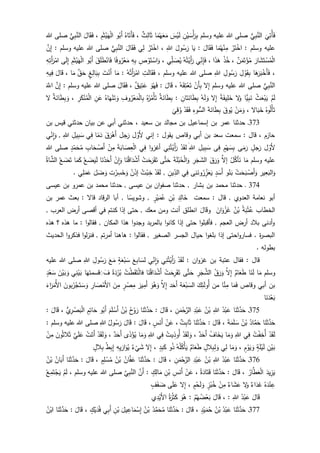 َ
‫ي‬ِ‫ُت‬‫أ‬َ‫ف‬‫ي‬ِ‫ب‬َّ‫الن‬‫وسلم‬ ‫عليه‬ ‫للا‬ ‫صلى‬ِ‫ن‬ْ‫ي‬ َ‫س‬ْ‫أ‬َ‫ر‬ِ‫ب‬َ‫س‬ْ‫ي‬َ‫ل‬‫ا‬َ‫م‬ُ‫ه‬َ‫ع‬َ‫م‬‫ث‬ِ‫ال‬َ‫ث‬،ُ‫اه‬َ‫َت‬‫أ‬َ‫ف‬‫و‬ُ‫َب‬‫أ‬ِ‫م‬َ‫ث‬ْ‫ي‬َ‫ه‬ْ‫ل‬‫ا‬،َ‫ال‬َ‫ق‬َ‫ف‬‫ي‬ِ‫ب‬َّ‫الن‬‫للا‬ ‫صلى‬
‫وسلم‬ ‫عليه‬:ْ‫ر‬َ‫ت‬ْ‫اخ‬‫ا‬َ‫م‬ُ‫ه‬ْ‫ن‬ِ‫م‬َ‫ال‬َ‫ق‬َ‫ف‬:‫ا‬َ‫ي‬َ‫ول‬ُ‫س‬َ‫ر‬ِ‫للا‬،ْ‫ر‬َ‫ت‬ْ‫اخ‬‫ي‬ِ‫ل‬َ‫ال‬َ‫ق‬َ‫ف‬‫ي‬ِ‫ب‬َّ‫الن‬‫وسلم‬ ‫عليه‬ ‫للا‬ ‫صلى‬:َّ‫ن‬ِ‫إ‬
َ‫ار‬َ‫ش‬َ‫ت‬ ْ‫س‬ُ‫م‬ْ‫ل‬‫ا‬‫ن‬َ‫م‬َ‫ت‬ْ‫ؤ‬ُ‫م‬،ْ‫ذ‬ُ‫خ‬‫ا‬َ‫ذ‬َ‫ه‬،‫ي‬ِ‫ن‬ِ‫إ‬َ‫ف‬ُ‫ه‬ُ‫ت‬ْ‫َي‬‫أ‬َ‫ر‬‫ي‬ِ‫ل‬ َ‫ص‬ُ‫ي‬،ِ‫ص‬ ْ‫و‬َ‫ت‬ ْ‫اس‬َ‫و‬ِ‫ه‬ِ‫ب‬‫ا‬‫وف‬ُ‫ر‬ْ‫ع‬َ‫م‬َ‫ق‬َ‫ل‬َ‫ط‬ْ‫ان‬َ‫ف‬‫و‬ُ‫َب‬‫أ‬ِ‫م‬َ‫ث‬ْ‫ي‬َ‫ه‬ْ‫ل‬‫ا‬‫ى‬َ‫ل‬ِ‫إ‬ِ‫ه‬ِ‫َت‬‫أ‬َ‫ر‬ْ‫ام‬
،‫ا‬َ‫ه‬َ‫ر‬َ‫ب‬ْ‫َخ‬‫أ‬َ‫ف‬ِ‫ل‬ ْ‫و‬َ‫ق‬ِ‫ب‬ِ‫ول‬ُ‫س‬َ‫ر‬ِ‫للا‬‫وسلم‬ ‫عليه‬ ‫للا‬ ‫صلى‬،ِ‫ت‬َ‫ل‬‫ا‬َ‫ق‬َ‫ف‬ُ‫َت‬‫أ‬َ‫ر‬ْ‫ام‬ُ‫ه‬:‫ا‬َ‫م‬َ‫ت‬ْ‫َن‬‫أ‬ٍ‫غ‬ِ‫ال‬َ‫ب‬ِ‫ب‬َّ‫ق‬َ‫ح‬‫ا‬َ‫م‬،َ‫ال‬َ‫ق‬ِ‫يه‬ِ‫ف‬
‫ي‬ِ‫ب‬َّ‫الن‬‫وسلم‬ ‫عليه‬ ‫للا‬ ‫صلى‬‫ل‬ِ‫إ‬ْ‫َن‬‫أ‬ِ‫ب‬ُ‫ه‬َ‫ق‬ِ‫ت‬ْ‫ع‬َ‫ت‬،َ‫ال‬َ‫ق‬:َ‫و‬ُ‫ه‬َ‫ف‬‫يق‬ِ‫ت‬َ‫ع‬،َ‫ال‬َ‫ق‬َ‫ف‬‫وسلم‬ ‫عليه‬ ‫للا‬ ‫صلى‬:َّ‫ن‬ِ‫إ‬ََّ‫اّلل‬
ْ‫م‬َ‫ل‬ْ‫ث‬َ‫ع‬ْ‫ب‬َ‫ي‬‫ًّا‬‫ي‬ِ‫ب‬َ‫ن‬‫ل‬َ‫و‬‫ة‬َ‫يف‬ِ‫ل‬َ‫خ‬‫ل‬ِ‫إ‬ُ‫ه‬َ‫ل‬ َ‫و‬ِ‫ان‬َ‫ت‬َ‫ان‬َ‫ط‬ِ‫ب‬:‫ة‬َ‫ان‬َ‫ط‬ِ‫ب‬ُ‫ر‬ُ‫م‬ْ‫أ‬َ‫ت‬ُ‫ه‬ِ‫وف‬ُ‫ر‬ْ‫ع‬َ‫م‬ْ‫ل‬‫ا‬ِ‫ب‬ُ‫اه‬َ‫ه‬ْ‫ن‬َ‫ت‬ َ‫و‬ِ‫ن‬َ‫ع‬ِ‫ر‬َ‫ك‬ْ‫ن‬ُ‫م‬ْ‫ل‬‫ا‬،‫ة‬َ‫ان‬َ‫ط‬ِ‫ب‬ َ‫و‬‫ل‬
ُ‫وه‬ُ‫ل‬ْ‫أ‬َ‫ت‬‫ال‬َ‫ب‬َ‫خ‬،ْ‫ن‬َ‫م‬َ‫و‬َ‫وق‬ُ‫ي‬َ‫ة‬َ‫ان‬َ‫ط‬ِ‫ب‬ِ‫وء‬‫الس‬ْ‫د‬َ‫ق‬َ‫ف‬
َ
‫ي‬ِ‫ق‬ُ‫و‬
373‫قيس‬ ‫حدثني‬ ‫بيان‬ ‫عن‬ ‫أبي‬ ‫حدثني‬ ، ‫سعيد‬ ‫بن‬ ‫مجالد‬ ‫بن‬ ‫إسماعيل‬ ‫بن‬ ‫عمر‬ ‫حدثنا‬ ‫ـ‬‫بن‬
‫يقول‬ ‫وقاص‬ ‫أبي‬ ‫بن‬ ‫سعد‬ ‫سمعت‬ : ‫قال‬ ، ‫حازم‬:َ‫أل‬ ‫إني‬ْ‫و‬َ‫ر‬ ‫ل‬‫جل‬َ‫أ‬ْ‫ه‬َ‫ر‬َ‫ق‬َ‫د‬‫م‬ِ‫ف‬ ‫ا‬َ‫س‬ ‫ي‬ِ‫ب‬ِ‫يل‬ِ‫للا‬,َ‫و‬ِ‫ا‬ْ‫ن‬‫ي‬
َ‫أل‬ْ‫و‬َ‫ر‬ ‫ل‬ٍ‫جل‬َ‫م‬َ‫ر‬ِ‫يل‬ِ‫ب‬ َ‫س‬ ‫ى‬ِ‫ف‬ ٍ‫م‬ْ‫ه‬َ‫س‬ِ‫ب‬ ‫ى‬ِ‫للا‬َِ‫ن‬ُ‫ت‬ْ‫َي‬‫أ‬َ‫ر‬ ْ‫د‬َ‫لق‬ِ‫ف‬ ‫ا‬‫و‬‫أغز‬ ‫ي‬ْ‫ل‬‫ا‬ ‫ي‬ِ‫ع‬َ‫ص‬َ‫اب‬َ‫ة‬ِ‫م‬ْ‫ن‬َ‫أ‬ْ‫ص‬َ‫ح‬ِ‫اب‬ُ‫م‬َ‫ح‬ْ‫م‬ٍ‫د‬‫للا‬ ‫صلى‬
‫وسلم‬ ‫عليه‬َ‫م‬َ‫ن‬ ‫ا‬ُ‫أك‬ْ‫ل‬َّ‫إل‬َ‫ق‬َ‫ر‬َ‫و‬َ‫الش‬َ‫ج‬ِ‫ر‬َ‫و‬َ‫ة‬َ‫ل‬ْ‫ب‬ُ‫ح‬ْ‫ل‬‫ا‬‫ى‬َّ‫ت‬َ‫ح‬َ‫ت‬ُ‫اق‬َ‫د‬ْ‫َش‬‫أ‬ ْ‫ت‬َ‫ح‬َ‫ر‬َ‫ق‬‫ا‬َ‫ن‬َ‫و‬ُ‫ع‬ َ‫ض‬َ‫ي‬َ‫ل‬ ‫ا‬َ‫ن‬ُ‫د‬َ‫َح‬‫أ‬ ْ‫ِن‬‫ا‬‫ا‬َ‫م‬َ‫ك‬ُ‫اة‬َّ‫الش‬ ُ‫ع‬ َ‫ض‬َ‫ت‬
َ‫و‬َ‫الب‬ِ‫ع‬َ‫و‬ ‫ير‬‫و‬ُ‫ن‬َ‫ب‬ ْ‫ت‬َ‫ح‬َ‫ب‬ ْ‫َص‬‫أ‬ٍ‫د‬َ‫َس‬‫أ‬َ‫ي‬ُ‫ر‬ِ‫ز‬َ‫ع‬َ‫ون‬‫ى‬ِ‫ن‬‫ي‬ِ‫ف‬ِ‫ين‬ِ‫الد‬,ْ‫د‬َ‫ق‬َ‫ل‬ِ‫خ‬ْ‫ب‬ُ‫ت‬َ‫ذ‬‫إ‬ْ‫ن‬َ‫و‬َ‫خ‬ِ‫س‬ْ‫ر‬َ‫و‬ ‫ت‬َ‫ل‬ َ‫ض‬ِ‫ل‬َ‫م‬َ‫ع‬. ‫ي‬
374‫عيسى‬ ‫بن‬ ‫عمرو‬ ‫بن‬ ‫محمد‬ ‫حدثنا‬ , ‫عيسى‬ ‫بن‬ ‫ان‬‫و‬‫صف‬ ‫حدثنا‬ , ‫بشار‬ ‫بن‬ ‫محمد‬ ‫حدثنا‬ ‫ـ‬
‫الع‬ ‫نعامة‬ ‫أبو‬‫سمعت‬ : ‫قال‬ , ‫دوي‬ٍ‫ر‬ْ‫ي‬َ‫م‬ُ‫ع‬ ِ‫ن‬ْ‫ب‬ ِ‫د‬ِ‫ال‬َ‫خ‬‫بن‬ ‫عمر‬ ‫بعث‬ : ‫قال‬ ‫الرقاد‬ ‫أبا‬ , ‫ا‬‫وشويس‬ ,
‫الخطاب‬َ‫ان‬َ‫و‬ْ‫ز‬َ‫غ‬ ُ‫ن‬ْ‫ب‬ ُ‫ة‬َ‫ب‬ْ‫ت‬ُ‫ع‬‫و‬َ‫ال‬َ‫ق‬, ‫العرب‬ ‫أرض‬ ‫أقصى‬ ‫في‬ ‫كنتم‬ ‫إذا‬ ‫حتى‬ , ‫معك‬ ‫ومن‬ ‫أنت‬ ‫انطلق‬
‫ما‬ : ‫ا‬‫و‬‫فقال‬ , ‫المكان‬ ‫هذا‬ ‫ا‬‫و‬‫وجد‬ ‫بالمربد‬ ‫ا‬‫و‬‫كان‬ ‫إذا‬ ‫حتى‬ ‫ا‬‫و‬‫فأقبل‬ , ‫العجم‬ ‫أرض‬ ‫بالد‬ ‫أدنى‬‫و‬‫هذه‬ ‫؟‬ ‫هذه‬
‫الصغير‬ ‫الجسر‬ ‫حيال‬ ‫ا‬‫و‬‫بلغ‬ ‫إذا‬ ‫احتى‬‫و‬‫فسار‬ . ‫ة‬‫ر‬‫البص‬‫الحديث‬ ‫ا‬‫و‬‫فذكر‬ ‫ا‬‫و‬‫ل‬‫ز‬‫فن‬ , ‫أمرتم‬ ‫هاهنا‬ : ‫ا‬‫و‬‫فقال‬ ,
. ‫بطوله‬
: ‫ان‬‫و‬‫غز‬ ‫بن‬ ‫عتبة‬ ‫فقال‬ : ‫قال‬ِ‫ن‬ُ‫ت‬ْ‫َي‬‫أ‬َ‫ر‬ ْ‫د‬َ‫ق‬َ‫ل‬‫ي‬ِ‫ِن‬‫ا‬َ‫و‬‫ل‬ ‫ي‬ِ‫ول‬ُ‫س‬َ‫ر‬ َ‫ع‬َ‫م‬ ٍ‫ة‬َ‫ع‬ْ‫ب‬ َ‫س‬ َ‫ع‬ِ‫ب‬‫ا‬َ‫س‬ِ‫للا‬‫عليه‬ ‫للا‬ ‫صلى‬
‫وسلم‬‫ا‬ ُ‫ق‬َ‫ر‬َ‫و‬ َّ‫ل‬ِ‫إ‬ ‫ام‬َ‫ع‬َ‫ط‬ ‫ا‬َ‫ن‬َ‫ل‬ ‫ا‬َ‫م‬‫ى‬َّ‫ت‬َ‫ح‬ ِ‫ر‬َ‫ج‬ َّ‫لش‬َ‫ت‬‫ا‬َ‫ن‬ُ‫اق‬َ‫د‬ْ‫َش‬‫أ‬ ْ‫ت‬َ‫ح‬ِ‫ر‬َ‫ق‬‫فا‬َّ َ‫ف‬ ‫ة‬َ‫د‬ْ‫ر‬ُ‫ب‬ ُ‫ت‬ْ‫ط‬َ‫ق‬َ‫ت‬ْ‫ل‬‫قسمت‬ِ‫ن‬ْ‫ي‬َ‫ب‬ ‫ا‬َ‫ه‬‫ي‬ٍ‫د‬ْ‫ع‬َ‫س‬ َ‫ن‬ْ‫ي‬َ‫ب‬ َ‫و‬
‫وقاص‬ ‫أبي‬ ‫بن‬‫ا‬َّ‫ن‬ِ‫م‬ ‫ا‬َ‫م‬َ‫ف‬َ‫أ‬ ‫ة‬َ‫ع‬ْ‫ب‬ َ‫الس‬ َ‫ك‬ِ‫ئ‬َ‫ل‬‫ُو‬‫أ‬ ‫من‬َ‫ح‬ِ‫إ‬ ‫د‬َّ‫ل‬َ‫و‬ُ‫ه‬َ‫و‬ِ‫ار‬ َ‫ص‬ْ‫َم‬‫أل‬‫ا‬ َ‫ن‬ِ‫م‬ ٍ‫ر‬ ْ‫ص‬ِ‫م‬ َ‫ير‬ِ‫َم‬‫أ‬َ‫و‬َ‫ت‬ َ‫س‬ُ‫ج‬ُ‫ر‬‫ب‬َ‫اء‬َ‫ر‬َ‫ُم‬‫أل‬‫ا‬ َ‫ون‬
‫ا‬َ‫ن‬َ‫د‬ْ‫ع‬َ‫ب‬
375‫ـ‬‫ا‬َ‫ن‬َ‫ث‬َّ‫د‬َ‫ح‬ُ‫د‬ْ‫ب‬َ‫ع‬ِ‫للا‬ُ‫ن‬ْ‫ب‬ِ‫د‬ْ‫ب‬َ‫ع‬ِ‫ن‬َ‫م‬ْ‫ح‬َّ‫الر‬،َ‫ال‬َ‫ق‬:‫ا‬َ‫ن‬َ‫ث‬َّ‫د‬َ‫ح‬ُ‫ح‬ْ‫و‬َ‫ر‬ُ‫ن‬ْ‫ب‬َ‫م‬َ‫ل‬ ْ‫َس‬‫أ‬‫و‬ُ‫َب‬‫أ‬ٍ‫م‬ِ‫ات‬َ‫ح‬‫ي‬ِ‫ر‬ ْ‫ص‬َ‫ب‬ْ‫ل‬‫ا‬،َ‫ال‬َ‫ق‬:
‫ا‬َ‫ن‬َ‫ث‬َّ‫د‬َ‫ح‬ُ‫اد‬َّ‫م‬َ‫ح‬ُ‫ن‬ْ‫ب‬َ‫ة‬َ‫م‬َ‫ل‬ َ‫س‬،َ‫ال‬َ‫ق‬:‫ا‬َ‫ن‬َ‫ث‬َّ‫د‬َ‫ح‬‫ت‬ِ‫ب‬‫ا‬َ‫ث‬،ْ‫ن‬َ‫ع‬ٍ‫س‬َ‫َن‬‫أ‬،َ‫ال‬َ‫ق‬:َ‫ال‬َ‫ق‬ُ‫ول‬ُ‫س‬َ‫ر‬ِ‫للا‬‫وسلم‬ ‫عليه‬ ‫للا‬ ‫صلى‬:
ْ‫د‬َ‫ق‬َ‫ل‬ُ‫ت‬ْ‫ف‬ِ‫ُخ‬‫أ‬ِ‫ف‬‫ي‬ِ‫للا‬‫ا‬َ‫م‬َ‫و‬ُ‫اف‬َ‫خ‬َ‫ي‬‫د‬َ‫َح‬‫أ‬،ْ‫د‬َ‫ق‬َ‫ل‬ َ‫و‬ُ‫يت‬ِ‫ُوذ‬‫أ‬‫ي‬ِ‫ف‬ِ‫للا‬‫ا‬َ‫م‬َ‫و‬‫ى‬َ‫ذ‬ْ‫ؤ‬ُ‫ي‬‫د‬َ‫َح‬‫أ‬،ْ‫د‬َ‫ق‬َ‫ل‬ َ‫و‬ْ‫ت‬َ‫َت‬‫أ‬َّ‫ي‬َ‫ل‬َ‫ع‬َ‫ون‬ُ‫الث‬َ‫ث‬ْ‫ن‬ِ‫م‬
ِ‫ن‬ْ‫ي‬َ‫ب‬ٍ‫ة‬َ‫ل‬ْ‫ي‬َ‫ل‬ٍ‫م‬ْ‫و‬َ‫ي‬ َ‫و‬،‫ا‬َ‫م‬َ‫و‬‫ي‬ِ‫ل‬ٍ‫الل‬ِ‫ب‬ِ‫ل‬ َ‫و‬‫ام‬َ‫ع‬َ‫ط‬ُ‫ه‬ُ‫ل‬ُ‫ك‬ْ‫أ‬َ‫ي‬‫و‬ُ‫ذ‬ٍ‫د‬ِ‫ب‬َ‫ك‬،‫ل‬ِ‫إ‬‫ء‬
ْ
‫ي‬َ‫ش‬ِ‫ه‬ِ‫ي‬َ‫ار‬َ‫و‬ُ‫ي‬ُ‫ط‬ِ‫ب‬ِ‫إ‬ٍ‫الل‬ِ‫ب‬
376‫ـ‬‫ا‬َ‫ن‬َ‫ث‬َّ‫د‬َ‫ح‬ُ‫د‬ْ‫ب‬َ‫ع‬ِ‫للا‬ُ‫ن‬ْ‫ب‬ِ‫د‬ْ‫ب‬َ‫ع‬ِ‫ن‬َ‫م‬ْ‫ح‬َّ‫الر‬،َ‫ال‬َ‫ق‬:‫ا‬َ‫ن‬َ‫ث‬َّ‫د‬َ‫ح‬ُ‫ان‬َّ‫ف‬َ‫ع‬ُ‫ن‬ْ‫ب‬ٍ‫م‬ِ‫ل‬ ْ‫س‬ُ‫م‬،َ‫ال‬َ‫ق‬:‫ا‬َ‫ن‬َ‫ث‬َّ‫د‬َ‫ح‬ُ‫ان‬َ‫َب‬‫أ‬ُ‫ن‬ْ‫ب‬
َ‫يد‬ِ‫ز‬َ‫ي‬ُ‫ار‬َّ‫ط‬َ‫ع‬ْ‫ل‬‫ا‬،َ‫ال‬َ‫ق‬:‫ا‬َ‫ن‬َ‫ث‬َّ‫د‬َ‫ح‬ُ‫ة‬َ‫اد‬َ‫ت‬َ‫ق‬،ْ‫ن‬َ‫ع‬ِ‫س‬َ‫َن‬‫أ‬ِ‫ن‬ْ‫ب‬ٍ‫ك‬ِ‫ال‬َ‫م‬:َّ‫َن‬‫أ‬َّ‫ي‬ِ‫ب‬َّ‫الن‬‫وسلم‬ ‫عليه‬ ‫للا‬ ‫صلى‬،ْ‫م‬َ‫ل‬ْ‫ع‬ِ‫م‬َ‫ت‬ْ‫ج‬َ‫ي‬
َ‫د‬ْ‫ن‬ ِ‫ع‬ُ‫ه‬‫اء‬َ‫د‬َ‫غ‬‫ل‬َ‫و‬‫اء‬َ‫ش‬َ‫ع‬ْ‫ن‬ِ‫م‬ٍ‫ز‬ْ‫ب‬ُ‫خ‬ٍ‫م‬ْ‫ح‬َ‫ل‬ َ‫و‬،‫ل‬ِ‫إ‬‫ى‬َ‫ل‬َ‫ع‬ٍ‫ف‬َ‫ف‬ َ‫ض‬
َ‫ق‬َ‫ال‬ُ‫د‬ْ‫ب‬َ‫ع‬ِ‫للا‬:،َ‫ال‬َ‫ق‬ْ‫م‬ُ‫ه‬ُ‫ض‬ْ‫ع‬َ‫ب‬:َ‫و‬ُ‫ه‬ُ‫ة‬َ‫ر‬ْ‫ث‬َ‫ك‬‫ي‬ِ‫د‬ْ‫َي‬‫أل‬‫ا‬
377‫ـ‬‫ا‬َ‫ن‬َ‫ث‬َّ‫د‬َ‫ح‬ُ‫د‬ْ‫ب‬َ‫ع‬ُ‫ن‬ْ‫ب‬ٍ‫د‬ْ‫ي‬َ‫م‬ُ‫ح‬،َ‫ال‬َ‫ق‬:‫ا‬َ‫ن‬َ‫ث‬َّ‫د‬َ‫ح‬ُ‫د‬َّ‫م‬َ‫ح‬ُ‫م‬ُ‫ن‬ْ‫ب‬َ‫يل‬ ِ‫اع‬َ‫م‬ْ‫س‬ِ‫إ‬ِ‫ن‬ْ‫ب‬‫ي‬ِ‫ب‬َ‫أ‬ٍ‫ك‬ْ‫ي‬َ‫د‬ُ‫ف‬،َ‫ال‬َ‫ق‬:َ‫ث‬َّ‫د‬َ‫ح‬‫ا‬َ‫ن‬ُ‫ن‬ْ‫اب‬
 