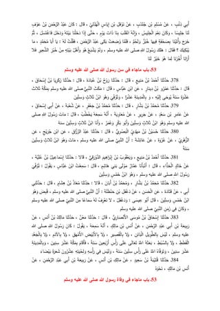 ‫ي‬ِ‫ب‬َ‫أ‬ٍ‫ب‬ْ‫ئ‬ِ‫ذ‬،ْ‫ن‬َ‫ع‬ِ‫م‬ِ‫ل‬ ْ‫س‬ُ‫م‬ِ‫ن‬ْ‫ب‬ٍ‫ب‬ُ‫د‬ْ‫ن‬ُ‫ج‬،ْ‫ن‬َ‫ع‬ِ‫ل‬َ‫ف‬ ْ‫و‬َ‫ن‬ِ‫ن‬ْ‫ب‬ٍ‫اس‬َ‫ي‬ِ‫إ‬ِ‫ي‬ِ‫ل‬َ‫ذ‬ُ‫ه‬ْ‫ل‬‫ا‬،‫ال‬َ‫ق‬:َ‫ان‬َ‫ك‬ُ‫د‬ْ‫ب‬َ‫ع‬ِ‫ن‬َ‫م‬ْ‫ح‬َّ‫الر‬ُ‫ن‬ْ‫ب‬ٍ‫ف‬ ْ‫و‬َ‫ع‬
‫ا‬َ‫ن‬َ‫ل‬‫ا‬‫يس‬ِ‫ل‬َ‫ج‬،َ‫ان‬َ‫ك‬َ‫و‬َ‫م‬ْ‫ع‬ِ‫ن‬ُ‫يس‬ِ‫ل‬َ‫ج‬ْ‫ل‬‫ا‬،ُ‫ه‬َّ‫ِن‬‫ا‬َ‫و‬َ‫ب‬َ‫ل‬َ‫ق‬ْ‫ان‬‫ا‬َ‫ن‬ِ‫ب‬َ‫ات‬َ‫ذ‬ٍ‫م‬ْ‫و‬َ‫ي‬،‫ى‬َّ‫ت‬َ‫ح‬‫ا‬َ‫ذ‬ِ‫إ‬‫ا‬َ‫ن‬ْ‫ل‬َ‫خ‬َ‫د‬َ‫ت‬ْ‫ي‬َ‫ب‬ُ‫ه‬َ‫ل‬َ‫خ‬َ‫د‬َ‫و‬َ‫ل‬ َ‫س‬َ‫ت‬ْ‫اغ‬َ‫ف‬،َّ‫م‬ُ‫ث‬
َ‫ج‬َ‫ر‬َ‫خ‬‫ا‬َ‫ن‬ْ‫ي‬َ‫ُت‬‫أ‬َ‫و‬ٍ‫ة‬َ‫ف‬ْ‫ح‬ َ‫ص‬ِ‫ب‬‫ا‬َ‫يه‬ِ‫ف‬‫ز‬ْ‫ب‬ُ‫خ‬‫م‬ْ‫ح‬َ‫ل‬ َ‫و‬،‫ا‬َّ‫م‬َ‫ل‬َ‫ف‬ْ‫ت‬َ‫ع‬ ِ‫ض‬ُ‫و‬‫ى‬َ‫ك‬َ‫ب‬ُ‫د‬ْ‫ب‬َ‫ع‬ِ‫ن‬َ‫م‬ْ‫ح‬َّ‫الر‬،ُ‫ت‬ْ‫ل‬ُ‫ق‬َ‫ف‬ُ‫ه‬َ‫ل‬:‫ا‬َ‫ي‬‫ا‬َ‫َب‬‫أ‬ٍ‫د‬َّ‫م‬َ‫ح‬ُ‫م‬،‫ا‬َ‫م‬
َ‫يك‬ِ‫ك‬ْ‫ب‬ُ‫ي‬‫؟‬َ‫ال‬َ‫ق‬َ‫ف‬:َ‫لك‬َ‫ه‬ُ‫ول‬ُ‫س‬َ‫ر‬ِ‫للا‬‫وسلم‬ ‫عليه‬ ‫للا‬ ‫صلى‬،ْ‫م‬َ‫ل‬ َ‫و‬ْ‫ع‬َ‫ب‬ ْ‫ش‬َ‫ي‬َ‫و‬ُ‫ه‬ُ‫ل‬ْ‫َه‬‫أ‬َ‫و‬ِ‫ه‬ِ‫ت‬ْ‫ي‬َ‫ب‬ْ‫ن‬ِ‫م‬ِ‫ز‬ْ‫ب‬ُ‫خ‬ِ‫ير‬ِ‫ع‬َّ‫الش‬‫ال‬َ‫ف‬
‫ا‬َ‫ان‬َ‫َر‬‫أ‬‫ا‬َ‫ن‬ْ‫ر‬ِ‫ُخ‬‫أ‬‫ا‬َ‫م‬ِ‫ل‬َ‫و‬ُ‫ه‬‫ر‬ْ‫ي‬َ‫خ‬‫ا‬َ‫ن‬َ‫ل‬
53‫هللا‬ ‫رسول‬ ‫سن‬ ‫في‬ ‫ماجاء‬ ‫باب‬ ‫ـ‬‫وسلم‬ ‫عليه‬ ‫هللا‬ ‫صلى‬
378‫ـ‬‫ا‬َ‫ن‬َ‫ث‬َّ‫د‬َ‫ح‬ُ‫د‬َ‫م‬ْ‫َح‬‫أ‬ُ‫ن‬ْ‫ب‬ٍ‫يع‬ِ‫ن‬َ‫م‬،َ‫ال‬َ‫ق‬:‫ا‬َ‫ن‬َ‫ث‬َّ‫د‬َ‫ح‬ُ‫ح‬ْ‫و‬َ‫ر‬ُ‫ن‬ْ‫ب‬َ‫ة‬َ‫اد‬َ‫ب‬ُ‫ع‬،َ‫ال‬َ‫ق‬:‫ا‬َ‫ن‬َ‫ث‬َّ‫د‬َ‫ح‬‫ا‬َ‫ي‬ِ‫ر‬َ‫ك‬َ‫ز‬ْ‫ب‬ُ‫ن‬َ‫اق‬َ‫ح‬ ْ‫س‬ِ‫إ‬،
َ‫ال‬َ‫ق‬:‫ا‬َ‫ن‬َ‫ث‬َّ‫د‬َ‫ح‬‫و‬ُ‫ر‬ْ‫م‬َ‫ع‬ُ‫ن‬ْ‫ب‬ٍ‫ار‬َ‫ين‬ِ‫د‬،ِ‫ن‬َ‫ع‬ِ‫ن‬ْ‫اب‬ٍ‫َّاس‬‫ب‬َ‫ع‬،َ‫ال‬َ‫ق‬:َ‫ث‬َ‫ك‬َ‫م‬‫ي‬ِ‫ب‬َّ‫الن‬‫وسلم‬ ‫عليه‬ ‫للا‬ ‫صلى‬َ‫ة‬َّ‫ك‬َ‫م‬ِ‫ب‬َ‫الث‬َ‫ث‬
َ‫ة‬َ‫ر‬ْ‫ش‬َ‫ع‬‫ة‬َ‫ن‬ َ‫س‬‫ى‬َ‫وح‬ُ‫ي‬ِ‫ه‬ْ‫ي‬َ‫ل‬ِ‫إ‬،َ‫و‬ِ‫ة‬َ‫ين‬ِ‫د‬َ‫م‬ْ‫ل‬‫ا‬ِ‫ب‬‫ا‬‫ر‬ْ‫ش‬َ‫ع‬،
َ
‫ي‬ِ‫ف‬ُ‫و‬ُ‫ت‬ َ‫و‬َ‫و‬ُ‫ه‬َ‫و‬ُ‫ن‬ْ‫اب‬ٍ‫الث‬َ‫ث‬َ‫ين‬ِ‫ت‬ ِ‫س‬ َ‫و‬
379‫ـ‬َّ‫د‬َ‫ح‬‫ا‬َ‫ن‬َ‫ث‬ُ‫د‬َّ‫م‬َ‫ح‬ُ‫م‬ُ‫ن‬ْ‫ب‬ٍ‫ار‬َّ‫ش‬َ‫ب‬،َ‫ال‬َ‫ق‬:‫ا‬َ‫ن‬َ‫ث‬َّ‫د‬َ‫ح‬ُ‫د‬َّ‫م‬َ‫ح‬ُ‫م‬ُ‫ن‬ْ‫ب‬ٍ‫ر‬َ‫ف‬ْ‫ع‬َ‫ج‬،ْ‫ن‬َ‫ع‬َ‫ة‬َ‫ب‬ْ‫ع‬ُ‫ش‬،ْ‫ن‬َ‫ع‬‫ي‬ِ‫ب‬َ‫أ‬َ‫اق‬َ‫ح‬ ْ‫س‬ِ‫إ‬،
ْ‫ن‬َ‫ع‬ِ‫ر‬ِ‫ام‬َ‫ع‬ِ‫ن‬ْ‫ب‬ٍ‫د‬ْ‫ع‬َ‫س‬،ْ‫ن‬َ‫ع‬ٍ‫ير‬ِ‫ر‬َ‫ج‬،ْ‫ن‬َ‫ع‬َ‫ة‬َ‫ي‬ ِ‫او‬َ‫ع‬ُ‫م‬،ُ‫ه‬َّ‫َن‬‫أ‬ُ‫ه‬َ‫ع‬ِ‫م‬َ‫س‬ُ‫ب‬ُ‫ط‬ْ‫خ‬َ‫ي‬،َ‫ال‬َ‫ق‬:َ‫ات‬َ‫م‬ُ‫ول‬ُ‫س‬َ‫ر‬ِ‫للا‬‫صلى‬
‫وسلم‬ ‫عليه‬ ‫للا‬َ‫و‬َ‫و‬ُ‫ه‬ُ‫ن‬ْ‫اب‬ٍ‫الث‬َ‫ث‬َ‫ين‬ِ‫ت‬ ِ‫س‬ َ‫و‬‫و‬ُ‫َب‬‫أ‬َ‫و‬ٍ‫ر‬ْ‫ك‬َ‫ب‬ُ‫ر‬َ‫م‬ُ‫ع‬َ‫و‬،‫ا‬َ‫َن‬‫أ‬َ‫و‬ُ‫ن‬ْ‫اب‬ٍ‫الث‬َ‫ث‬َ‫ين‬ِ‫ت‬ ِ‫س‬ َ‫و‬‫سنة‬
381‫ـ‬‫ا‬َ‫ن‬َ‫ث‬َّ‫د‬َ‫ح‬ُ‫ن‬ْ‫ي‬ َ‫س‬ُ‫ح‬ُ‫ن‬ْ‫ب‬ٍ‫ي‬ِ‫د‬ْ‫ه‬َ‫م‬‫ي‬ِ‫ر‬ ْ‫ص‬َ‫ب‬ْ‫ل‬‫ا‬،َ‫ال‬َ‫ق‬:‫ا‬َ‫ن‬َ‫ث‬َّ‫د‬َ‫ح‬ُ‫د‬ْ‫ب‬َ‫ع‬ِ‫اق‬َّ‫ز‬َّ‫الر‬،ِ‫ن‬َ‫ع‬ِ‫ن‬ْ‫اب‬ٍ‫ج‬ْ‫ي‬َ‫ر‬ُ‫ج‬،ِ‫ن‬َ‫ع‬
ِ‫ي‬ِ‫ر‬ْ‫ه‬‫الز‬،ْ‫ن‬َ‫ع‬َ‫ة‬َ‫و‬ْ‫ر‬ُ‫ع‬،ْ‫ن‬َ‫ع‬َ‫ش‬ِ‫ائ‬َ‫ع‬َ‫ة‬:َّ‫َن‬‫أ‬َّ‫ي‬ِ‫ب‬َّ‫الن‬‫وسلم‬ ‫عليه‬ ‫للا‬ ‫صلى‬،َ‫ات‬َ‫م‬َ‫و‬ُ‫ه‬َ‫و‬ُ‫ن‬ْ‫اب‬ٍ‫الث‬َ‫ث‬َ‫ين‬ِ‫ت‬ ِ‫س‬ َ‫و‬
‫ة‬َ‫ن‬ َ‫س‬
381‫ـ‬‫ا‬َ‫ن‬َ‫ث‬َّ‫د‬َ‫ح‬ُ‫د‬َ‫م‬ْ‫َح‬‫أ‬ُ‫ن‬ْ‫ب‬ٍ‫يع‬ِ‫ن‬َ‫م‬،ُ‫وب‬ُ‫ق‬ْ‫ع‬َ‫ي‬ َ‫و‬ُ‫ن‬ْ‫ب‬َ‫يم‬ِ‫اه‬َ‫ر‬ْ‫ب‬ِ‫إ‬‫ي‬ِ‫ق‬َ‫ر‬ْ‫و‬َّ‫الد‬،‫ال‬َ‫ق‬:‫ا‬َ‫ن‬َ‫ث‬َّ‫د‬َ‫ح‬ُ‫يل‬ ِ‫اع‬َ‫م‬ْ‫س‬ِ‫إ‬ُ‫ن‬ْ‫ب‬َ‫ة‬َّ‫ي‬َ‫ل‬ُ‫ع‬،
ْ‫ن‬َ‫ع‬ٍ‫د‬ِ‫ال‬َ‫خ‬ِ‫اء‬َّ‫ذ‬َ‫ح‬ْ‫ل‬‫ا‬،َ‫ال‬َ‫ق‬:‫ا‬َ‫َن‬‫أ‬َ‫ب‬ْ‫َن‬‫أ‬‫ار‬َّ‫م‬َ‫ع‬‫ى‬َ‫ل‬ ْ‫و‬َ‫م‬‫ي‬ِ‫ن‬َ‫ب‬ٍ‫م‬ِ‫اش‬َ‫ه‬،َ‫ال‬َ‫ق‬:ُ‫ت‬ْ‫ع‬ِ‫م‬َ‫س‬َ‫ن‬ْ‫اب‬ٍ‫َّاس‬‫ب‬َ‫ع‬،ُ‫ول‬ُ‫ق‬َ‫ي‬:
َ
‫ي‬ِ‫ف‬ُ‫و‬ُ‫ت‬
ُ‫ول‬ُ‫س‬َ‫ر‬َّ‫اّلل‬ِ‫وسلم‬ ‫عليه‬ ‫للا‬ ‫صلى‬،َ‫و‬ُ‫ه‬َ‫و‬ُ‫ن‬ْ‫اب‬ٍ‫س‬ْ‫م‬َ‫خ‬َ‫ين‬ِ‫ت‬ ِ‫س‬ َ‫و‬
382‫ـ‬‫ا‬َ‫ن‬َ‫ث‬َّ‫د‬َ‫ح‬ُ‫د‬َّ‫م‬َ‫ح‬ُ‫م‬ُ‫ن‬ْ‫ب‬ٍ‫ار‬َّ‫ش‬َ‫ب‬،ُ‫د‬َّ‫م‬َ‫ح‬ُ‫م‬َ‫و‬ُ‫ن‬ْ‫ب‬َ‫ان‬َ‫َب‬‫أ‬،‫ال‬َ‫ق‬:َ‫ن‬َ‫ث‬َّ‫د‬َ‫ح‬‫ا‬ُ‫ذ‬‫ا‬َ‫ع‬ُ‫م‬ُ‫ن‬ْ‫ب‬ٍ‫ام‬َ‫ش‬ِ‫ه‬،َ‫ال‬َ‫ق‬:‫ي‬ِ‫ن‬َ‫ث‬َّ‫د‬َ‫ح‬
‫ي‬ِ‫ب‬َ‫أ‬،ْ‫ن‬َ‫ع‬َ‫ة‬َ‫اد‬َ‫ت‬َ‫ق‬،ِ‫ن‬َ‫ع‬ِ‫ن‬ َ‫س‬َ‫ح‬ْ‫ل‬‫ا‬،ْ‫ن‬َ‫ع‬ِ‫ل‬َ‫ف‬ْ‫غ‬َ‫د‬ِ‫ن‬ْ‫ب‬َ‫ة‬َ‫ل‬َ‫ظ‬ْ‫ن‬َ‫ح‬:َّ‫َن‬‫أ‬َّ‫ي‬ِ‫ب‬َّ‫الن‬‫وسلم‬ ‫عليه‬ ‫للا‬ ‫صلى‬،َ‫ض‬ِ‫ب‬ُ‫ق‬َ‫و‬ُ‫ه‬َ‫و‬
ُ‫ن‬ْ‫اب‬ٍ‫س‬ْ‫م‬َ‫خ‬َ‫ين‬ِ‫ت‬ ِ‫س‬ َ‫و‬،َ‫ال‬َ‫ق‬‫و‬ُ‫َب‬‫أ‬‫ى‬َ‫يس‬ ِ‫ع‬:ُ‫ل‬َ‫ف‬ْ‫غ‬َ‫د‬َ‫و‬،‫ل‬ُ‫ف‬ِ‫ر‬ْ‫ع‬َ‫ن‬ُ‫ه‬َ‫ل‬‫ا‬‫اع‬َ‫م‬َ‫س‬َ‫ن‬ِ‫م‬ِ‫ي‬ِ‫ب‬َّ‫الن‬‫وسلم‬ ‫عليه‬ ‫للا‬ ‫صلى‬
،َ‫ان‬َ‫ك‬َ‫و‬‫ي‬ِ‫ف‬ِ‫ن‬َ‫م‬َ‫ز‬ِ‫ي‬ِ‫ب‬َّ‫الن‬‫وسلم‬ ‫عليه‬ ‫للا‬ ‫صلى‬
383‫ـ‬‫ا‬َ‫ن‬َ‫ث‬َّ‫د‬َ‫ح‬ُ‫اق‬َ‫ح‬ ْ‫س‬ِ‫إ‬ُ‫ن‬ْ‫ب‬‫ى‬َ‫وس‬ُ‫م‬‫ي‬ِ‫ار‬ َ‫ص‬ْ‫َن‬‫أل‬‫ا‬،َ‫ال‬َ‫ق‬:‫ا‬َ‫ن‬َ‫ث‬َّ‫د‬َ‫ح‬‫ن‬ْ‫ع‬َ‫م‬،‫ا‬َ‫ن‬َ‫ث‬َّ‫د‬َ‫ح‬ُ‫ك‬ِ‫ال‬َ‫م‬ُ‫ن‬ْ‫ب‬ٍ‫س‬َ‫َن‬‫أ‬،ْ‫ن‬َ‫ع‬
َ‫ة‬َ‫يع‬ِ‫ب‬َ‫ر‬ِ‫ن‬ْ‫ب‬‫ي‬ِ‫ب‬َ‫أ‬ِ‫د‬ْ‫ب‬َ‫ع‬ِ‫ن‬َ‫م‬ْ‫ح‬َّ‫الر‬،ْ‫ن‬َ‫ع‬َ‫أ‬ِ‫س‬َ‫ن‬ِ‫ن‬ْ‫ب‬ٍ‫ك‬ِ‫ال‬َ‫م‬،ُ‫ه‬َّ‫َن‬‫أ‬ُ‫ه‬َ‫ع‬ِ‫م‬َ‫س‬،ُ‫ول‬ُ‫ق‬َ‫ي‬:َ‫ان‬َ‫ك‬ُ‫ول‬ُ‫س‬َ‫ر‬ِ‫للا‬‫للا‬ ‫صلى‬
‫وسلم‬ ‫عليه‬،َ‫س‬ْ‫ي‬َ‫ل‬ِ‫يل‬ ِ‫و‬َّ‫الط‬ِ‫ب‬ِ‫ن‬ِ‫ائ‬َ‫ب‬ْ‫ل‬‫ا‬،‫ل‬َ‫و‬ِ‫ير‬ ِ‫ص‬َ‫ق‬ْ‫ل‬‫ا‬ِ‫ب‬،‫ل‬َ‫و‬ِ‫ض‬َ‫ي‬ْ‫َب‬‫أل‬‫ا‬ِ‫ب‬ِ‫ق‬َ‫ه‬ْ‫َم‬‫أل‬‫ا‬،‫ل‬َ‫و‬ِ‫م‬َ‫اآلد‬ِ‫ب‬،‫ل‬َ‫و‬ِ‫د‬ْ‫ع‬َ‫ج‬ْ‫ل‬‫ا‬ِ‫ب‬
ِ‫ط‬َ‫ط‬َ‫ق‬ْ‫ل‬‫ا‬،‫ل‬َ‫و‬ِ‫ط‬ْ‫ب‬ َّ‫الس‬ِ‫ب‬،ُ‫ه‬َ‫ث‬َ‫ع‬َ‫ب‬َُّ‫اّلل‬‫ى‬َ‫ل‬‫ا‬َ‫ع‬َ‫ت‬‫ى‬َ‫ل‬َ‫ع‬ِ‫س‬ْ‫أ‬َ‫ر‬َ‫ين‬ِ‫ع‬َ‫ب‬ْ‫َر‬‫أ‬‫ة‬َ‫ن‬ َ‫س‬،َ‫ام‬َ‫َق‬‫أ‬َ‫ف‬َ‫ة‬َّ‫ك‬َ‫م‬ِ‫ب‬َ‫ر‬ْ‫ش‬َ‫ع‬َ‫ين‬ِ‫ن‬ ِ‫س‬،ِ‫ة‬َ‫ين‬ِ‫د‬َ‫م‬ْ‫ل‬‫ا‬ِ‫ب‬ َ‫و‬
َ‫ر‬ْ‫ش‬َ‫ع‬َ‫ين‬ِ‫ن‬ ِ‫س‬،ُ‫اه‬َّ‫ف‬ َ‫و‬َ‫ت‬ َ‫و‬َُّ‫اّلل‬‫ى‬َ‫ل‬َ‫ع‬ِ‫س‬ْ‫أ‬َ‫ر‬َ‫ين‬ِ‫ت‬ ِ‫س‬‫ة‬َ‫ن‬ َ‫س‬،َ‫س‬ْ‫ي‬َ‫ل‬ َ‫و‬‫ي‬ِ‫ف‬ِ‫ه‬ ِ‫س‬ْ‫أ‬َ‫ر‬ِ‫ه‬ِ‫ت‬َ‫ي‬ْ‫ح‬ِ‫ل‬ َ‫و‬َ‫ون‬ُ‫ر‬ْ‫ش‬ ِ‫ع‬َ‫ر‬َ‫ع‬َ‫ش‬‫ة‬َ‫اء‬ َ‫ض‬ْ‫ي‬َ‫ب‬
384‫ـ‬‫ا‬َ‫ن‬َ‫ث‬َّ‫د‬َ‫ح‬َ‫ب‬ْ‫ي‬َ‫ت‬ُ‫ق‬ُ‫ة‬ُ‫ن‬ْ‫ب‬ٍ‫يد‬ِ‫ع‬َ‫س‬،ْ‫ن‬َ‫ع‬ِ‫ك‬ِ‫ال‬َ‫م‬ِ‫ن‬ْ‫ب‬ٍ‫س‬َ‫َن‬‫أ‬،ْ‫ن‬َ‫ع‬َ‫ة‬َ‫يع‬ِ‫ب‬َ‫ر‬ِ‫ن‬ْ‫ب‬‫ي‬ِ‫ب‬َ‫أ‬ِ‫د‬ْ‫ب‬َ‫ع‬ِ‫ن‬َ‫م‬ْ‫ح‬َّ‫الر‬،ْ‫ن‬َ‫ع‬
ِ‫س‬َ‫َن‬‫أ‬ِ‫ن‬ْ‫ب‬ٍ‫ك‬ِ‫ال‬َ‫م‬،ُ‫ه‬َ‫و‬ْ‫ح‬َ‫ن‬
53‫هللا‬ ‫رسول‬ ‫وفاة‬ ‫في‬ ‫ماجاء‬ ‫باب‬ ‫ـ‬‫وسلم‬ ‫عليه‬ ‫هللا‬ ‫صلى‬
 