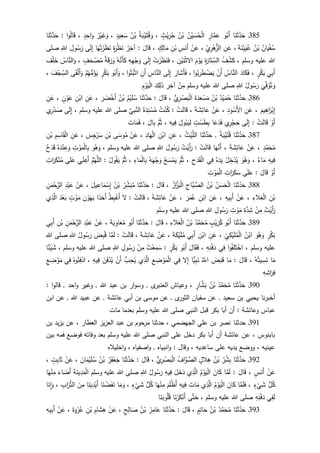 385‫ـ‬‫ا‬َ‫ن‬َ‫ث‬َّ‫د‬َ‫ح‬‫و‬ُ‫َب‬‫أ‬ٍ‫ار‬َّ‫م‬َ‫ع‬ُ‫ن‬ْ‫ي‬ َ‫س‬ُ‫ح‬ْ‫ل‬‫ا‬ُ‫ن‬ْ‫ب‬ٍ‫ث‬ْ‫ي‬َ‫ر‬ُ‫ح‬،ُ‫ة‬َ‫ب‬ْ‫ي‬َ‫ت‬ُ‫ق‬ َ‫و‬ُ‫ن‬ْ‫ب‬ٍ‫يد‬ِ‫ع‬َ‫س‬،ُ‫ر‬ْ‫ي‬َ‫غ‬َ‫و‬ٍ‫د‬ِ‫اح‬َ‫و‬،‫ا‬‫و‬ُ‫ل‬‫ا‬َ‫ق‬:‫ا‬َ‫ن‬َ‫ث‬َّ‫د‬َ‫ح‬
ُ‫ان‬َ‫ي‬ْ‫ف‬ُ‫س‬ُ‫ن‬ْ‫ب‬َ‫ة‬َ‫ن‬ْ‫ي‬َ‫ي‬ُ‫ع‬،ِ‫ن‬َ‫ع‬ِ‫ي‬ِ‫ر‬ْ‫ه‬‫الز‬،ْ‫ن‬َ‫ع‬ِ‫س‬َ‫َن‬‫أ‬ِ‫ن‬ْ‫ب‬ٍ‫ك‬ِ‫ال‬َ‫م‬،َ‫ال‬َ‫ق‬:ُ‫ر‬ِ‫آخ‬ٍ‫ة‬َ‫ر‬ْ‫ظ‬َ‫ن‬‫ا‬َ‫ه‬ُ‫ت‬ْ‫ر‬َ‫ظ‬َ‫ن‬‫ى‬َ‫ل‬ِ‫إ‬ِ‫ول‬ُ‫س‬َ‫ر‬ِ‫للا‬‫صلى‬
‫وسلم‬ ‫عليه‬ ‫للا‬،ُ‫ف‬ ْ‫ش‬َ‫ك‬ِ‫ة‬َ‫ار‬َ‫ت‬ ِ‫الس‬َ‫م‬ْ‫و‬َ‫ي‬ِ‫ن‬ْ‫ي‬َ‫ن‬ْ‫ث‬‫ال‬،ُ‫ت‬ْ‫ر‬َ‫ظ‬َ‫ن‬َ‫ف‬ِ‫إ‬‫ى‬َ‫ل‬ِ‫ه‬ِ‫ه‬ْ‫ج‬َ‫و‬ُ‫ه‬َّ‫َن‬‫أ‬َ‫ك‬ُ‫ة‬َ‫ق‬َ‫ر‬َ‫و‬ٍ‫ف‬َ‫ح‬ ْ‫ص‬ُ‫م‬،ُ‫اس‬َّ‫الن‬َ‫و‬َ‫ف‬ْ‫ل‬َ‫خ‬
‫ي‬ِ‫ب‬َ‫أ‬ٍ‫ر‬ْ‫ك‬َ‫ب‬،َ‫اد‬َ‫ك‬َ‫ف‬ُ‫اس‬َّ‫الن‬ْ‫َن‬‫أ‬‫ا‬‫و‬ُ‫رب‬َ‫ط‬ ْ‫ض‬َ‫ي‬،َ‫ار‬َ‫َش‬‫أ‬َ‫ف‬‫ى‬َ‫ل‬ِ‫إ‬ِ‫اس‬َّ‫الن‬ِ‫َن‬‫أ‬‫ا‬‫و‬ُ‫ت‬ُ‫ب‬ْ‫ث‬‫ا‬،‫و‬ُ‫َب‬‫أ‬َ‫و‬ٍ‫ر‬ْ‫ك‬َ‫ب‬ْ‫م‬ُ‫ه‬‫م‬ُ‫ؤ‬َ‫ي‬‫ى‬َ‫ق‬ْ‫ل‬َ‫أ‬َ‫و‬َ‫ف‬ْ‫ج‬ ِ‫الس‬،
َ
‫ي‬ِ‫ف‬ُ‫و‬ُ‫ت‬ َ‫و‬ُ‫ول‬ُ‫س‬َ‫ر‬ِ‫للا‬‫وسلم‬ ‫عليه‬ ‫للا‬ ‫صلى‬ْ‫ن‬ِ‫م‬ِ‫آخ‬ِ‫ر‬َ‫ك‬ِ‫ل‬َ‫ذ‬ِ‫م‬ْ‫و‬َ‫ي‬ْ‫ل‬‫ا‬
386‫ـ‬‫ا‬َ‫ن‬َ‫ث‬َّ‫د‬َ‫ح‬ُ‫د‬ْ‫ي‬َ‫م‬ُ‫ح‬ُ‫ن‬ْ‫ب‬َ‫ة‬َ‫د‬َ‫ع‬ْ‫س‬َ‫م‬‫ي‬ِ‫ر‬ ْ‫ص‬َ‫ب‬ْ‫ل‬‫ا‬،َ‫ال‬َ‫ق‬:‫ا‬َ‫ن‬َ‫ث‬َّ‫د‬َ‫ح‬ُ‫م‬ْ‫ي‬َ‫ل‬ُ‫س‬ُ‫ن‬ْ‫ب‬َ‫ر‬ َ‫ض‬ْ‫َخ‬‫أ‬،ِ‫ن‬َ‫ع‬ِ‫ن‬ْ‫اب‬ٍ‫ن‬ ْ‫و‬َ‫ع‬،ِ‫ن‬َ‫ع‬
َ‫يم‬ِ‫اه‬َ‫ر‬ْ‫ب‬ِ‫إ‬،ِ‫ن‬َ‫ع‬ِ‫د‬َ‫و‬ْ‫َس‬‫أل‬‫ا‬،ْ‫ن‬َ‫ع‬َ‫ة‬ َ‫ش‬ِ‫ائ‬َ‫ع‬،ْ‫ت‬َ‫ل‬‫ا‬َ‫ق‬:ُ‫ت‬ْ‫ن‬ُ‫ك‬‫ة‬َ‫د‬ِ‫ن‬ ْ‫س‬ُ‫م‬َّ‫ي‬ِ‫ب‬َّ‫الن‬‫وسلم‬ ‫عليه‬ ‫للا‬ ‫صلى‬،‫ى‬َ‫ل‬ِ‫إ‬‫ي‬ِ‫ر‬ْ‫د‬ َ‫ص‬
ْ‫َو‬‫أ‬ْ‫ت‬َ‫ل‬‫ا‬َ‫ق‬:‫ى‬َ‫ل‬ِ‫إ‬‫ي‬ِ‫ر‬ْ‫ج‬ِ‫ح‬‫ا‬َ‫ع‬َ‫د‬َ‫ف‬ٍ‫ت‬ ْ‫س‬َ‫ط‬ِ‫ب‬َ‫ول‬ُ‫ب‬َ‫ي‬ِ‫ل‬ِ‫يه‬ِ‫ف‬،َّ‫م‬ُ‫ث‬َ‫ال‬ِ‫ب‬،َ‫ات‬َ‫م‬َ‫ف‬
387‫ـ‬‫ا‬َ‫ن‬َ‫ث‬َّ‫د‬َ‫ح‬ُ‫ة‬َ‫ب‬ْ‫ي‬َ‫ت‬ُ‫ق‬,‫ا‬َ‫ن‬َ‫ث‬َّ‫د‬َ‫ح‬ُ‫ث‬ْ‫ي‬َّ‫الل‬،ِ‫ن‬َ‫ع‬ِ‫ن‬ْ‫اب‬ِ‫اد‬َ‫ه‬ْ‫ل‬‫ا‬،ْ‫ن‬َ‫ع‬‫ى‬َ‫وس‬ُ‫م‬ِ‫ن‬ْ‫ب‬َ‫س‬ِ‫ج‬ْ‫ر‬َ‫س‬،ِ‫ن‬َ‫ع‬ِ‫م‬ِ‫اس‬َ‫ق‬ْ‫ل‬‫ا‬ِ‫ن‬ْ‫ب‬
ٍ‫د‬َّ‫م‬َ‫ح‬ُ‫م‬،ْ‫ن‬َ‫ع‬َ‫ة‬ َ‫ش‬ِ‫ائ‬َ‫ع‬،َّ‫َن‬‫أ‬‫ا‬َ‫ه‬ْ‫ت‬َ‫ل‬‫ا‬َ‫ق‬:ُ‫ت‬ْ‫َي‬‫أ‬َ‫ر‬َ‫ول‬ُ‫س‬َ‫ر‬ِ‫للا‬‫وسلم‬ ‫عليه‬ ‫للا‬ ‫صلى‬،َ‫و‬ُ‫ه‬َ‫و‬ِ‫ت‬ ْ‫و‬َ‫م‬ْ‫ل‬‫ا‬ِ‫ب‬ُ‫ه‬َ‫د‬ْ‫ن‬ ِ‫ع‬َ‫و‬‫ح‬َ‫د‬َ‫ق‬
ِ‫يه‬ِ‫ف‬‫اء‬َ‫م‬،َ‫و‬ُ‫ه‬َ‫و‬ُ‫ل‬ِ‫خ‬ْ‫د‬ُ‫ي‬ُ‫ه‬َ‫د‬َ‫ي‬‫ي‬ِ‫ف‬ِ‫ح‬َ‫د‬َ‫ق‬ْ‫ل‬‫ا‬،َّ‫م‬ُ‫ث‬ُ‫ح‬ َ‫س‬ْ‫م‬َ‫ي‬ُ‫ه‬َ‫ه‬ْ‫ج‬َ‫و‬ِ‫اء‬َ‫م‬ْ‫ل‬‫ا‬ِ‫ب‬،َّ‫م‬ُ‫ث‬ُ‫ول‬ُ‫ق‬َ‫ي‬:َّ‫م‬ُ‫ه‬َّ‫الل‬‫ي‬ِ‫ن‬ ِ‫َع‬‫أ‬‫ى‬َ‫ل‬َ‫ع‬ِ‫ات‬َ‫ر‬َ‫ك‬ْ‫ن‬ُ‫م‬
ْ‫َو‬‫أ‬َ‫ال‬َ‫ق‬:َ‫ع‬‫ى‬َ‫ل‬ِ‫ات‬َ‫ر‬َ‫ك‬َ‫س‬ِ‫ت‬ ْ‫و‬َ‫م‬ْ‫ل‬‫ا‬
388‫ـ‬‫ا‬َ‫ن‬َ‫ث‬َّ‫د‬َ‫ح‬ُ‫ن‬ َ‫س‬َ‫ح‬ْ‫ل‬‫ا‬ُ‫ن‬ْ‫ب‬ِ‫َّاح‬‫ب‬ َّ‫الص‬ُ‫از‬َّ‫ز‬َ‫ب‬ْ‫ل‬‫ا‬،َ‫ال‬َ‫ق‬:‫ا‬َ‫ن‬َ‫ث‬َّ‫د‬َ‫ح‬ُ‫ر‬ِ‫ش‬َ‫ب‬ُ‫م‬ُ‫ن‬ْ‫ب‬َ‫يل‬ ِ‫اع‬َ‫م‬ْ‫س‬ِ‫إ‬،ْ‫ن‬َ‫ع‬ِ‫د‬ْ‫ب‬َ‫ع‬ِ‫ن‬َ‫م‬ْ‫ح‬َّ‫الر‬
ِ‫ن‬ْ‫ب‬ِ‫الء‬َ‫ع‬ْ‫ل‬‫ا‬،ْ‫ن‬َ‫ع‬ِ‫يه‬ِ‫ب‬َ‫أ‬،ِ‫ن‬َ‫ع‬ِ‫ن‬ْ‫اب‬َ‫ر‬َ‫م‬ُ‫ع‬،ْ‫ن‬َ‫ع‬َ‫ة‬ َ‫ش‬ِ‫ائ‬َ‫ع‬،ْ‫ت‬َ‫ل‬‫ا‬َ‫ق‬:‫ل‬ُ‫ط‬ِ‫ب‬ْ‫َغ‬‫أ‬‫ا‬‫د‬َ‫َح‬‫أ‬َ‫ب‬ِ‫ن‬ ْ‫و‬َ‫ه‬ٍ‫ت‬ ْ‫و‬َ‫م‬َ‫د‬ْ‫ع‬َ‫ب‬‫ي‬ِ‫ذ‬َّ‫ال‬
ُ‫ت‬ْ‫َي‬‫أ‬َ‫ر‬ْ‫ن‬ِ‫م‬ِ‫ة‬َّ‫د‬ِ‫ش‬ِ‫ت‬ ْ‫و‬َ‫م‬ِ‫ول‬ُ‫س‬َ‫ر‬ِ‫للا‬‫وسلم‬ ‫عليه‬ ‫للا‬ ‫صلى‬
389‫ـ‬‫ا‬َ‫ن‬َ‫ث‬َّ‫د‬َ‫ح‬‫و‬ُ‫َب‬‫أ‬ٍ‫ب‬ْ‫ي‬َ‫ر‬ُ‫ك‬ُ‫د‬َّ‫م‬َ‫ح‬ُ‫م‬ُ‫ن‬ْ‫ب‬ِ‫الء‬َ‫ع‬ْ‫ل‬‫ا‬،َ‫ال‬َ‫ق‬:‫ا‬َ‫ن‬َ‫ث‬َّ‫د‬َ‫ح‬‫و‬ُ‫َب‬‫أ‬َ‫ة‬َ‫ي‬ ِ‫او‬َ‫ع‬ُ‫م‬،ْ‫ن‬َ‫ع‬ِ‫د‬ْ‫ب‬َ‫ع‬ِ‫ن‬َ‫م‬ْ‫ح‬َّ‫الر‬ِ‫ن‬ْ‫ب‬‫ي‬ِ‫ب‬َ‫أ‬
ٍ‫ر‬ْ‫ك‬َ‫ب‬َ‫و‬ُ‫ه‬َ‫و‬ُ‫ن‬ْ‫اب‬ِ‫ي‬ِ‫ك‬ْ‫ي‬َ‫ل‬ُ‫م‬ْ‫ل‬‫ا‬،ِ‫ن‬َ‫ع‬ِ‫ن‬ْ‫اب‬‫ي‬ِ‫ب‬َ‫أ‬َ‫ة‬َ‫ك‬ْ‫ي‬َ‫ل‬ُ‫م‬،ْ‫ن‬َ‫ع‬َ‫ة‬ َ‫ش‬ِ‫ائ‬َ‫ع‬،ْ‫ت‬َ‫ل‬‫ا‬َ‫ق‬:‫ا‬َّ‫م‬َ‫ل‬َ‫ض‬ِ‫ب‬ُ‫ق‬ُ‫ول‬ُ‫س‬َ‫ر‬ِ‫للا‬‫للا‬ ‫صلى‬
‫وسلم‬ ‫عليه‬،‫ا‬‫و‬ُ‫ف‬َ‫ل‬َ‫ت‬ْ‫اخ‬‫ي‬ِ‫ف‬ِ‫ه‬ِ‫ن‬ْ‫ف‬َ‫د‬،َ‫ال‬َ‫ق‬َ‫ف‬‫و‬ُ‫َب‬‫أ‬ٍ‫ر‬ْ‫ك‬َ‫ب‬:ُ‫ت‬ْ‫ع‬ِ‫م‬َ‫س‬ْ‫ن‬ِ‫م‬ِ‫ول‬ُ‫س‬َ‫ر‬ِ‫للا‬‫وسلم‬ ‫عليه‬ ‫للا‬ ‫صلى‬،‫ا‬‫ئ‬ْ‫ي‬ َ‫ش‬
‫ا‬َ‫م‬ُ‫ه‬ُ‫يت‬ ِ‫س‬َ‫ن‬،َ‫ال‬َ‫ق‬:‫ا‬َ‫م‬َ‫ض‬َ‫ب‬َ‫ق‬َُّ‫اّلل‬‫ًّا‬‫ي‬ِ‫ب‬َ‫ن‬‫ل‬ِ‫إ‬‫ي‬ِ‫ف‬ِ‫ع‬ ِ‫ض‬ ْ‫و‬َ‫م‬ْ‫ل‬‫ا‬‫ي‬ِ‫ذ‬َّ‫ال‬‫ب‬ِ‫ح‬ُ‫ي‬ْ‫َن‬‫أ‬َ‫ن‬َ‫ف‬ْ‫د‬ُ‫ي‬ِ‫يه‬ِ‫ف‬،ُ‫وه‬ُ‫ن‬ِ‫ف‬ْ‫اد‬‫ي‬ِ‫ف‬ِ‫ع‬ ِ‫ض‬ ْ‫و‬َ‫م‬
ِ‫ه‬ ِ‫اش‬َ‫ر‬ِ‫ف‬
391‫ـ‬‫ا‬َ‫ن‬َ‫ث‬َّ‫د‬َ‫ح‬ُ‫د‬َّ‫م‬َ‫ح‬ُ‫م‬ُ‫ن‬ْ‫ب‬ٍ‫ار‬َّ‫ش‬َ‫ب‬،‫وغير‬ , ‫للا‬ ‫عبد‬ ‫بن‬ ‫ار‬‫و‬‫وس‬ , ‫ى‬‫العنبر‬ ‫وعياش‬: ‫ا‬‫و‬‫قال‬ , ‫احد‬‫و‬
‫يحيي‬ ‫أخبرنا‬, ‫سعيد‬ ‫بن‬‫بن‬ ‫موسى‬ ‫عن‬ , ‫ى‬‫الثور‬ ‫سفيان‬ ‫عن‬‫عا‬ ‫أبي‬‫ابن‬ ‫عن‬ , ‫للا‬ ‫عبيد‬ ‫عن‬ , ‫ئشة‬
‫وعائ‬ ‫عباس‬: ‫شة‬‫النبي‬ ‫قبل‬ ‫بكر‬ ‫أبا‬ ‫أن‬‫وسلم‬ ‫عليه‬ ‫للا‬ ‫صلى‬‫مات‬ ‫بعدما‬
391‫حدثنا‬ ‫ـ‬‫حدثنا‬ ، ‫الجهضمي‬ ‫علي‬ ‫بن‬ ‫نصر‬‫بن‬ ‫يزيد‬ ‫عن‬ ، ‫العطار‬ ‫العزيز‬ ‫عبد‬ ‫بن‬ ‫حوم‬‫مر‬
‫دخل‬ ‫بكر‬ ‫أبا‬ ‫أن‬ ‫عائشة‬ ‫عن‬ ، ‫بابنوس‬‫النبي‬ ‫على‬‫وسلم‬ ‫عليه‬ ‫للا‬ ‫صلى‬‫فم‬ ‫فوضع‬ ‫وفاته‬ ‫بعد‬‫بين‬ ‫ه‬
‫اص‬‫و‬ , ‫انبياه‬‫و‬ : ‫وقال‬ ، ‫ساعديه‬ ‫على‬ ‫يديه‬ ‫ووضع‬ ، ‫عينيه‬‫اخلياله‬‫و‬ ، ‫فياه‬
392‫ـ‬‫ا‬َ‫ن‬َ‫ث‬َّ‫د‬َ‫ح‬ُ‫ر‬ْ‫ش‬ِ‫ب‬ُ‫ن‬ْ‫ب‬ٍ‫الل‬ِ‫ه‬ُ‫اف‬َّ‫و‬ َّ‫الص‬‫ي‬ِ‫ر‬ ْ‫ص‬َ‫ب‬ْ‫ل‬‫ا‬،َ‫ال‬َ‫ق‬:‫ا‬َ‫ن‬َ‫ث‬َّ‫د‬َ‫ح‬ُ‫ر‬َ‫ف‬ْ‫ع‬َ‫ج‬ُ‫ن‬ْ‫ب‬َ‫ان‬َ‫م‬ْ‫ي‬َ‫ل‬ُ‫س‬،ْ‫ن‬َ‫ع‬ٍ‫ت‬ِ‫ب‬‫ا‬َ‫ث‬،
ْ‫ن‬َ‫ع‬ٍ‫س‬َ‫َن‬‫أ‬،َ‫ال‬َ‫ق‬:‫ا‬َّ‫م‬َ‫ل‬َ‫ان‬َ‫ك‬ُ‫م‬ْ‫و‬َ‫ي‬ْ‫ل‬‫ا‬‫ي‬ِ‫ذ‬َّ‫ال‬َ‫ل‬َ‫خ‬َ‫د‬ِ‫يه‬ِ‫ف‬ُ‫ول‬ُ‫س‬َ‫ر‬ِ‫للا‬‫وسلم‬ ‫عليه‬ ‫للا‬ ‫صلى‬َ‫ة‬َ‫ين‬ِ‫د‬َ‫م‬ْ‫ل‬‫ا‬َ‫اء‬ َ‫َض‬‫أ‬‫ا‬َ‫ه‬ْ‫ن‬ِ‫م‬
‫ل‬ُ‫ك‬ٍ‫ء‬
ْ
‫ي‬َ‫ش‬،‫ا‬َّ‫م‬َ‫ل‬َ‫ف‬َ‫ان‬َ‫ك‬ُ‫م‬ْ‫و‬َ‫ي‬ْ‫ل‬‫ا‬‫ي‬ِ‫ذ‬َّ‫ال‬َ‫ات‬َ‫م‬ِ‫يه‬ِ‫ف‬َ‫م‬َ‫ل‬ْ‫ظ‬َ‫أ‬‫ا‬َ‫ه‬ْ‫ن‬ِ‫م‬‫ل‬ُ‫ك‬ٍ‫ء‬
ْ
‫ي‬َ‫ش‬،‫ا‬َ‫م‬َ‫و‬‫ا‬َ‫ن‬ ْ‫ض‬َ‫ف‬َ‫ن‬‫ا‬َ‫ن‬َ‫ي‬ِ‫د‬ْ‫َي‬‫أ‬َ‫ن‬ِ‫م‬ِ‫اب‬َ‫ر‬‫الت‬،‫ا‬َ‫ِن‬‫ا‬َ‫و‬
‫ي‬ِ‫ف‬َ‫ل‬ِ‫ه‬ِ‫ن‬ْ‫ف‬َ‫د‬‫وسلم‬ ‫عليه‬ ‫للا‬ ‫صلى‬،َّ‫ت‬َ‫ح‬‫ى‬‫ا‬َ‫ن‬ْ‫ر‬َ‫ك‬ْ‫َن‬‫أ‬‫ا‬َ‫ن‬َ‫وب‬ُ‫ل‬ُ‫ق‬
393‫ـ‬‫ا‬َ‫ن‬َ‫ث‬َّ‫د‬َ‫ح‬ُ‫د‬َّ‫م‬َ‫ح‬ُ‫م‬ُ‫ن‬ْ‫ب‬ٍ‫م‬ِ‫ات‬َ‫ح‬،َ‫ال‬َ‫ق‬:‫ا‬َ‫ن‬َ‫ث‬َّ‫د‬َ‫ح‬ُ‫ر‬ِ‫ام‬َ‫ع‬ُ‫ن‬ْ‫ب‬ٍ‫ح‬ِ‫ال‬ َ‫ص‬،ْ‫ن‬َ‫ع‬ِ‫ام‬َ‫ش‬ِ‫ه‬ِ‫ن‬ْ‫ب‬َ‫ة‬َ‫و‬ْ‫ر‬ُ‫ع‬،ْ‫ن‬َ‫ع‬ِ‫يه‬ِ‫ب‬َ‫أ‬
 