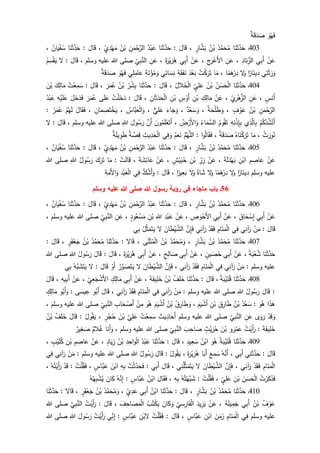 َ‫و‬ُ‫ه‬َ‫ف‬‫ة‬َ‫ق‬َ‫د‬ َ‫ص‬
413‫ـ‬‫ا‬َ‫ن‬َ‫ث‬َّ‫د‬َ‫ح‬ُ‫د‬َّ‫م‬َ‫ح‬ُ‫م‬ُ‫ن‬ْ‫ب‬ٍ‫ار‬َّ‫ش‬َ‫ب‬،َ‫ال‬َ‫ق‬:‫ا‬َ‫ن‬َ‫ث‬َّ‫د‬َ‫ح‬ُ‫د‬ْ‫ب‬َ‫ع‬ِ‫ن‬َ‫م‬ْ‫ح‬َّ‫الر‬ُ‫ن‬ْ‫ب‬ٍ‫ي‬ِ‫د‬ْ‫ه‬َ‫م‬،َ‫ال‬َ‫ق‬:‫ا‬َ‫ن‬َ‫ث‬َّ‫د‬َ‫ح‬ُ‫ان‬َ‫ي‬ْ‫ف‬ُ‫س‬،
ْ‫ن‬َ‫ع‬‫ي‬ِ‫ب‬َ‫أ‬ِ‫اد‬َ‫ن‬ِ‫الز‬،ِ‫ن‬َ‫ع‬ِ‫ج‬َ‫ر‬ْ‫َع‬‫أل‬‫ا‬،ْ‫ن‬َ‫ع‬‫ي‬ِ‫ب‬َ‫أ‬َ‫ة‬َ‫ر‬ْ‫ي‬َ‫ر‬ُ‫ه‬،ِ‫ن‬َ‫ع‬ِ‫ي‬ِ‫ب‬َّ‫الن‬‫وسلم‬ ‫عليه‬ ‫للا‬ ‫صلى‬،َ‫ال‬َ‫ق‬:‫ل‬ُ‫م‬ِ‫س‬ْ‫ق‬َ‫ي‬
‫ي‬ِ‫ت‬َ‫ث‬َ‫ر‬َ‫و‬‫ا‬‫ار‬َ‫ين‬ِ‫د‬‫ل‬َ‫و‬‫ا‬‫م‬َ‫ه‬ْ‫ر‬ِ‫د‬،‫ا‬َ‫م‬ُ‫ت‬ْ‫ك‬َ‫ر‬َ‫ت‬َ‫ب‬َ‫د‬ْ‫ع‬ِ‫ة‬َ‫ق‬َ‫ف‬َ‫ن‬‫ي‬ِ‫ائ‬َ‫س‬ِ‫ن‬ِ‫ة‬َ‫ن‬ْ‫ؤ‬ُ‫م‬َ‫و‬‫ي‬ِ‫ل‬ِ‫ام‬َ‫ع‬َ‫و‬ُ‫ه‬َ‫ف‬‫ة‬َ‫ق‬َ‫د‬ َ‫ص‬
414‫ـ‬‫ا‬َ‫ن‬َ‫ث‬َّ‫د‬َ‫ح‬ُ‫ن‬ َ‫س‬َ‫ح‬ْ‫ل‬‫ا‬ُ‫ن‬ْ‫ب‬ٍ‫ي‬ِ‫ل‬َ‫ع‬ُ‫الل‬َ‫خ‬ْ‫ل‬‫ا‬،َ‫ال‬َ‫ق‬:‫ا‬َ‫ن‬َ‫ث‬َّ‫د‬َ‫ح‬ُ‫ر‬ْ‫ش‬ِ‫ب‬ُ‫ن‬ْ‫ب‬َ‫ر‬َ‫م‬ُ‫ع‬،َ‫ال‬َ‫ق‬:ُ‫ت‬ْ‫ع‬ِ‫م‬َ‫س‬َ‫ك‬ِ‫ال‬َ‫م‬َ‫ن‬ْ‫ب‬
ٍ‫س‬َ‫َن‬‫أ‬،ِ‫ن‬َ‫ع‬ِ‫ي‬ِ‫ر‬ْ‫ه‬‫الز‬،ْ‫ن‬َ‫ع‬ِ‫ك‬ِ‫ال‬َ‫م‬ِ‫ن‬ْ‫ب‬ِ‫س‬ ْ‫َو‬‫أ‬ِ‫ن‬ْ‫ب‬ِ‫ان‬َ‫ث‬َ‫د‬َ‫ح‬ْ‫ل‬‫ا‬،َ‫ال‬َ‫ق‬:ُ‫ت‬ْ‫ل‬َ‫خ‬َ‫د‬‫ى‬َ‫ل‬َ‫ع‬َ‫ر‬َ‫م‬ُ‫ع‬َ‫ل‬َ‫خ‬َ‫د‬َ‫ف‬ِ‫ه‬ْ‫ي‬َ‫ل‬َ‫ع‬ُ‫د‬ْ‫ب‬َ‫ع‬
ِ‫ن‬َ‫م‬ْ‫ح‬َّ‫الر‬ُ‫ن‬ْ‫ب‬ٍ‫ف‬ ْ‫و‬َ‫ع‬،ُ‫ة‬َ‫ح‬ْ‫ل‬َ‫ط‬ َ‫و‬،‫د‬ْ‫ع‬َ‫س‬ َ‫و‬،َ‫اء‬َ‫ج‬َ‫و‬‫ي‬ِ‫ل‬َ‫ع‬،ُ‫َّاس‬‫ب‬َ‫ع‬ْ‫ل‬‫ا‬َ‫و‬،ِ‫ان‬َ‫م‬ ِ‫ص‬َ‫ت‬ْ‫خ‬َ‫ي‬،َ‫ال‬َ‫ق‬َ‫ف‬ْ‫م‬ُ‫ه‬َ‫ل‬ُ‫ر‬َ‫م‬ُ‫ع‬:
ْ‫م‬ُ‫ك‬ُ‫د‬ُ‫ش‬ْ‫َن‬‫أ‬‫ي‬ِ‫ذ‬َّ‫ال‬ِ‫ب‬ِ‫ه‬ِ‫ن‬ْ‫ذ‬ِ‫إ‬ِ‫ب‬ُ‫وم‬ُ‫ق‬َ‫ت‬ُ‫اء‬َ‫م‬َّ‫الس‬ُ‫ض‬ْ‫َر‬‫أل‬‫ا‬َ‫و‬،‫و‬ُ‫م‬َ‫ل‬ْ‫ع‬َ‫َت‬‫أ‬َ‫ن‬َّ‫َن‬‫أ‬َ‫ول‬ُ‫س‬َ‫ر‬ِ‫للا‬‫وسلم‬ ‫عليه‬ ‫للا‬ ‫صلى‬،َ‫ال‬َ‫ق‬:‫ل‬
ُ‫ث‬َ‫ور‬ُ‫ن‬،‫ا‬َ‫م‬ُ‫اه‬َ‫ن‬ْ‫ك‬َ‫ر‬َ‫ت‬‫ة‬َ‫ق‬َ‫د‬ َ‫ص‬،‫ا‬‫و‬ُ‫ل‬‫ا‬َ‫ق‬َ‫ف‬:َّ‫م‬ُ‫ه‬َّ‫الل‬ْ‫م‬َ‫ع‬َ‫ن‬‫ي‬ِ‫ف‬ َ‫و‬ِ‫يث‬ِ‫د‬َ‫ح‬ْ‫ل‬‫ا‬‫ة‬ َّ‫ص‬ِ‫ق‬‫ة‬َ‫ل‬‫ي‬ ِ‫و‬َ‫ط‬
415‫ـ‬‫ا‬َ‫ن‬َ‫ث‬َّ‫د‬َ‫ح‬ُ‫د‬َّ‫م‬َ‫ح‬ُ‫م‬ُ‫ن‬ْ‫ب‬ٍ‫ار‬َّ‫ش‬َ‫ب‬،َ‫ال‬َ‫ق‬:‫ا‬َ‫ن‬َ‫ث‬َّ‫د‬َ‫ح‬ُ‫د‬ْ‫ب‬َ‫ع‬ِ‫ن‬َ‫م‬ْ‫ح‬َّ‫الر‬ُ‫ن‬ْ‫ب‬ٍ‫ي‬ِ‫د‬ْ‫ه‬َ‫م‬،َ‫ق‬َ‫ال‬:‫ا‬َ‫ن‬َ‫ث‬َّ‫د‬َ‫ح‬ُ‫ان‬َ‫ي‬ْ‫ف‬ُ‫س‬،
ْ‫ن‬َ‫ع‬ِ‫م‬ ِ‫اص‬َ‫ع‬ِ‫ن‬ْ‫اب‬َ‫ة‬َ‫ل‬َ‫د‬ْ‫ه‬َ‫ب‬،ْ‫ن‬َ‫ع‬ِ‫ر‬ِ‫ز‬ِ‫ن‬ْ‫ب‬ٍ‫ش‬ْ‫ي‬َ‫ب‬ُ‫ح‬،ْ‫ن‬َ‫ع‬َ‫ة‬ َ‫ش‬ِ‫ائ‬َ‫ع‬،ْ‫ت‬َ‫ل‬‫ا‬َ‫ق‬:‫ا‬َ‫م‬َ‫ك‬َ‫ر‬َ‫ت‬ُ‫ول‬ُ‫س‬َ‫ر‬ِ‫للا‬‫للا‬ ‫صلى‬
‫وسلم‬ ‫عليه‬‫ا‬‫ار‬َ‫ين‬ِ‫د‬‫ل‬َ‫و‬‫ا‬‫م‬َ‫ه‬ْ‫ر‬ِ‫د‬‫ل‬َ‫و‬‫اة‬َ‫ش‬‫ل‬َ‫و‬‫ا‬‫ير‬ِ‫ع‬َ‫ب‬،َ‫ال‬َ‫ق‬:‫ك‬ُ‫َش‬‫أ‬َ‫و‬‫ي‬ِ‫ف‬ِ‫د‬ْ‫ب‬َ‫ع‬ْ‫ل‬‫ا‬ِ‫ة‬َ‫َم‬‫أل‬‫ا‬َ‫و‬
56‫هللا‬ ‫رسول‬ ‫رؤية‬ ‫في‬ ‫ماجاء‬ ‫باب‬ ‫ـ‬‫وسلم‬ ‫عليه‬ ‫هللا‬ ‫صلى‬
416‫ـ‬‫ا‬َ‫ن‬َ‫ث‬َّ‫د‬َ‫ح‬ُ‫د‬َّ‫م‬َ‫ح‬ُ‫م‬ُ‫ن‬ْ‫ب‬ٍ‫ار‬َّ‫ش‬َ‫ب‬،َ‫ال‬َ‫ق‬:‫ا‬َ‫ن‬َ‫ث‬َّ‫د‬َ‫ح‬ُ‫د‬ْ‫ب‬َ‫ع‬ِ‫ن‬َ‫م‬ْ‫ح‬َّ‫الر‬ُ‫ن‬ْ‫ب‬ٍ‫ي‬ِ‫د‬ْ‫ه‬َ‫م‬،َ‫ال‬َ‫ق‬:‫ا‬َ‫ن‬َ‫ث‬َّ‫د‬َ‫ح‬ُ‫ان‬َ‫ي‬ْ‫ف‬ُ‫س‬،
ْ‫ن‬َ‫ع‬‫ي‬ِ‫ب‬َ‫أ‬َ‫اق‬َ‫ح‬ ْ‫س‬ِ‫إ‬،ْ‫ن‬َ‫ع‬‫ي‬ِ‫ب‬َ‫أ‬ِ‫ص‬ َ‫و‬ْ‫َح‬‫أل‬‫ا‬،ْ‫ن‬َ‫ع‬ِ‫د‬ْ‫ب‬َ‫ع‬ِ‫للا‬ِ‫ن‬ْ‫ب‬ُ‫ع‬ْ‫س‬َ‫م‬ٍ‫ود‬،ِ‫ن‬َ‫ع‬ِ‫ي‬ِ‫ب‬َّ‫الن‬‫وسلم‬ ‫عليه‬ ‫للا‬ ‫صلى‬،
َ‫ال‬َ‫ق‬:ْ‫ن‬َ‫م‬‫ي‬ِ‫آن‬َ‫ر‬‫ي‬ِ‫ف‬ِ‫ام‬َ‫ن‬َ‫م‬ْ‫ل‬‫ا‬ْ‫د‬َ‫ق‬َ‫ف‬‫ي‬ِ‫آن‬َ‫ر‬َّ‫ن‬ِ‫إ‬َ‫ف‬َ‫ان‬َ‫ط‬ْ‫ي‬ َّ‫الش‬‫ل‬ُ‫ل‬َّ‫ث‬َ‫م‬َ‫ت‬َ‫ي‬‫ي‬ِ‫ب‬
417‫ـ‬‫ا‬َ‫ن‬َ‫ث‬َّ‫د‬َ‫ح‬ُ‫د‬َّ‫م‬َ‫ح‬ُ‫م‬ُ‫ن‬ْ‫ب‬ٍ‫ار‬َّ‫ش‬َ‫ب‬،ُ‫د‬َّ‫م‬َ‫ح‬ُ‫م‬َ‫و‬ُ‫ن‬ْ‫ب‬‫ى‬َّ‫ن‬َ‫ث‬ُ‫م‬ْ‫ل‬‫ا‬،‫ال‬َ‫ق‬:‫ا‬َ‫ن‬َ‫ث‬َّ‫د‬َ‫ح‬ُ‫د‬َّ‫م‬َ‫ح‬ُ‫م‬ُ‫ن‬ْ‫ب‬ٍ‫ر‬َ‫ف‬ْ‫ع‬َ‫ج‬،َ‫ال‬َ‫ق‬:
‫ا‬َ‫ن‬َ‫ث‬َّ‫د‬َ‫ح‬ُ‫ة‬َ‫ب‬ْ‫ع‬ُ‫ش‬،ْ‫ن‬َ‫ع‬‫ي‬ِ‫ب‬َ‫أ‬ٍ‫ين‬ َ‫ص‬ُ‫ح‬،ْ‫ن‬َ‫ع‬‫ي‬ِ‫ب‬َ‫أ‬ٍ‫ح‬ِ‫ال‬ َ‫ص‬،ْ‫ن‬َ‫ع‬‫ي‬ِ‫ب‬َ‫أ‬َ‫ة‬َ‫ر‬ْ‫ي‬َ‫ر‬ُ‫ه‬،َ‫ال‬َ‫ق‬:َ‫ال‬َ‫ق‬ُ‫ول‬ُ‫س‬َ‫ر‬ِ‫للا‬‫للا‬ ‫صلى‬
‫وسلم‬ ‫عليه‬:ْ‫ن‬َ‫م‬‫ي‬ِ‫آن‬َ‫ر‬‫ي‬ِ‫ف‬ِ‫ام‬َ‫ن‬َ‫م‬ْ‫ل‬‫ا‬ْ‫د‬َ‫ق‬َ‫ف‬‫ي‬ِ‫آن‬َ‫ر‬،َّ‫ن‬ِ‫إ‬َ‫ف‬َ‫ان‬َ‫ط‬ْ‫ي‬ َّ‫الش‬‫ل‬ُ‫ر‬َّ‫و‬ َ‫ص‬َ‫ت‬َ‫ي‬ْ‫َو‬‫أ‬َ‫ال‬َ‫ق‬:‫ل‬ُ‫َّه‬‫ب‬ َ‫ش‬َ‫ت‬َ‫ي‬‫ي‬ِ‫ب‬
418‫ـ‬َ‫ح‬‫ا‬َ‫ن‬َ‫ث‬َّ‫د‬ُ‫ة‬َ‫ب‬ْ‫ي‬َ‫ت‬ُ‫ق‬،َ‫ال‬َ‫ق‬:‫ا‬َ‫ن‬َ‫ث‬َّ‫د‬َ‫ح‬ُ‫ف‬َ‫ل‬َ‫خ‬ُ‫ن‬ْ‫ب‬َ‫ة‬َ‫يف‬ِ‫ل‬َ‫خ‬،ْ‫ن‬َ‫ع‬‫ي‬ِ‫ب‬َ‫أ‬ٍ‫ك‬ِ‫ال‬َ‫م‬ِ‫ي‬ِ‫ع‬َ‫ج‬ ْ‫َش‬‫أل‬‫ا‬،ْ‫ن‬َ‫ع‬ِ‫يه‬ِ‫ب‬َ‫أ‬،َ‫ال‬َ‫ق‬
:َ‫ال‬َ‫ق‬ُ‫ول‬ُ‫س‬َ‫ر‬ِ‫للا‬‫وسلم‬ ‫عليه‬ ‫للا‬ ‫صلى‬:ْ‫ن‬َ‫م‬‫ي‬ِ‫آن‬َ‫ر‬‫ي‬ِ‫ف‬ِ‫ام‬َ‫ن‬َ‫م‬ْ‫ل‬‫ا‬ْ‫د‬َ‫ق‬َ‫ف‬‫ي‬ِ‫آن‬َ‫ر‬،َ‫ال‬َ‫ق‬‫و‬ُ‫َب‬‫أ‬‫ى‬َ‫يس‬ ِ‫ع‬:‫و‬ُ‫َب‬‫أ‬َ‫و‬ٍ‫ك‬ِ‫ال‬َ‫م‬
‫ا‬َ‫ذ‬َ‫ه‬َ‫و‬ُ‫ه‬:ُ‫د‬ْ‫ع‬َ‫س‬ُ‫ن‬ْ‫ب‬ِ‫ق‬ِ‫ار‬َ‫ط‬ِ‫ن‬ْ‫ب‬َ‫م‬َ‫ي‬ ْ‫َش‬‫أ‬،ُ‫ق‬ِ‫ار‬َ‫ط‬ َ‫و‬ُ‫ن‬ْ‫ب‬َ‫م‬َ‫ي‬ ْ‫َش‬‫أ‬َ‫و‬ُ‫ه‬ْ‫ن‬ِ‫م‬ِ‫اب‬َ‫ح‬ ْ‫َص‬‫أ‬ِ‫ي‬ِ‫ب‬َّ‫الن‬‫وسلم‬ ‫عليه‬ ‫للا‬ ‫صلى‬،
ْ‫د‬َ‫ق‬ َ‫و‬‫ى‬َ‫و‬َ‫ر‬ِ‫ن‬َ‫ع‬ِ‫ي‬ِ‫ب‬َّ‫الن‬‫وسلم‬ ‫عليه‬ ‫للا‬ ‫صلى‬َ‫يث‬ِ‫اد‬َ‫َح‬‫أ‬ُ‫ت‬ْ‫ع‬ِ‫م‬َ‫س‬َّ‫ي‬ِ‫ل‬َ‫ع‬َ‫ن‬ْ‫ب‬ٍ‫ر‬ْ‫ج‬ُ‫ح‬،ُ‫ول‬ُ‫ق‬َ‫ي‬:َ‫ال‬َ‫ق‬ُ‫ف‬َ‫ل‬َ‫خ‬ُ‫ن‬ْ‫ب‬
َ‫ة‬َ‫يف‬ِ‫ل‬َ‫خ‬:ُ‫ت‬ْ‫َي‬‫أ‬َ‫ر‬ْ‫م‬َ‫ع‬‫و‬َ‫ر‬َ‫ن‬ْ‫ب‬ٍ‫ث‬ْ‫ي‬َ‫ر‬ُ‫ح‬َ‫ب‬ِ‫اح‬ َ‫ص‬ِ‫ي‬ِ‫ب‬َّ‫الن‬‫وسلم‬ ‫عليه‬ ‫للا‬ ‫صلى‬،‫ا‬َ‫َن‬‫أ‬َ‫و‬‫الم‬ُ‫غ‬‫ير‬ِ‫غ‬ َ‫ص‬
419‫ـ‬‫ا‬َ‫ن‬َ‫ث‬َّ‫د‬َ‫ح‬ُ‫ة‬َ‫ب‬ْ‫ي‬َ‫ت‬ُ‫ق‬َ‫و‬ُ‫ه‬ُ‫ن‬ْ‫اب‬ٍ‫يد‬ِ‫ع‬َ‫س‬،َ‫ال‬َ‫ق‬:‫ا‬َ‫ن‬َ‫ث‬َّ‫د‬َ‫ح‬ُ‫د‬ْ‫ب‬َ‫ع‬ِ‫د‬ِ‫اح‬َ‫و‬ْ‫ل‬‫ا‬ُ‫ن‬ْ‫ب‬ٍ‫اد‬َ‫ي‬ِ‫ز‬،ْ‫ن‬َ‫ع‬ِ‫م‬ ِ‫اص‬َ‫ع‬ِ‫ن‬ْ‫ب‬ٍ‫ب‬ْ‫ي‬َ‫ل‬ُ‫ك‬،
َ‫ال‬َ‫ق‬:‫ي‬ِ‫ن‬َ‫ث‬َّ‫د‬َ‫ح‬‫ي‬ِ‫ب‬َ‫أ‬،ُ‫ه‬َّ‫َن‬‫أ‬َ‫ع‬ِ‫م‬َ‫س‬َ‫أ‬‫ا‬َ‫ب‬َ‫ة‬َ‫ر‬ْ‫ي‬َ‫ر‬ُ‫ه‬،ُ‫ول‬ُ‫ق‬َ‫ي‬:َ‫ال‬َ‫ق‬ُ‫ول‬ُ‫س‬َ‫ر‬ِ‫للا‬‫وسلم‬ ‫عليه‬ ‫للا‬ ‫صلى‬:ْ‫ن‬َ‫م‬‫ي‬ِ‫آن‬َ‫ر‬‫ي‬ِ‫ف‬
ِ‫ام‬َ‫ن‬َ‫م‬ْ‫ل‬‫ا‬ْ‫د‬َ‫ق‬َ‫ف‬‫ي‬ِ‫آن‬َ‫ر‬،َّ‫ن‬ِ‫إ‬َ‫ف‬َ‫ان‬َ‫ط‬ْ‫ي‬ َّ‫الش‬‫ل‬‫ي‬ِ‫ن‬ُ‫ل‬َّ‫ث‬َ‫م‬َ‫ت‬َ‫ي‬،َ‫ال‬َ‫ق‬‫ي‬ِ‫ب‬َ‫أ‬:ُ‫ت‬ْ‫ث‬َّ‫د‬َ‫ح‬َ‫ف‬ِ‫ه‬ِ‫ب‬َ‫ن‬ْ‫اب‬ٍ‫َّاس‬‫ب‬َ‫ع‬،ُ‫ت‬ْ‫ل‬ُ‫ق‬َ‫ف‬:ْ‫د‬َ‫ق‬ُ‫ه‬ُ‫ت‬ْ‫َي‬‫أ‬َ‫ر‬،
ُ‫ت‬ْ‫ر‬َ‫ك‬َ‫ذ‬َ‫ف‬َ‫ن‬ َ‫س‬َ‫ح‬ْ‫ل‬‫ا‬َ‫ن‬ْ‫ب‬َ‫ع‬ٍ‫ي‬ِ‫ل‬،ُ‫ت‬ْ‫ل‬ُ‫ق‬َ‫ف‬:ُ‫ه‬ُ‫ت‬ْ‫َّه‬‫ب‬ َ‫ش‬ِ‫ه‬ِ‫ب‬،َ‫ال‬َ‫ق‬َ‫ف‬ُ‫ن‬ْ‫اب‬ٍ‫َّاس‬‫ب‬َ‫ع‬:ُ‫ه‬َّ‫ن‬ِ‫إ‬َ‫ان‬َ‫ك‬ُ‫ه‬ُ‫ه‬ِ‫ب‬ ْ‫ش‬ُ‫ي‬
411‫ـ‬‫ا‬َ‫ن‬َ‫ث‬َّ‫د‬َ‫ح‬ُ‫د‬َّ‫م‬َ‫ح‬ُ‫م‬ُ‫ن‬ْ‫ب‬ٍ‫ار‬َّ‫ش‬َ‫ب‬،َ‫ال‬َ‫ق‬:‫ا‬َ‫ن‬َ‫ث‬َّ‫د‬َ‫ح‬ُ‫ن‬ْ‫اب‬‫ي‬ِ‫ب‬َ‫أ‬ٍ‫ي‬ِ‫د‬َ‫ع‬،ُ‫د‬َّ‫م‬َ‫ح‬ُ‫م‬َ‫و‬ُ‫ن‬ْ‫ب‬ٍ‫ر‬َ‫ف‬ْ‫ع‬َ‫ج‬،‫ال‬َ‫ق‬:‫ا‬َ‫ن‬َ‫ث‬َّ‫د‬َ‫ح‬
ُ‫ف‬ ْ‫و‬َ‫ع‬ُ‫ن‬ْ‫ب‬‫ي‬ِ‫ب‬َ‫أ‬َ‫ة‬َ‫ل‬‫ي‬ِ‫م‬َ‫ج‬،ْ‫ن‬َ‫ع‬َ‫ي‬َ‫يد‬ِ‫ز‬ِ‫ي‬ِ‫س‬ِ‫ار‬َ‫ف‬ْ‫ل‬‫ا‬َ‫ان‬َ‫ك‬َ‫و‬ُ‫ب‬ُ‫ت‬ْ‫ك‬َ‫ي‬َ‫ف‬ِ‫اح‬ َ‫ص‬َ‫م‬ْ‫ل‬‫ا‬،َ‫ال‬َ‫ق‬:ُ‫ت‬ْ‫َي‬‫أ‬َ‫ر‬َّ‫ي‬ِ‫ب‬َّ‫الن‬‫للا‬ ‫صلى‬
‫وسلم‬ ‫عليه‬‫ي‬ِ‫ف‬ِ‫ام‬َ‫ن‬َ‫م‬ْ‫ل‬‫ا‬َ‫ن‬َ‫م‬َ‫ز‬ِ‫ن‬ْ‫اب‬ٍ‫َّاس‬‫ب‬َ‫ع‬،َ‫ال‬َ‫ق‬:ُ‫ت‬ْ‫ل‬ُ‫ق‬َ‫ف‬ِ‫ن‬ْ‫لب‬ٍ‫َّاس‬‫ب‬َ‫ع‬:‫ي‬ِ‫ن‬ِ‫إ‬ُ‫ت‬ْ‫َي‬‫أ‬َ‫ر‬َ‫ول‬ُ‫س‬َ‫ر‬ِ‫للا‬‫للا‬ ‫صلى‬
 