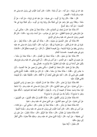 ِ‫د‬ْ‫ب‬َ‫ع‬ِ‫للا‬ِ‫ن‬ْ‫ب‬َ‫ة‬َ‫د‬ْ‫ي‬َ‫ر‬ُ‫ب‬،ْ‫ن‬َ‫ع‬ِ‫ه‬ِ‫َم‬‫أ‬،ْ‫ن‬َ‫ع‬ِ‫ُم‬‫أ‬َ‫ة‬َ‫م‬َ‫ل‬ َ‫س‬،ْ‫ت‬َ‫ل‬‫ا‬َ‫ق‬:َ‫ان‬َ‫ك‬َّ‫ب‬َ‫َح‬‫أ‬ِ‫الث‬ِ‫اب‬َ‫ي‬‫ى‬َ‫ل‬ِ‫إ‬ِ‫ول‬ُ‫س‬َ‫ر‬ِ‫للا‬‫للا‬ ‫صلى‬
‫وسلم‬ ‫عليه‬ُ‫ه‬ُ‫س‬َ‫ب‬ْ‫ل‬َ‫ي‬،ُ‫يص‬ِ‫م‬َ‫ق‬ْ‫ل‬‫ا‬
َ‫ال‬َ‫ق‬:‫ا‬َ‫ذ‬َ‫ك‬َ‫ه‬،َ‫ال‬َ‫ق‬ُ‫اد‬َ‫ي‬ِ‫ز‬ُ‫ن‬ْ‫ب‬َ‫وب‬‫َي‬‫أ‬،‫ي‬ِ‫ف‬ِ‫ه‬ِ‫يث‬ِ‫د‬َ‫ح‬:ْ‫ن‬َ‫ع‬ِ‫د‬ْ‫ب‬َ‫ع‬ِ‫للا‬ِ‫ن‬ْ‫ب‬َ‫ة‬َ‫د‬ْ‫ي‬َ‫ر‬ُ‫ب‬،ْ‫ن‬َ‫ع‬ِ‫ه‬ِ‫َم‬‫أ‬،ْ‫ن‬َ‫ع‬ِ‫ُم‬‫أ‬
َ‫ة‬َ‫م‬َ‫ل‬ َ‫س‬،‫ا‬َ‫ذ‬َ‫ك‬َ‫ه‬َ‫و‬‫ى‬َ‫و‬َ‫ر‬ُ‫ر‬ْ‫ي‬َ‫غ‬ٍ‫د‬ِ‫اح‬َ‫و‬ْ‫ن‬َ‫ع‬‫ي‬ِ‫ب‬َ‫أ‬ْ‫ي‬َ‫م‬ُ‫ت‬َ‫ة‬َ‫ل‬َ‫ل‬ْ‫ث‬ِ‫م‬ِ‫ة‬َ‫اي‬َ‫و‬ِ‫ر‬ِ‫اد‬َ‫ي‬ِ‫ز‬ِ‫ن‬ْ‫ب‬َ‫وب‬‫َي‬‫أ‬،‫و‬ُ‫َب‬‫أ‬َ‫و‬َ‫ة‬َ‫ل‬ْ‫ي‬َ‫م‬ُ‫ت‬ُ‫يد‬ِ‫ز‬َ‫ي‬‫ي‬ِ‫ف‬‫ا‬َ‫ذ‬َ‫ه‬
ِ‫يث‬ِ‫د‬َ‫ح‬ْ‫ل‬‫ا‬:ْ‫ن‬َ‫ع‬ِ‫ه‬ِ‫َم‬‫أ‬،َ‫و‬ُ‫ه‬َ‫و‬‫ح‬ َ‫َص‬‫أ‬
57‫ـ‬‫ا‬َ‫ن‬َ‫ث‬َّ‫د‬َ‫ح‬ُ‫د‬ْ‫ب‬َ‫ع‬ِ‫للا‬ُ‫ن‬ْ‫ب‬ِ‫د‬َّ‫م‬َ‫ح‬ُ‫م‬ِ‫ن‬ْ‫ب‬ِ‫َّاج‬‫ج‬َ‫ح‬ْ‫ل‬‫ا‬،َ‫ال‬َ‫ق‬:‫ا‬َ‫ن‬َ‫ث‬َّ‫د‬َ‫ح‬ُ‫ذ‬‫ا‬َ‫ع‬ُ‫م‬ُ‫ن‬ْ‫ب‬ٍ‫ام‬َ‫ش‬ِ‫ه‬،َ‫ال‬َ‫ق‬:‫ي‬ِ‫ن‬َ‫ث‬َّ‫د‬َ‫ح‬‫ي‬ِ‫ب‬َ‫أ‬،
ْ‫ن‬َ‫ع‬ٍ‫ل‬ْ‫ي‬َ‫د‬ُ‫ب‬‫ي‬ِ‫ن‬ْ‫ع‬َ‫ي‬َ‫ن‬ْ‫اب‬َ‫ة‬َ‫ر‬َ‫س‬ْ‫ي‬َ‫م‬َّ‫ي‬ِ‫ل‬ْ‫ي‬َ‫ق‬ُ‫ع‬ْ‫ل‬‫ا‬،ْ‫ن‬َ‫ع‬ِ‫ر‬ْ‫ه‬َ‫ش‬ِ‫ن‬ْ‫ب‬ٍ‫ب‬ َ‫ش‬ ْ‫و‬َ‫ح‬،ْ‫ن‬َ‫ع‬َ‫اء‬َ‫م‬ْ‫َس‬‫أ‬ِ‫ت‬ْ‫ن‬ِ‫ب‬َ‫يد‬ِ‫ز‬َ‫ي‬،ْ‫ت‬َ‫ل‬‫ا‬َ‫ق‬:َ‫ان‬َ‫ك‬‫م‬ُ‫ك‬
ِ‫يص‬ِ‫م‬َ‫ق‬ِ‫ول‬ُ‫س‬َ‫ر‬ِ‫للا‬‫وسلم‬ ‫عليه‬ ‫للا‬ ‫صلى‬‫ى‬َ‫ل‬ِ‫إ‬ِ‫غ‬ ْ‫س‬‫الر‬
58‫ـ‬‫ا‬َ‫ن‬َ‫ث‬َّ‫د‬َ‫ح‬‫و‬ُ‫َب‬‫أ‬ٍ‫ار‬َّ‫م‬َ‫ع‬ُ‫ن‬ْ‫ي‬ َ‫س‬ُ‫ح‬ْ‫ل‬‫ا‬ُ‫ن‬ْ‫ب‬ٍ‫ث‬ْ‫ي‬َ‫ر‬ُ‫ح‬،َ‫ال‬َ‫ق‬:‫ا‬َ‫ن‬َ‫ث‬َّ‫د‬َ‫ح‬‫و‬ُ‫َب‬‫أ‬ٍ‫م‬ْ‫ي‬َ‫ع‬ُ‫ن‬،َ‫ال‬َ‫ق‬:‫ا‬َ‫ن‬َ‫ث‬َّ‫د‬َ‫ح‬‫ر‬ْ‫ي‬َ‫ه‬ُ‫ز‬،ْ‫ن‬َ‫ع‬
َ‫ة‬َ‫و‬ْ‫ر‬ُ‫ع‬ِ‫ن‬ْ‫ب‬ِ‫د‬ْ‫ب‬َ‫ع‬ِ‫للا‬ِ‫ن‬ْ‫ب‬ٍ‫ر‬ْ‫ي‬ َ‫ش‬ُ‫ق‬،ْ‫ن‬َ‫ع‬َ‫ة‬َ‫ي‬ ِ‫او‬َ‫ع‬ُ‫م‬ِ‫ن‬ْ‫ب‬َ‫ة‬َّ‫ر‬ُ‫ق‬،ْ‫ن‬َ‫ع‬ِ‫يه‬ِ‫ب‬َ‫أ‬،َ‫ال‬َ‫ق‬:ُ‫ت‬ْ‫ي‬َ‫َت‬‫أ‬َ‫ول‬ُ‫س‬َ‫ر‬ِ‫للا‬‫عليه‬ ‫للا‬ ‫صلى‬
‫وسلم‬‫ي‬ِ‫ف‬ٍ‫ط‬ْ‫ه‬َ‫ر‬ْ‫ن‬ِ‫م‬َ‫ة‬َ‫ن‬ْ‫ي‬َ‫ز‬ُ‫م‬ُ‫ه‬َ‫ع‬ِ‫ي‬‫ا‬َ‫ب‬ُ‫ن‬ِ‫ل‬،َ‫و‬َّ‫ِن‬‫ا‬ُ‫ه‬ َ‫يص‬ِ‫م‬َ‫ق‬‫ق‬َ‫ل‬ْ‫ط‬ُ‫م‬َ‫ل‬،ْ‫َو‬‫أ‬َ‫ال‬َ‫ق‬:‫ر‬ِ‫ز‬ِ‫ه‬ ِ‫يص‬ِ‫م‬َ‫ق‬‫ق‬َ‫ل‬ْ‫ط‬ُ‫م‬َ‫ال‬َ‫ق‬:ُ‫ت‬ْ‫ل‬َ‫خ‬ْ‫َد‬‫أ‬َ‫ف‬
‫ي‬ِ‫د‬َ‫ي‬‫ي‬ِ‫ف‬ِ‫ب‬ْ‫ي‬َ‫ج‬ِ‫ه‬ ِ‫يص‬ِ‫م‬َ‫ق‬،ُ‫ت‬ ْ‫س‬ َ‫س‬َ‫م‬َ‫ف‬َ‫م‬َ‫ات‬َ‫خ‬ْ‫ل‬‫ا‬
59‫ـ‬‫ا‬َ‫ن‬َ‫ث‬َّ‫د‬َ‫ح‬ُ‫د‬ْ‫ب‬َ‫ع‬ُ‫ن‬ْ‫ب‬ٍ‫د‬ْ‫ي‬َ‫م‬ُ‫ح‬،َ‫ال‬َ‫ق‬:‫ا‬َ‫ن‬َ‫ث‬َّ‫د‬َ‫ح‬ُ‫د‬َّ‫م‬َ‫ح‬ُ‫م‬ُ‫ن‬ْ‫ب‬ِ‫ل‬ ْ‫ض‬َ‫ف‬ْ‫ل‬‫ا‬،َ‫ال‬َ‫ق‬:‫ا‬َ‫ن‬َ‫ث‬َّ‫د‬َ‫ح‬ُ‫اد‬َّ‫م‬َ‫ح‬ُ‫ن‬ْ‫ب‬َ‫ة‬َ‫م‬َ‫ل‬ َ‫س‬،
ْ‫ن‬َ‫ع‬ِ‫يب‬ِ‫ب‬َ‫ح‬ِ‫ن‬ْ‫ب‬ِ‫يد‬ِ‫ه‬َّ‫الش‬،ِ‫ن‬َ‫ع‬ِ‫ن‬ َ‫س‬َ‫ح‬ْ‫ل‬‫ا‬،ْ‫ن‬َ‫ع‬ِ‫س‬َ‫َن‬‫أ‬ِ‫ن‬ْ‫ب‬ٍ‫ك‬ِ‫ال‬َ‫م‬،َّ‫َن‬‫أ‬َّ‫ي‬ِ‫ب‬َّ‫الن‬‫وسلم‬ ‫عليه‬ ‫للا‬ ‫صلى‬َ‫ج‬َ‫ر‬َ‫خ‬َ‫و‬ُ‫ه‬َ‫و‬
ُ‫ئ‬ِ‫ك‬َّ‫ت‬َ‫ي‬‫ى‬َ‫ل‬َ‫ع‬َ‫ة‬َ‫ام‬َ‫ُس‬‫أ‬ِ‫ن‬ْ‫ب‬ٍ‫د‬ْ‫ي‬َ‫ز‬ِ‫ه‬ْ‫ي‬َ‫ل‬َ‫ع‬‫ب‬ ْ‫و‬َ‫ث‬‫ي‬ِ‫ر‬ْ‫ط‬ِ‫ق‬،ْ‫د‬َ‫ق‬َ‫ح‬ َّ‫ش‬ َ‫و‬َ‫ت‬ِ‫ه‬ِ‫ب‬،‫ى‬َّ‫ل‬ َ‫ص‬َ‫ف‬ْ‫م‬ِ‫ه‬ِ‫ب‬
َ‫ال‬َ‫ق‬ َ‫و‬ُ‫د‬ْ‫ب‬َ‫ع‬ُ‫ن‬ْ‫ب‬ٍ‫د‬ْ‫ي‬َ‫م‬ُ‫ح‬:َ‫ال‬َ‫ق‬ُ‫د‬َّ‫م‬َ‫ح‬ُ‫م‬ُ‫ن‬ْ‫ب‬ِ‫ل‬ ْ‫ض‬َ‫ف‬ْ‫ل‬‫ا‬:‫ي‬ِ‫ن‬َ‫ل‬َ‫أ‬َ‫س‬‫ى‬َ‫ي‬ْ‫ح‬َ‫ي‬ُ‫ن‬ْ‫ب‬ٍ‫ين‬ِ‫ع‬َ‫م‬ْ‫ن‬َ‫ع‬‫ا‬َ‫ذ‬َ‫ه‬ِ‫يث‬ِ‫د‬َ‫ح‬ْ‫ل‬‫ا‬،َ‫ل‬ َّ‫َو‬‫أ‬
‫ا‬َ‫م‬َ‫س‬َ‫ل‬َ‫ج‬َّ‫ي‬َ‫ل‬ِ‫إ‬،ُ‫ت‬ْ‫ل‬ُ‫ق‬َ‫ف‬:‫ا‬َ‫ن‬َ‫ث‬َّ‫د‬َ‫ح‬ُ‫اد‬َّ‫م‬َ‫ح‬ُ‫ن‬ْ‫ب‬َ‫ة‬َ‫م‬َ‫ل‬ َ‫س‬،َ‫ال‬َ‫ق‬َ‫ف‬:ْ‫و‬َ‫ل‬َ‫ان‬َ‫ك‬ْ‫ن‬ِ‫م‬َ‫ك‬ِ‫ب‬‫ا‬َ‫ت‬ِ‫ك‬،ُ‫ت‬ْ‫م‬ُ‫ق‬َ‫ف‬َ‫ج‬ِ‫ر‬ْ‫ُخ‬‫أل‬‫ي‬ِ‫ب‬‫ا‬َ‫ت‬ِ‫ك‬
َ‫ض‬َ‫ب‬َ‫ق‬َ‫ف‬‫ى‬َ‫ل‬َ‫ع‬‫ي‬ِ‫ب‬ ْ‫و‬َ‫ث‬َّ‫م‬ُ‫ث‬،َ‫ال‬َ‫ق‬:ِ‫ه‬ِ‫ل‬ْ‫َم‬‫أ‬َّ‫ي‬َ‫ل‬َ‫ع‬‫ي‬ِ‫ن‬ِ‫إ‬َ‫ف‬ُ‫اف‬َ‫َخ‬‫أ‬ْ‫َن‬‫أ‬‫ل‬َ‫اك‬َ‫ق‬ْ‫ل‬َ‫أ‬،َ‫ال‬َ‫ق‬:ُ‫ه‬ُ‫ت‬ْ‫ي‬َ‫ل‬ْ‫َم‬‫أ‬َ‫ف‬ِ‫ه‬ْ‫ي‬َ‫ل‬َ‫ع‬،َّ‫م‬ُ‫ث‬ُ‫ت‬ْ‫ج‬َ‫ر‬ْ‫َخ‬‫أ‬
‫ي‬ِ‫ب‬‫ا‬َ‫ت‬ِ‫ك‬ُ‫ت‬ْ‫أ‬َ‫ر‬َ‫ق‬َ‫ف‬ِ‫ه‬ْ‫ي‬َ‫ل‬َ‫ع‬
61‫ـ‬‫ا‬َ‫ن‬َ‫ث‬َّ‫د‬َ‫ح‬ُ‫د‬ْ‫ي‬ َ‫و‬ُ‫س‬ُ‫ن‬ْ‫ب‬ٍ‫ر‬ ْ‫ص‬َ‫ن‬،َ‫ال‬َ‫ق‬:‫ا‬َ‫ن‬َ‫ث‬َّ‫د‬َ‫ح‬ُ‫د‬ْ‫ب‬َ‫ع‬ِ‫للا‬ُ‫ن‬ْ‫ب‬ِ‫ك‬َ‫ار‬َ‫ب‬ُ‫م‬ْ‫ل‬‫ا‬،َ‫ع‬ْ‫ن‬ِ‫يد‬ِ‫ع‬َ‫س‬ِ‫ن‬ْ‫ب‬ٍ‫اس‬َ‫ي‬ِ‫إ‬ِ‫ي‬ِ‫ر‬ْ‫ي‬َ‫ر‬ُ‫ج‬ْ‫ل‬‫ا‬
،ْ‫ن‬َ‫ع‬‫ي‬ِ‫ب‬َ‫أ‬َ‫ة‬َ‫ر‬ ْ‫ض‬َ‫ن‬،ْ‫ن‬َ‫ع‬‫ي‬ِ‫ب‬َ‫أ‬ٍ‫يد‬ِ‫ع‬َ‫س‬ِ‫ي‬ِ‫ر‬ْ‫د‬ُ‫خ‬ْ‫ل‬‫ا‬،َ‫ال‬َ‫ق‬:َ‫ان‬َ‫ك‬ُ‫ول‬ُ‫س‬َ‫ر‬ِ‫للا‬‫وسلم‬ ‫عليه‬ ‫للا‬ ‫صلى‬،‫ا‬َ‫ذ‬ِ‫إ‬َّ‫د‬َ‫ج‬َ‫ت‬ ْ‫اس‬
‫ا‬‫ب‬ ْ‫و‬َ‫ث‬ُ‫اه‬َّ‫م‬َ‫س‬ِ‫ه‬ِ‫م‬ْ‫اس‬ِ‫ب‬‫ة‬َ‫ام‬َ‫م‬ِ‫ع‬ْ‫َو‬‫أ‬‫ا‬‫يص‬ِ‫م‬َ‫ق‬ْ‫َو‬‫أ‬‫اء‬َ‫د‬ِ‫ر‬،َّ‫م‬ُ‫ث‬ُ‫ول‬ُ‫ق‬َ‫ي‬:َّ‫م‬ُ‫ه‬َّ‫الل‬َ‫ك‬َ‫ل‬ُ‫د‬ْ‫م‬َ‫ح‬ْ‫ل‬‫ا‬‫ا‬َ‫م‬َ‫ك‬ِ‫يه‬ِ‫ن‬َ‫ت‬ ْ‫و‬َ‫س‬َ‫ك‬،َ‫ك‬ُ‫ل‬َ‫أ‬ْ‫َس‬‫أ‬ُ‫ه‬َ‫ر‬ْ‫ي‬َ‫خ‬
َ‫ر‬ْ‫ي‬َ‫خ‬َ‫و‬‫ا‬َ‫م‬َ‫ع‬ِ‫ن‬ ُ‫ص‬ُ‫ه‬َ‫ل‬،ُ‫ذ‬‫و‬ُ‫َع‬‫أ‬َ‫و‬َ‫ك‬ِ‫ب‬ْ‫ن‬ِ‫م‬ِ‫ه‬ِ‫ر‬َ‫ش‬ِ‫ر‬َ‫ش‬ َ‫و‬‫ا‬َ‫م‬َ‫ع‬ِ‫ن‬ ُ‫ص‬ُ‫ه‬َ‫ل‬
61‫ـ‬‫ا‬َ‫ن‬َ‫ث‬َّ‫د‬َ‫ح‬ُ‫ام‬َ‫ش‬ِ‫ه‬ُ‫ن‬ْ‫ب‬َ‫س‬ُ‫ون‬ُ‫ي‬‫ي‬ِ‫ف‬‫و‬ُ‫ك‬ْ‫ل‬‫ا‬،َ‫ال‬َ‫ق‬:‫ا‬َ‫ن‬َ‫ث‬َّ‫د‬َ‫ح‬ُ‫م‬ِ‫اس‬َ‫ق‬ْ‫ل‬‫ا‬ُ‫ن‬ْ‫ب‬ٍ‫ك‬ِ‫ال‬َ‫م‬‫ي‬ِ‫ن‬َ‫ز‬ُ‫م‬ْ‫ل‬‫ا‬،ِ‫ن‬َ‫ع‬ُ‫ج‬ْ‫ل‬‫ا‬ِ‫ي‬ِ‫ر‬ْ‫ي‬َ‫ر‬،
ْ‫ن‬َ‫ع‬‫ي‬ِ‫ب‬َ‫أ‬َ‫ة‬َ‫ر‬ ْ‫ض‬َ‫ن‬،ْ‫ن‬َ‫ع‬‫ي‬ِ‫ب‬َ‫أ‬ٍ‫يد‬ِ‫ع‬َ‫س‬ِ‫ي‬ِ‫ر‬ْ‫د‬ُ‫خ‬ْ‫ل‬‫ا‬،ِ‫ن‬َ‫ع‬ِ‫ي‬ِ‫ب‬َّ‫الن‬‫وسلم‬ ‫عليه‬ ‫للا‬ ‫صلى‬،ُ‫ه‬َ‫و‬ْ‫ح‬َ‫ن‬
62‫ـ‬‫ا‬َ‫ن‬َ‫ث‬َّ‫د‬َ‫ح‬ُ‫د‬َّ‫م‬َ‫ح‬ُ‫م‬ُ‫ن‬ْ‫ب‬ٍ‫ار‬َّ‫ش‬َ‫ب‬،َ‫ال‬َ‫ق‬:‫ا‬َ‫ن‬َ‫ث‬َّ‫د‬َ‫ح‬ُ‫ذ‬‫ا‬َ‫ع‬ُ‫م‬ُ‫ن‬ْ‫ب‬ٍ‫ام‬َ‫ش‬ِ‫ه‬،َ‫ال‬َ‫ق‬:‫ي‬ِ‫ن‬َ‫ث‬َّ‫د‬َ‫ح‬‫ي‬ِ‫ب‬َ‫أ‬،ْ‫ن‬َ‫ع‬َ‫ة‬َ‫اد‬َ‫ت‬َ‫ق‬،
ْ‫ن‬َ‫ع‬ِ‫س‬َ‫َن‬‫أ‬ْ‫ب‬ِ‫ن‬ٍ‫ك‬ِ‫ال‬َ‫م‬،َ‫ال‬َ‫ق‬:َ‫ان‬َ‫ك‬َّ‫ب‬َ‫َح‬‫أ‬ِ‫اب‬َ‫ي‬ِ‫الث‬‫ى‬َ‫ل‬ِ‫إ‬ِ‫ول‬ُ‫س‬َ‫ر‬ِ‫للا‬‫وسلم‬ ‫عليه‬ ‫للا‬ ‫صلى‬،ُ‫ه‬ُ‫س‬َ‫ب‬ْ‫ل‬َ‫ي‬ُ‫ة‬َ‫ر‬َ‫ب‬ِ‫ح‬ْ‫ل‬‫ا‬
63‫ـ‬‫ا‬َ‫ن‬َ‫ث‬َّ‫د‬َ‫ح‬ُ‫ود‬ُ‫م‬ْ‫ح‬َ‫م‬ُ‫ن‬ْ‫ب‬َ‫الن‬ْ‫ي‬َ‫غ‬،َ‫ال‬َ‫ق‬:‫ا‬َ‫ن‬َ‫ث‬َّ‫د‬َ‫ح‬ُ‫د‬ْ‫ب‬َ‫ع‬ِ‫اق‬َّ‫ز‬َّ‫الر‬،َ‫ال‬َ‫ق‬:‫ا‬َ‫ن‬َ‫ث‬َّ‫د‬َ‫ح‬ُ‫ان‬َ‫ي‬ْ‫ف‬ُ‫س‬،ْ‫ن‬َ‫ع‬ِ‫ن‬ ْ‫و‬َ‫ع‬ِ‫ن‬ْ‫ب‬
‫ي‬ِ‫ب‬َ‫أ‬َ‫ة‬َ‫ف‬ْ‫ي‬َ‫ح‬ُ‫ج‬،ْ‫ن‬َ‫ع‬ِ‫يه‬ِ‫ب‬َ‫أ‬،َ‫ال‬َ‫ق‬:ُ‫ت‬ْ‫َي‬‫أ‬َ‫ر‬َّ‫ي‬ِ‫ب‬َّ‫الن‬‫وسلم‬ ‫عليه‬ ‫للا‬ ‫صلى‬،ِ‫ه‬ْ‫ي‬َ‫ل‬َ‫ع‬َ‫و‬‫ة‬َّ‫ل‬ُ‫ح‬ُ‫اء‬َ‫ر‬ْ‫م‬َ‫ح‬،‫ي‬ِ‫َن‬‫أ‬َ‫ك‬ُ‫ر‬ُ‫ظ‬ْ‫َن‬‫أ‬
‫ى‬َ‫ل‬ِ‫إ‬ِ‫يق‬ِ‫ر‬َ‫ب‬ِ‫ه‬ْ‫ي‬َ‫اق‬َ‫س‬
َ‫ال‬َ‫ق‬ُ‫ان‬َ‫ي‬ْ‫ف‬ُ‫س‬:‫ا‬َ‫اه‬َ‫ُر‬‫أ‬‫ة‬َ‫ر‬َ‫ب‬ِ‫ح‬
 