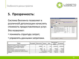 Особенности данных проектов


 5. Прозрачность:
 Система биллинга позволяет в
 различной детализации начислять
 стоимость предоставляемых услуг.
 Это позволяет:
 • понимать структуру затрат;
 • управлять данными затратами.




                                    12
 