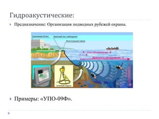 Гидроакустические:
   Предназначение: Организация подводных рубежей охраны.




   Примеры: «УПО-09Ф».
 