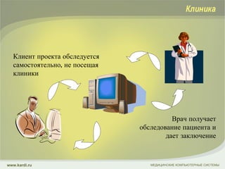 Клиент проекта обследуется самостоятельно, не посещая клиники МЕДИЦИНСКИЕ КОМПЬЮТЕРНЫЕ СИСТЕМЫ www.kardi.ru Врач получает обследование пациента и дает заключение Клиника 