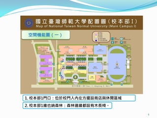 空間機能圖（一）




1. 校本部1門口：位於校門入內左方擺設商店與休閒區域
2. 校本部1維也納森林：森林邊緣都設有木長椅。

                              5
 