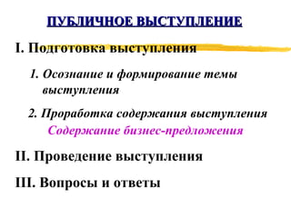 ПУБЛИЧНОЕ ВЫСТУПЛЕНИЕ I.  Подготовка выступления 1. Осознание и формирование темы выступления 2. Проработка содержания выступления Содержание бизнес-предложения II.  Проведение выступления III.  Вопросы и ответы 