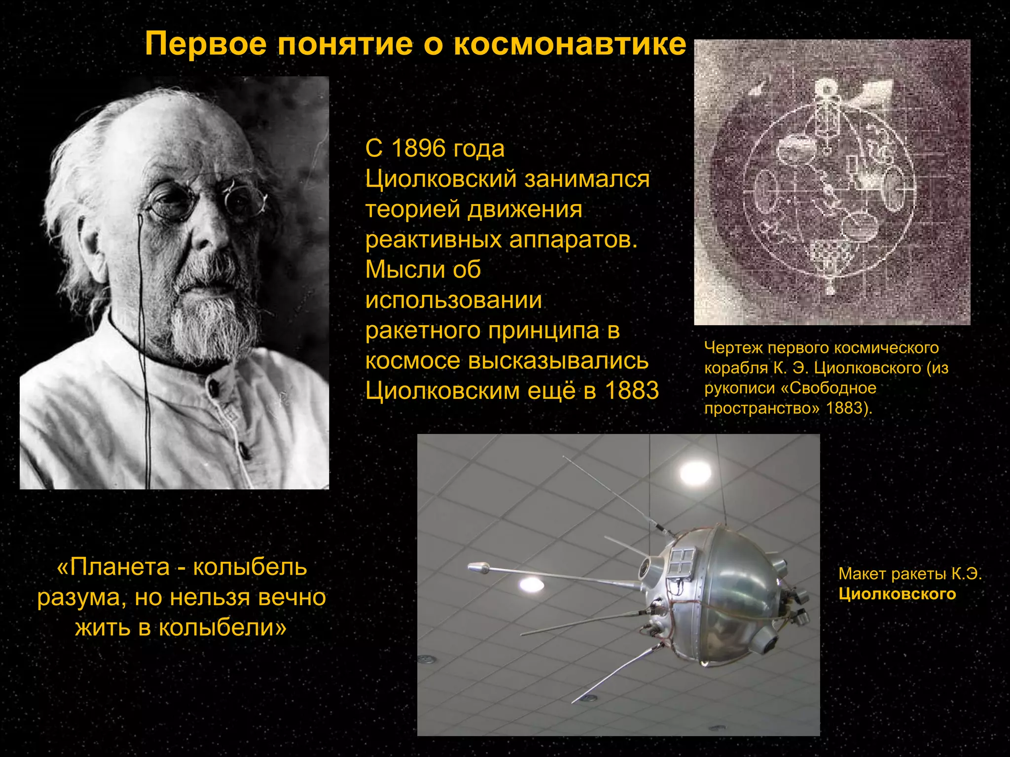 С 1896 года Циолковский занимался теорией движения реактивных аппаратов. Мысли об использовании ракетного принципа в космосе высказывались Циолковским ещё в 1883 Чертеж первого космического корабля К. Э. Циолковского (из рукописи «Свободное пространство» 1883). «Планета - колыбель разума, но нельзя вечно жить в колыбели» Первое понятие о космонавтике Макет ракеты К.Э.  Циолковского 