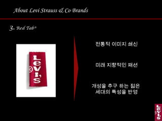 About Levi Strauss & Co Brands3. Red Tab®전통적이미지 쇄신미래 지향적인 패션개성을 추구 하는 젊은 세대의 특성을 반영