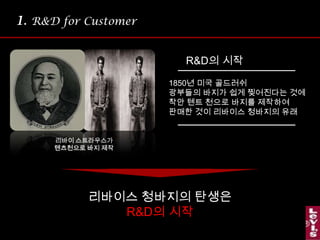 1. R&D for CustomerR&D의 시작1850년 미국 골드러쉬광부들의 바지가 쉽게 찢어진다는 것에 착안 텐트 천으로 바지를 제작하여 판매한 것이 리바이스 청바지의 유래리바이스트라우스가텐츠천으로 바지 제작리바이스 청바지의 탄생은 R&D의 시작
